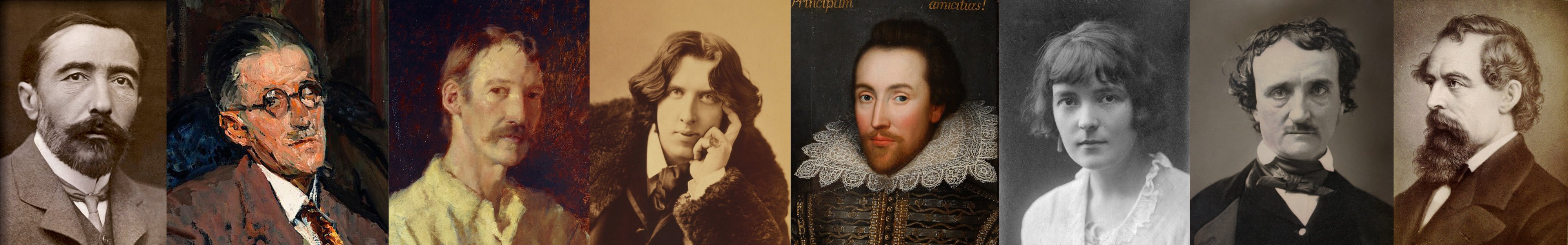 Banner unten mit Portraits von Joseph Conrad, James Joyce, Robert Louis Stevenson, Oscar Wilde, William Shakespeare, Katherine Mansfield, Edgar Allan Poe und Charles Dickens.