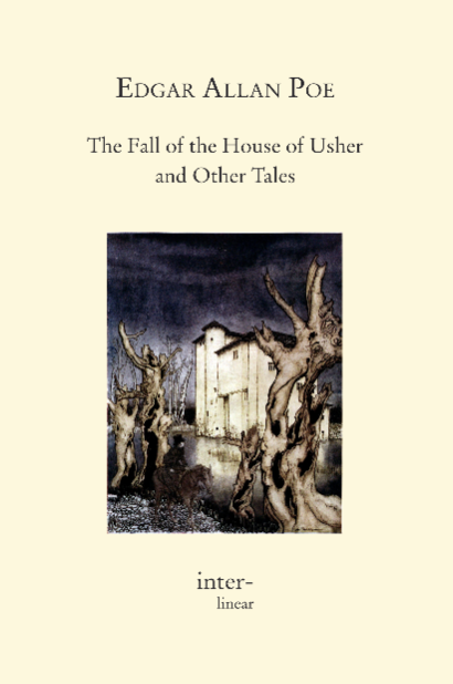 Buchcover von "The Fall of the House of Usher and Other Tales" von E. A. Poe. - Text: The Fall of the House of Usher Son cœur est un luth suspendu; Sitôt qu’on le touche il résonne. De Béranger During the whole of a dull, dark, and soundless day in the autumn of the year, when the clouds hung oppressively low in the heavens, I had been passing alone, on horseback, through a singularly dreary tract of country; and at length found myself, as the shades of the evening drew on, within view of the melancholy House of Usher. I know not how it was—but, with the first glimpse of the building, a sense of insufferable gloom pervaded my spirit. I say insufferable; for the feeling was unrelieved by any of that half-pleasurable, because poetic, sentiment, with which the mind usually receives even the sternest natural images of the desolate or terrible. I looked upon the scene before me—upon the mere house, and the simple landscape features of the domain—upon the bleak walls—upon the vacant eye-like windows—upon a few rank sedges—and upon a few white trunks of decayed trees—with an utter depression of soul which I can compare to no earthly sensation more properly than to the after-dream of the reveler upon opium—the bitter lapse into every-day life—the hideous dropping off of the veil. There was an iciness, a sinking, a sickening of the heart—an unredeemed dreariness of thought which no goading of the imagination could torture into aught of the sublime. What was it—I paused to think—what was it that so unnerved me in the contemplation of the House of Usher? It was a mystery all insoluble; nor could I grapple with the shadowy fancies that crowded upon me as I pondered. I was forced to fall back upon the unsatisfactory conclusion that while, beyond doubt, there are combinations of very simple natural objects which have the power of thus affecting us, still the analysis of this power lies among considerations beyond our depth. It was possible, I reflected, that a mere different arrangement of the particulars of the scene, of the details of the picture, would be sufficient to modify, or perhaps to annihilate its capacity for sorrowful impression; and, acting upon this idea, I reined my horse to the precipitous brink of a black and lurid tarn that lay in unruffled luster by the dwelling, and gazed down—but with a shudder even more thrilling than before—upon the remodeled and inverted images of the gray sedge, and the ghastly tree stems, and the vacant and eye-like windows. Nevertheless, in this mansion of gloom I now proposed to myself a sojourn of some weeks. Its proprietor, Roderick Usher, had been one of my boon companions in boyhood; but many years had elapsed since our last meeting. A letter, however, had lately reached me in a distant part of the country—a letter from him—which, in its wildly importunate nature, had admitted of no other than a personal reply. The MS. gave evidence of nervous agitation. The writer spoke of acute bodily illness—of a mental disorder which oppressed him, and of an earnest desire to see me, as his best, and indeed his only personal friend, with a view of attempting, by the cheerfulness of my society, some alleviation of his malady. It was the manner in which all this, and much more, was said—it was the apparent heart that went with his request—which allowed me no room for hesitation; and I accordingly obeyed forthwith what I still considered a very singular summons. Although, as boys, we had been even intimate associates, yet I really knew little of my friend. His reserve had been always excessive and habitual. I was aware, however, that his very ancient family had been noted, time out of mind, for a peculiar sensibility of temperament, displaying itself, through long ages, in many works of exalted art, and manifested, of late, in repeated deeds of munificent, yet unobtrusive charity, as well as in a passionate devotion to the intricacies, perhaps even more than to the orthodox and easily recognizable beauties, of musical science. I had learned, too, the very remarkable fact that the stem of the Usher race, all time-honored as it was, had put forth, at no period, any enduring branch; in other words, that the entire family lay in the direct line of descent, and had always, with very trifling and very temporary variation, so lain. It was this deficiency, I considered, while running over in thought the perfect keeping of the character of the premises with the accredited character of the people, and while speculating upon the possible influence which the one, in the long lapse of centuries, might have exercised upon the other—it was this deficiency, perhaps, of collateral issue, and the consequent undeviating transmission, from sire to son, of the patrimony with the name, which had, at length, so identified the two as to merge the original title of the estate in the quaint and equivocal appellation of the “House of Usher”—an appellation which seemed to include, in the minds of the peasantry who used it, both the family and the family mansion. I have said that the sole effect of my somewhat childish experiment of looking down within the tarn had been to deepen the first singular impression. There can be no doubt that the consciousness of the rapid increase of my superstition—for why should I not so term it?—served mainly to accelerate the increase itself. Such, I have long known, is the paradoxical law of all sentiments having terror as a basis. And it might have been for this reason only, that, when I again uplifted my eyes to the house itself, from its image in the pool, there grew in my mind a strange fancy—a fancy so ridiculous, indeed, that I but mention it to show the vivid force of the sensations which oppressed me. I had so worked upon my imagination as really to believe that about the whole mansion and domain there hung an atmosphere peculiar to themselves and their immediate vicinity—an atmosphere which had no affinity with the air of heaven, but which had reeked up from the decayed trees, and the gray wall, and the silent tarn—a pestilent and mystic vapor, dull, sluggish, faintly discernible, and leaden-hued. Shaking off from my spirit what must have been a dream, I scanned more narrowly the real aspect of the building. Its principal feature seemed to be that of an excessive antiquity. The discoloration of ages had been great. Minute fungi overspread the whole exterior, hanging in a fine, tangled web-work from the eaves. Yet all this was apart from any extraordinary dilapidation. No portion of the masonry had fallen; and there appeared to be a wild inconsistency between its still perfect adaptation of parts, and the crumbling condition of the individual stones. In this there was much that reminded me of the specious totality of old woodwork which has rotted for years in some neglected vault, with no disturbance from the breath of the external air. Beyond this indication of extensive decay, however, the fabric gave little token of instability. Perhaps the eye of a scrutinizing observer might have discovered a barely perceptible fissure, which, extending from the roof of the building in front, made its way down the wall in a zigzag direction, until it became lost in the sullen waters of the tarn. Noticing these things, I rode over a short causeway to the house. A servant in waiting took my horse, and I entered the Gothic archway of the hall. A valet, of stealthy step, thence conducted me, in silence, through many dark and intricate passages in my progress to the studio of his master. Much that I encountered on the way contributed, I know not how, to heighten the vague sentiments of which I have already spoken. While the objects around me—while the carvings of the ceilings, the somber tapestries of the walls, the ebon blackness of the floors, and the phantasmagoric armorial trophies which rattled as I strode, were but matters to which, or to such as which, I had been accustomed from my infancy—while I hesitated not to acknowledge how familiar was all this—I still wondered to find how unfamiliar were the fancies which ordinary images were stirring up. On one of the staircases I met the physician of the family. His countenance, I thought, wore a mingled expression of low cunning and perplexity. He accosted me with trepidation and passed on. The valet now threw open a door and ushered me into the presence of his master. The room in which I found myself was very large and lofty. The windows were long, narrow, and pointed, and at so vast a distance from the black oaken floor as to be altogether inaccessible from within. Feeble gleams of encrimsoned light made their way through the trellised panes, and served to render sufficiently distinct the more prominent objects around; the eye, however, struggled in vain to reach the remoter angles of the chamber, or the recesses of the vaulted and fretted ceiling. Dark draperies hung upon the walls. The general furniture was profuse, comfortless, antique, and tattered. Many books and musical instruments lay scattered about, but failed to give any vitality to the scene. I felt that I breathed an atmosphere of sorrow. An air of stern, deep, and irredeemable gloom hung over and pervaded all. Upon my entrance, Usher arose from a sofa on which he had been lying at full length, and greeted me with a vivacious warmth which had much in it, I at first thought, of an overdone cordiality—of the constrained effort of the ennuyé man of the world. A glance, however, at his countenance convinced me of his perfect sincerity. We sat down; and for some moments, while he spoke not, I gazed upon him with a feeling half of pity, half of awe. Surely, man had never before so terribly altered, in so brief a period, as had Roderick Usher! It was with difficulty that I could bring myself to admit the identity of the wan being before me with the companion of my early boyhood. Yet the character of his face had been at all times remarkable. A cadaverousness of complexion; an eye large, liquid, and luminous beyond comparison; lips somewhat thin and very pallid, but of a surpassingly beautiful curve; a nose of a delicate Hebrew model, but with a breadth of nostril unusual in similar formations; a finely molded chin, speaking, in its want of prominence, of a want of moral energy; hair of a more than web-like softness and tenuity; these features, with an inordinate expansion above the regions of the temple, made up altogether a countenance not easily to be forgotten. And now in the mere exaggeration of the prevailing character of these features, and of the expression they were wont to convey, lay so much of change that I doubted to whom I spoke. The now ghastly pallor of the skin, and the now miraculous luster of the eye, above all things startled and even awed me. The silken hair, too, had been suffered to grow all unheeded, and as, in its wild gossamer texture, it floated rather than fell about the face, I could not, even with effort, connect its arabesque expression with any idea of simple humanity. In the manner of my friend I was at once struck with an incoherence—an inconsistency; and I soon found this to arise from a series of feeble and futile struggles to overcome an habitual trepidancy, an excessive nervous agitation. For something of this nature I had indeed been prepared, no less by his letter than by reminiscences of certain boyish traits, and by conclusions deduced from his peculiar physical conformation and temperament. His action was alternately vivacious and sullen. His voice varied rapidly from a tremulous indecision (when the animal spirits seemed utterly in abeyance) to that species of energetic concision—that abrupt, weighty, unhurried, and hollow-sounding enunciation— that leaden, self-balanced, and perfectly modulated guttural utterance, which may be observed in the lost drunkard, or the irreclaimable eater of opium, during the periods of his most intense excitement. It was thus that he spoke of the object of my visit, of his earnest desire to see me, and of the solace he expected me to afford him. He entered, at some length, into what he conceived to be the nature of his malady. It was, he said, a constitutional and a family evil, and one for which he despaired to find a remedy—a mere nervous affection, he immediately added, which would undoubtedly soon pass off. It displayed itself in a host of unnatural sensations. Some of these, as he detailed them, interested and bewildered me; although, perhaps, the terms and the general manner of the narration had their weight. He suffered much from a morbid acuteness of the senses. The most insipid food was alone endurable; he could wear only garments of certain texture; the odors of all flowers were oppressive; his eyes were tortured by even a faint light; and there were but peculiar sounds, and these from stringed instruments, which did not inspire him with horror. To an anomalous species of terror I found him a bounden slave. “I shall perish,” said he, “I must perish in this deplorable folly. Thus, thus, and not otherwise, shall I be lost. I dread the events of the future, not in themselves, but in their results. I shudder at the thought of any, even the most trivial, incident, which may operate upon this intolerable agitation of soul. I have, indeed, no abhorrence of danger, except in its absolute effect—in terror. In this unnerved—in this pitiable condition—I feel that the period will sooner or later arrive when I must abandon life and reason together, in some struggle with the grim phantasm, Fear.” I learned, moreover, at intervals, and through broken and equivocal hints, another singular feature of his mental condition. He was enchained by certain superstitious impressions in regard to the dwelling which he tenanted, and whence, for many years, he had never ventured forth—in regard to an influence whose supposititious force was conveyed in terms too shadowy here to be restated—an influence which some peculiarities in the mere form and substance of his family mansion, had, by dint of long sufferance, he said, obtained over his spirit—an effect which the physique of the gray walls and turrets, and of the dim tarn into which they all looked down, had, at length, brought about upon the morale of his existence. He admitted, however, although with hesitation, that much of the peculiar gloom which thus afflicted him could be traced to a more natural and far more palpable origin—to the severe and long-continued illness—indeed to the evidently approaching dissolution— of a tenderly beloved sister, his sole companion for long years, his last and only relative on earth. “Her decease,” he said, with a bitterness which I can never forget, “would leave him (him the hopeless and the frail) the last of the ancient race of the Ushers.” While he spoke, the lady Madeline (for so was she called) passed slowly through a remote portion of the apartment, and, without having noticed my presence, disappeared. I regarded her with an utter astonishment not unmingled with dread; and yet I found it impossible to account for such feelings. A sensation of stupor oppressed me, as my eyes followed her retreating steps. When a door, at length, closed upon her, my glance sought instinctively and eagerly the countenance of the brother; but he had buried his face in his hands, and I could only perceive that a far more than ordinary wanness had overspread the emaciated fingers through which trickled many passionate tears. The disease of the lady Madeline had long baffled the skill of her physicians. A settled apathy, a gradual wasting away of the person, and frequent although transient affections of a partially cataleptical character, were the unusual diagnosis. Hitherto she had steadily borne up against the pressure of her malady, and had not betaken herself finally to bed; but on the closing in of the evening of my arrival at the house, she succumbed (as her brother told me at night with inexpressible agitation) to the prostrating power of the destroyer; and I learned that the glimpse I had obtained of her person would thus probably be the last I should obtain—that the lady, at least while living, would be seen by me no more. For several days ensuing her name was unmentioned by either Usher or myself; and during this period I was busied in earnest endeavors to alleviate the melancholy of my friend. We painted and read together; or I listened, as if in a dream, to the wild improvisations of his speaking guitar. And thus, as a closer and still closer intimacy admitted me more unreservedly into the recesses of his spirit, the more bitterly did I perceive the futility of all attempt at cheering a mind from which darkness, as if an inherent positive quality, poured forth upon all objects of the moral and physical universe, in one unceasing radiation of gloom. I shall ever bear about me a memory of the many solemn hours I thus spent alone with the master of the House of Usher. Yet I should fail in any attempt to convey an idea of the exact character of the studies, or of the occupations in which he involved me, or led me the way. An excited and highly distempered ideality threw a sulphurous luster over all. His long, improvised dirges will ring forever in my ears. Among other things, I hold painfully in mind a certain singular perversion and amplification of the wild air of the last waltz of Von Weber. From the paintings over which his elaborate fancy brooded, and which grew, touch by touch, into vaguenesses at which I shuddered the more thrillingly because I shuddered knowing not why,—from these paintings (vivid as their images now are before me) I would in vain endeavor to deduce more than a small portion which should lie within the compass of merely written words. By the utter simplicity, by the nakedness of his designs, he arrested and overawed attention. If ever mortal painted an idea, that mortal was Roderick Usher. For me, at least—in the circumstances then surrounding me—there arose out of the pure abstractions which the hypochondriac contrived to throw upon his canvas, an intensity of intolerable awe, no shadow of which felt I ever yet in the contemplation of the certainly glowing yet too concrete reveries of Fuseli. One of the phantasmagoric conceptions of my friend, partaking not so rigidly of the spirit of abstraction, may be shadowed forth, although feebly, in words. A small picture presented the interior of an immensely long and rectangular vault or tunnel, with low walls, smooth, white, and without interruption or device. Certain accessory points of the design served well to convey the idea that this excavation lay at an exceeding depth below the surface of the earth. No outlet was observed in any portion of its vast extent, and no torch or other artificial source of light was discernible; yet a flood of intense rays rolled throughout, and bathed the whole in a ghastly and inappropriate splendor. I have just spoken of that morbid condition of the auditory nerve which rendered all music intolerable to the sufferer, with the exception of certain effects of stringed instruments. It was, perhaps, the narrow limits to which he thus confined himself upon the guitar, which gave birth, in great measure, to the fantastic character of his performances. But the fervid facility of his impromptus could not be so accounted for. They must have been, and were, in the notes, as well as in the words of his wild fantasias (for he not unfrequently accompanied himself with rimed verbal improvisations), the result of that intense mental collectedness and concentration to which I have previously alluded as observable only in particular moments of the highest artificial excitement. The words of one of these rhapsodies I have easily remembered. I was, perhaps, the more forcibly impressed with it, as he gave it, because, in the under or mystic current of its meaning, I fancied that I perceived, and for the first time, a full consciousness on the part of Usher, of the tottering of his lofty reason upon her throne. The verses, which were entitled “The Haunted Palace,” ran very nearly, if not accurately, thus: I. In the greenest of our valleys, By good angels tenanted, Once a fair and stately palace— Radiant palace—reared its head. In the monarch Thought’s dominion— It stood there! Never seraph spread a pinion Over fabric half so fair. II. Banners yellow, glorious, golden, On its roof did float and flow; (This—all this—was in the olden Time long ago) And every gentle air that dallied, In that sweet day, Along the ramparts plumed and pallid, A winged odor went away. III. Wanderers in that happy valley Through two luminous windows saw Spirits moving musically To a lute’s well-tuned law, Round about a throne, where sitting (Porphyrogene!) In state his glory well befitting, The ruler of the realm was seen. IV. And all with pearl and ruby glowing Was the fair palace door, Through which came flowing, flowing, flowing, And sparkling evermore, A troop of Echoes whose sweet duty Was but to sing, In voices of surpassing beauty, The wit and wisdom of their king. V. But evil things, in robes of sorrow, Assailed the monarch’s high estate; (Ah, let us mourn, for never morrow Shall dawn upon him, desolate!) And, round about his home, the glory That blushed and bloomed Is but a dim-remembered story Of the old time entombed. VI. And travelers now within that valley, Through the red-litten windows, see Vast forms that move fantastically To a discordant melody; While, like a rapid ghastly river, Through the pale door, A hideous throng rush out forever, And laugh—but smile no more. I well remember that suggestions arising from this ballad led us into a train of thought wherein there became manifest an opinion of Usher’s which I mention not so much on account of its novelty (for other men have thought thus) as on account of the pertinacity with which he maintained it. This opinion, in its general form, was that of the sentience of all vegetable things. But, in his disordered fancy, the idea had assumed a more daring character, and trespassed, under certain conditions, upon the kingdom of inorganization. I lack words to express the full extent or the earnest abandon of his persuasion. The belief, however, was connected (as I have previously hinted) with the gray stones of the home of his forefathers. The conditions of the sentience had been here, he imagined, fulfilled in the method of collocation of these stones—in the order of their arrangement, as well as in that of the many fungi which overspread them, and of the decayed trees which stood around—above all, in the long-undisturbed endurance of this arrangement, and in its reduplication in the still waters of the tarn. Its evidence—the evidence of the sentience—was to be seen, he said (and I here started as he spoke), in the gradual yet certain condensation of an atmosphere of their own about the waters and the walls. The result was discoverable, he added, in that silent, yet importunate and terrible influence which for centuries had molded the destinies of his family, and which made him what I now saw him—what he was. Such opinions need no comment, and I will make none. Our books—the books which, for years, had formed no small portion of the mental existence of the invalid—were, as might be supposed, in strict keeping with this character of phantasm. We pored together over such works as the Ververt et Chartreuse of Gresset; the Belphegor of Machiavelli; the Heaven and Hell of Swedenborg; the Subterranean Voyage of Nicholas Klimm by Holberg; the Chiromancy of Robert Flud, of Jean D’Indaginé, and of De la Chambre; the Journey into the Blue Distance of Tieck; and the City of the Sun of Campanella. One favorite volume was a small octavo edition of the Directorium Inquisitorium, by the Dominican Eymeric de Gironne; and there were passages in Pomponius Mela, about the old African Satyrs and Œgipans, over which Usher would sit dreaming for hours. His chief delight, however, was found in the perusal of an exceedingly rare and curious book in quarto Gothic—the manual of a forgotten church—the Vigiliae Mortuorum secundum Chorum Ecclesiae Maguntinae. I could not help thinking of the wild ritual of this work, and of its probable influence upon the hypochondriac, when, one evening, having informed me abruptly that the lady Madeline was no more, he stated his intention of preserving her corpse for a fortnight (previously to its final interment) in one of the numerous vaults within the main walls of the building. The worldly reason, however, assigned for this singular proceeding, was one which I did not feel at liberty to dispute. The brother had been led to his resolution, so he told me, by consideration of the unusual character of the malady of the deceased, of certain obtrusive and eager inquiries on the part of her medical men, and of the remote and exposed situation of the burial ground of the family. I will not deny that when I called to mind the sinister countenance of the person whom I met upon the staircase, on the day of my arrival at the house, I had no desire to oppose what I regarded as at best but a harmless, and by no means an unnatural precaution. At the request of Usher, I personally aided him in the arrangements for the temporary entombment. The body having been encoffined, we two alone bore it to its rest. The vault in which we placed it (and which had been so long unopened that our torches, half smothered in its oppressive atmosphere, gave us little opportunity for investigation) was small, damp, and entirely without means of admission for light; lying, at great depth, immediately beneath that portion of the building in which was my own sleeping apartment. It had been used, apparently, in remote feudal times, for the worst purposes of a donjon-keep, and in later days, as a place of deposit for powder, or some other highly combustible substance, as a portion of its floor, and the whole interior of a long archway through which we reached it, were carefully sheathed with copper. The door, of massive iron, had been also similarly protected. Its immense weight caused an unusually sharp grating sound, as it moved upon its hinges. Having deposited our mournful burden upon tressels within this region of horror, we partially turned aside the yet unscrewed lid of the coffin, and looked upon the face of the tenant. A striking similitude between the brother and sister now first arrested my attention; and Usher, divining, perhaps, my thoughts, murmured out some few words from which I learned that the deceased and himself had been twins, and that sympathies of a scarcely intelligible nature had always existed between them. Our glances, however, rested not long upon the dead—for we could not regard her unawed. The disease which had thus entombed the lady in the maturity of youth, had left, as usual in all maladies of a strictly cataleptical character, the mockery of a faint blush upon the bosom and the face, and that suspiciously lingering smile upon the lip which is so terrible in death. We replaced and screwed down the lid, and having secured the door of iron, made our way, with toil, into the scarcely less gloomy apartments of the upper portion of the house. And now, some days of bitter grief having elapsed, an observable change came over the features of the mental disorder of my friend. His ordinary manner had vanished. His ordinary occupations were neglected or forgotten. He roamed from chamber to chamber with hurried, unequal, and objectless step. The pallor of his countenance had assumed, if possible, a more ghastly hue—but the luminousness of his eye had utterly gone out. The once occasional huskiness of his tone was heard no more; and a tremulous quaver, as if of extreme terror, habitually characterized his utterance. There were times, indeed, when I thought his unceasingly agitated mind was laboring with some oppressive secret, to divulge which he struggled for the necessary courage. At times, again, I was obliged to resolve all into the mere inexplicable vagaries of madness; for I beheld him gazing upon vacancy for long hours, in an attitude of the profoundest attention, as if listening to some imaginary sound. It was no wonder that his condition terrified—that it infected me. I felt creeping upon me, by slow yet certain degrees, the wild influence of his own fantastic yet impressive superstitions. It was, especially, upon retiring to bed late in the night of the seventh or eighth day after the placing of the lady Madeline within the donjon, that I experienced the full power of such feelings. Sleep came not near my couch, while the hours waned and waned away. I struggled to reason off the nervousness which had dominion over me. I endeavored to believe that much, if not all of what I felt, was due to the bewildering influence of the gloomy furniture of the room—of the dark and tattered draperies, which, tortured into motion by the breath of a rising tempest, swayed fitfully to and fro upon the walls, and rustled uneasily about the decorations of the bed. But my efforts were fruitless. An irrepressible tremor gradually pervaded my frame; and, at length, there sat upon my very heart an incubus of utterly causeless alarm. Shaking this off with a gasp and a struggle, I uplifted myself upon the pillows, and peering earnestly within the intense darkness of the chamber, hearkened—I know not why, except that an instinctive spirit prompted me—to certain low and indefinite sounds which came, through the pauses of the storm, at long intervals, I knew not whence. Overpowered by an intense sentiment of horror, unaccountable yet unendurable, I threw on my clothes with haste (for I felt that I should sleep no more during the night), and endeavored to arouse myself from the pitiable condition into which I had fallen, by pacing rapidly to and fro through the apartment. I had taken but few turns in this manner, when a light step on an adjoining staircase arrested my attention. I presently recognized it as that of Usher. In an instant afterward he rapped, with a gentle touch, at my door, and entered, bearing a lamp. His countenance was, as usual, cadaverously wan—but, moreover, there was a species of mad hilarity in his eyes—and evidently restrained hysteria in his whole demeanor. His air appalled me—but anything was preferable to the solitude which I had so long endured, and I even welcomed his presence as a relief. “And you have not seen it?” he said abruptly, after having stared about him for some moments in silence—”You have not then seen it?—but stay! you shall.” Thus speaking, and having carefully shaded his lamp, he hurried to one of the casements, and threw it freely open to the storm. The impetuous fury of the entering gust nearly lifted us from our feet. It was, indeed, a tempestuous yet sternly beautiful night, and one wildly singular in its terror and its beauty. A whirlwind had apparently collected its force in our vicinity; for there were frequent and violent alterations in the direction of the wind; and the exceeding density of the clouds (which hung so low as to press upon the turrets of the house) did not prevent our perceiving the life-like velocity with which they flew careering from all points against each other, without passing away into the distance. I say that even their exceeding density did not prevent our perceiving this—yet we had no glimpse of the moon or stars—nor was there any flashing forth of the lightning. But the under surfaces of the huge masses of agitated vapor, as well as all terrestrial objects immediately around us, were glowing in the unnatural light of a faintly luminous and distinctly visible gaseous exhalation which hung about and enshrouded the mansion. “You must not—you shall not behold this!” said I, shudderingly, to Usher, as I led him, with a gentle violence, from the window to a seat. “These appearances, which bewilder you, are merely electrical phenomena not uncommon—or it may be that they have their ghastly origin in the rank miasma of the tarn. Let us close this casement—the air is chilling and dangerous to your frame. Here is one of your favorite romances. I will read and you shall listen;—and so we will pass away this terrible night together.” The antique volume which I had taken up was the “Mad Trist” of Sir Launcelot Canning; but I had called it a favorite of Usher’s more in sad jest than in earnest; for, in truth, there is little in its uncouth and unimaginative prolixity which could have had interest for the lofty and spiritual ideality of my friend. It was, however, the only book immediately at hand; and I indulged a vague hope that the excitement which now agitated the hypochondriac, might find relief (for the history of mental disorder is full of similar anomalies) even in the extremeness of the folly which I should read. Could I have judged, indeed, by the wild, overstrained air of vivacity with which he hearkened, or apparently harkened, to the words of the tale, I might well have congratulated myself upon the success of my design. I had arrived at that well-known portion of the story where Ethelred, the hero of the Trist, having sought in vain for peaceable admission into the dwelling of the hermit, proceeds to make good an entrance by force. Here, it will be remembered, the words of the narrative run thus: “And Ethelred, who was by nature of a doughty heart, and who was now mighty withal, on account of the powerfulness of the wine which he had drunken, waited no longer to hold parley with the hermit, who, in sooth, was of an obstinate and maliceful turn; but, feeling the rain upon his shoulders, and fearing the rising of the tempest, uplifted his mace outright, and, with blows, made quickly room in the plankings of the door for his gauntleted hand; and now pulling therewith sturdily, he so cracked, and ripped, and tore all asunder, that the noise of the dry and hollow-sounding wood alarummed and reverberated throughout the forest.” At the termination of this sentence I started, and for a moment paused; for it appeared to me (although I at once concluded that my excited fancy had deceived me)—it appeared to me that, from some very remote portion of the mansion, there came, indistinctly, to my ears what might have been, in its exact similarity of character, the echo (but a stifled and dull one certainly) of the very cracking and ripping sound which Sir Launcelot had so particularly described. It was, beyond doubt, the coincidence alone which had arrested my attention; for, amid the rattling of the sashes of the casements, and the ordinary commingled noises of the still increasing storm, the sound, in itself, had nothing, surely, which should have interested or disturbed me. I continued the story: “But the good champion Ethelred, now entering within the door, was sore enraged and amazed to perceive no signal of the maliceful hermit; but, in the stead thereof, a dragon of a scaly and prodigious demeanor, and of a fiery tongue, which sate in guard before a palace of gold, with a floor of silver; and upon the wall there hung a shield of shining brass with this legend enwritten— Who entereth herein, a conqueror hath bin; Who slayeth the dragon, the shield he shall win; And Ethelred uplifted his mace, and struck upon the head of the dragon, which fell before him, and gave up his pesty breath, with a shriek so horrid and harsh, and withal so piercing, that Ethelred had fain to close his ears with his hands against the dreadful noise of it, the like whereof was never before heard.” Here again I paused abruptly, and now with a feeling of wild amazement—for there could be no doubt whatever that, in this instance, I did actually hear (although from what direction it proceeded I found it impossible to say) a low and apparently distant, but harsh, protracted, and most unusual screaming or grating sound—the exact counterpart of what my fancy had already conjured up for the dragon’s unnatural shriek as described by the romancer. Oppressed, as I certainly was, upon the occurrence of this second and most extraordinary coincidence, by a thousand conflicting sensations, in which wonder and extreme terror were predominant, I still retained sufficient presence of mind to avoid exciting, by any observation, the sensitive nervousness of my companion. I was by no means certain that he had noticed the sounds in question; although, assuredly, a strange alteration had, during the last few minutes, taken place in his demeanor. From a position fronting my own, he had gradually brought round his chair, so as to sit with his face to the door of the chamber; and thus I could but partially perceive his features, although I saw that his lips trembled as if he were murmuring inaudibly. His head had dropped upon his breast—yet I knew that he was not asleep, from the wide and rigid opening of the eye as I caught a glance of it in profile. The motion of his body, too, was at variance with this idea—for he rocked from side to side with a gentle yet constant and uniform sway. Having rapidly taken notice of all this, I resumed the narrative of Sir Launcelot, which thus proceeded: “And now the champion, having escaped from the terrible fury of the dragon, bethinking himself of the brazen shield, and of the breaking up of the enchantment which was upon it, removed the carcass from out of the way before him, and approached valorously over the silver pavement of the castle to where the shield was upon the wall; which in sooth tarried not for his full coming, but fell down at his feet upon the silver floor, with a mighty great and terrible ringing sound.” No sooner had these syllables passed my lips, than—as if a shield of brass had indeed, at the moment, fallen heavily upon a floor of silver—I became aware of a distinct, hollow, metallic and clangorous, yet apparently muffled reverberation. Completely unnerved, I leaped to my feet; but the measured rocking movement of Usher was undisturbed. I rushed to the chair in which he sat. His eyes were bent fixedly before him, and throughout his whole countenance there reigned a stony rigidity. But, as I placed my hand upon his shoulder, there came a strong shudder over his whole person; a sickly smile quivered about his lips; and I saw that he spoke in a low, hurried, and gibbering murmur, as if unconscious of my presence. Bending closely over him, I at length drank in the hideous import of his words. “Not hear it?—yes, I hear it, and have heard it. Long—long—long—many minutes, many hours, many days, have I heard it—yet I dared not—oh, pity me, miserable wretch that I am!—I dared not—I dared not speak! We have put her living in the tomb! Said I not that my senses were acute? I now tell you that I heard her first feeble movements in the hollow coffin. I heard them—many, many days ago—yet I dared not—I dared not speak! And now—to-night—Ethelred—ha! ha!—the breaking of the hermit’s door, and the death-cry of the dragon, and the clangor of the shield!—say, rather, the rending of her coffin, and the grating of the iron hinges of her prison, and her struggles within the coppered archway of the vault! Oh, whither shall I fly? Will she not be here anon? Is she not hurrying to upbraid me for my haste? Have I not heard her footstep on the stair? Do I not distinguish that heavy and horrible beating of her heart? Madman!”—here he sprang furiously to his feet, and shrieked out his syllables, as if in the effort he were giving up his soul—”Madman! I tell you that she now stands without the door!” As if in the superhuman energy of his utterance there had been found the potency of a spell—the huge antique pannels to which the speaker pointed threw slowly back, upon the instant, their ponderous and ebony jaws. It was the work of the rushing gust— but then without those doors there did stand the lofty and enshrouded figure of the lady Madeline of Usher. There was blood upon her white robes, and the evidence of some bitter struggle upon every portion of her emaciated frame. For a moment she remained trembling and reeling to and fro upon the threshold— then, with a low, moaning cry, fell heavily inward upon the person of her brother, and in her violent and now final death-agonies, bore him to the floor a corpse, and a victim to the terrors he had anticipated. From that chamber, and from that mansion, I fled aghast. The storm was still abroad in all its wrath as I found myself crossing the old causeway. Suddenly there shot along the path a wild light, and I turned to see whence a gleam so unusual could have issued; for the vast house and its shadows were alone behind me. The radiance was that of the full, setting, and blood-red moon, which now shone vividly through that once barely discernible fissure, of which I have before spoken as extending from the roof of the building, in a zigzag direction, to the base. While I gazed, this fissure rapidly widened—there came a fierce breath of the whirlwind—the entire orb of the satellite burst at once upon my sight—my brain reeled as I saw the mighty walls rushing asunder—there was a long tumultuous shouting sound like the voice of a thousand waters—and the deep and dank tarn at my feet closed sullenly and silently over the fragments of the “House of Usher.” The Black Cat For the most wild, yet most homely narrative which I am about to pen, I neither expect nor solicit belief. Mad indeed would I be to expect it, in a case where my very senses reject their own evidence. Yet, mad am I not—and very surely do I not dream. But to-morrow I die, and to-day I would unburden my soul. My immediate purpose is to place before the world, plainly, succinctly, and without comment, a series of mere household events. In their consequences, these events have terrified—have tortured—have destroyed me. Yet I will not attempt to expound them. To me, they have presented little but horror—to many they will seem less terrible than barroques. Hereafter, perhaps, some intellect may be found which will reduce my phantasm to the common-place— some intellect more calm, more logical, and far less excitable than my own, which will perceive, in the circumstances I detail with awe, nothing more than an ordinary succession of very natural causes and effects. From my infancy I was noted for the docility and humanity of my disposition. My tenderness of heart was even so conspicuous as to make me the jest of my companions. I was especially fond of animals, and was indulged by my parents with a great variety of pets. With these I spent most of my time, and never was so happy as when feeding and caressing them. This peculiarity of character grew with my growth, and, in my manhood, I derived from it one of my principal sources of pleasure. To those who have cherished an affection for a faithful and sagacious dog, I need hardly be at the trouble of explaining the nature or the intensity of the gratification thus derivable. There is something in the unselfish and self-sacrificing love of a brute, which goes directly to the heart of him who has had frequent occasion to test the paltry friendship and gossamer fidelity of mere Man. I married early, and was happy to find in my wife a disposition not uncongenial with my own. Observing my partiality for domestic pets, she lost no opportunity of procuring those of the most agreeable kind. We had birds, gold-fish, a fine dog, rabbits, a small monkey, and a cat. This latter was a remarkably large and beautiful animal, entirely black, and sagacious to an astonishing degree. In speaking of his intelligence, my wife, who at heart was not a little tinctured with superstition, made frequent allusion to the ancient popular notion, which regarded all black cats as witches in disguise. Not that she was ever serious upon this point—and I mention the matter at all for no better reason than that it happens, just now, to be remembered. Pluto—this was the cat’s name—was my favorite pet and playmate. I alone fed him, and he attended me wherever I went about the house. It was even with difficulty that I could prevent him from following me through the streets. Our friendship lasted, in this manner, for several years, during which my general temperament and character—through the instrumentality of the Fiend Intemperance—had (I blush to confess it) experienced a radical alteration for the worse. I grew, day by day, more moody, more irritable, more regardless of the feelings of others. I suffered myself to use intemperate language to my wife. At length, I even offered her personal violence. My pets, of course, were made to feel the change in my disposition. I not only neglected, but ill-used them. For Pluto, however, I still retained sufficient regard to restrain me from maltreating him, as I made no scruple of maltreating the rabbits, the monkey, or even the dog, when by accident, or through affection, they came in my way. But my disease grew upon me—for what disease is like alcohol?—and at length even Pluto, who was now becoming old, and consequently somewhat peevish—even Pluto began to experience the effects of my ill temper. One night, returning home, much intoxicated, from one of my haunts about town, I fancied that the cat avoided my presence. I seized him; when, in his fright at my violence, he inflicted a slight wound upon my hand with his teeth. The fury of a demon instantly possessed me. I knew myself no longer. My original soul seemed, at once, to take its flight from my body; and a more than fiendish malevolence, gin-nurtured, thrilled every fibre of my frame. I took from my waistcoat pocket a pen-knife, opened it, grasped the poor beast by the throat, and deliberately cut one of its eyes from the socket! I blush, I burn, I shudder, while I pen the damnable atrocity. When reason returned with the morning—when I had slept off the fumes of the night’s debauch—I experienced a sentiment half of horror, half of remorse, for the crime of which I had been guilty; but it was, at best, a feeble and equivocal feeling, and the soul remained untouched. I again plunged into excess, and soon drowned in wine all memory of the deed. In the meantime the cat slowly recovered. The socket of the lost eye presented, it is true, a frightful appearance, but he no longer appeared to suffer any pain. He went about the house as usual, but, as might be expected, fled in extreme terror at my approach. I had so much of my old heart left, as to be at first grieved by this evident dislike on the part of a creature which had once so loved me. But this feeling soon gave place to irritation. And then came, as if to my final and irrevocable overthrow, the spirit of Perverseness. Of this spirit philosophy takes no account. Yet I am not more sure that my soul lives, than I am that perverseness is one of the primitive impulses of the human heart—one of the indivisible primary faculties, or sentiments, which give direction to the character of man. Who has not, a hundred times, found himself committing a vile or a silly action, for no other reason than because he knows he should not? Have we not a perpetual inclination, in the teeth of our best judgment, to violate that which is Law, merely because we understand it to be such? This spirit of perverseness, I say, came to my final overthrow. It was this unfathomable longing of the soul to vex itself—to offer violence to its own nature—to do wrong for the wrong’s sake only—that urged me to continue and finally to consummate the injury I had inflicted upon the unoffending brute. One morning, in cool blood, I slipped a noose about its neck and hung it to the limb of a tree—hung it with the tears streaming from my eyes, and with the bitterest remorse at my heart—hung it because I knew that it had loved me, and because I felt it had given me no reason of offence;—hung it because I knew that in so doing I was committing a sin—a deadly sin that would so jeopardize my immortal soul as to place it—if such a thing were possible—even beyond the reach of the infinite mercy of the Most Merciful and Most Terrible God. On the night of the day on which this cruel deed was done, I was aroused from sleep by the cry of fire. The curtains of my bed were in flames. The whole house was blazing. It was with great difficulty that my wife, a servant, and myself, made our escape from the conflagration. The destruction was complete. My entire worldly wealth was swallowed up, and I resigned myself thenceforward to despair. I am above the weakness of seeking to establish a sequence of cause and effect between the disaster and the atrocity. But I am detailing a chain of facts, and wish not to leave even a possible link imperfect. On the day succeeding the fire, I visited the ruins. The walls, with one exception, had fallen in. This exception was found in a compartment wall, not very thick, which stood about the middle of the house, and against which had rested the head of my bed. The plastering had here, in great measure, resisted the action of the fire—a fact which I attributed to its having been recently spread. About this wall a dense crowd were collected, and many persons seemed to be examining a particular portion of it with every minute and eager attention. The words “strange!” “singular!” and other similar expressions, excited my curiosity. I approached and saw, as if graven in bas relief upon the white surface, the figure of a gigantic cat. The impression was given with an accuracy truly marvellous. There was a rope about the animal’s neck. When I first beheld this apparition—for I could scarcely regard it as less—my wonder and my terror were extreme. But at length reflection came to my aid. The cat, I remembered, had been hung in a garden adjacent to the house. Upon the alarm of fire, this garden had been immediately filled by the crowd—by some one of whom the animal must have been cut from the tree and thrown, through an open window, into my chamber. This had probably been done with the view of arousing me from sleep. The falling of other walls had compressed the victim of my cruelty into the substance of the freshly-spread plaster; the lime of which, with the flames and the ammonia from the carcass, had then accomplished the portraiture as I saw it. Although I thus readily accounted to my reason, if not altogether to my conscience, for the startling fact just detailed, it did not the less fail to make a deep impression upon my fancy. For months I could not rid myself of the phantasm of the cat; and, during this period, there came back into my spirit a half-sentiment that seemed, but was not, remorse. I went so far as to regret the loss of the animal, and to look about me, among the vile haunts which I now habitually frequented, for another pet of the same species, and of somewhat similar appearance, with which to supply its place. One night as I sat, half stupefied, in a den of more than infamy, my attention was suddenly drawn to some black object, reposing upon the head of one of the immense hogsheads of Gin, or of Rum, which constituted the chief furniture of the apartment. I had been looking steadily at the top of this hogshead for some minutes, and what now caused me surprise was the fact that I had not sooner perceived the object thereupon. I approached it, and touched it with my hand. It was a black cat—a very large one—fully as large as Pluto, and closely resembling him in every respect but one. Pluto had not a white hair upon any portion of his body; but this cat had a large, although indefinite, splotch of white, covering nearly the whole region of the breast. Upon my touching him, he immediately arose, purred loudly, rubbed against my hand, and appeared delighted with my notice. This, then, was the very creature of which I was in search. I at once offered to purchase it of the landlord; but this person made no claim to it—knew nothing of it—had never seen it before. I continued my caresses, and when I prepared to go home, the animal evinced a disposition to accompany me. I permitted it to do so; occasionally stooping and patting it as I proceeded. When it reached the house it domesticated itself at once, and became immediately a great favorite with my wife. For my own part, I soon found a dislike to it arising within me. This was just the reverse of what I had anticipated; but—I know not how or why it was—its evident fondness for myself rather disgusted and annoyed me. By slow degrees, these feelings of disgust and annoyance rose into the bitterness of hatred. I avoided the creature; a certain sense of shame, and the remembrance of my former deed of cruelty, preventing me from physically abusing it. I did not, for some weeks, strike, or otherwise violently ill-use it; but gradually—very gradually—I came to look upon it with unutterable loathing, and to flee silently from its odious presence, as from the breath of a pestilence. What added, no doubt, to my hatred of the beast, was the discovery, on the morning after I brought it home, that, like Pluto, it also had been deprived of one of its eyes. This circumstance, however, only endeared it to my wife, who, as I have already said, possessed, in a high degree, that humanity of feeling which had once been my distinguishing trait, and the source of many of my simplest and purest pleasures. With my aversion to this cat, however, its partiality for myself seemed to increase. It followed my footsteps with a pertinacity which it would be difficult to make the reader comprehend. Whenever I sat, it would crouch beneath my chair, or spring upon my knees, covering me with its loathsome caresses. If I arose to walk, it would get between my feet, and thus nearly throw me down, or, fastening its long and sharp claws in my dress, clamber, in this manner, to my breast. At such times, although I longed to destroy it with a blow, I was yet withheld from so doing, partly by a memory of my former crime, but chiefly—let me confess it at once—by absolute dread of the beast. This dread was not exactly a dread of physical evil—and yet I should be at a loss how otherwise to define it. I am almost ashamed to own—yes, even in this felon’s cell, I am almost ashamed to own—that the terror and horror with which the animal inspired me, had been heightened by one of the merest chimeras it would be possible to conceive. My wife had called my attention, more than once, to the character of the mark of white hair, of which I have spoken, and which constituted the sole visible difference between the strange beast and the one I had destroyed. The reader will remember that this mark, although large, had been originally very indefinite; but, by slow degrees—degrees nearly imperceptible, and which for a long time my reason struggled to reject as fanciful—it had, at length, assumed a rigorous distinctness of outline. It was now the representation of an object that I shudder to name—and for this, above all, I loathed, and dreaded, and would have rid myself of the monster had I dared—it was now, I say, the image of a hideous—of a ghastly thing—of the Gallows!—oh, mournful and terrible engine of horror and of crime—of Agony and of Death! And now was I indeed wretched beyond the wretchedness of mere Humanity. And a brute beast—whose fellow I had contemptuously destroyed—a brute beast to work out for me—for me, a man, fashioned in the image of the High God—so much of insufferable woe! Alas! neither by day nor by night knew I the blessing of rest any more! During the former the creature left me no moment alone; and, in the latter, I started, hourly, from dreams of unutterable fear, to find the hot breath of the thing upon my face, and its vast weight—an incarnate Night-Mare that I had no power to shake off—incumbent eternally upon my heart! Beneath the pressure of torments such as these, the feeble remnant of the good within me succumbed. Evil thoughts became my sole intimates—the darkest and most evil of thoughts. The moodiness of my usual temper increased to hatred of all things and of all mankind; while, from the sudden, frequent, and ungovernable outbursts of a fury to which I now blindly abandoned myself, my uncomplaining wife, alas! was the most usual and the most patient of sufferers. One day she accompanied me, upon some household errand, into the cellar of the old building which our poverty compelled us to inhabit. The cat followed me down the steep stairs, and, nearly throwing me headlong, exasperated me to madness. Uplifting an axe, and forgetting, in my wrath, the childish dread which had hitherto stayed my hand, I aimed a blow at the animal which, of course, would have proved instantly fatal had it descended as I wished. But this blow was arrested by the hand of my wife. anhalten Goaded, by the interference, into a rage more than demoniacal, I aufstacheln ... Einmischung, Störung ... dämonisch withdrew my arm from her grasp, and buried the axe in her brain. to withdraw: zurück-, entziehen ... Griff She fell dead upon the spot, without a groan. Stöhnen This hideous murder accomplished, I set myself forthwith, and schrecklich ... vollbringen ... umgehend with entire deliberation, to the task of concealing the body. I knew ganz ... Sorgfalt ... Aufgabe ... verbergen that I could not remove it from the house, either by day or by night, without the risk of being observed by the neighbors. Many beobachten projects entered my mind. At one period I thought of cutting the Plan ... to enter one’s mind: jdm. in den Sinn kommen corpse into minute fragments, and destroying them by fire. At Leichnam ... winzig another, I resolved to dig a grave for it in the floor of the cellar. beschließen Again, I deliberated about casting it in the well in the yard—about überlegen ... werfen ... Brunnen packing it in a box, as if merchandise, with the usual arrangeWare ... Vorbereiments, and so getting a porter to take it from the house. Finally tung ... Gepäckträger I hit upon what I considered a far better expedient than either of stoßen/kommen auf ... halten für ... Mittel these. I determined to wall it up in the cellar—as the monks of the beschließen ... to wall up: einmauern ... sonst: the middle ages recorded to have walled up their victims. Middle Ages, Mittelalter ... aufzeichnen For a purpose such as this the cellar was well adapted. Its walls were loosely constructed, and had lately been plastered throughout with a rough plaster, which the dampness of the atmosphere had prevented from hardening. Moreover, in one of the walls was a projection, caused by a false chimney, or fire-place, that had been filled up, and made to resemble the rest of the cellar. I made no doubt that I could readily displace the bricks at this point, insert the corpse, and wall the whole up as before, so that no eye could detect anything suspicious. And in this calculation I was not deceived. By means of a crowbar I easily dislodged the bricks, and, having carefully deposited the body against the inner wall, I propped it in that position, while, with little trouble, I re-laid the whole structure as it originally stood. Having procured mortar, sand, and hair, with every possible precaution, I prepared a plaster which could not be distinguished from the old, and with this I very carefully went over the new brickwork. When I had finished, I felt satisfied that all was right. The wall did not present the slightest appearance of having been disturbed. The rubbish on the floor was picked up with the minutest care. I looked around triumphantly, and said to myself—“Here at least, then, my labor has not been in vain.” My next step was to look for the beast which had been the cause of so much wretchedness; for I had, at length, firmly resolved to put it to death. Had I been able to meet with it, at the moment, there could have been no doubt of its fate; but it appeared that the crafty animal had been alarmed at the violence of my previous anger, and forebore to present itself in my present mood. It is impossible to describe, or to imagine, the deep, the blissful sense of relief which the absence of the detested creature occasioned in my bosom. It did not make its appearance during the night—and thus for one night at least, since its introduction into the house, I soundly and tranquilly slept; aye, slept even with the burden of murder upon my soul! The second and the third day passed, and still my tormentor came not. Once again I breathed as a freeman. The monster, in terror, had fled the premises for ever! I should behold it no more! My happiness was supreme! The guilt of my dark deed disturbed me but little. Some few inquiries had been made, but these had been readily answered. Even a search had been instituted—but of course nothing was to be discovered. I looked upon my future felicity as secured. Upon the fourth day of the assassination, a party of the police came, very unexpectedly, into the house, and proceeded again to make rigorous investigation of the premises. Secure, however, in the inscrutability of my place of concealment, I felt no embarrassment whatever. The officers bade me accompany them in their search. They left no nook or corner unexplored. At length, for the third or fourth time, they descended into the cellar. I quivered not in a muscle. My heart beat calmly as that of one who slumbers in innocence. I walked the cellar from end to end. I folded my arms upon my bosom, and roamed easily to and fro. The police were thoroughly satisfied, and prepared to depart. The glee at my heart was too strong to be restrained. I burned to say if but one word, by way of triumph, and to render doubly sure their assurance of my guiltlessness. “Gentlemen,” I said at last, as the party ascended the steps, “I delight to have allayed your suspicions. I wish you all health, and a little more courtesy. By the bye, gentlemen, this—this is a very well constructed house.” (In the rabid desire to say something easily, I scarcely knew what I uttered at all.) “I may say an excellently well constructed house. These walls—are you going, gentlemen?—these walls are solidly put together”, and here, through the mere phrenzy of bravado, I rapped heavily, with a cane which I held in my hand, upon that very portion of the brick-work behind which stood the corpse of the wife of my bosom. But may God shield and deliver me from the fangs of the ArchFiend! No sooner had the reverberation of my blows sunk into silence, than I was answered by a voice from within the tomb!—by a cry, at first muffled and broken, like the sobbing of a child, and then quickly swelling into one long, loud, and continuous scream, utterly anomalous and inhuman—a howl—a wailing shriek, half of horror and half of triumph, such as might have arisen only out of hell, conjointly from the throats of the damned in their agony and of the demons that exult in the damnation. Of my own thoughts it is folly to speak. Swooning, I staggered to the opposite wall. For one instant the party upon the stairs remained motionless, through extremity of terror and of awe. In the next, a dozen stout arms were toiling at the wall. It fell bodily. The corpse, already greatly decayed and clotted with gore, stood erect before the eyes of the spectators. Upon its head, with red extended mouth and solitary eye of fire, sat the hideous beast whose craft had seduced me into murder, and whose informing voice had consigned me to the hangman. I had walled the monster up within the tomb! The Tell-Tale Heart True!—nervous—very, very dreadfully nervous I had been and am; but why will you say that I am mad? The disease had sharpened my senses—not destroyed—not dulled them. Above all was the sense of hearing acute. I heard all things in the heaven and in the earth. I heard many things in hell. How, then, am I mad? Hearken! and observe how healthily—how calmly I can tell you the whole story. It is impossible to say how first the idea entered my brain; but once conceived, it haunted me day and night. Object there was none. Passion there was none. I loved the old man. He had never wronged me. He had never given me insult. For his gold I had no desire. I think it was his eye! yes, it was this! He had the eye of a vulture—a pale blue eye, with a film over it. Whenever it fell upon me, my blood ran cold; and so by degrees—very gradually—I made up my mind to take the life of the old man, and thus rid myself of the eye for ever. Now this is the point. You fancy me mad. Madmen know nothing. But you should have seen me. You should have seen how wisely I proceeded—with what caution—with what foresight— with what dissimulation I went to work! I was never kinder to the old man than during the whole week before I killed him. And every night, about midnight, I turned the latch of his door and opened it—oh, so gently! And then, when I had made an opening sufficient for my head, I put in a dark lantern, all closed, closed, so that no light shone out, and then I thrust in my head. Oh, you would have laughed to see how cunningly I thrust it in! I moved it slowly—very, very slowly, so that I might not disturb the old man’s sleep. It took me an hour to place my whole head within the opening so far that I could see him as he lay upon his bed. Ha!—would a madman have been so wise as this? And then, when my head was well in the room, I undid the lantern cautiously—oh, so cautiously—cautiously (for the hinges creaked)—I undid it just so much that a single thin ray fell upon the vulture eye. And this I did for seven long nights—every night just at midnight—but I found the eye always closed; and so it was impossible to do the work; for it was not the old man who vexed me, but his Evil Eye. And every morning, when the day broke, I went boldly into the chamber, and spoke courageously to him, calling him by name in a hearty tone, and inquiring how he had passed the night. So you see he would have been a very profound old man, indeed, to suspect that every night, just at twelve, I looked in upon him while he slept. Upon the eighth night I was more than usually cautious in opening the door. A watch’s minute-hand moves more quickly than did mine. Never before that night, had I felt the extent of my own powers—of my sagacity. I could scarcely contain my feelings of triumph. To think that there I was, opening the door, little by little, and he not even to dream of my secret deeds or thoughts. I fairly chuckled at the idea; and perhaps he heard me; for he moved on the bed suddenly, as if startled. Now you may think that I drew back—but no. His room was as black as pitch with the thick darkness (for the shutters were close fastened, through fear of robbers), and so I knew that he could not see the opening of the door, and I kept pushing it on steadily, steadily. I had my head in, and was about to open the lantern, when my thumb slipped upon the tin fastening, and the old man sprang up in bed, crying out—“Who’s there?” I kept quite still and said nothing. For a whole hour I did not move a muscle, and in the meantime I did not hear him lie down. He was still sitting up in the bed listening;—just as I have done, night after night, hearkening to the death-watches in the wall. Presently I heard a slight groan, and I knew it was the groan of mortal terror. It was not a groan of pain or of grief—oh, no!— it was the low stifled sound that arises from the bottom of the soul when overcharged with awe. I knew the sound well. Many a night, just at midnight, when all the world slept, it has welled up from my own bosom, deepening, with its dreadful echo, the terrors that distracted me. I say I knew it well. I knew what the old man felt, and pitied him, although I chuckled at heart. I knew that he had been lying awake ever since the first slight noise, when he had turned in the bed. His fears had been ever since growing upon him. He had been trying to fancy them causeless, but could not. He had been saying to himself—“It is nothing but the wind in the chimney—it is only a mouse crossing the floor,” or “it is merely a cricket which has made a single chirp.” Yes, he had been trying to comfort himself with these suppositions: but he had found all in vain. All in vain; because Death, in approaching him had stalked with his black shadow before him, and enveloped the victim. And it was the mournful influence of the unperceived shadow that caused him to feel—although he neither saw nor heard—to feel the presence of my head within the room. When I had waited a long time, very patiently, without hearing him lie down, I resolved to open a little—a very, very little crevice in the lantern. So I opened it—you cannot imagine how stealthily, stealthily—until, at length a single dim ray, like the thread of the spider, shot from out the crevice and fell full upon the vulture eye. It was open—wide, wide open—and I grew furious as I gazed upon it. I saw it with perfect distinctness—all a dull blue, with a hideous veil over it that chilled the very marrow in my bones; but I could see nothing else of the old man’s face or person: for I had directed the ray, as if by instinct, precisely upon the damned spot. And have I not told you that what you mistake for madness is but over-acuteness of the senses?—now, I say, there came to my ears a low, dull, quick sound, such as a watch makes when enveloped in cotton. I knew that sound well, too. It was the heating of the old man’s heart. It increased my fury, as the heating of a drum stimulates the soldier into courage. But even yet I refrained and kept still. I scarcely breathed. I held the lantern motionless. I tried how steadily I could maintain the ray upon the eye. Meantime the hellish tattoo of the heart increased. It grew quicker and quicker, and louder and louder every instant. The old man’s terror must have been extreme! It grew louder, I say, louder every moment!—do you mark me well? I have told you that I am nervous: so I am. And now at the dead hour of the night, amid the dreadful silence of that old house, so strange a noise as this excited me to uncontrollable terror. Yet, for some minutes longer I refrained and stood still. But the beating grew louder, louder! I thought the heart must burst. And now a new anxiety seized me—the sound would be heard by a neighbour! The old man’s hour had come! With a loud yell, I threw open the lantern and leaped into the room. He shrieked once—once only. In an instant I dragged him to the floor, and pulled the heavy bed over him. I then smiled gaily, to find the deed so far done. But, for many minutes, the heart beat on with a muffled sound. This, however, did not vex me; it would not be heard through the wall. At length it ceased. The old man was dead. I removed the bed and examined the corpse. Yes, he was stone, stone dead. I placed my hand upon the heart and held it there many minutes. There was no pulsation. He was stone dead. His eye would trouble me no more. If still you think me mad, you will think so no longer when I describe the wise precautions I took for the concealment of the body. The night waned, and I worked hastily, but in silence. First of all I dismembered the corpse. I cut off the head and the arms and the legs. I then took up three planks from the flooring of the chamber, and deposited all between the scantlings. I then replaced the boards so cleverly, so cunningly, that no human eye—not even his—could have detected anything wrong. There was nothing to wash out— no stain of any kind—no blood-spot whatever. I had been too wary for that. A tub had caught all—ha! ha! When I had made an end of these labours, it was four o’clock— still dark as midnight. As the bell sounded the hour, there came a knocking at the street door. I went down to open it with a light heart,—for what had I now to fear? There entered three men, who introduced themselves, with perfect suavity, as officers of the police. A shriek had been heard by a neighbour during the night; suspicion of foul play had been aroused; information had been lodged at the police office, and they (the officers) had been deputed to search the premises. I smiled,—for what had I to fear? I bade the gentlemen welcome. The shriek, I said, was my own in a dream. The old man, I mentioned, was absent in the country. I took my visitors all over the house. I bade them search—search well. I led them, at length, to his chamber. I showed them his treasures, secure, undisturbed. In the enthusiasm of my confidence, I brought chairs into the room, and desired them here to rest from their fatigues, while I myself in the wild audacity of my perfect triumph, placed my own seat upon the very spot beneath which reposed the corpse of the victim. The officers were satisfied. My manner had convinced them. I was singularly at ease. They sat, and while I answered cheerily, they chatted of familiar things. But, ere long, I felt myself getting pale and wished them gone. My head ached, and I fancied a ringing in my ears: but still they sat and still chatted. The ringing became more distinct:—it continued and became more distinct: I talked more freely to get rid of the feeling: but it continued and gained definiteness—until, at length, I found that the noise was not within my ears. No doubt I now grew very pale;—but I talked more fluently, and with a heightened voice. Yet the sound increased—and what could I do? It was a low, dull, quick sound—much such a sound as a watch makes when enveloped in cotton. I gasped for breath—and yet the officers heard it not. I talked more quickly—more vehemently; but the noise steadily increased. I arose and argued about trifles, in a high key and with violent gesticulations; but the noise steadily increased. Why would they not be gone? I paced the floor to and fro with heavy strides, as if excited to fury by the observations of the men— but the noise steadily increased. Oh God! what could I do? I foamed—I raved—I swore! I swung the chair upon which I had been sitting, and grated it upon the boards, but the noise arose over all and continually increased. It grew louder—louder—louder! And still the men chatted pleasantly, and smiled. Was it possible they heard not? Almighty God!—no, no! They heard!—they suspected!— they knew!—they were making a mockery of my horror!—this I thought, and this I think. But anything was better than this agony! Anything was more tolerable than this derision! I could bear those hypocritical smiles no longer! I felt that I must scream or die! and now—again!—hark! louder! louder! louder! louder! “Villains!” I shrieked, “dissemble no more! I admit the deed!— tear up the planks! here, here!—it is the beating of his hideous heart!”   The Masque of the Red Death   The “Red Death” had long devastated the country. No pestilence had ever been so fatal, or so hideous. Blood was its Avatar and its seal—the redness and horror of blood. There were sharp pains, and sudden dizziness, and then profuse bleeding at the pores, with dissolution. The scarlet stains upon the body and especially upon the face of the victim, were the pest ban which shut him out from the aid and from the sympathy of his fellow-men. And the whole seizure, progress, and termination of the disease, were the incidents of half an hour. But the Prince Prospero was happy and dauntless and sagacious. When his dominions were half depopulated, he summoned to his presence a thousand hale and lighthearted friends from among the knights and dames of his court, and with these retired to the deep seclusion of one of his castellated abbeys. This was an extensive and magnificent structure, the creation of the prince’s own eccentric yet august taste. A strong and lofty wall girdled it in. This wall had gates of iron. The courtiers, having entered, brought furnaces and massy hammers and welded the bolts. They resolved to leave means neither of ingress nor egress to the sudden impulses of despair or of frenzy from within. The abbey was amply provisioned. With such precautions the courtiers might bid defiance to contagion. The external world could take care of itself. In the meantime it was folly to grieve, or to think. The prince had provided all the appliances of pleasure. There were buffoons, there were improvisatori, there were ballet-dancers, there were musicians, there was Beauty, there was wine. All these and security were within. Without was the “Red Death.” It was toward the close of the fifth or sixth month of his seclusion, and while the pestilence raged most furiously abroad, that the Prince Prospero entertained his thousand friends at a masked ball of the most unusual magnificence.  It was a voluptuous scene, that masquerade. But first let me tell of the rooms in which it was held. There were seven—an imperial suite. In many palaces, however, such suites form a long and straight vista, while the folding doors slide back nearly to the walls on either hand, so that the view of the whole extent is scarcely impeded. Here the case was very different, as might have been expected from the duke’s love of the bizarre. The apartments were so irregularly disposed that the vision embraced but little more than one at a time. There was a sharp turn at every twenty or thirty yards, and at each turn a novel effect. To the right and left, in the middle of each wall, a tall and narrow Gothic window looked out upon a closed corridor which pursued the windings of the suite. These windows were of stained glass whose color varied in accordance with the prevailing hue of the decorations of the chamber into which it opened. That at the eastern extremity was hung, for example, in blue—and vividly blue were its windows. The second chamber was purple in its ornaments and tapestries, and here the panes were purple. The third was green throughout, and so were the casements. The fourth was furnished and lighted with orange—the fifth with white—the sixth with violet. The seventh apartment was closely shrouded in black velvet tapestries that hung all over the ceiling and down the walls, falling in heavy folds upon a carpet of the same material and hue. But in this chamber only, the color of the windows failed to correspond with the decorations. The panes here were scarlet—a deep blood color. Now in no one of the seven apartments was there any lamp or candelabrum, amid the profusion of golden ornaments that lay scattered to and fro or depended from the roof. There was no light of any kind emanating from lamp or candle within the suite of chambers. But in the corridors that followed the suite there stood, opposite to each window, a heavy tripod, bearing a brazier of fire, that projected its rays through the tinted glass and so glaringly illumined the room. And thus were produced a multitude of gaudy and fantastic appearances. But in the western or black chamber the effect of the firelight that streamed upon the dark hangings through the blood-tinted panes was ghastly in the extreme, and produced so wild a look upon the countenances of those who entered, that there were few of the company bold enough to set foot within its precincts at all.  It was in this apartment, also, that there stood against the western wall a gigantic clock of ebony. Its pendulum swung to and fro with a dull, heavy, monotonous clang; and when the minute-hand made the circuit of the face, and the hour was to be stricken, there came from the brazen lungs of the clock a sound which was clear and loud and deep and exceedingly musical, but of so peculiar a note and emphasis that, at each lapse of an hour, the musicians of the orchestra were constrained to pause, momentarily, in their performance, to hearken to the sound; and thus the waltzers perforce ceased their evolutions; and there was a brief disconcert of the whole gay company; and, while the chimes of the clock yet rang, it was observed that the giddiest grew pale, and the more aged and sedate passed their hands over their brows as if in confused reverie or meditation. But when the echoes had fully ceased, a light laughter at once pervaded the assembly; the musicians looked at each other and smiled as if at their own nervousness and folly, and made whispering vows, each to the other, that the next chiming of the clock should produce in them no similar emotion; and then, after the lapse of sixty minutes (which embrace three thousand and six hundred seconds of the Time that flies), there came yet another chiming of the clock, and then were the same disconcert and tremulousness and meditation as before. But, in spite of these things, it was a gay and magnificent revel. The tastes of the duke were peculiar. He had a fine eye for colors and effects. He disregarded the decora of mere fashion. His plans were bold and fiery, and his conceptions glowed with barbaric lustre. There are some who would have thought him mad. His followers felt that he was not. It was necessary to hear and see and touch him to be sure that he was not.  He had directed, in great part, the movable embellishments of the seven chambers, upon occasion of this great fête; and it was his own guiding taste which had given character to the masqueraders. Be sure they were grotesque. There were much glare and glitter and piquancy and phantasm—much of what has been since seen in “Hernani.” There were arabesque figures with unsuited limbs and appointments. There were delirious fancies such as the madman fashions. There was much of the beautiful, much of the wanton, much of the bizarre, something of the terrible, and not a little of that which might have excited disgust. To and fro in the seven chambers there stalked, in fact, a multitude of dreams. And these—the dreams—writhed in and about, taking hue from the rooms, and causing the wild music of the orchestra to seem as the echo of their steps. And, anon, there strikes the ebony clock which stands in the hall of the velvet. And then, for a moment, all is still, and all is silent save the voice of the clock. The dreams are stifffrozen as they stand. But the echoes of the chime die away—they have endured but an instant—and a light, half-subdued laughter floats after them as they depart. And now again the music swells, and the dreams live, and writhe to and fro more merrily than ever, taking hue from the many-tinted windows through which stream the rays from the tripods. But to the chamber which lies most westwardly of the seven there are now none of the maskers who venture; for the night is waning away; and there flows a ruddier light through the blood-colored panes; and the blackness of the sable drapery appals; and to him whose foot falls upon the sable carpet, there comes from the near clock of ebony a muffled peal more solemnly emphatic than any which reaches their ears who indulge in the more remote gaieties of the other apartments.  But these other apartments were densely crowded, and in them beat feverishly the heart of life. And the revel went whirlingly on, until at length there commenced the sounding of midnight upon the clock. And then the music ceased, as I have told; and the evolutions of the waltzers were quieted; and there was an uneasy cessation of all things as before. But now there were twelve strokes to be sounded by the bell of the clock; and thus it happened, perhaps, that more of thought crept, with more of time, into the meditations of the thoughtful among those who revelled. And thus too, it happened, perhaps, that before the last echoes of the last chime had utterly sunk into silence, there were many individuals in the crowd who had found leisure to become aware of the presence of a masked figure which had arrested the attention of no single individual before. And the rumour of this new presence having spread itself whisperingly around, there arose at length from the whole company a buzz, or murmur, expressive of disapprobation and surprise—then, finally, of terror, of horror, and of disgust.  In an assembly of phantasms such as I have painted, it may well be supposed that no ordinary appearance could have excited such sensation. In truth the masquerade licence of the night was nearly unlimited; but the figure in question had out-Heroded Herod, and gone beyond the bounds of even the prince’s indefinite decorum. There are chords in the hearts of the most reckless which cannot be touched without emotion. Even with the utterly lost, to whom life and death are equally jests, there are matters of which no jest can be made. The whole company, indeed, seemed now deeply to feel that in the costume and bearing of the stranger neither wit nor propriety existed. The figure was tall and gaunt, and shrouded from head to foot in the habiliments of the grave. The mask which concealed the visage was made so nearly to resemble the countenance of a stiffened corpse that the closest scrutiny must have had difficulty in detecting the cheat. And yet all this might have been endured, if not approved by the mad revellers around. But the mummer had gone so far as to assume the type of the Red Death. His vesture was dabbled in blood—and his broad brow, with all the features of the face, was besprinkled with the scarlet horror.  When the eyes of Prince Prospero fell upon this spectral image (which, with a slow and solemn movement, as if more fully to sustain its rôle, stalked to and fro among the waltzers) he was seen to be convulsed in the first moment with a strong shudder either of terror or distaste; but, in the next, his brow reddened with rage. “Who dares,”—he demanded hoarsely of the courtiers who stood near him—“who dares insult us with this blasphemous mockery? Seize him and unmask him—that we may know whom we have to hang, at sunrise, from the battlements!” It was in the eastern or blue chamber in which stood the Prince Prospero as he uttered these words. They rang throughout the seven rooms loudly and clearly—for the prince was a bold and robust man, and the music had become hushed at the waving of his hand.  It was in the blue room where stood the prince, with a group of pale courtiers by his side. At first, as he spoke, there was a slight rushing movement of this group in the direction of the intruder, who at the moment was also near at hand, and now, with deliberate and stately step, made closer approach to the speaker. But from a certain nameless awe with which the mad assumptions of the mummer had inspired the whole party, there were found none who put forth hand to seize him; so that, unimpeded, he passed within a yard of the prince’s person; and, while the vast assembly, as if with one impulse, shrank from the centres of the rooms to the walls, he made his way uninterruptedly, but with the same solemn and measured step which had distinguished him from the first, through the blue chamber to the purple—through the purple to the green—through the green to the orange—through this again to the white—and even thence to the violet, ere a decided move- ment had been made to arrest him. It was then, however, that the Prince Prospero, maddening with rage and the shame of his own momentary cowardice, rushed hurriedly through the six cham- bers, while none followed him on account of a deadly terror that had seized upon all. He bore aloft a drawn dagger, and had approached, in rapid impetuosity, to within three or four feet of the retreating figure, when the latter, having attained the extremity of the velvet apartment, turned suddenly and confronted his pursuer. There was a sharp cry—and the dagger dropped gleaming upon the sable carpet, upon which, instantly afterward, fell prostrate in death the Prince Prospero. Then, summoning the wild courage of despair, a throng of the revellers at once threw themselves into the black apartment, and, seizing the mummer, whose tall figure stood erect and motionless within the shadow of the ebony clock, gasped in unutterable horror at finding the grave cerements and corpse-like mask, which they handled with so violent a rudeness, untenanted by any tangible form.  And now was acknowledged the presence of the Red Death. He had come like a thief in the night. And one by one dropped the revellers in the blood-bedewed halls of their revel, and died each in the despairing posture of his fall. And the life of the ebony clock went out with that of the last of the gay. And the flames of the tripods expired. And Darkness and Decay and the Red Death held illimitable dominion over all.   The Cask of Amontillado   The thousand injuries of Fortunato I had borne as I best could, but when he ventured upon insult I vowed revenge. You, who so well know the nature of my soul, will not suppose, however, that I gave utterance to a threat. At length I would be avenged; this was a point definitely settled—but the very definiteness with which it was resolved precluded the idea of risk. I must not only punish but punish with impunity. A wrong is unredressed when retribution overtakes its redresser. It is equally unredressed when the avenger fails to make himself felt as such to him who has done the wrong. It must be understood that neither by word nor deed had I given Fortunato cause to doubt my good will. I continued, as was my wont, to smile in his face, and he did not perceive that my smile now was at the thought of his immolation.  He had a weak point—this Fortunato—although in other regards he was a man to be respected and even feared. He prided himself on his connoisseurship in wine. Few Italians have the true virtuoso spirit. For the most part their enthusiasm is adopted to suit the time and opportunity, to practise imposture upon the British and Austrian millionaires. In painting and gemmary, Fortunato, like his countrymen, was a quack, but in the matter of old wines he was sincere. In this respect I did not differ from him materially;—I was skilful in the Italian vintages myself, and bought largely whenever I could.  It was about dusk, one evening during the supreme madness of the carnival season, that I encountered my friend. He accosted me with excessive warmth, for he had been drinking much. The man wore motley. He had on a tight-fitting parti-striped dress, and his head was surmounted by the conical cap and bells. I was so pleased to see him that I thought I should never have done wringing his hand.  I said to him—“My dear Fortunato, you are luckily met. How remarkably well you are looking to-day. But I have received a pipe of what passes for Amontillado, and I have my doubts.” “How?” said he. “Amontillado? A pipe? Impossible! And in the middle of the carnival!” “I have my doubts,” I replied; “and I was silly enough to pay the full Amontillado price without consulting you in the matter. You were not to be found, and I was fearful of losing a bargain.” “Amontillado!” “I have my doubts.” “Amontillado!” “And I must satisfy them.” “Amontillado!” “As you are engaged, I am on my way to Luchresi. If any one has a critical turn it is he. He will tell me———” “Luchresi cannot tell Amontillado from Sherry.” “And yet some fools will have it that his taste is a match for your own.” “Come, let us go.” “Whither?” “To your vaults.” “My friend, no; I will not impose upon your good nature. I perceive you have an engagement. Luchresi———” “I have no engagement;— come.” “My friend, no. It is not the engagement, but the severe cold with which I perceive you are afflicted. The vaults are insufferably damp. They are encrusted with nitre.” “Let us go, nevertheless. The cold is merely nothing. Amontillado! You have been imposed upon. And as for Luchresi, he cannot distinguish Sherry from Amontillado.”  Thus speaking, Fortunato possessed himself of my arm; and putting on a mask of black silk and drawing a roquelaure closely about my person, I suffered him to hurry me to my palazzo. There were no attendants at home; they had absconded to make merry in honour of the time. I had told them that I should not return until the morning, and had given them explicit orders not to stir from the house. These orders were sufficient, I knew well, to insure their immediate disappearance, one and all, as soon as my back was turned. I took from their sconces two flambeaux, and giving one to Fortunato, bowed him through several suites of rooms to the archway that led into the vaults. I passed down a long and winding staircase, requesting him to be cautious as he followed. We came at length to the foot of the descent, and stood together upon the damp ground of the catacombs of the Montresors.  The gait of my friend was unsteady, and the bells upon his cap jingled as he strode. “The pipe,” he said. “It is farther on,” said I; “but observe the white web-work which gleams from these cavern walls.” He turned towards me, and looked into my eyes with two filmy orbs that distilled the rheum of intoxication. “Nitre?” he asked at length. “Nitre,” I replied. “How long have you had that cough?” “Ugh! ugh! ugh!— ugh! ugh! ugh!— ugh! ugh! ugh!—ugh! ugh! ugh!—ugh! ugh! ugh!” My poor friend found it impossible to reply for many minutes. “It is nothing,” he said, at last. “Come,” I said, with decision, “we will go back; your health is precious. You are rich, respected, admired, beloved; you are happy, as once I was. You are a man to be missed. For me it is no matter. We will go back; you will be ill, and I cannot be responsible. Besides, there is Luchresi———” “Enough,” he said; “the cough is a mere nothing; it will not kill me. I shall not die of a cough.” “True— true,” I replied; “and, indeed, I had no intention of alarming you unnecessarily— but you should use all proper caution. A draught of this Medoc will defend us from the damps.”  Here I knocked off the neck of a bottle which I drew from a long row of its fellows that lay upon the mould. “Drink,” I said, presenting him the wine. He raised it to his lips with a leer. He paused and nodded to me familiarly, while his bells jingled. “I drink,” he said, “to the buried that repose around us.” “And I to your long life.” He again took my arm, and we proceeded. “These vaults,” he said, “are extensive.” “The Montresors,” I replied, “were a great and numerous family.” “I forget your arms.” “A huge human foot d’or, in a field azure; the foot crushes a serpent rampant whose fangs are imbedded in the heel.” “And the motto? ” “Nemo me impune lacessit.” “Good!” he said.  The wine sparkled in his eyes and the bells jingled. My own fancy grew warm with the Medoc. We had passed through long walls of piled skeletons, with casks and puncheons intermingling, into the inmost recesses of catacombs. I paused again, and this time I made bold to seize Fortunato by an arm above the elbow. “The nitre!” I said; “see, it increases. It hangs like moss upon the vaults. We are below the river’s bed. The drops of moisture trickle among the bones. Come, we will go back ere it is too late. Your cough———” “It is nothing,” he said; ”let us go on. But first, another draught of the Medoc.” I broke and reached him a flagon of De Grave. He emptied it at a breath. His eyes hashed with a fierce light. He laughed and threw the bottle upward with a gesticulation I did not understand.  I looked at him in surprise. He repeated the movement—a grotesque one. “You do not comprehend?” he said. “Not I,” I replied. “Then you are not of the brotherhood.” “How?” “You are not of the masons.” “Yes, yes,” I said; “yes, yes.” “You? Impossible! A mason?” “A mason,” I replied. “A sign,” he said, ”a sign.” “It is this,” I answered, producing from beneath the folds of my roquelaure a trowel. “You jest,” he exclaimed, recoiling a few paces. ”But let us proceed to the Amontillado.” ”Be it so,” I said, replacing the tool beneath the cloak and again offering my arm. He leaned upon it heavily. We continued our route in search of the Amontillado. We passed through a range of low arches, descended, passed on, and descending again, arrived at a deep crypt, in which the foulness of the air caused our flambeaux rather to glow than flame.  At the most remote end of the crypt there appeared another less spacious. Its walls had been lined with human remains, piled to the vault overhead, in the fashion of the great catacombs of Paris. Three sides of this interior crypt were still ornamented in this manner. From the fourth side the bones had been thrown down, and lay promiscuously upon the earth, forming at one point a mound of some size. Within the wall thus exposed by the displacing of the bones, we perceived a still interior crypt or recess, in depth about four feet, in width three, in height six or seven. It seemed to have been constructed for no especial use within itself, but formed merely the interval between two of the colossal supports of the roof of the catacombs, and was backed by one of their circumscribing walls of solid granite.  It was in vain that Fortunato, uplifting his dull torch, endeavoured to pry into the depth of the recess. Its termination the feeble light did not enable us to see. “Proceed,” I said; “herein is the Amontillado. As for Luchre­si———” “He is an ignoramus,” interrupted my friend, as he stepped unsteadily forward, while I followed immediately at his heels. In an instant he had reached the extremity of the niche, and, finding his progress arrested by the rock, stood stupidly bewildered. A moment more and I had fettered him to the granite. In its surface were two iron staples, distant from each other about two feet, horizontally. From one of these depended a short chain, from the other a padlock. Throwing the links about his waist, it was but the work of a few seconds to secure it. He was too much astounded to resist. Withdrawing the key I stepped back from the recess. “Pass your hand,” I said, “over the wall; you cannot help feeling the nitre. Indeed, it is very damp. Once more let me implore you to return. No? Then I must positively leave you. But I must first render you all the little attentions in my power.” “The Amontillado!” ejaculated my friend, not yet recovered from his astonishment. “True,” I replied; “the Amontillado.”  As I said these words I busied myself among the pile of bones of which I have before spoken. Throwing them aside, I soon uncovered a quantity of building stone and mortar. With these materials and with the aid of my trowel, I began vigorously to wall up the entrance of the niche. I had scarcely laid the first tier of the masonry when I discovered that the intoxication of Fortunato had in a great measure worn off. The earliest indication I had of this was a low moaning cry from the depth of the recess. It was not the cry of a drunken man. There was then a long and obstinate silence. I laid the second tier, and the third, and the fourth, and then I heard the furious vibrations of the chain. The noise lasted for several minutes, during which, that I might hearken to it with the more satisfaction, I ceased my labours and sat down upon the bones. When at last the clanking subsided, I resumed the trowel, and finished without interruption the fifth, the sixth, and the seventh tier. The wall was now nearly upon a level with my breast. I again paused, and holding the flambeaux over the mason-work, threw a few feeble rays upon the figure within.  A succession of loud and shrill screams, bursting suddenly from the throat of the chained form, seemed to thrust me violently back. For a brief moment I hesitated, I trembled. Unsheathing my rapier, I began to grope with it about the recess; but the thought of an instant reassured me. I placed my hand upon the solid fabric of the catacombs, and felt satisfied. I reapproached the wall; I replied to the yells of him who clamoured. I re-echoed, I aided, I surpassed them in volume and in strength. I did this, and the clamourer grew still. It was now midnight, and my task was drawing to a close. I had completed the eighth, the ninth, and the tenth tier. I had finished a portion of the last and the eleventh; there remained but a single stone to be fitted and plastered in. I struggled with its weight; I placed it partially in its destined position. But now there came from out the niche a low laugh that erected the hairs upon my head. It was succeeded by a sad voice, which I had difficulty in recognizing as that of the noble Fortunato. The voice said— “Ha! ha! ha!—he! he! he!—a very good joke, indeed— an excellent jest. We shall have many a rich laugh about it at the palazzo—he! he! he!—over our wine—he! he! he!” “The Amontillado!” I said. “He! he! he!— he! he! he!—yes, the Amontillado. But is it not getting late? Will not they be awaiting us at the palazzo, the Lady Fortunato and the rest? Let us be gone.” “Yes,” I said, “let us be gone.” “For the love of God! Montresor!” “Yes,” I said, “for the love of God!” But to these words I hearkened in vain for a reply. I grew impatient. I called aloud— “Fortunato!” No answer. I called again— “Fortunato!”  No answer still. I thrust a torch through the remaining aperture and let it fall within. There came forth in return only a jingling of the bells. My heart grew sick; it was the dampness of the catacombs that made it so. I hastened to make an end of my labour. I forced the last stone into its position; I plastered it up. Against the new masonry I re-erected the old rampart of bones. For the half of a century no mortal has disturbed them. In pace requiescat!   Berenice   Dicebant mihi sodales, si sepulchrum amicæ visitarem, curas meas aliquantislum fore levatas. Ebn Zaiot Misery is manifold. The wretchedness of earth is multiform. Overreaching the wide horizon as the rainbow, its hues are as various as the hues of that arch,—as distinct too, yet as intimately blended. Overreaching the wide horizon as the rainbow! How is it that from beauty I have derived a type of unloveliness?—from the covenant of peace a simile of sorrow? But as, in ethics, evil is a consequence of good, so, in fact, out of joy is sorrow born. Either the memory of past bliss is the anguish of to-day, or the agonies which are have their origin in the ecstasies which might have been. My baptismal name is Egæus; that of my family I will not mention. Yet there are no towers in the land more time-honoured than my gloomy gray, hereditary halls. Our line has been called a race of visionaries; and in many striking particulars—in the character of the family mansion—in the frescoes of the chief saloon—in the tapestries of the dormitories—in the chiselling of some buttresses in the armoury—but more especially in the gallery of antique paintings—in the fashion of the library chamber—and, lastly, in the very peculiar nature of the library’s contents, there is more than sufficient evidence to warrant the belief. The recollections of my earliest years are connected with that chamber, and with its volumes—of which latter I will say no more. Here died my mother. Herein was I born. But it is mere idleness to say that I had not lived before—that the soul has no previous existence. You deny it?—let us not argue the matter. Convinced myself, I seek not to convince. There is, however, a remembrance of aerial forms—of spiritual and meaning eyes—of sounds, musical yet sad—a remembrance which will not be excluded; a memory like a shadow, vague, variable, indefinite, unsteady; and like a shadow, too, in the impossibility of my getting rid of it while the sunlight of my reason shall exist. In that chamber was I born. Thus awaking from the long night of what seemed, but was not, nonentity, at once into the very regions of fairy-land—into a palace of imagination—into the wild dominions of monastic thought and erudition—it is not singular that I gazed around me with a startled and ardent eye—that I loitered away my boyhood in books, and dissipated my youth in reverie; but it is singular that as years rolled away, and the noon of manhood found me still in the mansion of my fathers—it is wonderful what stagnation there fell upon the springs of my life—wonderful how total an inversion took place in the character of my commonest thought. The realities of the world affected me as visions, and as visions only, while the wild ideas of the land of dreams became, in turn,—not the material of my everyday existence—but in very deed that existence utterly and solely in itself. Berenice and I were cousins, and we grew up together in my paternal halls. Yet differently we grew—I ill of health, and buried in gloom—she agile, graceful, and overflowing with energy; hers the ramble on the hill-side—mine the studies of the cloister—I living within my own heart, and addicted body and soul to the most intense and painful meditation—she roaming carelessly through life with no thought of the shadows in her path, or the silent flight of the raven winged hours. Berenice!—I call upon her name—Berenice!—and from the gray ruins of memory a thousand tumultuous recollections are startled at the sound! Ah! vividly is her image before me now, as in the early days of her light-heartedness and joy! Oh! gorgeous yet fantastic beauty! Oh! sylph amid the shrubberies of Arnheim! Oh! Naiad among its fountains!—and then—then all is mystery and terror, and a tale which should not be told. Disease—a fatal disease—fell like the simoom upon her frame, and, even while I gazed upon her, the spirit of change swept over her, pervading her mind, her habits, and her character, and, in a manner the most subtle and terrible, disturbing even the identity of her person! Alas! the destroyer came and went, and the victim—where was she? I knew her not—or knew her no longer as Berenice. Among the numerous train of maladies superinduced by that fatal and primary one which effected a revolution of so horrible a kind in the moral and physical being of my cousin, may be mentioned as the most distressing and obstinate in its nature, a species of epilepsy not unfrequently terminating in trance itself—trance very nearly resembling positive dissolution, and from which her manner of recovery was, in most instances, startlingly abrupt. In the meantime my own disease—for I have been told that I should call it by no other appellation—my own disease, then, grew rapidly upon me, and assumed finally a monomaniac character of a novel and extraordinary form—hourly and momently gaining vigour—and at length obtaining over me the most incomprehensible ascendancy. This monomania, if I must so term it, consisted in a morbid irritability of those properties of the mind in metaphysical science termed the attentive. It is more than probable that I am not understood; but I fear, indeed, that it is in no manner possible to convey to the mind of the merely general reader, an adequate idea of that nervous intensity of interest with which, in my case, the powers of meditation (not to speak technically) busied and buried themselves, in the contemplation of even the most ordinary objects of the universe. To muse for long unwearied hours with my attention riveted to some frivolous device on the margin, or in the typography of a book; to become absorbed for the better part of a summer’s day, in a quaint shadow falling aslant upon the tapestry, or upon the door; to lose myself for an entire night in watching the steady flame of a lamp, or the embers of a fire; to dream away whole days over the perfume of a flower; to repeat monotonously some common word, until the sound, by dint of frequent repetition, ceased to convey any idea whatever to the mind; to lose all sense of motion or physical existence, by means of absolute bodily quiescence long and obstinately persevered in;—such were a few of the most common and least pernicious vagaries induced by a condition of the mental faculties, not, indeed, altogether unparalleled, but certainly bidding defiance to anything like analysis or explanation. Yet let me not be misapprehended.—The undue, earnest, and morbid attention thus excited by objects in their own nature frivolous, must not be confounded in character with that ruminating propensity common to all mankind, and more especially indulged in by persons of ardent imagination. It was not even, as might be at first supposed, an extreme condition, or exaggeration of such propensity, but primarily, and essentially distinct and different. In the one instance, the dreamer, or enthusiast, being interested by an object usually not frivolous, imperceptibly loses sight of this object in a wilderness of deductions and suggestions issuing therefrom, until, at the conclusion of a day-dream often replete with luxury, he finds the incitamentum or first cause of his musings entirely vanished and forgotten. In my case the primary object was invariably frivolous, although assuming, through the medium of my distempered vision, a refracted and unreal importance. Few deductions, if any, were made; and those few pertinaciously returning in upon the original object as a centre. The meditations were never pleasurable; and, at the termination of the reverie, the first cause, so far from being out of sight, had attained that supernaturally exaggerated interest which was the prevailing feature of the disease. In a word, the powers of mind more particularly exercised were, with me, as I have said before, the attentive, and are, with the day-dreamer, the speculative. My books, at this epoch, if they did not exactly serve to irritate the disorder, partook, it will be perceived, largely, in their imaginative and inconsequential nature, of the characteristic qualities of the disorder itself. I well remember, among others, the treatise of the noble Italian Cœlius Secundus Curio: De Amplitudine Beati Regni Dei; St Austin’s great work: The City of God; and Tertullian: De Carne Christi, in which the paradoxical sentence, “Mortuus est Dei filius; credibile est quia ineptum est: et sepultus resurrexit; certum est quia impossibile est,” occupied my undivided time, for many weeks of laborious and fruitless investigation. Thus it will appear that, shaken from its balance only by trivial things, my reason bore resemblance to that ocean-crag spoken of by Ptolemy Hephestion, which, steadily resisting the attacks of human violence, and the fiercer fury of the waters and the winds, trembled only to the touch of the flower called Asphodel. And although, to a careless thinker, it might appear a matter beyond doubt, that the alteration produced by her unhappy malady, in the moral condition of Berenice, would afford me many objects for the exercise of that intense and abnormal meditation whose nature I have been at some trouble in explaining, yet such was not in any degree the case. In the lucid intervals of my infirmity, her calamity, indeed, gave me pain, and, taking deeply to heart that total wreck of her fair and gentle life, I did not fail to ponder frequently and bitterly upon the wonder-working means by which so strange a revolution had been so suddenly brought to pass. But these reflections partook not of the idiosyncrasy of my disease, and were such as would have occurred, under similar circumstances, to the ordinary mass of mankind. True to its own character, my disorder revelled in the less important but more startling changes wrought in the physical frame of Berenice—in the singular and most appalling distortion of her personal identity. During the brightest days of her unparalleled beauty, most surely I had never loved her. In the strange anomaly of my existence, feelings with me had never been of the heart, and my passions always were of the mind. Through the gray of the early morning—among the trellised shadows of the forest at noonday—and in the silence of my library at night, she had flitted by my eyes, and I had seen her—not as the living and breathing Berenice, but as the Berenice of a dream—not as a being of the earth, earthy, but as the abstraction of such a being—not as a thing to admire, but to analyse—not as an object of love, but as the theme of the most abstruse although desultory speculation. And now—now I shuddered in her presence, and grew pale at her approach; yet bitterly lamenting her fallen and desolate condition, I called to mind that she had loved me long, and, in an evil moment, I spoke to her of marriage. And at length the period of our nuptials was approaching, when, upon an afternoon in the winter of the year,—one of those unseasonably warm, calm, and misty days which are the nurse of the beautiful Halcyon,—I sat (and sat, as I thought, alone) in the inner apartment of the library. But uplifting my eyes I saw that Berenice stood before me. Was it my own excited imagination—or the misty influence of the atmosphere—or the uncertain twilight of the chamber—or the gray draperies which fell around her figure—that caused in it so vacillating and indistinct an outline? I could not tell. She spoke no word, and I—not for worlds could I have uttered a syllable. An icy chill ran through my frame; a sense of insufferable anxiety oppressed me; a consuming curiosity pervaded my soul; and sinking back upon the chair, I remained for some time breathless and motionless, with my eyes riveted upon her person. Alas! its emaciation was excessive, and not one vestige of the former being lurked in any single line of the contour. My burning glances at length fell upon the face. The forehead was high, and very pale, and singularly placid; and the once jetty hair fell partially over it, and overshadowed the hollow temples with innumerable ringlets now of a vivid yellow, and jarring discordantly, in their fantastic character, with the reigning melancholy of the countenance. The eyes were lifeless, and lustreless, and seemingly pupil-less, and I shrank involuntarily from their glassy stare to the contemplation of the thin and shrunken lips. They parted; and in a smile of peculiar meaning, the teeth of the changed Berenice disclosed themselves slowly to my view. Would to God that I had never beheld them, or that, having done so, I had died! The shutting of a door disturbed me, and, looking up, I found that my cousin had departed from the chamber. But from the disordered chamber of my brain, had not, alas! departed, and would not be driven away, the white and ghastly spectrum of the teeth. Not a speck on their surface—not a shade on their enamel—not an indenture in their edges—but what that period of her smile had sufficed to brand in upon my memory. I saw them row even more unequivocally than I beheld them then. The teeth!—the teeth!—they were here, and there, and everywhere, and visibly and palpably before me; long, narrow, and excessively white, with the pale lips writhing about them, as in the very moment of their first terrible development. Then came the full fury of my monomania, and I struggled in vain against its strange and irresistible influence. In the multiplied objects of the external world I had no thoughts but for the teeth. For these I longed with a frenzied desire. All other matters and all different interests became absorbed in their single contemplation. They—they alone were present to the mental eye, and they, in their sole individuality, became the essence of my mental life. I held them in every light. I turned them in every attitude. I surveyed their characteristics. I dwelt upon their peculiarities. I pondered upon their conformation. I mused upon the alteration in their nature. I shuddered as I assigned to them in imagination a sensitive and sentient power, and even when unassisted by the lips, a capability of moral expression. Of Mad’selle Sallé it has been well said, “que tous ses pas étaient des sentiments,” and of Berenice I more seriously believed que toutes ses dents étaient des idées. Des idées!—ah here was the idiotic thought that destroyed me! Des idées!—ah therefore it was that I coveted them so madly! I felt that their possession could alone ever restore me to peace, in giving me back to reason. And the evening closed in upon me thus—and then the darkness came, and tarried, and went—and the day again dawned—and the mists of a second night were now gathering around—and still I sat motionless in that solitary room; and still I sat buried in meditation, and still the phantasma of the teeth maintained its terrible ascendency as, with the most vivid and hideous distinctness, it floated about amid the changing lights and shadows of the chamber. At length there broke in upon my dreams a cry as of horror and dismay; and thereunto, after a pause, succeeded the sound of troubled voices, intermingled with many low moanings of sorrow, or of pain. I arose from my seat and, throwing open one of the doors of the library, saw standing out in the ante-chamber a servant maiden, all in tears, who told me that Berenice was—no more. She had been seized with epilepsy in the early morning, and now, at the closing in of the night, the grave was ready for its tenant, and all the preparations for the burial were completed. I found myself sitting in the library, and again sitting there alone. It seemed that I had newly awakened from a confused and exciting dream. I knew that it was now midnight, and I was well aware that since the setting of the sun Berenice had been interred. But of that dreary period which intervened I had no positive— at least no definite comprehension. Yet its memory was replete with horror—horror more horrible from being vague, and terror more terrible from ambiguity. It was a fearful page in the record of my existence, written all over with dim, and hideous, and unintelligible recollections. I strived to decipher them, but in vain; while ever and anon, like the spirit of a departed sound, the shrill and piercing shriek of a female voice seemed to be ringing in my ears. I had done a deed—what was it? I asked myself the question aloud, and the whispering echoes of the chamber answered me: “What was it?” On the table beside me burned a lamp, and near it lay a little box. It was of no remarkable character, and I had seen it frequently before, for it was the property of the family physician; but how came it there, upon my table, and why did I shudder in regarding it? These things were in no manner to be accounted for, and my eyes at length dropped to the open pages of a book, and to a sentence underscored therein. The words were the singular but simple ones of the poet Ebn Zaiot: “Dicebant mihi sodales si sepulchrum amicæ visitarem curas meas aliquantulum fore levatas.” Why then, as I perused them, did the hairs of my head erect themselves on end, and the blood of my body become congealed within my veins? There came a light tap at the library door, and pale as the tenant of a tomb, a menial entered upon tiptoe. His looks were wild with terror, and he spoke to me in a voice tremulous, husky, and very low. What said he?—some broken sentences I heard. He told me of a wild cry disturbing the silence of the night—of the gathering together of the household—of a search in the direction of the sound;—and then his tones grew thrillingly distinct as he whispered me of a violated grave—of a disfigured body enshrouded, yet still breathing, still palpitating, still alive! He pointed to my garments;—they were muddy and clotted with gore. I spoke not, and he took me gently by the hand;—it was indented with the impress of human nails. He directed my attention to some object against the wall;—I looked at it for some minutes;—it was a spade. With a shriek I bounded to the table, and grasped the box that lay upon it. But I could not force it open; and in my tremor it slipped from my hands, and fell heavily, and burst into pieces; and from it, with a rattling sound, there rolled out some instruments of dental surgery, intermingled with thirty-two small, white and ivory-looking substances that were scattered to and fro about the floor.