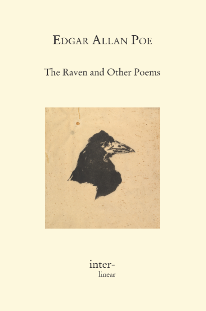 Buchcover von "The Raven and Other Poems" von E. A. Poe. - Text: The Raven   ONCE upon a midnight dreary, while I pondered, weak and weary, Over many a quaint and curious volume of forgotten lore, While I nodded, nearly napping, suddenly there came a tapping, As of some one gently rapping, rapping at my chamber door. “’Tis some visiter,” I muttered, “tapping at my chamber door— Only this, and nothing more.” Ah, distinctly I remember it was in the bleak December, And each separate dying ember wrought its ghost upon the floor. Eagerly I wished the morrow;—vainly I had sought to borrow From my books surcease of sorrow—sorrow for the lost Lenore— For the rare and radiant maiden whom the angels name Lenore— Nameless here for evermore.  And the silken sad uncertain rustling of each purple curtain Thrilled me—filled me with fantastic terrors never felt before; So that now, to still the beating of my heart, I stood repeating “’Tis some visiter entreating entrance at my chamber door— Some late visiter entreating entrance at my chamber door;— This it is, and nothing more.” Presently my soul grew stronger; hesitating then no longer, “Sir,” said I, “or Madam, truly your forgiveness I implore; But the fact is I was napping, and so gently you came rapping, And so faintly you came tapping, tapping at my chamber door, That I scarce was sure I heard you”—here I opened wide the door;—— Darkness there, and nothing more.  Deep into that darkness peering, long I stood there wondering, fearing, Doubting, dreaming dreams no mortal ever dared to dream before; But the silence was unbroken, and the darkness gave no token, And the only word there spoken was the whispered word, “Lenore!” This I whispered, and an echo murmured back the word, “Lenore!” Merely this, and nothing more. Back into the chamber turning, all my soul within me burning, Soon I heard again a tapping somewhat louder than before. “Surely,” said I, “surely that is something at my window lattice; Let me see, then, what thereat is, and this mystery explore— Let my heart be still a moment and this mystery explore;— ’Tis the wind and nothing more!”  Open here I flung the shutter, when, with many a flirt and flutter, In there stepped a stately raven of the saintly days of yore; Not the least obeisance made he; not an instant stopped or stayed he; But, with mien of lord or lady, perched above my chamber door— Perched upon a bust of Pallas just above my chamber door— Perched, and sat, and nothing more. Then this ebony bird beguiling my sad fancy into smiling, By the grave and stern decorum of the countenance it wore, “Though thy crest be shorn and shaven, thou,” I said, “art sure no craven, Ghastly grim and ancient raven wandering from the Nightly shore— Tell me what thy lordly name is on the Night’s Plutonian shore!” Quoth the raven, “Nevermore.”  Much I marvelled this ungainly fowl to hear discourse so plainly, Though its answer little meaning—little relevancy bore; For we cannot help agreeing that no living human being Ever yet was blessed with seeing bird above his chamber door— Bird or beast upon the sculptured bust above his chamber door, With such name as “Nevermore.” But the raven, sitting lonely on the placid bust, spoke only That one word, as if his soul in that one word he did outpour. Nothing farther then he uttered—not a feather then he fluttered— Till I scarcely more than muttered “Other friends have flown before— On the morrow he will leave me, as my hopes have flown before.“ Then the bird said “Nevermore.”  Startled at the stillness broken by reply so aptly spoken, “Doubtless,” said I, “what it utters is its only stock and store Caught from some unhappy master whom unmerciful Disaster Followed fast and followed faster till his songs one burden bore— Till the dirges of his Hope that melancholy burden bore Of ‘Never—nevermore.’” But the raven still beguiling all my sad soul into smiling, Straight I wheeled a cushioned seat in front of bird, and bust and door; Then, upon the velvet sinking, I betook myself to linking Fancy unto fancy, thinking what this ominous bird of yore— What this grim, ungainly, ghastly, gaunt, and ominous bird of yore Meant in croaking “Nevermore.”  This I sat engaged in guessing, but no syllable expressing To the fowl whose fiery eyes now burned into my bosom’s core; This and more I sat divining, with my head at ease reclining On the cushion’s velvet lining that the lamplight gloated o’er, But whose velvet violet lining with the lamplight gloating o’er, She shall press, ah, nevermore! Then, methought, the air grew denser, perfumed from an unseen censer Swung by angels whose faint foot-falls tinkled on the tufted floor. “Wretch,” I cried, „thy God hath lent thee—by these angels he hath sent thee Respite—respite and nepenthe from thy memories of Lenore! Quaff, oh quaff this kind nepenthe and forget this lost Lenore!“ Quoth the raven, “Nevermore.”  “Prophet!” said I, “thing of evil!—prophet still, if bird or devil!— Whether Tempter sent, or whether tempest tossed thee here ashore, Desolate yet all undaunted, on this desert land enchanted— On this home by Horror haunted—tell me truly, I implore— Is there—is there balm in Gilead?—tell me—tell me, I implore!” Quoth the raven, “Nevermore.” “Prophet!” said I, “thing of evil—prophet still, if bird or devil! By that Heaven that bends above us—by that God we both adore— Tell this soul with sorrow laden if, within the distant Aidenn, It shall clasp a sainted maiden whom the angels name Lenore— Clasp a rare and radiant maiden whom the angels name Lenore.” Quoth the raven, “Nevermore.”  “Be that word our sign of parting, bird or fiend!” I shrieked, upstarting— “Get thee back into the tempest and the Night’s Plutonian shore! Leave no black plume as a token of that lie thy soul hath spoken! Leave my loneliness unbroken!—quit the bust above my door! Take thy beak from out my heart, and take thy form from off my door!” Quoth the raven, “Nevermore.” And the raven, never flitting, still is sitting, still is sitting On the pallid bust of Pallas just above my chamber door; And his eyes have all the seeming of a demon’s that is dreaming, And the lamp-light o’er him streaming throws his shadow on the floor; And my soul from out that shadow that lies floating on the floor Shall be lifted—nevermore!   Annabel Lee   It was many and many a year ago, In a kingdom by the sea, That a maiden there lived whom you may know By the name of Annabel Lee; And this maiden she lived with no other thought Than to love and be loved by me. I was a child and she was a child, In this kingdom by the sea: But we loved with a love that was more than love— I and my Annabel Lee; With a love that the winged seraphs of heaven Coveted her and me. And this was the reason that, long ago, In this kingdom by the sea, A wind blew out of a cloud, chilling My beautiful Annabel Lee; So that her highborn kinsmen came And bore her away from me, To shut her up in a sepulchre In this kingdom by the sea. The angels, not half so happy in heaven, Went envying her and me— Yes!—that was the reason (as all men know, In this kingdom by the sea) That the wind came out of the cloud by night, Chilling and killing my Annabel Lee.  But our love it was stronger by far than the love Of those who were older than we— Of many far wiser than we— And neither the angels in heaven above, Nor the demons down under the sea, Can ever dissever my soul from the soul Of the beautiful Annabel Lee. For the moon never beams without bringing me dreams Of the beautiful Annabel Lee; And the stars never rise but I see the bright eyes Of the beautiful Annabel Lee; And so, all the night-tide, I lie down by the side Of my darling—my darling—my life and my bride, In her sepulchre there by the sea— In her tomb by the sounding sea.   To Helen   Helen, thy beauty is to me Like those Nicean barks of yore, That gently, o’er a perfumed sea, The weary, wayworn wanderer bore To his own native shore. On desperate seas long wont to roam, Thy hyacinth hair, thy classic face, Thy Naiad airs have brought me home To the glory that was Greece, To the grandeur that was Rome. Lo! in yon brilliant window niche, How statue-like I see thee stand, The agate lamp within thy hand! Ah, Psyche, from the regions which Are Holy Land! To Helen [2] I saw thee once—once only—years ago: I must not say how many—but not many. It was a July midnight; and from out A full-orbed moon, that, like thine own soul, soaring, Sought a precipitate pathway up through heaven, There fell a silvery-silken veil of light, With quietude, and sultriness and slumber, Upon the upturn’d faces of a thousand Roses that grew in an enchanted garden, Where no wind dared to stir, unless on tiptoe— Fell on the upturn’d faces of these roses That gave out, in return for the love-light, Their odorous souls in an ecstatic death— Fell on the upturn’d faces of these roses That smiled and died in this parterre, enchanted By thee, and by the poetry of thy presence. Clad all in white, upon a violet bank I saw thee half-reclining; while the moon Fell on the upturn’d faces of the roses, And on thine own, upturn’d—alas, in sorrow! Was it not Fate, that, on this July midnight— Was it not Fate (whose name is also Sorrow), That bade me pause before that garden-gate, To breathe the incense of those slumbering roses? No footstep stirred: the hated world all slept, Save only thee and me—(O Heaven!—O God! How my heart beats in coupling those two words!)— Save only thee and me. I paused—I looked— And in an instant all things disappeared. (Ah, bear in mind this garden was enchanted!) The pearly lustre of the moon went out: The mossy banks and the meandering paths, The happy flowers and the repining trees, Were seen no more: the very roses’ odors Died in the arms of the adoring airs. All—all expired save thee—save less than thou: Save only the divine light in thine eyes— Save but the soul in thine uplifted eyes. I saw but them—they were the world to me. I saw but them—saw only them for hours— Saw only them until the moon went down. What wild heart-histories seemed to lie unwritten Upon those crystalline, celestial spheres! How dark a woe! yet how sublime a hope! How silently serene a sea of pride! How daring an ambition! yet how deep— How fathomless a capacity for love! But now, at length, dear Dian sank from sight, Into a western couch of thunder-cloud; And thou, a ghost, amid the entombing trees Didst glide away. Only thine eyes remained. They would not go—they never yet have gone. Lighting my lonely pathway home that night, They have not left me (as my hopes have) since. They follow me—they lead me through the years. They are my ministers—yet I their slave. Their office is to illumine and enkindle— My duty, to be saved by their bright light, And purified in their electric fire, And sanctified in their elysian fire. They fill my soul with Beauty (which is Hope), And are far up in Heaven—the stars I kneel to In the sad, silent watches of my night; While even in the meridian glare of day I see them still—two sweetly scintillant Venuses, unextinguished by the sun! To F—— Beloved! amid the earnest woes That crowd around my earthly path— (Drear path, alas! where grows Not even one lonely rose)— My soul at least a solace hath In dreams of thee, and therein knows An Eden of bland repose. And thus thy memory is to me Like some enchanted far-off isle In some tumultuous sea— Some ocean throbbing far and free With storm—but where meanwhile Serenest skies continually Just o’er that one bright inland smile. A Valentine For her this rhyme is penned, whose luminous eyes, Brightly expressive as the twins of Leda, Shall find her own sweet name, that, nestling lies Upon the page, enwrapped from every reader. Search narrowly the lines!—they hold a treasure Divine—a talisman—an amulet That must be worn at heart. Search well the measure— The words—the syllables! Do not forget The trivialest point, or you may lose your labor! And yet there is in this no Gordian knot Which one might not undo without a sabre, If one could merely comprehend the plot. Enwritten upon the leaf where now are peering Eyes scintillating soul, there lie perdus Three eloquent words oft uttered in the hearing Of poets by poets—as the name is a poet’s, too. Its letters, although naturally lying Like the knight Pinto—Mendez Ferdinando— Still form a synonym for Truth—Cease trying! You will not read the riddle, though you do the best you can do. For Annie Thank Heaven! the crisis— The danger is past, And the lingering illness Is over at last— And the fever called “Living” Is conquered at last. Sadly, I know, I am shorn of my strength, And no muscle I move As I lie at full length— But no matter!—I feel I am better at length. And I rest so composedly, Now in my bed, That any beholder Might fancy me dead— Might start at beholding me Thinking me dead. The moaning and groaning, The sighing and sobbing, Are quieted now, With that horrible throbbing At heart:—ah, that horrible, Horrible throbbing! The sickness—the nausea— The pitiless pain— Have ceased, with the fever That maddened my brain— With the fever called “Living” That burned in my brain. And oh! of all tortures That torture the worst Has abated—the terrible Torture of thirst, For the naphthaline river Of Passion accurst:— I have drank of a water That quenches all thirst:— Of a water that flows, With a lullaby sound, From a spring but a very few Feet under ground— From a cavern not very far Down under ground. And ah! let it never Be foolishly said That my room it is gloomy And narrow my bed— For man never slept In a different bed; And, to sleep, you must slumber In just such a bed. My tantalized spirit Here blandly reposes, Forgetting, or never Regretting its roses— Its old agitations Of myrtles and roses: For now, while so quietly Lying, it fancies A holier odor About it, of pansies— A rosemary odor, Commingled with pansies— With rue and the beautiful Puritan pansies. And so it lies happily, Bathing in many A dream of the truth And the beauty of Annie— Drowned in a bath Of the tresses of Annie. She tenderly kissed me, She fondly caressed, And then I fell gently To sleep on her breast— Deeply to sleep From the heaven of her breast. When the light was extinguished, She covered me warm, And she prayed to the angels To keep me from harm— To the queen of the angels To shield me from harm. And I lie so composedly, Now in my bed (Knowing her love) That you fancy me dead— And I rest so contentedly, Now in my bed, (With her love at my breast) That you fancy me dead— That you shudder to look at me. Thinking me dead. But my heart it is brighter Than all of the many Stars in the sky, For it sparkles with Annie— It glows with the light Of the love of my Annie— With the thought of the light Of the eyes of my Annie.   The Bells   I Hear the sledges with the bells— Silver bells! What a world of merriment their melody foretells! How they tinkle, tinkle, tinkle, In their icy air of night! While the stars, that oversprinkle All the heavens, seem to twinkle With a crystalline delight; Keeping time, time, time, In a sort of Runic rhyme, To the tintinnabulation that so musically wells From the bells, bells, bells, bells, Bells, bells, bells— From the jingling and the tinkling of the bells.  II Hear the mellow wedding bells, Golden bells! What a world of happiness their harmony foretells! Through the balmy air of night How they ring out their delight! From the molten-golden notes, And all in tune, What a liquid ditty floats To the turtle-dove that listens, while she gloats On the moon! Oh, from out the sounding cells, What a gush of euphony voluminously wells! How it swells! How it dwells On the future! how it tells Of the rapture that impels To the swinging and the ringing Of the bells, bells, bells, Of the bells, bells, bells, bells, Bells, bells, bells— To the rhyming and the chiming of the bells!  III Hear the loud alarum bells— Brazen bells! What a tale of terror now their turbulency tells! In the startled ear of night How they scream out their affright! Too much horrified to speak, They can only shriek, shriek, Out of tune, In a clamorous appealing to the mercy of the fire, In a mad expostulation with the deaf and frantic fire Leaping higher, higher, higher, With a desperate desire, And a resolute endeavor Now—now to sit or never, By the side of the pale-faced moon. Oh, the bells, bells, bells! What a tale their terror tells Of Despair! How they clang, and clash, and roar! What a horror they outpour On the bosom of the palpitating air! Yet the ear it fully knows, By the twanging, And the clanging, How the danger ebbs and flows; Yet the ear distinctly tells, In the jangling, And the wrangling, How the danger sinks and swells, By the sinking or the swelling in the anger of the bells— Of the bells— Of the bells, bells, bells, bells, Bells, bells, bells— In the clamor and the clangor of the bells!   IV Hear the tolling of the bells — Iron bells! What a world of solemn thought their monody compels! In the silence of the night, How we shiver with affright At the melancholy menace of their tone! For every sound that floats From the rust within their throats Is a groan. And the people—ah, the people— They that dwell up in the steeple. All alone, And who tolling, tolling, tolling, In that muffled monotone, Feel a glory in so rolling On the human heart a stone— They are neither man nor woman— They are neither brute nor human — They are Ghouls: And their king it is who tolls; And he rolls, rolls, rolls, Rolls A pæan from the bells! And his merry bosom swells With the pæan of the bells! And he dances, and he yells; Keeping time, time, time, In a sort of Runic rhyme, To the pæan of the bells — Of the bells: Keeping time, time, time, In a sort of Runic rhyme, To the throbbing of the bells — Of the bells, bells, bells — To the sobbing of the bells; Keeping time, time, time, As he knells, knells, knells, In a happy Runic rhyme, To the rolling of the bells— Of the bells, bells, bells- To the tolling of the bells, Of the bells, bells, bells, bells, Bells, bells, bells — To the moaning and the groaning of the bells.   The Valley of Unrest  Once it smiled a silent dell Where the people did not dwell; They had gone unto the wars, Trusting to the mild-eyed stars, Nightly, from their azure towers, To keep watch above the flowers, In the midst of which all day The red sun-light lazily lay. Now each visitor shall confess The sad valley’s restlessness. Nothing there is motionless— Nothing save the airs that brood Over the magic solitude. Ah, by no wind are stirred those trees That palpitate like the chill seas Around the misty Hebrides! Ah, by no wind those clouds are driven That rustle through the unquiet Heaven Unceasingly, from morn till even, Over the violets there that lie In myriad types of the human eye— Over the lilies that wave And weep above a nameless grave! They wave:—from out their fragrant tops Eternal dews come down in drops. They weep:—from off their delicate stems Perennial tears descend in gems. The City in the Sea Lo! Death has reared himself a throne In a strange city lying alone Far down within the dim West, Where the good and the bad and the worst and the best Have gone to their eternal rest. There shrines and palaces and towers (Time-eaten towers and tremble not!) Resemble nothing that is ours. Around, by lifting winds forgot, Resignedly beneath the sky The melancholy waters lie. No rays from the holy Heaven come down On the long night-time of that town; But light from out the lurid sea Streams up the turrets silently— Gleams up the pinnacles far and free— Up domes—up spires—up kingly halls— Up fanes—up Babylon-like walls— Up shadowy long-forgotten bowers Of sculptured ivy and stone flowers— Up many and many a marvellous shrine Whose wreathed friezes intertwine The viol, the violet, and the vine. Resignedly beneath the sky The melancholy waters lie. So blend the turrets and shadows there That all seem pendulous in air, While from a proud tower in the town Death looks gigantically down. There open fanes and gaping graves Yawn level with the luminous waves; But not the riches there that lie In each idol’s diamond eye— Not the gaily-jewelled dead Tempt the waters from their bed; For no ripples curl, alas! Along that wilderness of glass— No swellings tell that winds may be Upon some far-off happier sea— No heavings hint that winds have been On seas less hideously serene. But lo, a stir is in the air! The wave—there is a movement there! As if the towers had thrust aside, In slightly sinking, the dull tide— As if their tops had feebly given A void within the filmy Heaven. The waves have now a redder glow— The hours are breathing faint and low— And when, amid no earthly moans, Down, down that town shall settle hence, Hell, rising from a thousand thrones, Shall do it reverence. The Coliseum Type of the antique Rome! Rich reliquary Of lofty contemplation left to Time By buried centuries of pomp and power! At length—at length—after so many days Of weary pilgrimage and burning thirst, (Thirst for the springs of lore that in thee lie,) I kneel, an altered and an humble man, Amid thy shadows, and so drink within My very soul thy grandeur, gloom, and glory! Vastness! and Age! and Memories of Eld! Silence! and Desolation! and dim Night! I feel ye now—I feel ye in your strength— O spells more sure than e’er Judæan king Taught in the gardens of Gethsemane!O charms more potent than the rapt Chaldee Ever drew down from out the quiet stars! Here, where a hero fell, a column falls! Here, where the mimic eagle glared in gold, A midnight vigil holds the swarthy bat! Here, where the dames of Rome their gilded hair Waved to the wind, now wave the reed and thistle! Here, where on golden throne the monarch lolled, Glides, spectre-like, unto his marble home, Lit by the wan light of the horned moon, The swift and silent lizard of the stones! But stay! these walls—these ivy-clad arcades— These mouldering plinths—these sad and blackened shafts— These vague entablatures—this crumbling frieze— These shattered cornices—this wreck—this ruin— These stones—alas! these gray stones—are they all— All of the famed, and the colossal left By the corrosive Hours to Fate and me? “Not all”—the Echoes answer me—“not all! Prophetic sounds and loud, arise forever From us, and from all Ruin, unto the wise, As melody from Memnon to the Sun. We rule the hearts of mightiest men—we rule With a despotic sway all giant minds. We are not impotent—we pallid stones. Not all our power is gone—not all our fame— Not all the magic of our high renown— Not all the wonder that encircles us— Not all the mysteries that in us lie— Not all the memories that hang upon And cling around about us as a garment, Clothing us in a robe of more than glory.” Dreamland By a route obscure and lonely, Haunted by ill angels only, Where an Eidolon, named Night, On a black throne reigns upright, I have reached these lands but newly From an ultimate dim Thule— From a wild weird clime that lieth, sublime, Out of Space—out of Time. Bottomless vales and boundless floods, And chasms, and caves, and Titan woods, With forms that no man can discover For the dews that drip all over; Mountains toppling evermore Into seas without a shore; Seas that restlessly aspire, Surging, unto skies of fire; Lakes that endlessly outspread Their lone waters—lone and dead, Their still waters—still and chilly With the snows of the lolling lily. By the lakes that thus outspread Their lone waters, lone and dead,— Their sad waters, sad and chilly With the snows of the lolling lily,— By the mountains—near the river Murmuring lowly, murmuring ever,— By the grey woods,—by the swamp Where the toad and the newt encamp,— By the dismal tarns and pools Where dwell the Ghouls,— By each spot the most unholy— In each nook most melancholy,— There the traveller meets aghast Sheeted Memories of the Past— Shrouded forms that start and sigh As they pass the wanderer by— White-robed forms of friends long given, In agony, to the Earth—and Heaven. For the heart whose woes are legion ’Tis a peaceful, soothing region— For the spirit that walks in shadow ’Tis—oh, ’tis an Eldorado! But the traveller, travelling through it, May not—dare not openly view it; Never its mysteries are exposed To the weak human eye unclosed; So wills its King, who hath forbid The uplifting of the fringed lid; And thus the sad Soul that here passes Beholds it but through darkened glasses. By a route obscure and lonely, Haunted by ill angels only, Where an Eidolon, named Night, On a black throne reigns upright, I have wandered home but newly From this ultimate dim Thule. Eldorado Gaily bedight, A gallant knight, In sunshine and in shadow, Had journeyed long, Singing a song, In search of Eldorado. But he grew old— This knight so bold— And o’er his heart a shadow Fell as he found No spot of ground That looked like Eldorado. And, as his strength Failed him at length, He met a pilgrim shadow— “Shadow,” said he, “Where can it be— This land of Eldorado?” “Over the Mountains Of the Moon, Down the Valley of the Shadow, Ride, boldly ride,” The shade replied, “If you seek for Eldorado!” Fairy-Land Dim vales—and shadowy floods— And cloudy-looking woods, Whose forms we can’t discover For the tears that drip all over. Huge moons there wax and wane— Again—again—again— Every moment of the night— Forever changing places— And they put out the star-light With the breath from their pale faces. About twelve by the moon-dial One more filmy than the rest (A kind which, upon trial, They have found to be the best) Comes down—still down—and down With its centre on the crown Of a mountain’s eminence, While its wide circumference In easy drapery falls Over hamlets, over halls, Wherever they may be— O’er the strange woods—o’er the sea— Over spirits on the wing— Over every drowsy thing— And buries them up quite In a labyrinth of light— And then, how deep!—O, deep! Is the passion of their sleep. In the morning they arise, And their moony covering Is soaring in the skies, With the tempests as they toss, Like—almost any thing— Or a yellow Albatross. They use that moon no more For the same end as before— Videlicet a tent— Which I think extravagant: Its atomies, however, Into a shower dissever, Of which those butterflies, Of Earth, who seek the skies, And so come down again (Never-contented thing!) Have brought a specimen Upon their quivering wings. Spirits of the Dead I Thy soul shall find itself alone ’Mid dark thoughts of the gray tomb-stone— Not one, of all the crowd, to pry Into thine hour of secrecy. II Be silent in that solitude Which is not loneliness—for then The spirits of the dead who stood In life before thee are again In death around thee—and their will Shall overshadow thee: be still. III The night—tho’ clear—shall frown— And the stars shall not look down From their high thrones in the Heaven, With light like Hope to mortals given— But their red orbs, without beam, To thy weariness shall seem As a burning and a fever Which would cling to thee for ever. IV Now are thoughts thou shalt not banish— Now are visions ne’er to vanish— From thy spirit shall they pass No more—like dew-drops from the grass. V The breeze—the breath of God—is still— And the mist upon the hill Shadowy—shadowy—yet unbroken, Is a symbol and a token— How it hangs upon the trees, A mystery of mysteries!  The Sleeper At midnight, in the month of June, I stand beneath the mystic moon. An opiate vapour, dewy, dim, Exhales from out her golden rim, And, softly dripping, drop by drop, Upon the quiet mountain top, Steals drowsily and musically Into the universal valley. The rosemary nods upon the grave; The lily lolls upon the wave, Wrapping the fog about its breast; The ruin moulders into rest; Looking like Lethe, see! the lake A conscious slumber seems to take, And would not, for the world, awake. All Beauty sleeps!—and lo! where lies (Her casement open to the skies) Irene, with her Destinies! Oh, lady bright! can it be right— This window open to the night! The wanton airs, from the tree-top, Laughingly through the lattice-drop— The bodiless airs, a wizard rout, Flit through thy chamber in and out, And wave the curtain canopy So fitfully—so fearfully— Above the closed and fringed lid ’Neath which thy slumb’ring soul lies hid, That, o’er the floor and down the wall, Like ghosts the shadows rise and fall! Oh, lady dear, hast thou no fear? Why and what art thou dreaming here? Sure thou art come o’er far-off seas, A wonder to these garden trees! Strange is thy pallor! strange thy dress! Strange, above all, thy length of tress, And this all-solemn silentness! The lady sleeps! Oh, may her sleep Which is enduring, so be deep! Heaven have her in its sacred keep! This chamber changed for one more holy, This bed for one more melancholy, I pray to God that she may lie For ever with unopened eye, While the dim sheeted ghosts go by! My love, she sleeps! Oh, may her sleep, As it is lasting, so be deep; Soft may the worms about her creep! Far in the forest, dim and old, For her may some tall vault unfold— Some vault that oft hath flung its black And winged panels fluttering back, Triumphant, o’er the crested palls, Of her grand family funerals— Some sepulchre, remote, alone, Against whose portal she hath thrown, In childhood many an idle stone— Some tomb from out whose sounding door She ne’er shall force an echo more, Thrilling to think, poor child of sin, It was the dead who groaned within.   A Dream within a Dream   Take this kiss upon the brow! And, in parting from you now, Thus much let me avow— You are not wrong, who deem That my days have been a dream: Yet if hope has flown away In a night, or in a day, In a vision or in none, Is it therefore the less gone? All that we see or seem Is but a dream within a dream. I stand amid the roar Of a surf-tormented shore, And I hold within my hand Grains of the golden sand— How few! yet how they creep Through my fingers to the deep While I weep—while I weep! O God! can I not grasp Them with a tighter clasp? O God! can I not save One from the pitiless wave? Is all that we see or seem But a dream within a dream?   A Dream   In visions of the dark night I have dreamed of joy departed— But a waking dream of life and light Hath left me broken-hearted. Ah! what is not a dream by day To him whose eyes are cast On things around him with a ray Turned back upon the past? That holy dream—that holy dream, While all the world were chiding, Hath cheered me as a lovely beam, A lonely spirit guiding. What though that light, thro’ storm and night, So trembled from afar— What could there be more purely bright In Truth’s day star? To Science – Sonnet – Science! true daughter of Old Time thou art! Who alterest all things with thy peering eyes. Why preyest thou thus upon the poet’s heart, Vulture, whose wings are dull realities How should he love thee? or how deem thee wise, Who wouldst not leave him in his wandering To seek for treasure in the jewelled skies, Albeit he soared with an undaunted wing! Hast thou not dragged Diana from her car? And driven the Hamadryad from the wood To seek a shelter in some happier star? Hast thou not torn the Naiad from her flood, The Elfin from the green grass, and from me The summer dream beneath the tamarind tree? Dreams Oh! that my young life were a lasting dream! My spirit not awakening, till the beam Of an Eternity should bring the morrow. Yes! though that long dream were of hopeless sorrow, ’Twere better than the cold reality Of waking life, to him whose heart must be, And hath been still, upon the lovely earth, A chaos of deep passion, from his birth. But should it be—that dream eternally Continuing—as dreams have been to me In my young boyhood—should it thus be given, ’Twere folly still to hope for higher Heaven. For I have revelled when the sun was bright I’ the summer sky, in dreams of living light And loveliness,—have left my very heart Inclines of my imaginary apart From mine own home, with beings that have been Of mine own thought—what more could I have seen? ’Twas once—and only once—and the wild hour From my remembrance shall not pass—some power Or spell had bound me—’twas the chilly wind Came o’er me in the night, and left behind Its image on my spirit—or the moon Shone on my slumbers in her lofty noon Too coldly—or the stars—howe’er it was That dream was as that night-wind—let it pass. I have been happy, though in a dream. I have been happy—and I love the theme: Dreams! in their vivid coloring of life As in that fleeting, shadowy, misty strife Of semblance with reality which brings To the delirious eye, more lovely things Of Paradise and Love—and all my own!— Than young Hope in his sunniest hour hath known. Alone From childhood’s hour I have not been As others were—I have not seen As others saw—I could not bring My passions from a common spring— From the same source I have not taken My sorrow—I could not awaken My heart to joy at the same tone— And all I loved—I loved alone— Then—in my childhood—in the dawn Of a most stormy life—was drawn From every depth of good and ill The mystery which binds me still— From the torrent, or the fountain— From the red cliff of the mountain— From the sun that round me roll’d In its autumn tint of gold— From the lightning in the sky As it passed me flying by— From the thunder and the storm— And the cloud that took the form (When the rest of Heaven was blue) Of a demon in my view. The Lake In spring of youth it was my lot To haunt of the wide world a spot The which I could not love the less— So lovely was the loneliness Of a wild lake, with black rock bound, And the tall pines that towered around. But when the Night had thrown her pall Upon the spot, as upon all, And the mystic wind went by Murmuring in melody— Then—ah, then, I would awake To the terror of the lone lake. Yet that terror was not fright, But a tremulous delight— A feeling not the jewelled mine Could teach or bribe me to define— Nor Love—although the Love were thine. Death was in that poisonous wave, And in its gulf a fitting grave For him who thence could solace bring To his lone imagining— Whose solitary soul could make An Eden of that dim lake. [The Happiest Day] The happiest day—the happiest hour My seared and blighted heart hath known, The highest hope of pride and power, I feel hath flown. Of power! said I? Yes! such I ween But they have vanished long, alas! The visions of my youth have been— But let them pass. And pride, what have I now with thee? Another brow may ev’n inherit The venom thou hast poured on me— Be still my spirit! The happiest day—the happiest hour Mine eyes shall see—have ever seen The brightest glance of pride and power I feel have been: But were that hope of pride and power Now offered with the pain Ev’n then I felt—that brightest hour I would not live again: For on its wing was dark alloy And as it fluttered—fell An essence—powerful to destroy A soul that knew it well. Evening Star ’Twas noontide of summer, And midtime of night; And stars, in their orbits, Shone pale, through the light Of the brighter, cold moon, ’Mid planets her slaves, Herself in the Heavens, Her beam on the waves. I gazed awhile On her cold smile; Too cold—too cold for me— There passed, as a shroud, A fleecy cloud, And I turned away to thee, Proud Evening Star, In thy glory afar, And dearer thy beam shall be; For joy to my heart Is the proud part Thou bearest in Heaven at night, And more I admire Thy distant fire, Than that colder, lowly light. Introduction Romance, who loves to nod and sing, With drowsy head and folded wing, Among the green leaves as they shake Far down within some shadowy lake, To me a painted paroquet Hath been—a most familiar bird— Taught me my alphabet to say— To lisp my very earliest word While in the wild wood I did lie, A child—with a most knowing eye. Succeeding years, too wild for song, Then rolled like tropic storms along, Where, though the garish lights that fly Dying along the troubled sky, Lay bare, through vistas thunder-riven, The blackness of the general Heaven, That very blackness yet doth fling Light on the lightning’s silver wing. For being an idle boy lang syne, Who read Anacreon and drank wine, I early found Anacreon rhymes Were almost passionate sometimes— And by strange alchemy of brain His pleasures always turned to pain— His naïveté to wild desire— His wit to love—his wine to fire— And so, being young and dipt in folly, I fell in love with melancholy. And used to throw my earthly rest And quiet all away in jest— I could not love except where Death Was mingling his with Beauty’s breath— Or Hymen, Time, and Destiny, Were stalking between her and me. O, then the eternal Condor years So shook the very Heavens on high, With tumult as they thunder’d by; I had no time for idle cares, Thro’ gazing on the unquiet sky! Or if an hour with calmer wing Its down did on my spirit fling, That little hour with lyre and rhyme To while away—forbidden thing! My heart half fear’d to be a crime Unless it trembled with the string. But now my soul hath too much room— Gone are the glory and the gloom— The black hath mellow’d into grey, And all the fires are fading away. My draught of passion hath been deep— I revell’d, and I now would sleep— And after-drunkenness of soul Succeeds the glories of the bowl— An idle longing night and day To dream my very life away. But dreams—of those who dream as I, Aspiringly, are damned, and die: Yet should I swear I mean alone, By notes so very shrilly blown, To break upon Time’s monotone, While yet my vapid joy and grief Are tintless of the yellow leaf— Why not an imp the greybeard hath, Will shake his shadow in my path— And e’en the greybeard will o’erlook Connivingly my dreaming-book.  Imitation A dark unfathomed tide Of interminable pride— A mystery, and a dream, Should my early life seem; I say that dream was fraught With a wild and waking thought Of beings that have been, Which my spirit hath not seen, Had I let them pass me by, With a dreaming eye! Let none of earth inherit That vision on my spirit; Those thoughts I would controul, As a spell upon his soul: For that bright hope at last And that light time have past, And my wordly rest hath gone With a sigh as it passed on: I care not though it perish With a thought I then did cherish. [Stanzas] How often we forget all time, when lone Admiring Nature’s universal throne; Her woods—her wilds—her mountains—the intense Reply of hers to our intelligence! 1 In youth I have known one with whom the Earth In secret communing held—as he with it, In daylight, and in beauty from his birth: Whose fervid, flickering torch of life was lit From the sun and stars, whence he had drawn forth A passionate light such for his spirit was fit— And yet that spirit knew—not in the hour Of its own fervor—what had o’er it power. 2 Perhaps it may be that my mind is wrought To a ferver by the moonbeam that hangs o’er, But I will half believe that wild light fraught With more of sovereignty than ancient lore Hath ever told—or is it of a thought The unembodied essence and no more That with a quickening spell doth o’er us pass As dew of the night-time, o’er the summer grass? 3 Doth o’er us pass, when, as th’ expanding eye To the loved object—so the tear to the lid Will start, which lately slept in apathy? And yet it need not be—(that object) hid From us in life—but common—which doth lie Each hour before us—but then only bid With a strange sound, as of a harp-string broken T’ awake us—’Tis a symbol and a token— 4 Of what in other worlds shall be—and given In beauty by our God, to those alone Who otherwise would fall from life and Heaven Drawn by their heart’s passion, and that tone, That high tone of the spirit which hath striven Though not with Faith—with godliness—whose throne With desperate energy ’t hath beaten down; Wearing its own deep feeling as a crown. Silence There are some qualities—some incorporate things, That have a double life, which thus is made A type of that twin entity which springs From matter and light, evinced in solid and shade. There is a twofold Silence—sea and shore— Body and soul. One dwells in lonely places, Newly with grass o’ergrown; some solemn graces, Some human memories and tearful lore, Render him terrorless: his name’s “No More.” He is the corporate Silence: dread him not! No power hath he of evil in himself; But should some urgent fate (untimely lot!) Bring thee to meet his shadow (nameless elf, That haunteth the lone regions where hath trod No foot of man), commend thyself to God! Tamerlane Kind solace in a dying hour! Such, father, is not (now) my theme— I will not madly deem that power Of Earth may shrive me of the sin Unearthly pride hath revelled in— I have no time to dote or dream: You call it hope—that fire of fire! It is but agony of desire: If I can hope—O God! I can— Its fount is holier—more divine— I would not call thee fool, old man, But such is not a gift of thine. Know thou the secret of a spirit Bowed from its wild pride into shame. O yearning heart! I did inherit Thy withering portion with the fame, The searing glory which hath shone Amid the Jewels of my throne, Halo of Hell! and with a pain Not Hell shall make me fear again— O craving heart, for the lost flowers And sunshine of my summer hours! The undying voice of that dead time, With its interminable chime, Rings, in the spirit of a spell, Upon thy emptiness—a knell. I have not always been as now: The fevered diadem on my brow I claimed and won usurpingly— Hath not the same fierce heirdom given Rome to the Cæsar—this to me? The heritage of a kingly mind, And a proud spirit which hath striven Triumphantly with human kind. On mountain soil I first drew life: The mists of the Taglay have shed Nightly their dews upon my head, And, I believe, the winged strife And tumult of the headlong air Have nestled in my very hair. So late from Heaven—that dew—it fell (’Mid dreams of an unholy night) Upon me with the touch of Hell, While the red flashing of the light From clouds that hung, like banners, o’er, Appeared to my half-closing eye The pageantry of monarchy; And the deep trumpet-thunder’s roar Came hurriedly upon me, telling Of human battle, where my voice, My own voice, silly child!—was swelling (O! how my spirit would rejoice, And leap within me at the cry) The battle-cry of Victory! The rain came down upon my head Unsheltered—and the heavy wind Rendered me mad and deaf and blind. It was but man, I thought, who shed Laurels upon me: and the rush— The torrent of the chilly air Gurgled within my ear the crush Of empires—with the captive’s prayer— The hum of suitors—and the tone Of flattery ’round a sovereign’s throne. My passions, from that hapless hour, Usurped a tyranny which men Have deemed since I have reached to power, My innate nature—be it so: But, father, there lived one who, then, Then—in my boyhood—when their fire Burned with a still intenser glow (For passion must, with youth, expire) E’en then who knew this iron heart In woman’s weakness had a part. I have no words—alas!—to tell The loveliness of loving well! Nor would I now attempt to trace The more than beauty of a face Whose lineaments, upon my mind, Are—shadows on th’ unstable wind: Thus I remember having dwelt Some page of early lore upon, With loitering eye, till I have felt The letters—with their meaning—melt To fantasies—with none. O, she was worthy of all love! Love as in infancy was mine— ’Twas such as angel minds above Might envy; her young heart the shrine On which my every hope and thought Were incense—then a goodly gift, For they were childish and upright— Pure—as her young example taught: Why did I leave it, and, adrift, Trust to the fire within, for light? We grew in age—and love—together— Roaming the forest, and the wild; My breast her shield in wintry weather— And, when the friendly sunshine smiled, And she would mark the opening skies, I saw no Heaven—but in her eyes. Young Love’s first lesson is——the heart: For ’mid that sunshine, and those smiles, When, from our little cares apart, And laughing at her girlish wiles, I’d throw me on her throbbing breast, And pour my spirit out in tears— There was no need to speak the rest— No need to quiet any fears Of her—who asked no reason why, But turned on me her quiet eye! Yet more than worthy of the love My spirit struggled with, and strove When, on the mountain peak, alone, Ambition lent it a new tone— I had no being—but in thee: The world, and all it did contain In the earth—the air—the sea— Its joy—its little lot of pain That was new pleasure—the ideal, Dim, vanities of dreams by night— And dimmer nothings which were real— (Shadows—and a more shadowy light!) Parted upon their misty wings, And, so, confusedly, became Thine image and—a name—a name! Two separate—yet most intimate things. I was ambitious—have you known The passion, father? You have not: A cottager, I marked a throne Of half the world as all my own, And murmured at such lowly lot— But, just like any other dream, Upon the vapor of the dew My own had past, did not the beam Of beauty which did while it thro’ The minute—the hour—the day—oppress My mind with double loveliness. We walked together on the crown Of a high mountain which looked down Afar from its proud natural towers Of rock and forest, on the hills— The dwindled hills! begirt with bowers And shouting with a thousand rills. I spoke to her of power and pride, But mystically—in such guise That she might deem it nought beside The moment’s converse; in her eyes I read, perhaps too carelessly— A mingled feeling with my own— The flush on her bright cheek, to me Seemed to become a queenly throne Too well that I should let it be Light in the wilderness alone. I wrapped myself in grandeur then, And donned a visionary crown— Yet it was not that Fantasy Had thrown her mantle over me— But that, among the rabble—men, Lion ambition is chained down— And crouches to a keeper’s hand— Not so in deserts where the grand— The wild—the terrible conspire With their own breath to fan his fire. Look ’round thee now on Samarcand!— Is she not queen of Earth? her pride Above all cities? in her hand Their destinies? in all beside Of glory which the world hath known Stands she not nobly and alone? Falling—her veriest stepping-stone Shall form the pedestal of a throne— And who her sovereign? Timour—he Whom the astonished people saw Striding o’er empires haughtily A diademed outlaw! O, human love! thou spirit given, On Earth, of all we hope in Heaven! Which fall’st into the soul like rain Upon the Siroc-withered plain, And, failing in thy power to bless, But leav’st the heart a wilderness! Idea! which bindest life around With music of so strange a sound And beauty of so wild a birth— Farewell! for I have won the Earth. When Hope, the eagle that towered, could see No cliff beyond him in the sky, His pinions were bent droopingly— And homeward turned his softened eye. ’Twas sunset: When the sun will part There comes a sullenness of heart To him who still would look upon The glory of the summer sun. That soul will hate the ev’ning mist So often lovely, and will list To the sound of the coming darkness (known To those whose spirits hearken) as one Who, in a dream of night, would fly, But cannot, from a danger nigh. What tho’ the moon—tho’ the white moon Shed all the splendor of her noon, Her smile is chilly—and her beam, In that time of dreariness, will seem (So like you gather in your breath) A portrait taken after death. And boyhood is a summer sun Whose waning is the dreariest one— For all we live to know is known, And all we seek to keep hath flown— Let life, then, as the day-flower, fall With the noon-day beauty—which is all. I reach’d my home—my home no more— For all had flown who made it so. I pass’d from out its mossy door, And, tho’ my tread was soft and low, A voice came from the threshold stone Of one whom I had earlier known— O, I defy thee, Hell, to show On beds of fire that burn below, An humbler heart—a deeper wo. Father, I firmly do believe— I know—for Death who comes for me From regions of the blest afar, Where there is nothing to deceive, Hath left his iron gate ajar. And rays of truth you cannot see Are flashing thro’ Eternity—— I do believe that Eblis hath A snare in every human path— Else how, when in the holy grove I wandered of the idol, Love,— Who daily scents his snowy wings With incense of burnt-offerings From the most unpolluted things, Whose pleasant bowers are yet so riven Above with trellised rays from Heaven No mote may shun—no tiniest fly— The light’ning of his eagle eye— How was it that Ambition crept, Unseen, amid the revels there, Till growing bold, he laughed and leapt In the tangles of Love’s very hair! Israfel And the angel Israfel, whose heart-strings are a lute, and who has the sweetest voice of all God’s creatures. - Koran In Heaven a spirit doth dwell “Whose heart-strings are a lute;” None sing so wildly well As the angel Israfel, And the giddy Stars (so legends tell), Ceasing their hymns, attend the spell Of his voice, all mute. Tottering above In her highest noon, The enamoured Moon Blushes with love; While, to listen, the red levin (With the rapid Pleiads, even, Which were seven), Pauses in Heaven. And they say (the starry choir And the other listening things) That Israfeli’s fire Is owing to that lyre By which he sits and sings— The trembling living wire Of those unusual strings. But the skies that angel trod, Where deep thoughts are a duty— Where Love’s a grow-up God— Where the Houri glances are Imbued with all the beauty Which we worship in a star. Therefore, thou art not wrong, Israfeli, who despisest An unimpassioned song; To thee the laurels belong, Best bard, because the wisest! Merrily live and long! The ecstasies above With thy burning measures suit— Thy grief, thy joy, thy hate, thy love, With the fervor of thy lute— Well may the stars be mute! Yes, Heaven is thine; but this Is a world of sweets and sours; Our flowers are merely—flowers, And the shadow of thy perfect bliss Is the sunshine of ours. If I could dwell Where Israfel Hath dwelt, and he where I, He might not sing so wildly well A mortal melody, While a bolder note than this might swell From my lyre within the sky. Ulalume The skies they were ashen and sober; The leaves they were crisped and sere— The leaves they were withering and sere; It was night in the lonesome October Of my most immemorial year; It was hard by the dim lake of Auber, In the misty mid region of Weir— It was down by the dank tarn of Auber, In the ghoul-haunted woodland of Weir. Here once, through an alley Titanic, Of cypress, I roamed with my Soul— Of cypress, with Psyche, my Soul. These were days when my heart was volcanic As the scoriac rivers that roll— As the lavas that restlessly roll Their sulphurous currents down Yaanek In the ultimate climes of the pole— That groan as they roll down Mount Yaanek In the realms of the boreal pole. Our talk had been serious and sober, But our thoughts they were palsied and sere— Our memories were treacherous and sere— For we knew not the month was October, And we marked not the night of the year— (Ah, night of all nights in the year!) We noted not the dim lake of Auber— (Though once we had journeyed down here)— Remembered not the dank tarn of Auber, Nor the ghoul-haunted woodland of Weir. And now as the night was senescent And star-dials pointed to morn— As the sun-dials hinted of morn— At the end of our path a liquescent And nebulous lustre was born, Out of which a miraculous crescent Arose with a duplicate horn— Astarte’s bediamonded crescent Distinct with its duplicate horn. And I said—“She is warmer than Dian: She rolls through an ether of sighs— She revels in a region of sighs: She has seen that the tears are not dry on These cheeks, where the worm never dies, And has come past the stars of the Lion To point us the path to the skies— To the Lethean peace of the skies— Come up, in despite of the Lion, To shine on us with her bright eyes— Come up through the lair of the Lion, With love in her luminous eyes.” But Psyche, uplifting her finger, Said—“Sadly this star I mistrust— Her pallor I strangely mistrust:— Oh, hasten!—oh, let us not linger! Oh, fly!—let us fly!—for we must.” In terror she spoke, letting sink her Wings till they trailed in the dust— In agony sobbed, letting sink her Plumes till they trailed in the dust— Till they sorrowfully trailed in the dust. I replied—“This is nothing but dreaming: Let us on by this tremulous light! Let us bathe in this crystalline light! Its Sibyllic splendor is beaming With Hope and in Beauty to-night:— See!—it flickers up the sky through the night! Ah, we safely may trust to its gleaming, And be sure it will lead us aright— We safely may trust to a gleaming That cannot but guide us aright, Since it flickers up to Heaven through the night.” Thus I pacified Psyche and kissed her, And tempted her out of her gloom— And conquered her scruples and gloom; And we passed to the end of a vista, But were stopped by the door of a tomb— By the door of a legended tomb; And I said—“What is written, sweet sister, On the door of this legended tomb?” She replied—“Ulalume—Ulalume— ’Tis the vault of thy lost Ulalume!” Then my heart it grew ashen and sober As the leaves that were crisped and sere— As the leaves that were withering and sere; And I cried—“It was surely October On this very night of last year That I journeyed—I journeyed down here— That I brought a dread burden down here! On this night of all nights in the year, Ah, what demon has tempted me here? Well I know, now, this dim lake of Auber— This misty mid region of Weir— Well I know, now, this dank tarn of Auber,— This ghoul-haunted woodland of Weir.” Said we, then—the two, then—“Ah, can it Have been that the woodlandish ghouls— The pitiful, the merciful ghouls, To bar up our way and to ban it From the secret that lies in these wolds— From the thing that lies hidden in these wolds— Have drawn up the spectre of a planet From the limbo of lunary souls— This sinfully scintillant planet From the Hell of the planetary souls?” Al Aaraaf I O! nothing earthly save the ray (Thrown back from flowers) of Beauty’s eye, As in those gardens where the day Springs from the gems of Circassy— O! nothing earthly save the thrill Of melody in woodland rill— Or (music of the passion-hearted) Joy’s voice so peacefully departed That like the murmur in the shell, Its echo dwelleth and will dwell— O! nothing of the dross of ours— Yet all the beauty—all the flowers That list our Love, and deck our bowers— Adorn yon world afar, afar— The wandering star. ’Twas a sweet time for Nesace—for there Her world lay lolling on the golden air, Near four bright suns—a temporary rest— An oasis in desert of the blest. Away away—’mid seas of rays that roll Empyrean splendor o’er th’ unchained soul— The soul that scarce (the billows are so dense) Can struggle to its destin’d eminence— To distant spheres, from time to time, she rode, And late to ours, the favour’d one of God— But, now, the ruler of an anchor’d realm, She throws aside the sceptre—leaves the helm, And, amid incense and high spiritual hymns, Laves in quadruple light her angel limbs. Now happiest, loveliest in yon lovely Earth, Whence sprang the “Idea of Beauty” into birth, (Falling in wreaths thro’ many a startled star, Like woman’s hair ’mid pearls, until, afar, It lit on hills Achaian, and there dwelt), She look’d into Infinity—and knelt. Rich clouds, for canopies, about her curled— Fit emblems of the model of her world— Seen but in beauty—not impeding sight— Of other beauty glittering thro’ the light— A wreath that twined each starry form around, And all the opal’d air in color bound. All hurriedly she knelt upon a bed Of flowers: of lilies such as rear’d the head On the fair Capo Deucato, and sprang So eagerly around about to hang Upon the flying footsteps of—deep pride— Of her who lov’d a mortal—and so died. The Sephalica, budding with young bees, Uprear’d its purple stem around her knees: And gemmy flower, of Trebizond misnam’d— Inmate of highest stars, where erst it sham’d All other loveliness: its honied dew (The fabled nectar that the heathen knew) Deliriously sweet, was dropp’d from Heaven, And fell on gardens of the unforgiven In Trebizond—and on a sunny flower So like its own above that, to this hour, It still remaineth, torturing the bee With madness, and unwonted reverie: In Heaven, and all its environs, the leaf And blossom of the fairy plant, in grief Disconsolate linger—grief that hangs her head, Repenting follies that full long have fled, Heaving her white breast to the balmy air, Like guilty beauty, chasten’d, and more fair: Nyctanthes too, as sacred as the light She fears to perfume, perfuming the night: And Clytia pondering between many a sun, While pettish tears adown her petals run: And that aspiring flower that sprang on Earth— And died, ere scarce exalted into birth, Bursting its odorous heart in spirit to wing Its way to Heaven, from garden of a king: And Valisnerian lotus thither flown From struggling with the waters of the Rhone: And thy most lovely purple perfume, Zante! Isola d’oro!—Fior di Levante! And the Nelumbo bud that floats for ever With Indian Cupid down the holy river— Fair flowers, and fairy! to whose care is given To bear the Goddess’ song, in odors, up to Heaven: “Spirit! that dwellest where, In the deep sky, The terrible and fair, In beauty vie! Beyond the line of blue— The boundary of the star Which turneth at the view Of thy barrier and thy bar— Of the barrier overgone By the comets who were cast From their pride, and from their throne To be drudges till the last— To be carriers of fire (The red fire of their heart) With speed that may not tire And with pain that shall not part— Who livest—that we know— In Eternity—we feel— But the shadow of whose brow What spirit shall reveal? Tho’ the beings whom thy Nesace, Thy messenger hath known Have dream’d for thy Infinity A model of their own— Thy will is done, O God! The star hath ridden high Thro’ many a tempest, but she rode Beneath thy burning eye; And here, in thought, to thee— In thought that can alone Ascend thy empire and so be A partner of thy throne— By winged Fantasy, My embassy is given, Till secrecy shall knowledge be In the environs of Heaven. She ceas’d—and buried then her burning cheek Abash’d, amid the lilies there, to seek A shelter from the fervor of His eye; For the stars trembled at the Deity. She stirr’d not—breath’d not—for a voice was there How solemnly pervading the calm air! A sound of silence on the startled ear Which dreamy poets name “the music of the sphere.” Ours is a world of words: Quiet we call “Silence”—which is the merest word of all. All Nature speaks, and ev’n ideal things Flap shadowy sounds from the visionary wings— But ah! not so when, thus, in realms on high The eternal voice of God is passing by, And the red winds are withering in the sky! “What tho’ in worlds which sightless cycles run, Link’d to a little system, and one sun— Where all my love is folly, and the crowd Still think my terrors but the thunder cloud, The storm, the earthquake, and the ocean-wrath (Ah! will they cross me in my angrier path?) What tho’ in worlds which own a single sun The sands of time grow dimmer as they run, Yet thine is my resplendency, so given To bear my secrets thro’ the upper Heaven. Leave tenantless thy crystal home, and fly, With all thy train, athwart the moony sky— Apart—like fire-flies in Sicilian night, And wing to other worlds another light! Divulge the secrets of thy embassy To the proud orbs that twinkle—and so be To ev’ry heart a barrier and a ban Lest the stars totter in the guilt of man!” Up rose the maiden in the yellow night, The single-mooned eve!—on earth we plight Our faith to one love—and one moon adore— The birth-place of young Beauty had no more. As sprang that yellow star from downy hours, Up rose the maiden from her shrine of flowers, And bent o’er sheeny mountain and dim plain Her way—but left not yet her Therasæan reign. II High on a mountain of enamell’d head— Such as the drowsy shepherd on his bed Of giant pasturage lying at his ease, Raising his heavy eyelid, starts and sees With many a mutter’d “hope to be forgiven” What time the moon is quadrated in Heaven— Of rosy head, that towering far away Into the sunlit ether, caught the ray Of sunken suns at eve—at noon of night, While the moon danc’d with the fair stranger light— Uprear’d upon such height arose a pile Of gorgeous columns on th’ unburthen’d air, Flashing from Parian marble that twin smile Far down upon the wave that sparkled there, And nursled the young mountain in its lair. Of molten stars their pavement, such as fall Thro’ the ebon air, besilvering the pall Of their own dissolution, while they die— Adorning then the dwellings of the sky. A dome, by linked light from Heaven let down, Sat gently on these columns as a crown— A window of one circular diamond, there, Look’d out above into the purple air And rays from God shot down that meteor chain And hallow’d all the beauty twice again, Save when, between th’ Empyrean and that ring, Some eager spirit flapp’d his dusky wing. But on the pillars Seraph eyes have seen The dimness of this world: that greyish green That Nature loves the best for Beauty’s grave Lurk’d in each cornice, round each architrave— And every sculptured cherub thereabout That from his marble dwelling peered out, Seem’d earthly in the shadow of his niche— Achaian statues in a world so rich? Friezes from Tadmor and Persepolis— From Balbec, and the stilly, clear abyss Of beautiful Gomorrah! Oh, the wave Is now upon thee—but too late to save! Sound loves to revel in a summer night: Witness the murmur of the grey twilight That stole upon the ear, in Eyraco, Of many a wild star-gazer long ago— That stealeth ever on the ear of him Who, musing, gazeth on the distance dim, And sees the darkness coming as a cloud— Is not its form—its voice—most palpable and loud? But what is this?—it cometh—and it brings A music with it—’tis the rush of wings— A pause—and then a sweeping, falling strain, And Nesace is in her halls again. From the wild energy of wanton haste Her cheeks were flushing, and her lips apart; The zone that clung around her gentle waist Had burst beneath the heaving of her heart. Within the centre of that hall to breathe She paus’d and panted, Zanthe! all beneath, The fairy light that kiss’d her golden hair And long’d to rest, yet could but sparkle there! Young flowers were whispering in melody To happy flowers that night—and tree to tree; Fountains were gushing music as they fell In many a star-lit grove, or moon-light dell; Yet silence came upon material things— Fair flowers, bright waterfalls and angel wings— And sound alone that from the spirit sprang Bore burthen to the charm the maiden sang: “’Neath blue-bell or streamer— Or tufted wild spray That keeps, from the dreamer, The moonbeam away— Bright beings! that ponder, With half-closing eyes, On the stars which your wonder Hath drawn from the skies, Till they glance thro’ the shade, and Come down to your brow Like—eyes of the maiden Who calls on you now— Arise! from your dreaming In violet bowers, To duty beseeming These star-litten hours— And shake from your tresses Encumber’d with dew The breath of those kisses That cumber them too— (O! how, without you, Love! Could angels be blest?) Those kisses of true love That lull’d ye to rest! Up! shake from your wing Each hindering thing: The dew of the night— It would weigh down your flight; And true love caresses— O! leave them apart! They are light on the tresses, But lead on the heart. Ligeia! Ligeia! My beautiful one! Whose harshest idea Will to melody run, O! is it thy will On the breezes to toss? Or, capriciously still, Like the lone Albatross, Incumbent on night (As she on the air) To keep watch with delight On the harmony there? Ligeia! wherever Thy image may be, No magic shall sever Thy music from thee. Thou hast bound many eyes In a dreamy sleep— But the strains still arise Which thy vigilance keep— The sound of the rain Which leaps down to the flower, And dances again In the rhythm of the shower— The murmur that springs From the growing of grass Are the music of things— But are modell’d, alas! Away, then, my dearest, O! hie thee away To springs that lie clearest Beneath the moon-ray— To lone lake that smiles, In its dream of deep rest, At the many star-isles That enjewel its breast— Where wild flowers, creeping Have mingled their shade, On its margin is sleeping Full many a maid— Some have left the cool glade, and Have slept with the bee— Arouse them, my maiden, On moorland and lea— Go! breathe on their slumber, All softly in ear, The musical number They slumber’d to hear— For what can awaken An angel so soon Whose sleep hath been taken Beneath the cold moon, As the spell which no slumber Of witchery may test, The rhythmical number Which lull’d him to rest?” Spirits in wing, and angels to the view, A thousand seraphs burst th’ Empyrean thro’, Young dreams still hovering on their drowsy flight— Seraphs in all but “Knowledge,” the keen light That fell, refracted, thro’ thy bounds afar, O death! from eye of God upon that star; Sweet was that error—sweeter still that death— Sweet was that error—ev’n with us the breath Of Science dims the mirror of our joy— To them ’twere the Simoom, and would destroy— For what (to them) availeth it to know That Truth is Falsehood—or that Bliss is Woe? Sweet was their death—with them to die was rife With the last ecstasy of satiate life— Beyond that death no immortality— But sleep that pondereth and is not “to be”— And there—oh! may my weary spirit dwell— Apart from Heaven’s Eternity—and yet how far from Hell! What guilty spirit, in what shrubbery dim Heard not the stirring summons of that hymn? But two: they fell: for heaven no grace imparts To those who hear not for their beating hearts. A maiden-angel and her seraph-lover— O! where (and ye may seek the wide skies over) Was Love, the blind, near sober Duty known? Unguided Love hath fallen—’mid “tears of perfect moan.” He was a goodly spirit—he who fell: A wanderer by mossy-mantled well— A gazer on the lights that shine above— A dreamer in the moonbeam by his love: What wonder? for each star is eye-like there, And looks so sweetly down on Beauty’s hair— And they, and ev’ry mossy spring were holy To his love-haunted heart and melancholy. The night had found (to him a night of wo) Upon a mountain crag, young Angelo— Beetling it bends athwart the solemn sky, And scowls on starry worlds that down beneath it lie. Here sate he with his love—his dark eye bent With eagle gaze along the firmament: Now turn’d it upon her—but ever then It trembled to the orb of Earth again. “Ianthe, dearest, see! how dim that ray! How lovely ’tis to look so far away! She seemed not thus upon that autumn eve I left her gorgeous halls—nor mourned to leave, That eve—that eve—I should remember well— The sun-ray dropped, in Lemnos with a spell On th’ Arabesque carving of a gilded hall Wherein I sate, and on the draperied wall— And on my eyelids—O, the heavy light! How drowsily it weighed them into night! On flowers, before, and mist, and love they ran With Persian Saadi in his Gulistan: But O, that light!—I slumbered—Death, the while, Stole o’er my senses in that lovely isle So softly that no single silken hair Awoke that slept—or knew that he was there. The last spot of Earth’s orb I trod upon Was a proud temple called the Parthenon; More beauty clung around her columned wall Then even thy glowing bosom beats withal, And when old Time my wing did disenthral Thence sprang I—as the eagle from his tower, And years I left behind me in an hour. What time upon her airy bounds I hung, One half the garden of her globe was flung Unrolling as a chart unto my view— Tenantless cities of the desert too! Ianthe, beauty crowded on me then, And half I wished to be again of men.” “My Angelo! and why of them to be? A brighter dwelling-place is here for thee— And greener fields than in yon world above, And woman’s loveliness—and passionate love.” “But list, Ianthe! when the air so soft Failed, as my pennoned spirit leapt aloft, Perhaps my brain grew dizzy—but the world I left so late was into chaos hurled, Sprang from her station, on the winds apart, And rolled a flame, the fiery Heaven athwart. Methought, my sweet one, then I ceased to soar, And fell—not swiftly as I rose before, But with a downward, tremulous motion thro’ Light, brazen rays, this golden star unto! Nor long the measure of my falling hours, For nearest of all stars was thine to ours— Dread star! that came, amid a night of mirth, A red Dædalion on the timid Earth.” “We came—and to thy Earth—but not to us Be given our lady’s bidding to discuss: We came, my love; around, above, below, Gay fire-fly of the night we come and go, Nor ask a reason save the angel-nod She grants to us as granted by her God— But, Angelo, than thine grey Time unfurled Never his fairy wing o’er fairer world! Dim was its little disk, and angel eyes Alone could see the phantom in the skies, When first Al Aaraaf knew her course to be Headlong thitherward o’er the starry sea— But when its glory swelled upon the sky, As glowing Beauty’s bust beneath man’s eye, We paused before the heritage of men, And thy star trembled—as doth Beauty then!” Thus in discourse, the lovers whiled away The night that waned and waned and brought no day. They fell: for Heaven to them no hope imparts Who hear not for the beating of their hearts.