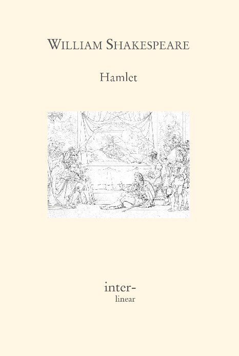 Buchcover von "Hamlet" von William Shakespeare. - Text: Act I - 1. Scene: Francisco on the watch, enter Barnardo. Barnardo: Who’s there? Francisco: Nay, answer me! Stand and unfold yourself! Barnardo: Long live the king! Francisco: Barnardo? Barnardo: He! Francisco: You come most carefully upon your hour. Barnardo: ’Tis now struck twelve. Get thee to bed, Francisco! Francisco: For this relief much thanks! ’Tis bitter cold, And I am sick at heart. Barnardo: Have you had quiet guard? Francisco: Not a mouse stirring. Barnardo: Well, good night! If you do meet Horatio and Marcellus, The rivals of my watch, bid them make haste! Francisco: I think I hear them. Enter Horatio and Marcellus Stand ho! Who is there? Horatio: Friends to this ground ... Marcellus: ... and liegemen to the Dane. Francisco: Give you good night! Marcellus: O, farewell, honest soldier! Who hath relieved you? Francisco: Barnardo hath my place. Give you good night! Exit. Marcellus: Holla, Barnardo! Barnardo: Say! What, is Horatio there? Horatio gives his hand: A piece of him. Barnardo: Welcome Horatio! Welcome good Marcellus! Marcellus: What, has this thing appeared again tonight? Barnardo: I have seen nothing. Marcellus: Horatio says ’tis but our fantasy And will not let belief take hold of him Touching this dreaded sight twice seen of us. Therefore I have entreated him along With us to watch the minutes of this night That, if again this apparition come, He may approve our eyes and speak to it. Horatio: Tush, tush, ’twill not appear. Barnardo: Sit down awhile And let us once again assail your ears, That are so fortified against our story, What we have two nights seen. Horatio: Well, sit we down And let us hear Barnardo speak of this! Barnardo: Last night of all, When yond same star that’s westward from the pole Had made his course t’ illume that part of heaven, Where now it burns, Marcellus and myself, The bell then beating one ... Enter the ghost Marcellus: Peace, break thee off! Look where it comes again! Barnardo: In the same figure like the king that’s dead. Marcellus: Thou art a scholar. Speak to it, Horatio! Barnardo: Looks ’a not like the king? Mark it, Horatio! Horatio: Most like. It harrows me with fear and wonder. Barnardo: It would be spoke to. Marcellus: Speak to it, Horatio! Horatio to the ghost: What art thou that usurp’st this time of night Together with that fair and warlike form In which the majesty of buried Denmark Did sometimes march? By heaven I charge thee, speak! Marcellus: It is offended. Barnardo: See, it stalks away! Horatio: Stay! Speak, speak! I charge thee, speak! Exit ghost. Marcellus: ’Tis gone and will not answer. Barnardo: How now, Horatio? You tremble and look pale. Is not this something more than fantasy? What think you on’t? Horatio: Before my God, I might not this believe Without the sensible and true avouch Of mine own eyes. Marcellus: Is it not like the king? Horatio: As thou art to thyself. Such was the very armour he had on When he the ambitious Norway combated. So frowned he once, when in an angry parle He smote the sledded Polacks on the ice. ’Tis strange. Marcellus: Thus twice before and jump at this dead hour With martial stalk hath he gone by our watch. Horatio: In what particular thought to work, I know not, But in the gross and scope of mine opinion This bodes some strange eruption to our state. Marcellus: Good now, sit down, and tell me he that knows Why this same strict and most observant watch So nightly toils the subject of the land, And with such daily cast of brazen cannon And foreign mart for implements of war, Why such impress of shipwrights, whose sore task Does not divide the Sunday from the week. What might be toward that this sweaty haste Doth make the night joint-labourer with the day? Who is’t that can inform me? Horatio: That can I. At least the whisper goes so: Our last king, Whose image even but now appeared to us, Was, as you know, by Fortinbras of Norway – Thereto pricked on by a most emulate pride – Dared to the combat, in which our valiant Hamlet – For so this side of our known world esteemed him – Did slay this Fortinbras, who, by a sealed compact Well ratified by law and heraldry, Did forfeit with his life all these his lands Which he stood seized of to the conqueror, Against the which a moiety competent Was gaged by our king, which had return To the inheritance of Fortinbras, Had he been vanquisher, as, by the same covenant And carriage of the article design, His fell to Hamlet. Now, sir, young Fortinbras, Of unimproved mettle, hot and full, Hath in the skirts of Norway here and there Sharked up a list of lawless resolutes For food and diet to some enterprise, That hath a stomach in’t, which is no other, As it doth well appear unto our state, But to recover of us by strong hand And terms compulsatory those foresaid lands So by his father lost. And this, I take it, Is the main motive of our preparations, The source of this our watch and the chief head Of this post-haste and rummage in the land. Barnardo: I think it be no other but e’en so. Well may it sort that this portentous figure Comes armed through our watch so like the king, That was and is the question of these wars. Horatio: A mote it is to trouble the mind’s eye. In the most high and palmy state of Rome A little ere the mightiest Julius fell The graves stood tenantless, and the sheeted dead Did squeak and gibber in the Roman streets As stars with trains of fire and dews of blood, Disasters in the sun; and the moist star Upon whose influence Neptune’s empire stands Was sick almost to doomsday with eclipse. And even the like precurse of feared events, As harbingers preceding still the fates And prologue to the omen coming on, Have heaven and earth together demonstrated Unto our climatures and countrymen. Enter the ghost But soft, behold, lo where it comes again! I’ll cross it, though it blast me. Stay, illusion! He spreads his arms. If thou hast any sound or use of voice, Speak to me! If there be any good thing to be done That may to thee do ease and grace to me, Speak to me! If thou art privy to thy country’s fate, Which happily foreknowing may avoid, O, speak! Or if thou hast uphoarded in thy life Extorted treasure in the womb of earth, For which, they say, you spirits oft walk in death, Speak of it! The cock crows. Stay and speak! Stop it, Marcellus! Marcellus: Shall I strike it with my partisan? Horatio: Do, if it will not stand! Barnardo: ’Tis here. Horatio: ’Tis here. Exit ghost. Marcellus: ’Tis gone! We do it wrong, being so majestical, To offer it the show of violence, For it is as the air invulnerable And our vain blows malicious mockery. Barnardo: It was about to speak when the cock crew. Horatio: And then it started, like a guilty thing Upon a fearful summons. I have heard The cock, that is the trumpet to the morn, Doth with his lofty and shrill-sounding throat Awake the god of day, and at his warning, Whether in sea or fire, in earth or air, Th’ extravagant and erring spirit hies To his confine. And of the truth herein This present object made probation. Marcellus: It faded on the crowing of the cock. Some say that ever ’gainst that season comes, Wherein our Saviour’s birth is celebrated, This bird of dawning singeth all night long, And then, they say, no spirit dares stir abroad, The nights are wholesome, then no planets strike, No fairy takes, nor witch hath power to charm. So hallowed and so gracious is that time. Horatio: So have I heard and do in part believe it. But look, the morn in russet mantle clad Walks o’er the dew of yon high eastward hill. Break we our watch up! And by my advice Let us impart what we have seen tonight Unto young Hamlet, for, upon my life, This spirit, dumb to us, will speak to him. Do you consent we shall acquaint him with it, As needful in our loves, fitting our duty? Marcellus: Let’s do’t, I pray. And I this morning know Where we shall find him most conveniently. Exeunt. 2. Scene Flourish. Enter Claudius, King of Denmark, Gertrude, the queen, and the council, including Polonius with his son Laertes, Hamlet, Voltemand and Cornelius. King: Though yet of Hamlet our dear brother’s death The memory be green and that it us befitted To bear our hearts in grief and our whole kingdom To be contracted in one brow of woe, Yet so far hath discretion fought with nature That we with wisest sorrow think on him Together with remembrance of ourselves. Therefore our sometime sister, now our queen, Th’ imperial jointress to this warlike state, Have we, as ’twere with a defeated joy, With an auspicious and a dropping eye, With mirth in funeral and with dirge in marriage, In equal scale weighing delight and dole, Taken to wife. Nor have we herein barred Your better wisdoms, which have freely gone With this affair along. For all, our thanks! Now follows that you know: Young Fortinbras, Holding a weak supposal of our worth, Or thinking by our late dear brother’s death Our state to be disjoint and out of frame, Co-leagued with this dream of his advantage, He hath not failed to pester us with message Importing the surrender of those lands Lost by his father with all bands of law To our most valiant brother. So much for him! Now for ourself and for this time of meeting: Thus much the business is: we have here writ To Norway, uncle of young Fortinbras, Who, impotent and bedrid, scarcely hears Of this his nephew’s purpose, to suppress His further gait herein, in that the levies, The lists and full proportions are all made Out of his subject. And we here dispatch You, good Cornelius, and you, Voltemand, For bearers of this greeting to old Norway, Giving to you no further personal power To business with the king more than the scope Of these delated articles allow. He hands over papers. Farewell! And let your haste commend your duty. Voltemand and Cornelius: In that and all things will we show our duty. King: We doubt it nothing. Heartily farewell! Exeunt Voltemand and Cornelius. And now, Laertes, what’s the news with you? You told us of some suit. What is’t, Laertes? You cannot speak of reason to the Dane And lose your voice. What wouldst thou beg, Laertes, That shall not be my offer, not thy asking? The head is not more native to the heart, The hand more instrumental to the mouth Than is the throne of Denmark to thy father. What wouldst thou have, Laertes? Laertes: My dread lord, Your leave and favour to return to France, From whence though willingly I came to Denmark To show my duty in your coronation, Yet now I must confess, that duty done, My thoughts and wishes bend again toward France And bow them to your gracious leave and pardon. King: Have you your father’s leave? What says Polonius? Polonius: He hath, my lord, wrung from me my slow leave By laboursome petition, and at last Upon his will I sealed my hard consent. I do beseech you, give him leave to go! King: Take thy fair hour, Laertes! Time be thine, And thy best graces spend it at thy will. But now, my cousin Hamlet, and my son ... Hamlet aside: A little more than kin and less than kind! King: How is it that the clouds still hang on you? Hamlet: Not so, my lord, I am too much i’th’ sun. Queen: Good Hamlet, cast thy nighted colour off And let thine eye look like a friend on Denmark! Do not for ever with thy vailed lids Seek for thy noble father in the dust! Thou knowest ’tis common: All that lives must die, Passing through nature to eternity. Hamlet: Ay, madam, it is common. Queen: If it be, Why seems it so particular with thee? Hamlet: ‘Seems’, madam? Nay, it is! I know not ‘seems’. ’Tis not alone my inky cloak, good mother, Nor customary suits of solemn black, Nor windy suspiration of forced breath, No, nor the fruitful river in the eye, Nor the dejected haviour of the visage Together with all forms, moods, shapes of grief, That can denote me truly. These indeed ‘seem’, For they are actions that a man might play. But I have that within which passes show, These but the trappings and the suits of woe. King: ’Tis sweet and commendable in your nature, Hamlet, To give these mourning duties to your father, But you must know your father lost a father, That father lost, lost his, and the survivor bound In filial obligation for some term To do obsequious sorrow. But to persever In obstinate condolement is a course Of impious stubbornness, ’tis unmanly grief. It shows a will most incorrect to heaven, A heart unfortified or mind impatient, An understanding simple and unschooled. For what we know must be and is as common As any the most vulgar thing to sense, Why should we in our peevish opposition Take it to heart? Fie, ’tis a fault to heaven, A fault against the dead, a fault to nature, To reason most absurd, whose common theme Is: ‘death of fathers’, and who still hath cried, From the first corpse till he that died today: ‘This must be so’. We pray you throw to earth This unprevailing woe, and think of us As of a father! For, let the world take note, You are the most immediate to our throne; And with no less nobility of love Than that which dearest father bears his son Do I impart toward you. For your intent In going back to school in Wittenberg, It is most retrograde to our desire; And, we beseech you, bend you to remain Here in the cheer and comfort of our eye, Our chiefest courtier, cousin and our son. Queen: Let not thy mother lose her prayers, Hamlet! I pray thee stay with us! Go not to Wittenberg! Hamlet: I shall in all my best obey you, madam. King: Why, ’tis a loving and a fair reply. Be as ourself in Denmark. To the queen: Madam, come! This gentle and unforced accord of Hamlet Sits smiling to my heart, in grace whereof No jocund health, that Denmark drinks today, But the great cannon to the clouds shall tell, And the king’s rouse the heavens shall bruit again, Re-speaking earthly thunder. Come away! Flourish. Exeunt all but Hamlet Hamlet: O that this too too sullied flesh would melt, Thaw and resolve itself into a dew, Or that the Everlasting had not fixed His canon ’gainst self-slaughter. O God, God, How weary, stale, flat and unprofitable Seem to me all the uses of this world! Fie on’t, ah, fie, ’tis an unweeded garden That grows to seed. Things rank and gross in nature Possess it merely. That it should come to this! But two months dead, nay, not so much, not two! So excellent a king, that was to this Hyperion to a satyr, so loving to my mother That he might not beteem the winds of heaven Visit her face too roughly. Heaven and earth Must I remember? Why, she would hang on him As if increase of appetite had grown By what it fed on. And yet within a month ... Let me not think on’t! Frailty, thy name is woman. A little month, or e’er those shoes were old With which she followed my poor father’s body Like Niobe, all tears, why, she – O God, a beast that wants discourse of reason Would have mourned longer – married with my uncle, My father’s brother, but no more like my father Than I to Hercules. Within a month, Ere yet the salt of most unrighteous tears Had left the flushing in her galled eyes, She married. O, most wicked speed, to post With such dexterity to incestuous sheets! It is not, nor it cannot come to good. But break, my heart, for I must hold my tongue. Enter Horatio, Marcellus and Barnardo Horatio: Hail to your lordship! Hamlet: I am glad to see you well. Recognizing: Horatio, or I do forget myself! Horatio: The same, my lord, and your poor servant ever. Hamlet: Sir, my good friend! I’ll change that name with you. And what make you from Wittenberg, Horatio? Recognizing: Marcellus? Marcellus: My good lord! Hamlet: I am very glad to see you. To Barnardo: Good even, sir. To Horatio: But what, in faith, make you from Wittenberg? Horatio: A truant disposition, good my lord. Hamlet: I would not hear your enemy say so, Nor shall you do my ear that violence To make it truster of your own report Against yourself. I know you are no truant. But what is your affair in Elsinore? We’ll teach you to drink deep ere you depart. Horatio: My lord, I came to see your father’s funeral. Hamlet: I prithee do not mock me, fellow-student. I think it was to see my mother’s wedding. Horatio: Indeed, my lord, it followed hard upon. Hamlet: Thrift, thrift, Horatio: The funeral baked meats Did coldly furnish forth the marriage tables. Would I had met my dearest foe in heaven Or ever I had seen that day, Horatio! – My father, methinks I see my father. Horatio: Where, my lord? Hamlet: In my mind’s eye, Horatio. Horatio: I saw him once. ’A was a goodly king. Hamlet: ’A was a man. Take him for all in all, I shall not look upon his like again. Horatio: My lord, I think I saw him yesternight. Hamlet: Saw? Who? Horatio: My lord, the king your father. Hamlet: The king my father? Horatio: Season your admiration for a while With an attent ear till I may deliver Upon the witness of these gentlemen This marvel to you. Hamlet: For God’s love, let me hear! Horatio: Two nights together had these gentlemen, Marcellus and Barnardo, on their watch In the dead waste and middle of the night Been thus encountered: a figure like your father Armed at point exactly, cap-a-pe, Appears before them and with solemn march Goes slow and stately by them. Thrice he walked By their oppressed and fear-surprised eyes Within his truncheon’s length, whilst they, distilled Almost to jelly with the act of fear, Stand dumb and speak not to him. This to me In dreadful secrecy impart they did, And I with them the third night kept the watch, Where, as they had delivered, both in time, Form of the thing, each word made true and good, The apparition comes. I knew your father. These hands are not more like. Hamlet: But where was this? Marcellus: My lord, upon the platform where we watch. Hamlet: Did you not speak to it? Horatio: My lord, I did, But answer made it none. Yet once methought It lifted up it head and did address Itself to motion like as it would speak. But even then the morning cock crew loud, And at the sound it shrunk in haste away And vanished from our sight. Hamlet: ’Tis very strange. Horatio: As I do live, my honoured lord, ’tis true, And we did think it writ down in our duty To let you know of it. Hamlet: Indeed, sirs, but this troubles me. Hold you the watch tonight? All: We do, my lord! Hamlet: Armed, say you? All: Armed, my lord. Hamlet: From top to toe? All: My lord, from head to foot. Hamlet: Then saw you not his face? Horatio: O, yes, my lord. He wore his beaver up. Hamlet: What, looked he frowningly? Horatio: A countenance more in sorrow than in anger. Hamlet: Pale or red? Horatio: Nay, very pale. Hamlet: And fixed his eyes upon you? Horatio: Most constantly. Hamlet: I would I had been there. Horatio: It would have much amazed you. Hamlet: Very like. Stayed it long? Horatio: While one with moderate haste might tell a hundred. Marcellus and Barnardo: Longer, longer! Horatio: Not when I saw’t. Hamlet: His beard was grizzled, no? Horatio: It was as I have seen it in his life, A sable silvered. Hamlet: I will watch tonight. Perchance ’twill walk again. Horatio: I warrant it will. Hamlet: If it assume my noble father’s person, I’ll speak to it though hell itself should gape And bid me hold my peace. I pray you all, If you have hitherto concealed this sight, Let it be tenable in your silence still. And whatsoever else shall hap tonight, Give it an understanding but no tongue! I will requite your loves. So fare you well! Upon the platform ’twixt eleven and twelve I’ll visit you. All: Our duty to your honour! Hamlet: Your loves, as mine to you. Farewell! Exeunt all but Hamlet. My father’s spirit, in arms! All is not well. I doubt some foul play. Would the night were come! Till then sit still, my soul. Foul deeds will rise, Though all the earth o’erwhelm them, to men’s eyes. Exit. 3. Scene Enter Laertes and Ophelia. Laertes: My necessaries are embarked. Farewell! And, sister, as the winds give benefit And convey is assistant, do not sleep But let me hear from you. Ophelia: Do you doubt that? Laertes: For Hamlet and the trifling of his favour, Hold it a fashion and a toy in blood, A violet in the youth of primy nature, Forward, not permanent, sweet, not lasting, The perfume and suppliance of a minute, No more. Ophelia: No more but so? Laertes: Think it no more, For nature crescent does not grow alone In thews and bulk, but as this temple waxes The inward service of the mind and soul Grows wide withal. Perhaps he loves you now, And now no soil nor cautel doth besmirch The virtue of his will. But you must fear, His greatness weighed, his will is not his own, For he himself is subject to his birth. He may not, as unvalued persons do, Carve for himself, for on his choice depends The safety and health of this whole state. And therefore must his choice be circumscribed Unto the voice and yielding of that body Whereof he is the head. Then, if he says he loves you, It fits your wisdom so far to believe it As he in his particular act and place May give his saying deed, which is no further Than the main voice of Denmark goes withal. Then weigh what loss your honour may sustain, If with too credent ear you list his songs Or lose your heart or your chaste treasure open To his unmastered importunity. Fear it, Ophelia, fear it, my dear sister! And keep you in the rear of your affection Out of the shot and danger of desire. The chariest maid is prodigal enough, If she unmask her beauty to the moon. Virtue itself ’scapes not calumnious strokes. The canker galls the infants of the spring Too oft before their buttons be disclosed, And in the morn and liquid dew of youth Contagious blastments are most imminent. Be wary then! Best safety lies in fear. Youth to itself rebels, though none else near. Ophelia: I shall the effect of this good lesson keep As watchman to my heart. But, good my brother, Do not, as some ungracious pastors do, Show me the steep and thorny way to heaven, Whiles like a puffed and reckless libertine Himself the primrose path of dalliance treads And recks not his own rede. Laertes: O, fear me not! I stay too long. Enter Polonius But here my father comes. A double blessing is a double grace. Occasion smiles upon a second leave. Polonius: Yet here, Laertes? Aboard, aboard, for shame! The wind sits in the shoulder of your sail, And you are stayed for. There ... Making a gesture. my blessing with thee! And these few precepts in thy memory Look thou character: Give thy thoughts no tongue, Nor any unproportioned thought his act. Be thou familiar, but by no means vulgar. Those friends thou hast and their adoption tried, Grapple them unto thy soul with hoops of steel. But do not dull thy palm with entertainment Of each new-hatched, unfledged courage. Beware Of entrance to a quarrel, but being in, Bear’t that th’ opposed may beware of thee. Give every man thine ear, but few thy voice, Take each man’s censure, but reserve thy judgement. Costly thy habit as thy purse can buy, But not expressed in fancy, rich, not gaudy, For the apparel oft proclaims the man, And they in France of the best rank and station Are of a most select and generous chief in that. Neither a borrower nor a lender be, For loan oft loses both, itself and friend, And borrowing dulleth th’ edge of husbandry. This above all: to thine own self be true, And it must follow as the night the day Thou canst not then be false to any man. Farewell! My blessing season this in thee! Laertes: Most humbly do I take my leave, my lord. Polonius: The time invites you. Go! Your servants tend. Laertes: Farewell, Ophelia, and remember well What I have said to you! Ophelia: ’Tis in my memory locked, And you yourself shall keep the key of it. Laertes: Farewell! Exit. Polonius: What is’t, Ophelia, he hath said to you? Ophelia: So please you, something touching the Lord Hamlet. Polonius: Marry, well bethought! ’Tis told me he hath very oft of late Given private time to you, and you yourself Have of your audience been most free and bounteous. If it be so – as so ’tis put on me, And that in way of caution – I must tell you, You do not understand yourself so clearly As it behoves my daughter and your honour. What is between you? Give me up the truth! Ophelia: He hath, my lord, of late made many tenders Of his affection to me. Polonius: Affection? Pooh! You speak like a green girl, Unsifted in such perilous circumstance. Do you believe his ‘tenders’, as you call them? Ophelia: I do not know, my lord, what I should think. Polonius: Marry, I will teach you. Think yourself a baby That you have ta’en these tenders for true pay Which are not sterling. Tender yourself more dearly, Or – not to crack the wind of the poor phrase, Running it thus – you’ll tender me a fool. Ophelia: My lord, he hath importuned me with love In honourable fashion. Polonius: Ay, ‘fashion’ you may call it. Go to, go to! Ophelia: And hath given countenance to his speech, my lord, With almost all the holy vows of heaven. Polonius: Ay, springes to catch woodcocks. I do know, When the blood burns, how prodigal the soul Lends the tongue vows. These blazes, daughter, Giving more light than heat, extinct in both Even in their promise as it is a-making, You must not take for fire. From this time Be something scanter of your maiden presence. Set your entreatments at a higher rate Than a command to parle. For Lord Hamlet, Believe so much in him that he is young, And with a larger tether may he walk Than may be given you. In few, Ophelia, Do not believe his vows, for they are brokers Not of that dye which their investments show, But mere implorators of unholy suits, Breathing like sanctified and pious bawds, The better to beguile. This is for all: I would not, in plain terms, from this time forth Have you so: slander any moment leisure As to give words or talk with the Lord Hamlet. Look to’t, I charge you. Come your ways! Ophelia: I shall obey, my lord. Exeunt. 4. Scene Enter Hamlet, Horatio and Marcellus. Hamlet: The air bites shrewdly. It is very cold. Horatio: It is a nipping and an eager air. Hamlet: What hour now? Horatio: I think it lacks of twelve. Marcellus: No, it is struck. Horatio: Indeed? I heard it not. It then draws near the season Wherein the spirit held his wont to walk. A flourish of trumpets and two pieces of artillery go off What does this mean, my lord? Hamlet: The king doth wake tonight and takes his rouse, Keeps wassail, and the swaggering upspring reels. And as he drains his draughts of Rhenish down The kettledrum and trumpet thus bray out The triumph of his pledge. Horatio: Is it a custom? Hamlet: Ay, marry, is’t. But to my mind, though I am native here And to the manner born, it is a custom More honoured in the breach than the observance. This heavy-headed revel east and west Makes us traduced and taxed of other nations. They clepe us drunkards and with swinish phrase Soil our addition; and indeed it takes From our achievements, though performed at height, The pith and marrow of our attribute. So oft it chances in particular men That – for some vicious mole of nature in them, As in their birth, wherein they are not guilty, Since nature cannot choose his origin – By the o’ergrowth of some complexion, Oft breaking down the pales and forts of reason, Or by some habit that too much o’erleavens The form of plausive manners – that these men, Carrying, I say, the stamp of one defect, Being nature’s livery or fortune’s star, His virtues else, be they as pure as grace, As infinite as man may undergo, Shall in the general censure take corruption From that particular fault. The dram of evil Doth all the noble substance of a doubt, To his own scandal ... Enter the ghost Horatio: Look, my lord, it comes! Hamlet: Angels and ministers of grace defend us! Be thou a spirit of health or goblin damned, Bring with thee airs from heaven or blasts from hell, Be thy intents wicked or charitable, Thou com’st in such a questionable shape That I will speak to thee. I’ll call thee Hamlet, King, father, royal Dane. O, answer me! Let me not burst in ignorance but tell Why thy canonized bones, hearsed in death, Have burst their cerements, why the sepulchre, Wherein we saw thee quietly interred, Hath oped his ponderous and marble jaws To cast thee up again. What may this mean That thou, dead corpse, again in complete steel, Revisits thus the glimpses of the moon, Making night hideous, and we fools of nature So horridly to shake our disposition With thoughts beyond the reaches of our souls? Say, why is this? Wherefore? What should we do? The ghost beckons him. Horatio: It beckons you to go away with it, As if it some impartment did desire To you alone. Marcellus: Look with what courteous action It waves you to a more removed ground. But do not go with it! Horatio: No, by no means. Hamlet: It will not speak. Then I will follow it. Horatio: Do not, my lord! Hamlet: Why, what should be the fear? I do not set my life at a pin’s fee. And for my soul, what can it do to that, Being a thing immortal as itself? It waves me forth again. I’ll follow it. Horatio: What if it tempt you toward the flood, my lord, Or to the dreadful summit of the cliff, That beetles o’er his base into the sea, And there assume some other, horrible form, Which might deprive your sovereignty of reason And draw you into madness? Think of it! The very place puts toys of desperation Without more motive into every brain, That looks so many fathoms to the sea And hears it roar beneath. Hamlet: It waves me still. To ghost: Go on! I’ll follow thee. Marcellus: You shall not go, my lord. Hamlet: Hold off your hands! Horatio: Be ruled! You shall not go. Hamlet: My fate cries out And makes each petty artery in this body As hardy as the Nemean lion’s nerve. Still am I called. Unhand me, gentlemen! By heaven, I’ll make a ghost of him that lets me. I say, away! Go on! I’ll follow thee. Exeunt ghost and Hamlet. Horatio: He waxes desperate with imagination. Marcellus: Let’s follow! ’Tis not fit thus to obey him. Horatio: Have after! To what issue will this come? Marcellus: Something is rotten in the state of Denmark. Horatio: Heaven will direct it. Marcellus: Nay, let’s follow him! Exeunt. 5. Scene Enter the ghost and Hamlet. Hamlet: Whither wilt thou lead me? Speak! I’ll go no further. Ghost: Mark me! Hamlet: I will. Ghost: My hour is almost come, When I to sulphurous and tormenting flames Must render up myself. Hamlet: Alas, poor ghost! Ghost: Pity me not, but lend thy serious hearing To what I shall unfold. Hamlet: Speak! I am bound to hear. Ghost: So art thou to revenge, when thou shalt hear. Hamlet: What? Ghost: I am thy father’s spirit, Doomed for a certain term to walk the night And for the day confined to fast in fires, Till the foul crimes done in my days of nature Are burnt and purged away. But that I am forbid To tell the secrets of my prison-house, I could a tale unfold whose lightest word Would harrow up thy soul, freeze thy young blood, Make thy two eyes like stars start from their spheres, Thy knotted and combined locks to part And each particular hair to stand on end Like quills upon the fearful porpentine. But this eternal blazon must not be To ears of flesh and blood. List, list, O list! If thou didst ever thy dear father love ... Hamlet: O God! Ghost: ... revenge his foul and most unnatural murder! Hamlet: Murder? Ghost: Murder most foul, as in the best it is, But this most foul, strange and unnatural. Hamlet: Haste me to know’t that I with wings as swift As meditation or the thoughts of love May sweep to my revenge. Ghost: I find thee apt. And duller shouldst thou be than the fat weed That roots itself in ease on Lethe wharf, Wouldst thou not stir in this. Now, Hamlet, hear: ’Tis given out that, sleeping in my orchard, A serpent stung me. So the whole ear of Denmark Is by a forged process of my death Rankly abused. But know, thou noble youth, The serpent, that did sting thy father’s life, Now wears his crown. Hamlet: O my prophetic soul! My uncle? Ghost: Ay, that incestuous, that adulterate beast, With witchcraft of his wit, with traitorous gifts – O wicked wit and gifts, that have the power So to seduce! – won to his shameful lust The will of my most seeming-virtuous queen. O Hamlet, what a falling off was there, From me, whose love was of that dignity That it went hand in hand even with the vow I made to her in marriage, and to decline Upon a wretch whose natural gifts were poor To those of mine! But Virtue as it never will be moved, Though Lewdness court it in a shape of heaven, So Lust, though to a radiant angel linked, Will sate itself in a celestial bed And prey on garbage. But soft, methinks I scent the morning air. Brief let me be: Sleeping within my orchard, My custom always of the afternoon, Upon my secure hour thy uncle stole With juice of cursed hebona in a vial, And in the porches of my ears did pour The leperous distilment, whose effect Holds such an enmity with blood of man That swift as quicksilver it courses through The natural gates and alleys of the body, And with a sudden vigour it doth possess And curd like eager droppings into milk The thin and wholesome blood. So did it mine. And a most instant tetter barked about Most lazar-like with vile and loathsome crust All my smooth body. Thus was I sleeping by a brother’s hand Of life, of crown, of queen at once dispatched, Cut off even in the blossoms of my sin, Unhouseled, disappointed, unaneled, No reckoning made, but sent to my account With all my imperfections on my head. O, horrible! O, horrible! Most horrible! If thou hast nature in thee, bear it not! Let not the royal bed of Denmark be A couch for luxury and damned incest. But howsomever thou pursues this act, Taint not thy mind, nor let thy soul contrive Against thy mother aught. Leave her to heaven And to those thorns that in her bosom lodge To prick and sting her. Fare thee well at once! The glow-worm shows the matin to be near And ’gins to pale his uneffectual fire. Adieu, adieu, adieu, remember me! Exit. Hamlet: O all you host of heaven! O earth, what else? And shall I couple hell? O, fie! Hold, hold, my heart! And you, my sinews, grow not instant old, But bear me stiffly up. Remember thee? Ay, thou poor ghost, whiles memory holds a seat In this distracted globe. Remember thee? Yea, from the table of my memory I’ll wipe away all trivial fond records, All saws of books, all forms, all pressures past, That youth and observation copied there, And thy commandment all alone shall live Within the book and volume of my brain, Unmixed with baser matter. Yes, by heaven, O most pernicious woman! O villain, villain, smiling, damned villain! My tables! Meet it is I set it down That one may smile and smile and be a villain. At least I am sure it may be so in Denmark. He writes. So, uncle, there you are. Now to my word! It is: ‘Adieu, adieu, remember me!’ I have sworn ’t. Horatio and Marcellus from within Horatio: My lord, my lord! Marcellus: Lord Hamlet! Horatio: Heavens secure him! Hamlet: So be it! Horatio: Illo, ho, ho, my lord! Hamlet: Hillo, ho, ho, boy, come and come! Enter Horatio and Marcellus Marcellus: How is’t, my noble lord? Horatio: What news, my lord? Hamlet: O, wonderful! Horatio: Good my lord, tell it! Hamlet: No, you will reveal it. Horatio: Not I, my lord, by heaven. Marcellus: Nor I, my lord. Hamlet: How say you then? Would heart of man once think it ... But you’ll be secret? Horatio and Marcellus: Ay, by heaven! Hamlet: There’s never a villain dwelling in all Denmark, But he’s an arrant knave. Horatio: There needs no ghost, my lord, come from the grave To tell us this. Hamlet: Why, right, you are in the right, And so without more circumstance at all I hold it fit that we shake hands and part, You as your business and desire shall point you – For every man hath business and desire Such as it is – and for my own poor part I will go pray. Horatio: These are but wild and whirling words, my lord. Hamlet: I’m sorry they offend you, heartily, Yes, faith, heartily. Horatio: There’s no offence, my lord. Hamlet: Yes, by Saint Patrick, but there is, Horatio, And much offence too. Touching this vision here, It is an honest ghost. That let me tell you! For your desire to know what is between us, O’ermaster it as you may. And now, good friends, As you are friends, scholars and soldiers, Give me one poor request! Horatio: What is’t, my lord? We will. Hamlet: Never make known what you have seen tonight. Horatio and Marcellus: My lord, we will not. Hamlet: Nay, but swear’t! Horatio: In faith, my lord, not I. Marcellus: Nor I, my lord, in faith. Hamlet: Upon my sword! Marcellus: We have sworn, my lord, already. Hamlet: Indeed, upon my sword, indeed. Ghost under the stage: Swear! Hamlet: Ha, ha, boy, sayst thou so? Art thou there, truepenny? Come on! You hear this fellow in the cellarage. Consent to swear! Horatio: Propose the oath, my lord! Hamlet: Never to speak of this that you have seen, Swear by my sword! Ghost beneath: Swear! Hamlet: Hic et ubique? Then we’ll shift our ground. Come hither, gentlemen, and lay your hands Again upon my sword! Swear by my sword Never to speak of this that you have heard! Ghost beneath: Swear by his sword! Hamlet: Well said, old mole! Canst work i’th’ earth so fast? A worthy pioneer! Once more remove, good friends! Horatio: O day and night, but this is wondrous strange! Hamlet: And therefore as a stranger give it welcome: There are more things in heaven and earth, Horatio, Than are dreamt of in your philosophy. But come, Here as before, never – so help you mercy – How strange or odd some’er I bear myself – As I perchance hereafter shall think meet To put an antic disposition on – That you, at such times seeing me, never shall With arms encumbered thus or this headshake Or by pronouncing of some doubtful phrase, As ‘Well, well, we know’ or ‘We could, an if we would’ Or ‘If we list to speak’ or ‘There be, an if they might’ Or such ambiguous giving out, to note That you know aught of me. This do swear, So grace and mercy at your most need help you. Ghost beneath: Swear! Hamlet: Rest, rest, perturbed spirit! — So, gentlemen, With all my love I do commend me to you, And what so poor a man, as Hamlet is, May do t’ express his love and friending to you, God willing, shall not lack. Let us go in together, And still your fingers on your lips, I pray. The time is out of joint. O, cursed spite, That ever I was born to set it right! Nay, come, let’s go together! Exeunt. Act II 1. Scene Enter Polonius with his man Reynaldo. Polonius: Give him this money and these notes, Reynaldo! Reynaldo: I will, my lord. Polonius: You shall do marvellous wisely, good Reynaldo, Before you visit him, to make inquire Of his behaviour. Reynaldo: My lord, I did intend it. Polonius: Marry, well said, very well said. Look you, sir, Inquire me first what Danskers are in Paris, And how, and who, what means, and where they keep, What company at what expense, and finding By this encompassment and drift of question That they do know my son, come you more nearer Than your particular demands will touch it. Take you as ’twere some distant knowledge of him, As thus: ‘I know his father and his friends And in part him’. Do you mark this, Reynaldo? Reynaldo: Ay, very well, my lord. Polonius: ‘And in part him, but’, you may say, ‘not well, But if’t be he I mean, he’s very wild, Addicted so and so’. And there put on him What forgeries you please, marry, none so rank As may dishonour him – take heed of that – But, sir, such wanton, wild and usual slips As are companions noted and most known To youth and liberty. Reynaldo: As gaming, my lord. Polonius: Ay, or drinking, fencing, swearing, Quarrelling, drabbing. You may go so far. Reynaldo: My lord, that would dishonour him. Polonius: Faith, no, as you may season it in the charge. You must not put another scandal on him, That he is open to incontinency – That’s not my meaning – but breathe his faults so quaintly That they may seem the taints of liberty, The flash and outbreak of a fiery mind, A savageness in unreclaimed blood, Of general assault. Reynaldo: But my good lord ... Polonius: Wherefore should you do this? Reynaldo: Ay, my lord, I would know that. Polonius: Marry, sir, here’s my drift, And I believe it is a fetch of warrant. You laying these slight sullies on my son, As ’twere a thing a little soiled with working, Mark you, your party in converse, him you would sound, Having ever seen in the prenominate crimes The youth you breathe of guilty, be assured He closes with you in this consequence: ‘Good sir’, or so, or ‘friend’ or ‘gentleman’, According to the phrase or the addition Of man and country. Reynaldo: Very good, my lord! Polonius: And then, sir, does ’a this, ’a does ... What was I about to say? By the mass, I was about to say something! Where did I leave? Reynaldo: At ‘closes in the consequence’. Polonius: At ‘closes in the consequence’. Ay, marry! He closes thus: ‘I know the gentleman. I saw him yesterday or th’ other day Or then or then, with such or such and, as you say, There was ’a gaming, there o’ertook in’s rouse, There falling out at tennis, or perchance: ‘I saw him enter such a house of sale’, Videlicet a brothel or so forth. See you now, Your bait of falsehood takes this carp of truth, And thus do we of wisdom and of reach With windlasses and with assays of bias By indirections find directions out: So by my former lecture and advice Shall you my son. You have me, have you not? Reynaldo: My lord, I have. Polonius: God bye ye, fare ye well! Reynaldo: Good my lord. Polonius: Observe his inclination in yourself. Reynaldo: I shall, my lord. Polonius: And let him ply his music. Reynaldo: Well, my lord. Polonius: Farewell! Exit Reynaldo. Enter Ophelia How now, Ophelia, what’s the matter? Ophelia: O my lord, my lord, I have been so affrighted! Polonius: With what, i’th’ name of God? Ophelia: My lord, as I was sewing in my closet, Lord Hamlet, with his doublet all unbraced, No hat upon his head, his stockings fouled, Ungartered and down-gyved to his ankle, Pale as his shirt, his knees knocking each other, And with a look so piteous in purport As if he had been loosed out of hell To speak of horrors, he comes before me. Polonius: Mad for thy love? Ophelia: My lord, I do not know, But truly I do fear it. Polonius: What said he? Ophelia: He took me by the wrist and held me hard. Then goes he to the length of all his arm And with his other hand thus o’er his brow He falls to such perusal of my face As ’a would draw it. Long stayed he so. At last, a little shaking of mine arm And thrice his head thus waving up and down, He raised a sigh so piteous and profound As it did seem to shatter all his bulk And end his being. That done, he lets me go, And with his head over his shoulder turned He seemed to find his way without his eyes, For out o’ doors he went without their helps, And to the last bended their light on me. Polonius: Come, go with me! I will go seek the king. This is the very ecstasy of love, Whose violent property fordoes itself And leads the will to desperate undertakings, As oft as any passions under heaven That does afflict our natures. I am sorry. What, have you given him any hard words of late? Ophelia: No, my good lord! But, as you did command, I did repel his letters and denied His access to me. Polonius: That hath made him mad. I am sorry that with better heed and judgement I had not quoted him. I feared he did but trifle And meant to wrack thee. But beshrew my jealousy! By heaven, it is as proper to our age To cast beyond ourselves in our opinions As it is common for the younger sort To lack discretion. Come, go we to the king! This must be known, which, being kept close, might move More grief to hide than hate to utter love. Come! Exeunt. 2. Scene Flourish. Enter the king and queen, Rosencrantz, Guildenstern and at tendants. King: Welcome, dear Rosencrantz and Guildenstern! Moreover that we much did long to see you, The need we have to use you did provoke Our hasty sending. Something have you heard Of Hamlet’s transformation, so call it, Sith nor th’ exterior nor the inward man Resembles that it was. What it should be More than his father’s death, that thus hath put him So much from th’ understanding of himself, I cannot dream of. I entreat you both That, being of so young days brought up with him And sith so neighboured to his youth and ’haviour, That you vouchsafe your rest here in our court Some little time, so by your companies To draw him on to pleasures and to gather So much as from occasion you may glean, Whether aught to us unknown afflicts him thus, That opened lies within our remedy. Queen: Good gentlemen, he hath much talked of you, And sure I am, two men there is not living, To whom he more adheres. If it will please you, To show us so much gentry and good will As to expend your time with us awhile For the supply and profit of our hope, Your visitation shall receive such thanks As fits a king’s remembrance. Rosencrantz: Both your majesties Might by the sovereign power you have of us Put your dread pleasures more into command Than to entreaty. Guildenstern: But we both obey And here give up ourselves in the full bent, To lay our service freely at your feet To be commanded. King: Thanks, Rosencrantz and gentle Guildenstern! Queen: Thanks, Guildenstern and gentle Rosencrantz! And I beseech you instantly to visit My too much changed son. To attendants: Go, some of you, And bring these gentlemen where Hamlet is. Guildenstern: Heavens make our presence and our practices Pleasant and helpful to him! Queen: Ay, amen! Exeunt Rosencrantz and Guildenstern. Enter Polonius Polonius: The ambassadors from Norway, my good lord, Are joyfully returned. King: Thou still hast been the father of good news. Polonius: Have I, my lord? I assure you, my good liege, I hold my duty as I hold my soul, Both to my God and to my gracious king. And I do think – or else this brain of mine Hunts not the trail of policy so sure As it hath used to do – that I have found The very cause of Hamlet’s lunacy. King: O, speak of that! That do I long to hear. Polonius: Give first admittance to th’ ambassadors! My news shall be the fruit to that great feast. King: Thyself do grace to them and bring them in! Exit Polonius. He tells me, my dear Gertrude, he hath found The head and source of all your son’s distemper. Queen: I doubt it is no other but the main, His father’s death and our o’erhasty marriage. King: Well, we shall sift him. Enter Voltemand and Cornelius with Polonius Welcome, my good friends! Say, Voltemand, what from our brother Norway? Voltemand: Most fair return of greetings and desires! Upon our first he sent out to suppress His nephew’s levies, which to him appeared To be a preparation ’gainst the Polack, But better looked into he truly found It was against your highness, whereat grieved That so his sickness, age and impotence Was falsely borne in hand sends out arrests On Fortinbras, which he in brief obeys, Receives rebuke from Norway and in fine Makes vow before his uncle never more To give th’ assay of arms against your majesty. Whereon old Norway, overcome with joy, Gives him threescore thousand crowns in annual fee And his commission to employ those soldiers, So levied as before, against the Polack,	 With an entreaty herein further shown ... He gives him a paper. That it might please you to give quiet pass Through your dominions for this enterprise On such regards of safety and allowance As therein are set down. King: It likes us well. And at our more considered time we’ll read, Answer and think upon this business. Meantime we thank you for your well-took labour. Go to your rest! At night we’ll feast together. Most welcome home! Exeunt ambassadors. Polonius: This business is well ended. My liege and madam, to expostulate What majesty should be, what duty is, Why day is day, night night and time is time, Were nothing but to waste night, day and time. Therefore, since brevity is the soul of wit And tediousness the limbs and outward flourishes, I will be brief: Your noble son is mad. Mad call I it, for to define true madness, What is’t but to be nothing else but mad? But let that go! Queen: More matter with less art! Polonius: Madam, I swear I use no art at all. That he’s mad, ’tis true. ’Tis true, ’tis pity; And pity ’tis, ’tis true. A foolish figure, But farewell it, for I will use no art. Mad let us grant him then. And now remains That we find out the cause of this effect, Or rather say, the cause of this defect, For this effect defective comes by cause. Thus it remains ... and the remainder thus ... Perpend! I have a daughter – ‘have’ while she is mine – Who in her duty and obedience, mark, Hath given me this. Now gather and surmise! He reads the letter: ‘To the celestial and my soul’s idol, the most beautified Ophelia’ — That’s an ill phrase, a vile phrase. ‘beautified’ is a vile phrase. But you shall hear. Thus: ‘In her excellent white bosom, these ...’ Queen: Came this from Hamlet to her? Polonius: Good madam, stay awhile. I will be faithful. He reads: ‘Doubt thou the stars are fire, Doubt that the sun doth move, Doubt truth to be a liar, But never doubt I love. O dear Ophelia, I am ill at these numbers. I have not art to reckon my groans, but that I love thee best, O most best, believe it. Adieu! Thine evermore, most dear lady, whilst this machine is to him, Hamlet.’ This in obedience hath my daughter shown me, And more above hath his solicitings, As they fell out by time, by means and place, All given to mine ear. King: But how hath she Received his love? Polonius: What do you think of me? King: As of a man faithful and honourable. Polonius: I would fain prove so. But what might you think When I had seen this hot love on the wing – As I perceived it, I must tell you that, Before my daughter told me – what might you, Or my dear majesty your queen here, think If I had played the desk or table-book Or given my heart a winking, mute and dumb, Or looked upon this love with idle sight? What might you think? No, I went round to work And my young mistress thus I did bespeak: ‘Lord Hamlet is a prince, out of thy star. This must not be.’ And then I prescripts gave her That she should lock herself from his resort, Admit no messengers, receive no tokens. Which done, she took the fruits of my advice, And he, repelled, a short tale to make, Fell into a sadness, then into a fast, Thence to a watch, thence into a weakness, Thence to a lightness and by this declension Into the madness wherein now he raves And all we mourn for. King: Do you think ’tis this? Queen: It may be, very like. Polonius: Hath there been such a time – I would fain know that – That I have positively said: ’Tis so, When it proved otherwise? King: Not that I know. Polonius with gestures: Take this from this, if this be otherwise. If circumstances lead me, I will find Where truth is hid, though it were hid indeed Within the centre. King: How may we try it further? Polonius: You know sometimes he walks four hours together Here in the lobby. Queen: So he does indeed. Polonius: At such a time I’ll loose my daughter to him. Be you and I behind an arras then. Mark the encounter! If he love her not And be not from his reason fallen thereon, Let me be no assistant for a state But keep a farm and carters. King: We will try it. Enter Hamlet Queen: But look where sadly the poor wretch comes reading. Polonius: Away, I do beseech you both, away! I’ll board him presently. O, give me leave! Exeunt king and queen. To the prince: How does my good Lord Hamlet? Hamlet: Well, God-a-mercy! Polonius: Do you know me, my lord? Hamlet: Excellent well! You are a fishmonger. Polonius: Not I, my lord. Hamlet: Then I would you were so honest a man. Polonius: Honest, my lord? Hamlet: Ay, sir! To be honest, as this world goes, is to be one man picked out of ten thousand. Polonius: That’s very true, my lord. Hamlet: For if the sun breed maggots in a dead dog, being a good kis sing carrion ... Have you a daughter? Polonius: I have, my lord. Hamlet: Let her not walk i’th’ sun! Conception is a blessing, but as your daughter may conceive, friend, look to’t. Polonius aside: How say you by that? Still harping on my daughter! Yet he knew me not at first. ’A said I was a fishmonger. ’A is far gone, far gone. And truly, in my youth I suffered much extremity for love, very near this. I’ll speak to him again: What do you read, my lord? Hamlet: Words, words, words. Polonius: What is the matter, my lord? Hamlet: Between who? Polonius: I mean the matter that you read, my lord. Hamlet: Slanders, sir! For the satirical rogue says here that old men have grey beards, that their faces are wrinkled, their eyes purging thick amber and plum-tree gum, and that they have a plentiful lack of wit together with most weak hams, all which, sir, though I most powerfully and potently believe, yet I hold it not honesty to have it thus set down. For yourself, sir, shall grow old as I am, if like a crab you could go backward. Polonius aside: Though this be madness, yet there is method in’t. — Will you walk out of the air, my lord? Hamlet: Into my grave? Polonius: Indeed, that’s out of the air. Aside: How pregnant some times his replies are, a happiness that often madness hits on, which reason and sanity could not so prosperously be delivered of. I will leave him and suddenly contrive the means of meeting between him and my daughter. — My honourable lord, I will most humbly take my leave of you. Hamlet: You cannot, sir, take from me anything, that I will not more willingly part withal, except my life, except my life, except my life. Polonius: Fare you well, my lord! Hamlet: These tedious old fools! Enter Guildenstern and Rosencrantz Polonius: You go to seek the Lord Hamlet? There he is. Rosencrantz to Polonius: God save you, sir! Exit Polonius. Guildenstern: My honoured lord! Rosencrantz: My most dear lord! Hamlet: My excellent good friends! How dost thou, Guildenstern? — Ah, Rosencrantz! Good lads, how do you both? Rosencrantz: As the indifferent children of the earth. Guildenstern: Happy, in that we are not ever happy. On Fortune’s cap we are not the very button. Hamlet: Nor the soles of her shoe? Rosencrantz: Neither, my lord. Hamlet: Then you live about her waist or in the middle of her fa vours? Guildenstern: Faith, her privates we. Hamlet: In the secret parts of Fortune? O, most true! She is a strum pet. What news? Rosencrantz: None, my lord, but that the world’s grown honest. Hamlet: Then is doomsday near. But your news is not true. Let me question more in particular: What have you, my good friends, de served at the hands of Fortune that she sends you to prison hither? Guildenstern: Prison, my lord? Hamlet: Denmark’s a prison. Rosencrantz: Then is the world one. Hamlet: A goodly one, in which there are many confines, wards and dungeons, Denmark being one o’th’ worst. Rosencrantz: We think not so, my lord. Hamlet: Why, then ’tis none to you, for there is nothing either good or bad, but thinking makes it so. To me it is a prison. Rosencrantz: Why, then your ambition makes it one. ’Tis too narrow for your mind. Hamlet: O God, I could be bounded in a nutshell and count myself a king of infinite space, were it not that I have bad dreams. Guildenstern: Which dreams, indeed, are ambition, for the very sub stance of the ambitious is merely the shadow of a dream. Hamlet: A dream itself is but a shadow. Rosencrantz: Truly! And I hold ambition of so airy and light a quality that it is but a shadow’s shadow. Hamlet: Then are our beggars bodies and our monarchs and out stretched heroes the beggars’ shadows. Shall we to th’ court? For, by my fay, I cannot reason. Rosencrantz and Guildenstern: We’ll wait upon you. Hamlet: No such matter. I will not sort you with the rest of my serv ants, for – to speak to you like an honest man – I am most dreadfully attended. But in the beaten way of friendship, what make you at Elsinore? Rosencrantz: To visit you, my lord, no other occasion. Hamlet: Beggar that I am, I am ever poor in thanks, but I thank you, and sure, dear friends, my thanks are too dear a halfpenny. Were you not sent for? Is it your own inclining? Is it a free visitation? Come, come, deal justly with me! Come, come, nay, speak! Guildenstern: What should we say, my lord? Hamlet: Why, anything but to th’ purpose. You were sent for! And there is a kind of confession in your looks, which your modesties have not craft enough to colour. I know the good king and queen have sent for you. Rosencrantz: To what end, my lord? Hamlet: That you must teach me! But let me conjure you by the rights of our fellowship, by the consonancy of our youth, by the obligation of our ever-preserved love and by what more dear a better proposer can charge you withal, be even and direct with me whether you were sent for or no. Rosencrantz aside to Guildenstern: What say you? Hamlet aside: Nay then, I have an eye of you. — If you love me, hold not off. Guildenstern: My lord, we were sent for. Hamlet: I will tell you why. So shall my anticipation prevent your discovery and your secrecy to the king and queen moult no feather. I have of late – but wherefore I know not – lost all my mirth, for ... gone all custom of exercises. And indeed it goes so heavily with my disposition that this goodly frame, the earth, seems to me a sterile promontory. This most excellent canopy, the air – look you –, this brave o’erhanging firmament, this majestical roof fretted with gold en fire, why, it appeareth nothing to me than a foul and pestilent con gregation of vapours. What a piece of work is a man, how noble in reason, how infinite in faculties, in form and moving how express and admirable in action, how like an angel, in apprehension how like a god, the beauty of the world, the paragon of animals! And yet to me what is this quintessence of dust? Man delights not me ... nor women neither, though by your smiling you seem to say so. Rosencrantz: My lord, there was no such stuff in my thoughts. Hamlet: Why did ye laugh then, when I said: ‘Man delights not me?’ Rosencrantz: To think, my lord, if you delight not in man, what len ten entertainment the players shall receive from you. We coted them on the way. And hither are they coming to offer you service. Hamlet: He that plays the king shall be welcome: His majesty shall have tribute of me. The adventurous knight shall use his foil and tar get, the lover shall not sigh gratis, the humorous man shall end his part in peace, the clown shall make those laugh whose lungs are tickled o’th’ sear, and the lady shall say her mind freely, or the blank verse shall halt for’t. What players are they? Rosencrantz: Even those you were wont to take such delight in, the tragedians of the city. Hamlet: How chances it they travel? Their residence, both in reputa tion and profit, was better both ways. Rosencrantz: I think their inhibition comes by the means of the late innovation. Hamlet: Do they hold the same estimation they did when I was in the city? Are they so followed? Rosencrantz: No, indeed are they not. Hamlet: How comes it? Do they grow rusty? Rosencrantz: Nay, their endeavour keeps in the wonted pace. But there is, sir, an eyrie of children, little eyases, that cry out on the top of question and are most tyrannically clapped for’t. These are now the fashion and so berattle the common stages – so they call them – that many wearing rapiers are afraid of goosequills and dare scarce come thither. Hamlet: What, are they children? Who maintains ’em? How are they escotted? Will they pursue the quality no longer than they can sing? Will they not say afterwards, if they should grow themselves to com mon players – as it is most like, if their means are not better – their writers do them wrong to make them exclaim against their own suc cession? Rosencrantz: Faith, there has been much to-do on both sides, and the nation holds it no sin to tar them to controversy. There was for a while no money bid for argument unless the poet and the player went to cuffs in the question. Hamlet: Is’t possible? Guildenstern: O, there has been much throwing about of brains. Hamlet: Do the boys carry it away? Rosencrantz: Ay, that they do, my lord, Hercules and his load too. Hamlet: It is not very strange: For my uncle is King of Denmark, and those that would make mouths at him while my father lived give twenty, forty, fifty, a hundred ducats apiece for his picture in little. ’Sblood, there is something in this more than natural. If philosophy could find it out! A flourish. Guildenstern: There are the players. Hamlet raving: Gentlemen, you are welcome to Elsinore! Your hands! Come then! Th’ appurtenance of welcome is fashion and ceremony. Let me comply with you in this garb, lest my extent to the players, which I tell you must show fairly outwards, should more appear like entertainment than yours. You are welcome! But my uncle-father and aunt-mother are deceived. Guildenstern: In what, my dear lord? Hamlet: I am but mad north-north-west. When the wind is southerly, I know a hawk from a handsaw. Enter Polonius Polonius: Well be with you, gentlemen! Hamlet: Hark you, Guildenstern and you too, at each ear a hearer: That great baby you see there is not yet out of his swaddling clouts. Rosencrantz: Happily he is the second time come to them, for they say an old man is twice a child. Hamlet: I will prophesy he comes to tell me of the players. Mark it! Pretending to be busy: You say right, sir, o’ Monday morning, ’twas then, indeed. Polonius: My lord, I have news to tell you. Hamlet: My lord, I have news to tell you: When Roscius was an actor in Rome ... Polonius: The actors are come hither, my lord. Hamlet: Buzz, buzz! Polonius: Upon my honour ... Hamlet: ... then came each actor on his ass. Polonius: The best actors in the world, either for tragedy, comedy, history, pastoral, pastoral-comical, historical-pastoral, tragical-historical, tragical-comical-historical-pastoral, scene individable or poem unlimited. Seneca cannot be too heavy, nor Plautus too light. For the law of writ and the liberty, these are the only men. Hamlet: O Jephthah, judge of Israel, what a treasure hadst thou! Polonius: What a treasure had he, my lord? Hamlet: Why, One fair daughter and no more, The which he loved passing well. Polonius aside: Still on my daughter! Hamlet: Am I not i’th’ right, old Jephthah? Polonius: If you call me Jephthah, my lord, I have a daughter that I love passing well. Hamlet: Nay, that follows not. Polonius: What follows then, my lord? Hamlet: Why, “As by lot, God wot”, and then you know: “It came to pass, as most like it was.” The first row of the pious chanson will show you more, for look where my abridgement comes. Enter the players You are welcome, masters, welcome all! I am glad to see thee well. Welcome, good friends! O old friend, why, thy face is valanced since I saw thee last. Comest thou to beard me in Denmark? What, my young lady and mistress? By’r Lady, your ladyship is nearer to heav en than when I saw you last by the altitude of a chopine. Pray God your voice, like a piece of uncurrent gold, be not cracked within the ring.  Masters, you are all welcome! We’ll e’en to’t like French fal coners: fly at anything we see. We’ll have a speech straight. Come, give us a taste of your quality! Come, a passionate speech! First Player: What speech, my good lord? Hamlet: I heard thee speak me a speech once, but it was never acted or, if it was, not above once, for the play, I remember, pleased not the million. ’Twas caviary to the general. But it was, as I received it – and others, whose judgements in such matters cried in the top of mine – an excellent play, well digested in the scenes, set down with as much modesty as cunning. I remember one said there were no sal lets in the lines to make the matter savoury, nor no matter in the phrase that might indict the author of affectation, but called it an honest method, as wholesome as sweet and by very much more hand some than fine. One speech in’t I chiefly loved: ’Twas Aeneas’ talk to Dido , and thereabout of it especially when he speaks of Pri am’s slaughter. If it live in your memory, begin at this line ... Let me see, let me see! ‘The rugged Pyrrhus like th’ Hyrcanian beast ...’ ’Tis not so. It begins with Pyrrhus: ‘The rugged Pyrrhus, he whose sable arms, Black as his purpose, did the night resemble When he lay couched in th’ ominous horse, Hath now this dread and black complexion smeared With heraldry more dismal, head to foot: Now is he total gules, horridly tricked With blood of fathers, mothers, daughters, sons, Baked and impasted with the parching streets, That lend a tyrannous and a damned light To their lord’s murder. Roasted in wrath and fire And thus o’ersized with coagulate gore, With eyes like carbuncles, the hellish Pyrrhus Old grandsire Priam seeks.’ So, proceed you! Polonius: ’Fore God, my lord, well spoken with good accent and good discretion. First Player: ‘Anon he finds him, Striking too short at Greeks. His antique sword, Rebellious to his arm, lies where it falls, Repugnant to command. Unequal matched Pyrrhus at Priam drives, in rage strikes wide, But with the whiff and wind of his fell sword Th’ unnerved father falls. Then senseless Ilium, Seeming to feel this blow, with flaming top Stoops to his base, and with a hideous crash Takes prisoner Pyrrhus’ ear. For lo: His sword, Which was declining on the milky head Of reverend Priam, seemed i’th’ air to stick. So as a painted tyrant Pyrrhus stood Like a neutral to his will and matter, Did nothing. But as we often see against some storm A silence in the heavens, the rack stand still, The bold winds speechless and the orb below As hush as death. Anon the dreadful thunder Doth rend the region. So after Pyrrhus’ pause, A roused vengeance sets him new a-work, And never did the Cyclops’ hammers fall On Mars’ armour, forged for proof eterne, With less remorse than Pyrrhus’ bleeding sword Now falls on Priam. Out, out, thou strumpet Fortune! All you gods In general synod take away her power! Break all the spokes and fellies from her wheel And bowl the round nave down the hill of heaven As low as to the fiends!’ Polonius: This is too long. Hamlet: It shall to the barber’s, with your beard. Prithee say on! He’s for a jig  or a tale of bawdry, or he sleeps. Say on, come to He cuba! First Player: ‘But who, ah woe, had seen the mobled queen ...’ Hamlet: ‘The mobled queen’? Polonius: That’s good! ‘Mobled queen’ is good. First Player: ‘... run barefoot up and down, threatening the flames With bisson rheum, a clout upon that head Where late the diadem stood, and for a robe About her lank and all o’erteemed loins A blanket in the alarm of fear caught up – Who this had seen, with tongue in venom steeped, ’Gainst Fortune’s state would treason have pronounced. But if the gods themselves did see her then, When she saw Pyrrhus make malicious sport In mincing with his sword her husband’s limbs, The instant burst of clamour that she made, Unless things mortal move them not at all, Would have made milch the burning eyes of heaven And passion in the gods.’ Polonius: Look, whe’er he has not turned his colour and has tears in’s eyes. Prithee no more! Hamlet: ’Tis well! I’ll have thee speak out the rest of this soon. To Polonius: Good my lord, will you see the players well bestowed? Do you hear? Let them be well used, for they are the abstract and brief chronicles of the time. After your death you were better have a bad epitaph than their ill report while you live. Polonius: My lord, I will use them according to their desert. Hamlet: God’s bodkin, man, much better! Use every man after his de sert and who shall ’scape whipping? Use them after your own hon our and dignity! The less they deserve, the more merit is in your bounty. Take them in! Polonius: Come, sirs! Hamlet: Follow him, friends! We’ll hear a play tomorrow. Aside to the first player: Dost thou hear me, old friend? Can you play ‘The Murder of Gonzago’? First Player: Ay, my lord. Hamlet: We’ll ha’t tomorrow night. You could for a need study a speech of some dozen or sixteen lines, which I would set down and insert in’t, could you not? First Player: Ay, my lord. Hamlet: Very well! Follow that lord, and look you mock him not! To Rosencrantz and Guildenstern: My good friends, I’ll leave you till night. You are welcome to Elsinore. Rosencrantz: Good my lord. Hamlet: Ay so, God buy to you. Exeunt all but Hamlet. Now I am alone. O, what a rogue and peasant slave am I! Is it not monstrous that this player here But in a fiction, in a dream of passion, Could force his soul so to his own conceit That from her working all his visage wanned – Tears in his eyes, distraction in his aspect, A broken voice – and his whole function suiting With forms to his conceit? And all for nothing, For Hecuba! What’s Hecuba to him or he to her That he should weep for her? What would he do Had he the motive and the cue for passion That I have? He would drown the stage with tears And cleave the general ear with horrid speech, Make mad the guilty and appal the free, Confound the ignorant and amaze indeed The very faculties of eyes and ears. Yet I, A dull and muddy-mettled rascal, peak Like John-a-dreams, unpregnant of my cause, And can say nothing, no, not for a king, Upon whose property and most dear life A damned defeat was made. Am I a coward? Who calls me villain, breaks my pate across, Plucks off my beard and blows it in my face, Tweaks me by the nose, gives me the lie i’th’ throat As deep as to the lungs? Who does me this? Ha, ’swounds, I should take it: for it cannot be But I am pigeon-livered and lack gall To make oppression bitter, or ere this I should ha’ fatted all the region kites With this slave’s offal. Bloody, bawdy villain,	 Remorseless, treacherous, lecherous, kindless villain! O, vengeance! Why, what an ass am I! This is most brave That I, the son of a dear father murdered, Prompted to my revenge by heaven and hell, Must like a whore unpack my heart with words And fall a-cursing like a very drab, A stallion! Fie upon’t, foh! About, my brains! – Hum, I have heard That guilty creatures sitting at a play Have by the very cunning of the scene Been struck so to the soul that presently They have proclaimed their malefactions, For murder, though it have no tongue, will speak With most miraculous organ. I’ll have these players Play something like the murder of my father Before mine uncle. I’ll observe his looks. I’ll tent him to the quick. If ’a do blench, I know my course. The spirit that I have seen May be a devil, and the devil hath power T’ assume a pleasing shape. Yea, and perhaps Out of my weakness and my melancholy, As he is very potent with such spirits, Abuses me to damn me. I’ll have grounds More relative than this. The play’s the thing Wherein I’ll catch the conscience of the king. Exit. Act III 1. Scene Enter the king and queen, Polonius, Ophelia, Rosencrantz, Guilden­stern and lords. King: And can you by no drift of conference Get from him why he puts on this confusion, Grating so harshly all his days of quiet With turbulent and dangerous lunacy? Rosencrantz: He does confess he feels himself distracted, But from what cause ’a will by no means speak. Guildenstern: Nor do we find him forward to be sounded, But with a crafty madness keeps aloof When we would bring him on to some confession Of his true state. Queen: Did he receive you well? Rosencrantz: Most like a gentleman. Guildenstern: But with much forcing of his disposition. Rosencrantz: Niggard of question, but of our demands Most free in his reply. Queen: Did you assay him to any pastime? Rosencrantz: Madam, it so fell out that certain players We o’erraught on the way. Of these we told him, And there did seem in him a kind of joy To hear of it. They are here about the court, And, as I think, they have already order This night to play before him. Polonius: ’Tis most true, And he beseeched me to entreat your majesties To hear and see the matter. King: With all my heart, and it doth much content me To hear him so inclined. Good gentlemen, give him a further edge And drive his purpose into these delights. Rosencrantz: We shall, my lord. Exeunt Rosencrantz, Guildenstern and lords. King: Sweet Gertrude, leave us two! For we have closely sent for Hamlet hither That he, as ’twere by accident, may here Affront Ophelia. Her father and myself, We’ll so bestow ourselves that, seeing unseen, We may of their encounter frankly judge And gather by him, as he is behaved, If’t be th’ affliction of his love or no That thus he suffers for. Queen: I shall obey you. And for your part, Ophelia, I do wish That your good beauties be the happy cause Of Hamlet’s wildness. So shall I hope your virtues Will bring him to his wonted way again To both your honours. Ophelia: Madam, I wish it may. Exit queen. Polonius: Ophelia, walk you here! To the king: Gracious, so please you, We will bestow ourselves. To Ophelia: Read on this book That show of such an exercise may colour Your loneliness. We are oft too blame in this:	 ’Tis too much proved that with devotion’s visage And pious action we do sugar o’er The devil himself. King: O, ’tis too true. Aside: How smart a lash that speech doth give my conscience! The harlot’s cheek, beautied with plastering art, Is not more ugly to the thing that helps it Than is my deed to my most painted word. O, heavy burden! Polonius: I hear him coming. Withdraw, my lord! The king and Polonius hide themselves. Enter Hamlet Hamlet: To be, or not to be – that is the question: Whether ’tis nobler in the mind to suffer The slings and arrows of outrageous fortune Or to take arms against a sea of troubles And by opposing end them. To die, to sleep – No more, and by a sleep to say we end The heartache and the thousand natural shocks That flesh is heir to. ’Tis a consummation Devoutly to be wished. To die, to sleep – To sleep, perchance to dream. Ay, there’s the rub, For in that sleep of death what dreams may come, When we have shuffled off this mortal coil, Must give us pause. There’s the respect That makes calamity of so long life. For who would bear the whips and scorns of time, Th’ oppressor’s wrong, the proud man’s contumely, The pangs of despised love, the law’s delay, The insolence of office and the spurns That patient merit of th’ unworthy takes, When he himself might his quietus make With a bare bodkin? Who would fardels bear To grunt and sweat under a weary life But that the dread of something after death, The undiscovered country from whose bourn No traveller returns, puzzles the will And makes us rather bear those ills we have, Than fly to others that we know not of? Thus conscience does make cowards, And thus the native hue of resolution Is sicklied o’er with the pale cast of thought, And enterprises of great pitch and moment With this regard their currents turn awry And lose the name of action. Soft you now: The fair Ophelia! To her: Nymph, in thy orisons Be all my sins remembered. Ophelia: Good my lord, How does your honour for this many a day? Hamlet: I humbly thank you: well. Ophelia: My lord, I have remembrances of yours, That I have longed long to redeliver. I pray you now: receive them! Hamlet: No, not I. I never gave you aught. Ophelia: My honoured lord, you know right well: you did, And with them words of so sweet breath composed, As made the things more rich. Their perfume lost. Take these again, for to the noble mind Rich gifts wax poor when givers prove unkind. There, my lord! She offers him the love-tokens. Hamlet: Ha, ha! Are you honest? Ophelia: My lord? Hamlet: Are you fair? Ophelia: What means your lordship? Hamlet: That if you be honest and fair, your honesty should admit no discourse to your beauty. Ophelia: Could Beauty, my lord, have better commerce than with Honesty? Hamlet: Ay, truly! For the power of Beauty will sooner transform Honesty from what it is to a bawd than the force of Honesty can translate Beauty into his likeness. This was sometime a paradox, but now the time gives it proof. I did love you once. Ophelia: Indeed, my lord, you made me believe so. Hamlet: You should not have believed me, for virtue cannot so in oculate our old stock but we shall relish of it. I loved you not. Ophelia: I was the more deceived. Hamlet: Get thee to a nunnery! Why wouldst thou be a breeder of sinners? I am myself indifferent honest, but yet I could accuse me of such things that it were better my mother had not borne me. I am very proud, revengeful, ambitious, with more offences at my beck than I have thoughts to put them in, imagination to give them shape or time to act them in. What should such fellows as I do crawling between earth and heaven? We are arrant knaves all. Believe none of us! Go thy ways to a nunnery! Where’s your father? Ophelia: At home, my lord. Hamlet: Let the doors be shut upon him that he may play the fool nowhere but in’s own house. Farewell! Ophelia: O, help him, you sweet heavens! Hamlet: If thou dost marry, I’ll give thee this plague for thy dowry: be thou as chaste as ice, as pure as snow, thou shalt not escape cal umny. Get thee to a nunnery! Go, farewell! Or, if thou wilt needs marry, marry a fool! For wise men know well enough what mon sters you make of them. To a nunnery go, and quickly too! Fare well! Ophelia: Heavenly powers, restore him! Hamlet: I have heard of your paintings too, well enough. God has given you one face, and you make yourselves another. You jig and amble, and you lisp. You nickname God’s creatures and make your wantonness your ignorance. Go to, I’ll no more on’t. It hath made me mad. I say we will have no more marriage. Those that are married already – all but one – shall live. The rest shall keep as they are. To a nunnery go! Exit. Ophelia: O, what a noble mind is here o’erthrown! The courtier’s, soldier’s, scholar’s eye, tongue, sword, Th’ expectancy and rose of the fair state, The glass of fashion and the mould of form, Th’ observed of all observers, quite, quite down! And I – of ladies most deject and wretched, That sucked the honey of his music vows – Now see that noble and most sovereign reason Like sweet bells jangled, out of time and harsh, That unmatched form and feature of blown youth Blasted with ecstasy. O, woe is me T’ have seen what I have seen, see what I see! Enter the king and Polonius King: Love? His affections do not that way tend, Nor what he spake, though it lacked form a little, Was not like madness. There’s something in his soul O’er which his melancholy sits on brood, And I do doubt the hatch and the disclose Will be some danger, which for to prevent I have in quick determination Thus set it down: he shall with speed to England For the demand of our neglected tribute. Haply the seas and countries different With variable objects shall expel This something-settled matter in his heart, Whereon his brains still beating puts him thus From fashion of himself. What think you on’t? Polonius: It shall do well. But yet do I believe The origin and commencement of his grief Sprung from neglected love. To his daughter: How now, Ophelia? You need not tell us what Lord Hamlet said. We heard it all. To the king: My lord, do as you please, But if you hold it fit, after the play Let his queen-mother all alone entreat him To show his grief! Let her be round with him, And I’ll be placed, so please you, in the ear Of all their conference. If she find him not, To England send him, or confine him where Your wisdom best shall think. King: It shall be so. Madness in great ones must not unwatched go. Exeunt. 2. Scene Enter Hamlet and the players. Hamlet: Speak the speech, I pray you, as I pronounced it to you, trip pingly on the tongue. But if you mouth it as many of your players do, I had as lief the town-crier spoke my lines. Nor do not saw the air too much with your hand thus, but use all gently! For in the very torrent, tempest and, as I may say, whirlwind of your passion, you must acquire and beget a temperance that may give it smooth­ ness. O, it offends me to the soul to hear a robustious periwig-pated fellow tear a passion to tatters, to very rags, to split the ears of the groundlings, who for the most part are capable of nothing but in­ex­ plicable dumb-shows and noise. I would have such a fellow whip ped for o’erdoing Termagant. It out-Herods Herod. Pray you, avoid it! First Player: I warrant your honour. Hamlet: Be not too tame neither, but let your own discretion be your tutor! Suit the action to the word, the word to the action: with this special observance that you o’erstep not the modesty of nature. For anything so o’erdone is from the purpose of playing, whose end – both at the first and now was and is – to hold as ’twere: the mir ror up to nature, to show Virtue her feature, Scorn her own image and the very age and body of the time his form and pressure. Now this overdone or come tardy off, though it make the unskilful laugh, cannot but make the judicious grieve, the censure of the which one must in your allowance o’erweigh a whole theatre of others. O, there be players that I have seen play and heard others praise – and that highly – not to speak it profanely: that neither having th’ accent of Christians nor the gait of Christian, pagan, nor man have so strut ted and bellowed that I have thought some of Nature’s journeymen had made men and not made them well, they imitated humanity so abhominably. First Player: I hope we have reformed that indifferently with us, sir. Hamlet: O, reform it altogether! And let those that play your clowns speak no more than is set down for them, for there be of them that will themselves laugh to set on some quantity of barren spectators to laugh too, though in the meantime some necessary question of the play be then to be considered. That’s villainous and shows a most pitiful ambition in the fool that uses it. Go, make you ready! Exeunt players. Enter Polonius, Rosencrantz and Guildenstern How now, my lord? Will the king hear this piece of work? Polonius: And the queen too, and that presently. Hamlet: Bid the players make haste! Exit Polonius. Will you two help to hasten them? Rosencrantz: Ay, my lord! Exeunt Rosencrantz and Guildenstern. Hamlet to somebody off-stage: What, ho, Horatio! Enter Horatio. Horatio: Here, sweet lord, at your service! Hamlet: Horatio, thou art e’en as just a man As e’er my conversation coped withal. Horatio: O my dear lord ... Hamlet: Nay, do not think I flatter, For what advancement may I hope from thee, That no revenue hast but thy good spirits To feed and clothe thee? Why should the poor be flattered? No, let the candied tongue lick absurd pomp And crook the pregnant hinges of the knee Where thrift may follow fawning. Dost thou hear? Since my dear soul was mistress of her choice And could of men distinguish her election, Sh’ hath sealed thee for herself. For thou hast been As one in suffering all that suffers nothing, A man that Fortune’s buffets and rewards Hast ta’en with equal thanks. And blest are those Whose blood and judgement are so well comeddled That they are not a pipe for Fortune’s finger To sound what stop she please. Give me that man That is not passion’s slave, and I will wear him In my heart’s core, ay, in my heart of heart, As I do thee. Something too much of this! There is a play tonight before the king: One scene of it comes near the circumstance, Which I have told thee of my father’s death. I prithee, when thou seest that act afoot, Even with the very comment of thy soul Observe my uncle! If his occulted guilt Do not itself unkennel in one speech, It is a damned ghost that we have seen And my imaginations are as foul As Vulcan’s stithy. Give him heedful note! For I mine eyes will rivet to his face, And after we will both our judgements join In censure of his seeming. Horatio: Well, my lord, If ’a steal aught the whilst this play is playing And ’scape detecting, I will pay the theft. Trumpets and kettledrums. Hamlet: They are coming to the play. I must be idle. Get you a place! Enter the king and queen, Polonius, Ophelia, Rosencrantz,  Guildenstern and other lords King: How fares our cousin Hamlet? Hamlet: Excellent, i’faith, of the chameleon’s dish: I eat the air, pro mise-crammed. You cannot feed capons so. King: I have nothing with this answer, Hamlet. These words are not mine. Hamlet: No, nor mine now. To Polonius: My lord, you played once i’th’ university, you say? Polonius: That did I, my lord, and was accounted a good actor. Hamlet: What did you enact? Polonius: I did enact Julius Caesar. I was killed i’th’ Capitol. Brutus killed me. Hamlet: It was a brute part of him to kill so capital a calf there. Be the players ready? Rosencrantz: Ay, my lord! They stay upon your patience. Queen: Come hither, my dear Hamlet, sit by me! Hamlet: No, good mother. Towards Ophelia: Here’s metal more attractive. Polonius to the king: O ho! Do you mark that? Hamlet: Lady, shall I lie in your lap? Ophelia: No, my lord. Hamlet: I mean, my head upon your lap? Ophelia: Ay, my lord. Hamlet: Do you think I meant country matters? Ophelia: I think nothing, my lord. Hamlet: That’s a fair thought: to lie between maids’ legs. Ophelia: What is, my lord? Hamlet: Nothing. Ophelia: You are merry, my lord. Hamlet: Who, I? Ophelia: Ay, my lord. Hamlet: O God, your only jig-maker!  What should a man do but be merry? For look you how cheerfully my mother looks, and my fa­ther died within’s two hours. Ophelia: Nay, ’tis twice two months, my lord. Hamlet: So long? Nay, then let the devil wear black, for I’ll have a suit of sables. O heavens! Die two months ago and not forgotten yet? Then there’s hope a great man’s memory may outlive his life half a year. But, by’r Lady, ’a must build churches then, or else shall ’a suffer not thinking on, with the hobby-horse , whose epitaph is: ‘For O, for O, the hobby-horse is forgot!’ Trumpets sound. Dumb-show: Enter a king and a queen very lovingly, the queen embracing him and he her. She kneels and makes show of protestation unto him. He takes her up and declines his head upon her neck. He lies him down upon a bank of flowers. She, seeing him asleep, leaves him. Anon comes in another man, takes off his crown, kisses it and pours poison in the sleeper’s ears and leaves him. The queen returns, finds the king dead and makes passionate action. The poisoner with some three or four mutes comes in again, seeming to condole with her. The dead body is carried away. The poisoner woos the queen with gifts. She seems harsh awhile, but in the end accepts his love. Exeunt. Ophelia: What means this, my lord? Hamlet: Marry, this is munching mallico. It means mischief. Ophelia: Belike this show imports the argument of the play. Enter a player as prologue Hamlet: We shall know by this fellow. The players cannot keep coun sel. They’ll tell all. Ophelia: Will ’a tell us what this show meant? Hamlet: Ay, or any show that you will show him. Be not you a shamed to show, he’ll not shame to tell you what it means. Ophelia: You are naught, you are naught! I’ll mark the play. Player as prologue: For us and for our tragedy, Here stooping to your clemency, We beg your hearing patiently. Exit. Hamlet: Is this a prologue or the posy of a ring? Ophelia: ’Tis brief, my lord. Hamlet: As woman’s love. Enter two players as king and queen Second Player as king: Full thirty times hath Phoebus’ cart gone round Neptune’s salt wash and Tellus’ orbed ground, And thirty dozen moons with borrowed sheen About the world have times twelve thirties been, Since love our hearts and Hymen did our hands Unite commutual in most sacred bands. Third Player as queen: So many journeys may the sun and moon Make us again count o’er ere love be done! But woe is me, you are so sick of late, So far from cheer and from our former state That I distrust you. Yet, though I distrust, Discomfort you, my lord, it nothing must, For women fear too much, even as they love, And women’s fear and love hold quantity, Either none, in neither aught, or in extremity. Now, what my love is, proof hath made you know, And as my love is sized, my fear is so. Where love is great, the littlest doubts are fear. Where little fears grow great, great love grows there. Second Player as king: Faith, I must leave thee, love, and shortly too, My operant powers their functions leave to do, And thou shalt live in this fair world behind Honoured, beloved, and haply one as kind For husband shalt thou ... Third Player as queen: O, confound the rest! Such love must needs be treason in my breast. In second husband let me be accursed! None wed the second but who killed the first. Hamlet aside: That’s wormwood. Third Player as queen: The instances that second marriage move Are base respects of thrift, but none of love. A second time I kill my husband dead When second husband kisses me in bed. Second Player as king: I do believe, you think what now you speak, But what we do determine oft we break. Purpose is but the slave to memory, Of violent birth but poor validity, Which now like fruit unripe sticks on the tree, But fall unshaken when they mellow be. Most necessary ’tis that we forget To pay ourselves what to ourselves is debt. What to ourselves in passion we propose, The passion ending doth the purpose lose. The violence of either grief or joy Their own enactures with themselves destroy. Where joy most revels, grief doth most lament. Grief joys, joy grieves on slender accident. This world is not for aye, nor ’tis not strange That even our loves should with our fortunes change. For ’tis a question left us yet to prove, Whether love lead fortune or else fortune love: The great man down, you mark his favourite flies. The poor advanced makes friends of enemies. And hitherto doth love on fortune tend. For who not needs shall never lack a friend, And who in want a hollow friend doth try Directly seasons him his enemy. But orderly to end where I begun, Our wills and fates do so contrary run That our devices still are overthrown. Our thoughts are ours, their ends none of our own. So think thou wilt no second husband wed, But die thy thoughts when thy first lord is dead. Third Player as queen: Nor earth to me give food nor heaven light, Sport and repose lock from me day and night, To desperation turn my trust and hope, And anchor’s cheer in prison be my scope! Each opposite that blanks the face of joy Meet what I would have well, and it destroy, Both here and hence pursue me lasting strife, If, once a widow, ever I be a wife! Hamlet aside: If she should break it now! Second Player as king: ’Tis deeply sworn. Sweet, leave me here awhile! My spirits grow dull, and fain I would beguile The tedious day with sleep. Third Player as queen: Sleep rock thy brain, And never come mischance between us twain! Exit. King sleeps. Hamlet: Madam, how like you this play? Queen: The lady doth protest too much, methinks. Hamlet: O, but she’ll keep her word. King: Have you heard the argument? Is there no offence in’t? Hamlet: No, no, they do but jest, poison in jest. No offence i’th’ world. King: What do you call the play? Hamlet: ‘The Mousetrap’ — marry, how tropically! This play is the image of a murder done in Vienna. Gonzago is the duke’s name, his wife Baptista. You shall see anon, ’tis a knavish piece of work. But what of that? Your majesty and we that have free souls, it touches us not. Let the galled jade wince! Our withers are unwrung. Enter the fourth player This is one Lucianus, nephew to the king. Ophelia: You are as good as a chorus, my lord. Hamlet: I could interpret between you and your love, if I could see the puppets dallying. Ophelia: You are keen, my lord, you are keen. Hamlet: It would cost you a groaning to take off mine edge. Ophelia: Still better and worse. Hamlet: So you mistake your husbands. Begin, murderer! Leave thy damnable faces and begin! Come! The croaking raven doth bellow for revenge. Fourth Player as Lucianus: Thoughts black, hands apt, drugs fit and time agreeing, Confederate season, else no creature seeing, Thou mixture rank, of midnight weeds collected, With Hecate’s ban thrice blasted, thrice infected, Thy natural magic and dire property On wholesome life usurps immediately. He pours the poison in the king’s ears. Hamlet: ’A poisons him i’th’ garden for his estate. His name’s Gon zago. The story is extant and written in very choice Italian. You shall see anon how the murderer gets the love of Gonzago’s wife. Ophelia: The king rises. Hamlet: What, frighted with false fire? Queen: How fares my lord? Polonius: Give o’er the play! King: Give me some light! Away! Polonius: Lights, lights, lights! Exeunt all but Hamlet and Horatio. Hamlet: Why, let the strucken deer go weep, The hart ungalled play, For some must watch, while some must sleep. Thus runs the world away. Would not this, sir, and a forest of feathers, if the rest of my for tunes turn Turk with me, with two Provincial roses on my razed shoes get me a fellowship in a cry of players, sir? Horatio: Half a share. Hamlet: A whole one, I. For thou dost know, O Damon dear, This realm dismantled was Of Jove himself, and now reigns here A very, very pajock. Horatio: You might have rhymed. Hamlet: O good Horatio, I’ll take the ghost’s word for a thousand pound. Didst perceive? Horatio: Very well, my lord. Hamlet: Upon the talk of the poisoning? Horatio: I did very well note him. Hamlet: Ah ha! Come, some music! Come, the recorders! For if the king like not the comedy, Why then, belike he likes it not, perdie. Come, some music! Enter Rosencrantz and Guildenstern Guildenstern: Good my lord, vouchsafe me a word with you! Hamlet: Sir, a whole history. Guildenstern: The king, sir ... Hamlet: Ay, sir, what of him? Guildenstern: ... is in his retirement marvellous distempered. Hamlet: With drink, sir? Guildenstern: No, my lord, with choler. Hamlet: Your wisdom should show itself more richer to signify this to the doctor, for for me to put him to his purgation would perhaps plunge him into more choler. Guildenstern: Good my lord, put your discourse into some frame and start not so wildly from my affair. Hamlet: I am tame, sir. Pronounce! Guildenstern: The queen your mother in most great affliction of spirit hath sent me to you. Hamlet: You are welcome! Guildenstern: Nay, good my lord, this courtesy is not of the right breed. If it shall please you to make me a wholesome answer, I will do your mother’s commandment. If not, your pardon and my re turn shall be the end of my business. Hamlet: Sir, I cannot. Guildenstern: What, my lord? Hamlet: Make you a wholesome answer. My wit’s diseased. But, sir, such answer as I can make, you shall command, or rather, as you say, my mother. Therefore no more but to the matter. My mother, you say ... Rosencrantz: Then thus she says: your behaviour hath struck her into amazement and admiration. Hamlet: O wonderful son, that can so ’stonish a mother! But is there no sequel at the heels of this mother’s admiration? Impart! Rosencrantz: She desires to speak with you in her closet ere you go to bed. Hamlet: We shall obey, were she ten times our mother. Have you any further trade with us? Rosencrantz: My lord, you once did love me. Hamlet: And do still, by these pickers and stealers! Shows them. Rosencrantz: Good my lord, what is your cause of distemper? You do surely bar the door upon your own liberty if you deny your griefs to your friend. Hamlet: Sir, I lack advancement. Rosencrantz: How can that be, when you have the voice of the king himself for your succession in Denmark? Hamlet: Ay, sir, but while the grass grows ... The proverb is some thing musty. Enter a player with recorders O, the recorders! Let me see one! To Rosencrantz and Guildenstern: To withdraw with you: why do you go about to recover the wind of me, as if you would drive me into a toil? Guildenstern: O my lord, if my duty be too bold, my love is too un mannerly. Hamlet: I do not well understand that. Will you play upon this pipe? Guildenstern: My lord, I cannot. Hamlet: I pray you. Guildenstern: Believe me, I cannot. Hamlet: I do beseech you. Guildenstern: I know no touch of it, my lord. Hamlet: It is as easy as lying. Govern these ventages with your fin gers and thumb, give it breath with your mouth, and it will dis course most eloquent music. Look you, these are the stops ... Guildenstern: But these cannot I command to any utterance of har mony. I have not the skill. Hamlet: Why, look you now, how unworthy a thing you make of me! You would play upon me. You would seem to know my stops. You would pluck out the heart of my mystery. You would sound me from my lowest note to the top of my compass. And there is much music, excellent voice, in this little organ. Yet cannot you make it speak. ’Sblood, do you think I am easier to be played on than a pipe? Call me what instrument you will, though you fret me, you cannot play upon me. Enter Polonius God bless you, sir! Polonius: My lord, the queen would speak with you, and presently. Hamlet: Do you see yonder cloud that’s almost in shape of a camel? Polonius: By th’ mass, and ’tis like a camel indeed. Hamlet: Methinks it is like a weasel. Polonius: It is backed like a weasel. Hamlet: Or like a whale. Polonius: Very like a whale. Hamlet: Then I will come to my mother by and by. Aside: They fool me to the top of my bent. — I will come by and by. Polonius: I will say so. Hamlet: ‘By and by’ is easily said. Exit Polonius. Leave me, friends! Exeunt all but Hamlet. ’Tis now the very witching time of night, When churchyards yawn and hell itself breathes out Contagion to this world. Now could I drink hot blood And do such bitter business as the day Would quake to look on. Soft, now to my mother! O heart, lose not thy nature! Let not ever The soul of Nero enter this firm bosom. Let me be cruel, not unnatural. I will speak daggers to her, but use none. My tongue and soul in this be hypocrites. How in my words somever she be shent, To give them seals never my soul consent! Exit. 3. Scene Enter the king, Rosencrantz and Guildenstern. King: I like him not, nor stands it safe with us To let his madness range. Therefore prepare you! I your commission will forthwith dispatch, And he to England shall along with you. The terms of our estate may not endure Hazard so near us, as doth hourly grow Out of his brows. Guildenstern: We will ourselves provide. Most holy and religious fear it is To keep those many many bodies safe That live and feed upon your majesty. Rosencrantz: The single and peculiar life is bound With all the strength and armour of the mind To keep itself from noyance, but much more That spirit upon whose weal depends and rests The lives of many. The cess of majesty Dies not alone, but like a gulf doth draw What’s near it with it; or ’tis a massy wheel Fixed on the summit of the highest mount, To whose huge spokes ten thousand lesser things Are mortised and adjoined, which when it falls Each small annexment, petty consequence, Attends the boisterous ruin. Never alone Did the king sigh but with a general groan. King: Arm you, I pray you, to this speedy voyage, For we will fetters put about this fear, Which now goes too free-footed. Rosencrantz: We will haste us. Exeunt Rosencrantz and Guildenstern. Enter Polonius Polonius: My lord, he’s going to his mother’s closet. Behind the arras I’ll convey myself To hear the process. I’ll warrant she’ll tax him home. And, as you said – and wisely was it said – ’Tis meet that some more audience than a mother, Since nature makes them partial, should o’erhear The speech of vantage. Fare you well, my liege! I’ll call upon you ere you go to bed And tell you what I know. King: Thanks, dear my lord. Exit Polonius. O, my offence is rank. It smells to heaven. It hath the primal eldest curse upon’t, A brother’s murder. Pray can I not, Though inclination be as sharp as will. My stronger guilt defeats my strong intent, And like a man to double business bound I stand in pause where I shall first begin And both neglect. What if this cursed hand Were thicker than itself with brother’s blood? Is there not rain enough in the sweet heavens To wash it white as snow? Whereto serves mercy But to confront the visage of offence? And what’s in prayer but this twofold force: To be forestalled ere we come to fall Or pardoned, being down? Then I’ll look up. My fault is past. But O, what form of prayer Can serve my turn? ‘Forgive me my foul murder’? That cannot be, since I am still possessed Of those effects for which I did the murder: My crown, mine own ambition and my queen. May one be pardoned and retain th’ offence? In the corrupted currents of this world Offence’s gilded hand may shove by justice, And oft ’tis seen the wicked prize itself Buys out the law. But ’tis not so above. There is no shuffling. There the action lies In his true nature, and we ourselves compelled Even to the teeth and forehead of our faults To give in evidence. What then? What rests? Try what repentance can! What can it not! Yet what can it, when one cannot repent? O, wretched state, O, bosom black as death! O limed soul that struggling to be free Art more engaged! Help, angels! Make assay! Bow, stubborn knees, and heart with strings of steel Be soft as sinews of the new-born babe! All may be well. The king kneels. Enter Hamlet Hamlet: Now might I do it pat. But now ’a is a-praying, And now I’ll do’t, and so ’a goes to heaven, And so am I revenged ... That would be scanned: A villain kills my father, and for that I, his sole son, do this same villain send To heaven. Why, this is base and silly, not revenge. ’A took my father grossly, full of bread, With all his crimes broad blown, as flush as May, And how his audit stands, who knows save heaven? But in our circumstance and course of thought, ’Tis heavy with him. And am I then revenged To take him in the purging of his soul, When he is fit and seasoned for his passage? No. Up, sword, and know thou a more horrid hent: When he is drunk, asleep or in his rage Or in th’ incestuous pleasure of his bed, At game, a-swearing or about some act That has no relish of salvation in’t. Then trip him that his heels may kick at heaven And that his soul may be as damned and black As hell whereto it goes. My mother stays. This physic but prolongs thy sickly days. Exit. King rising: My words fly up, my thoughts remain below. Words without thoughts never to heaven go. Exit. 4. Scene Enter the queen and Polonius. Polonius: ’A will come straight. Look you lay home to him! Tell him, his pranks have been too broad to bear with And that your grace hath screened and stood between Much heat and him. I’ll silence me even here. Pray you, be round! Queen: I’ll warrant you. Fear me not! Withdraw, I hear him coming. Polonius hides behind the arras. Enter Hamlet Hamlet: Now, mother, what’s the matter? Queen: Hamlet, thou hast thy father much offended. Hamlet: Mother, you have my father much offended. Queen: Come, come, you answer with an idle tongue. Hamlet: Go, go, you question with a wicked tongue. Queen: Why, how now, Hamlet? Hamlet: What’s the matter now? Queen: Have you forgot me? Hamlet: No, by the Rood, not so! You are the queen, your husband’s brother’s wife, And, would it were not so, you are my mother. Queen: Nay then, I’ll set those to you that can speak. Hamlet: Come, come, and sit you down! You shall not budge. You go not till I set you up a glass Where you may see the inmost part of you. Queen: What wilt thou do? Thou wilt not murder me? Help, ho! Polonius behind: What ho! Help! Hamlet: How now? A rat! He kills Polonius through the arras. Dead for a ducat, dead! Polonius: O, I am slain! Queen: O me, what hast thou done? Hamlet: Nay, I know not. Is it the king? Queen: O, what a rash and bloody deed is this! Hamlet: A bloody deed, almost as bad, good mother, As kill a king and marry with his brother. Queen: As kill a king! Hamlet: Ay, lady, it was my word. To Polonius: Thou wretched, rash, intruding fool, farewell! I took thee for thy better. Take thy fortune! Thou find’st to be too busy is some danger. To his mother: Leave wringing of your hands! Peace, sit you down And let me wring your heart. For so I shall, If it be made of penetrable stuff, If damned custom have not brazed it so That it be proof and bulwark against sense. Queen: What have I done that thou darest wag thy tongue In noise so rude against me? Hamlet: Such an act That blurs the grace and blush of modesty, Calls virtue hypocrite, takes off the rose From the fair forehead of an innocent love And sets a blister there, makes marriage vows As false as dicers’ oaths. O, such a deed As from the body of contraction plucks The very soul and sweet religion makes A rhapsody of words! Heaven’s face does glow O’er this solidity and compound mass With tristful visage as against the Doom, Is thought-sick at the act. Queen: Ay me, what act That roars so loud and thunders in the index? Hamlet points to the wall: Look here upon this picture and on this, The counterfeit presentment of two brothers! See what a grace was seated on this brow: Hyperion’s curls, the front of Jove himself, An eye like Mars to threaten and command, A station like the herald Mercury New lighted on a heaven-kissing hill, A combination and a form indeed Where every god did seem to set his seal To give the world assurance of a man. This was your husband. Look you now what follows: Here is your husband like a mildewed ear Blasting his wholesome brother. Have you eyes? Could you on this fair mountain leave to feed And batten on this moor? Ha! Have you eyes? You cannot call it love, for at your age The heyday in the blood is tame, it’s humble And waits upon the judgement, and what judgement Would step from this to this? Sense sure you have, Else could you not have motion. But sure that sense Is apoplexed, for madness would not err, Nor sense to ecstasy was ne’er so thralled But it reserved some quantity of choice To serve in such a difference. What devil was’t That thus hath cozened you at hoodman-blind? Eyes without feeling, feeling without sight, Ears without hands or eyes, smelling sans all, Or but a sickly part of one true sense Could not so mope. O shame, where is thy blush? Rebellious hell, If thou canst mutine in a matron’s bones, To flaming youth let virtue be as wax And melt in her own fire. Proclaim no shame When the compulsive ardour gives the charge, Since frost itself as actively doth burn And reason pardons will. Queen: O Hamlet, speak no more! Thou turnest mine eyes into my very soul, And there I see such black and grieved spots As will leave there their tinct. Hamlet: Nay, but to live In the rank sweat of an enseamed bed, Stewed in corruption, honeying and making love Over the nasty sty ... Queen: O, speak to me no more! These words like daggers enter in my ears. No more, sweet Hamlet! Hamlet: A murderer and a villain, A slave that is not twentieth part the tithe Of your precedent lord, a vice of kings, A cutpurse of the empire and the rule, That from a shelf the precious diadem stole And put it in his pocket. Queen: No more! Hamlet: A king of shreds and patches! Enter the ghost Save me and hover o’er me with your wings, You heavenly guards! — What would your gracious figure? Queen: Alas, he’s mad. Hamlet: Do you not come your tardy son to chide, That, lapsed in time and passion, lets go by Th’ important acting of your dread command? O, say! Ghost: Do not forget! This visitation Is but to whet thy almost blunted purpose. But look, amazement on thy mother sits. O step between her and her fighting soul! Conceit in weakest bodies strongest works. Speak to her, Hamlet! Hamlet: How is it with you, lady? Queen: Alas, how is’t with you, That you do bend your eye on vacancy And with th’ incorporal air do hold discourse? Forth at your eyes your spirits wildly peep, And as the sleeping soldiers in th’ alarm Your bedded hair like life in excrements Start up and stand on end. O gentle son, Upon the heat and flame of thy distemper Sprinkle cool patience. Whereon do you look? Hamlet: On him, on him! Look you, how pale he glares! His form and cause conjoined, preaching to stones, Would make them capable. To ghost: Do not look upon me Lest with this piteous action you convert My stern effects. Then what I have to do Will want true colour, tears perchance for blood. Queen: To whom do you speak this? Hamlet: Do you see nothing there? Queen: Nothing at all! Yet all that is I see. Hamlet: Nor did you nothing hear? Queen: No, nothing but ourselves! Hamlet: Why, look you there! Look how it steals away: My father in his habit as he lived! Look where he goes even now out at the portal! Exit ghost. Queen: This is the very coinage of your brain. This bodiless creation ecstasy Is very cunning in. Hamlet: My pulse as yours doth temperately keep time And makes as healthful music. It is not madness That I have uttered. Bring me to the test And I the matter will re-word, which madness Would gambol from. Mother, for love of grace, Lay not that flattering unction to your soul That not your trespass but my madness speaks. It will but skin and film the ulcerous place Whiles rank corruption, mining all within, Infects unseen. Confess yourself to heaven, Repent what’s past! Avoid what is to come And do not spread the compost on the weeds To make them ranker. Forgive me this my virtue, For in the fatness of these pursy times Virtue itself of Vice must pardon beg, Yea, curb and woo for leave to do him good. Queen: O Hamlet, thou hast cleft my heart in twain. Hamlet: O, throw away the worser part of it And live the purer with the other half! Good night! But go not to my uncle’s bed, Assume a virtue, if you have it not. That monster custom, who all sense doth eat Of habits devil, is angel yet in this That to the use of actions fair and good He likewise gives a frock or livery That aptly is put on. Refrain tonight, And that shall lend a kind of easiness To the next abstinence, the next more easy, For use almost can change the stamp of nature And either [master] the devil or throw him out With wondrous potency. Once more, good night! And when you are desirous to be blessed, I’ll blessing beg of you. Pointing at Polonius: For this same lord I do repent, but heaven hath pleased it so To punish me with this and this with me That I must be their scourge and minister. I will bestow him and will answer well The death I gave him. So again good night! I must be cruel only to be kind. This bad begins and worse remains behind. One word more, good lady! Queen: What shall I do? Hamlet: Not this, by no means, that I bid you do: Let the bloat king tempt you again to bed, Pinch wanton on your cheek, call you his mouse And let him for a pair of reechy kisses Or paddling in your neck with his damned fingers Make you to ravel all this matter out That I essentially am not in madness But mad in craft. ’Twere good you let him know. For who that’s but a queen, fair, sober, wise, Would from a paddock, from a bat, a gib Such dear concernings hide? Who would do so? No, in despite of sense and secrecy Unpeg the basket on the house’s top. Let the birds fly, and like the famous ape To try conclusions in the basket creep And break your own neck down! Queen: Be thou assured, if words be made of breath And breath of life, I have no life to breathe What thou hast said to me. Hamlet: I must to England. You know that? Queen: Alack, I had forgot. ’Tis so concluded on. Hamlet: There’s letters sealed, and my two schoolfellows, Whom I will trust as I will adders fanged, They bear the mandate. They must sweep my way And marshal me to knavery. Let it work! For ’tis the sport to have the enginer Hoist with his own petar, and’t shall go hard But I will delve one yard below their mines And blow them at the moon. O, ’tis most sweet When in one line two crafts directly meet. Pointing at Polonius: This man shall set me packing. I’ll lug the guts into the neighbour room. Mother, good night! Indeed, this counsellor Is now most still, most secret and most grave, Who was in life a most foolish prating knave. Come, sir, to draw toward an end with you. Good night, mother! Exit Hamlet, tugging in Polonius. Act IV 1. Scene Enter the king with Rosencrantz and Guildenstern. King to queen: There’s matter in these sighs. These profound heaves You must translate. ’Tis fit we understand them. Where is your son? Queen to Rosencrantz and Guildenstern: Bestow this place on us a little while! Exeunt. Ah, my good lord, what have I seen tonight! King: What, Gertrude? How does Hamlet? Queen: Mad as the sea and wind when both contend Which is the mightier. In his lawless fit, Behind the arras hearing something stir, Whips out his rapier, cries: ‘A rat, a rat!’ And in this brainish apprehension kills The unseen good old man. King: O, heavy deed! It had been so with us, had we been there. His liberty is full of threats to all, To you yourself, to us, to everyone. Alas, how shall this bloody deed be answered? It will be laid to us, whose providence Should have kept short, restrained and out of haunt This mad young man. But so much was our love, We would not understand what was most fit, But like the owner of a foul disease To keep it from divulging, let it feed Even on the pith of life. Where is he gone? Queen: To draw apart the body he hath killed, O’er whom – his very madness like some ore Among a mineral of metals base Shows itself pure – ’a weeps for what is done. King: O Gertrude, come away! The sun no sooner shall the mountains touch But we will ship him hence, and this vile deed We must with all our majesty and skill Both countenance and excuse. Ho, Guildenstern! Enter Rosencrantz and Guildenstern Friends both, go join you with some further aid! Hamlet in madness hath Polonius slain, And from his mother’s closet hath he dragged him. Go seek him out! Speak fair and bring the body Into the chapel! I pray you haste in this! Exeunt. Come, Gertrude, we’ll call up our wisest friends And let them know both: what we mean to do And what’s untimely done. [So haply slander,] Whose whisper o’er the world’s diameter As level as the cannon to his blank Transports his poisoned shot, may miss our name And hit the woundless air. O, come away! My soul is full of discord and dismay. Exeunt. 2. Scene Enter Hamlet. Hamlet: Safely stowed! – But soft, what noise? Gentlemen within: Hamlet! Lord Hamlet! Hamlet: Who calls on Hamlet? O, here they come! Enter Rosencrantz, Guildenstern and attendants Rosencrantz: What have you done, my lord, with the dead body? Hamlet: Compounded it with dust, whereto ’tis kin. Rosencrantz: Tell us where ’tis, that we may take it thence and bear it to the chapel. Hamlet: Do not believe it! Rosencrantz: Believe what? Hamlet: That I can keep your counsel and not mine own. Besides, to be demanded of a sponge, what replication should be made by the son of a king? Rosencrantz: Take you me for a sponge, my lord? Hamlet: Ay, sir, that soaks up the king’s countenance, his rewards, his authorities. But such officers do the king best service in the end. He keeps them like an ape an apple in the corner of his jaw, first mouthed to be last swallowed. When he needs what you have gleaned, it is but squeezing you and, sponge, you shall be dry again. Rosencrantz: I understand you not, my lord. Hamlet: I am glad of it. A knavish speech sleeps in a foolish ear. Rosencrantz: My lord, you must tell us where the body is and go with us to the king. Hamlet: The body is with the king, but the king is not with the body. The king is a thing ... Guildenstern: A thing, my lord? Hamlet: ... of nothing. Bring me to him! Exeunt. 3. Scene Enter the king and two or three attendants. King: I have sent to seek him and to find the body. How dangerous is it that this man goes loose! Yet must not we put the strong law on him. He’s loved of the distracted multitude, Who like not in their judgement but their eyes, And where ’tis so, th’ offender’s scourge is weighed But never the offence. To bear all smooth and even, This sudden sending him away must seem Deliberate pause. Diseases desperate grown By desperate appliance are relieved, Or not at all. Enter Rosencrantz and Guildenstern How now? What hath befallen? Rosencrantz: Where the dead body is bestowed, my lord, We cannot get from him. King: But where is he? Rosencrantz: Without, my lord, guarded, to know your pleasure. King: Bring him before us! Rosencrantz: Ho, bring in the lord! Enter attendants with Hamlet King: Now, Hamlet, where’s Polonius? Hamlet: At supper. King: At supper? Where? Hamlet: Not where he eats, but where ’a is eaten. A certain convoca tion of politic worms are e’en at him. Your worm is your only em peror for diet. We fat all creatures else to fat us, and we fat ourselves for maggots. Your fat king and your lean beggar is but variable serv ice: two dishes, but to one table. That’s the end. King: Alas, alas! Hamlet: A man may fish with the worm that hath eat of a king and eat of the fish that hath fed of that worm. King: What dost thou mean by this? Hamlet: Nothing but to show you how a king may go a progress through the guts of a beggar. King: Where is Polonius? Hamlet: In heaven. Send thither to see! If your messenger find him not there, seek him i’th’ other place yourself. But if indeed you find him not within this month, you shall nose him as you go up the stairs into the lobby. King to attendants: Go, seek him there! Hamlet: ’A will stay till you come. Exeunt attendants. King: Hamlet, this deed – for thine especial safety, Which we do tender, as we dearly grieve For that which thou hast done – must send thee hence With fiery quickness. Therefore prepare thyself! The bark is ready and the wind at help, Th’ associates tend and everything is bent For England. Hamlet: For England? King: Ay, Hamlet. Hamlet: Good. King: So is it, if thou knewest our purposes. Hamlet: I see a cherub that sees them. But come, for England! Farewell, dear mother! King: Thy loving father, Hamlet. Hamlet: My mother! Father and mother is man and wife. Man and wife is one flesh, and so: my mother. Come, for England! Exit. King: Follow him at foot! Tempt him with speed aboard! Delay it not! I’ll have him hence tonight. Away! For everything is sealed and done That else leans on th’ affair. Pray you, make haste! Exeunt all but the king And England, if my love thou hold’st at aught – As my great power thereof may give thee sense, Since yet thy cicatrice looks raw and red After the Danish sword and thy free awe Pays homage to us – thou mayst not coldly set Our sovereign process, which imports at full, By letters congruing to that effect: The present death of Hamlet. Do it, England! For like the hectic in my blood he rages, And thou must cure me. Till I know ’tis done, Howe’er my haps, my joys will ne’er begin. Exit. 4. Scene Enter Fortinbras with his army over the stage. Fortinbras: Go captain, from me greet the Danish king! Tell him that by his licence Fortinbras Craves the conveyance of a promised march Over his kingdom. You know the rendezvous. If that his majesty would aught with us, We shall express our duty in his eye, And let him know so! Captain: I will do’t, my lord. Fortinbras: Go softly on! Exeunt all but the captain. Enter Hamlet, Rosencrantz, Guildenstern and attendants Hamlet: Good sir, whose powers are these? Captain: They are of Norway, sir. Hamlet: How purposed, sir, I pray you? Captain: Against some part of Poland. Hamlet: Who commands them, sir? Captain: The nephew to old Norway, Fortinbras. Hamlet: Goes it against the main of Poland, sir, Or for some frontier? Captain: Truly to speak and with no addition, We go to gain a little patch of ground That hath in it no profit but the name. To pay five ducats, five, I would not farm it, Nor will it yield to Norway or the Pole A ranker rate, should it be sold in fee. Hamlet: Why, then the Polack never will defend it. Captain: Yes, it is already garrisoned. Hamlet: Two thousand souls and twenty thousand ducats Will not debate the question of this straw! This is th’ imposthume of much wealth and peace That inward breaks and shows no cause without Why the man dies. I humbly thank you, sir. Captain: God bye you, sir. Exit. Rosencrantz: Will’t please you go, my lord? Hamlet: I’ll be with you straight. Go a little before! Exeunt all but Hamlet. How all occasions do inform against me And spur my dull revenge! What is a man, If his chief good and market of his time Be but to sleep and feed? A beast, no more! Sure He that made us with such large discourse, Looking before and after, gave us not That capability and godlike reason To fust in us unused. Now, whether it be Bestial oblivion or some craven scruple Of thinking too precisely on th’ event – A thought which quartered hath but one part wisdom And ever three parts coward – I do not know Why yet I live to say: ‘This thing’s to do’, Sith I have cause and will and strength and means To do’t. Examples gross as earth exhort me: Witness this army of such mass and charge, Led by a delicate and tender prince, Whose spirit, with divine ambition puffed, Makes mouths at the invisible event, Exposing what is mortal and unsure To all that fortune, death and danger dare Even for an eggshell. Rightly to be great Is not to stir without great argument, But greatly to find quarrel in a straw When honour’s at the stake. How stand I then, That have a father killed, a mother stained, Excitements of my reason and my blood, And let all sleep, while to my shame I see The imminent death of twenty thousand men That for a fantasy and trick of fame Go to their graves like beds, fight for a plot Whereon the numbers cannot try the cause, Which is not tomb enough and continent To hide the slain? O, from this time forth My thoughts be bloody or be nothing worth! Exit. 5. Scene Enter the queen, Horatio and a gentleman. Queen: I will not speak with her. Gentleman: She is importunate – indeed distract. Her mood will needs be pitied. Queen: What would she have? Gentleman: She speaks much of her father, says she hears: There’s tricks i’th’ world, and hems and beats her heart, Spurns enviously at straws, speaks things in doubt That carry but half sense. Her speech is nothing, Yet the unshaped use of it doth move The hearers to collection: They yawn at it And botch the words up fit to their own thoughts – Which, as her winks and nods and gestures yield them, Indeed would make one think there might be thought, Though nothing sure – yet much unhappily. Horatio: ’Twere good she were spoken with, for she may strew Dangerous conjectures in ill-breeding minds. Queen: Let her come in! Exit the gentleman. Aside: To my sick soul, as sin’s true nature is, Each toy seems prologue to some great amiss, So full of artless jealousy is guilt: It spills itself in fearing to be spilt. Enter Ophelia Ophelia: Where is the beauteous majesty of Denmark? Queen: How now, Ophelia? Ophelia sings: ‘How should I your true-love know From another one, By his cockle hat and staff And his sandal shoon?’ Queen: Alas, sweet lady, what imports this song? Ophelia: Say you? Nay, pray you, mark! Sings: ‘He is dead and gone, lady, He is dead and gone. At his head a grass-green turf, At his heels a stone.’ O, ho! Queen: Nay but, Ophelia ... Ophelia: Pray you, mark! Sings: ‘White his shroud as the mountain snow ... Enter the king Queen: Alas, look here, my lord! Ophelia sings: ‘Larded all with sweet flowers, Which bewept to the ground did not go With true-love showers.’ King: How do you, pretty lady? Ophelia: Well, God dild you! They say the owl was a baker’s daugh ter. Lord, we know what we are, but know not what we may be. God be at your table! King: Conceit upon her father! Ophelia: Pray, let’s have no words of this, but when they ask you what it means, say you this: Sings: ‘Tomorrow is Saint Valentine’s day All in the morning betime, And I a maid at your window To be your Valentine. Then up he rose and donned his clothes And dupped the chamber door, Let in the maid that out a maid Never departed more.’ King: Pretty Ophelia! Ophelia: Indeed, without an oath I’ll make an end on’t. Sings: By Gis and by Saint Charity, Alack, and fie for shame, Young men will do’t if they come to’t. By Cock, they are to blame! Quoth she: ‘Before you tumbled me, You promised me to wed.’ He answers: ‘So would I ha’ done by yonder sun, An thou hadst not come to my bed.’ King: How long hath she been thus? Ophelia: I hope all will be well. We must be patient. But I cannot choose but weep to think they would lay him i’th’ cold ground. My brother shall know of it. And so I thank you for your good coun- sel. Come, my coach! Good night, ladies, good night! Sweet ladies, good night, good night! Exit. King: Follow her close! Give her good watch, I pray you. Exit Horatio. O, this is the poison of deep grief. It springs All from her father’s death, and now behold! O Gertrude, Gertrude, When sorrows come, they come not single spies, But in battalions: first, her father slain; Next, your son gone, and he most violent author Of his own just remove; the people muddied, Thick and unwholesome in their thoughts and whispers For good Polonius’ death, and we have done but greenly In hugger-mugger to inter him; poor Ophelia Divided from herself and her fair judgement, Without the which we are pictures or mere beasts; Last, and as much containing as all these, Her brother is in secret come from France, Feeds on his wonder, keeps himself in clouds And wants not buzzers to infect his ear With pestilent speeches of his father’s death, Wherein necessity, of matter beggared, Will nothing stick our person to arraign In ear and ear. O my dear Gertrude, this, Like to a murdering-piece in many places Gives me superfluous death. A noise within. Queen: Alack, what noise is this? King: Attend! Where is my Switzers? Let them guard the door! Enter a messenger What is the matter? Messenger: Save yourself, my lord! The ocean, overpeering of his list, Eats not the flats with more impiteous haste Than young Laertes in a riotous head O’erbears your officers. The rabble call him lord And, as the world were now but to begin, Antiquity forgot, custom not known, The ratifiers and props of every word, They cry: ‘Choose we! Laertes shall be king!’ Caps, hands and tongues applaud it to the clouds: ‘Laertes shall be king! Laertes king!’ A noise within. Queen: How cheerfully on the false trail they cry! O, this is counter, you false Danish dogs! King: The doors are broke. Enter Laertes with followers Laertes: Where is this king? To his followers: Sirs, stand you all without! Followers: No, let’s come in! Laertes: I pray you, give me leave! Followers: We will, we will. Laertes: I thank you. Keep the door! Exeunt his followers. O thou vile king, Give me my father! Queen: Calmly, good Laertes! Laertes: That drop of blood that’s calm proclaims me bastard, Cries ‘cuckold’ to my father, brands the harlot Even here between the chaste unsmirched brow Of my true mother. King: What is the cause, Laertes, That thy rebellion looks so giantlike? To the queen: Let him go, Gertrude! Do not fear our person! There’s such divinity doth hedge a king That treason can but peep to what it would, Acts little of his will. Tell me, Laertes, Why thou art thus incensed. Let him go, Gertrude! Speak, man! Laertes: Where is my father? King: Dead. Queen: But not by him. King to queen: Let him demand his fill! Laertes: How came he dead? I’ll not be juggled with. To hell allegiance! Vows to the blackest devil, Conscience and grace to the profoundest pit! I dare damnation. To this point I stand That both the worlds I give to negligence. Let come what comes, only I’ll be revenged Most throughly for my father. King: Who shall stay you? Laertes: My will, not all the world’s. And for my means I’ll husband them so well They shall go far with little. King: Good Laertes, If you desire to know the certainty Of your dear father, is’t writ in your revenge That swoopstake you will draw both friend and foe, Winner and loser? Laertes: None but his enemies. King: Will you know them then? Laertes: To his good friends thus wide I’ll ope my arms And like the kind life-rendering pelican Repast them with my blood. King: Why, now you speak Like a good child and a true gentleman. That I am guiltless of your father’s death And am most sensibly in grief for it, It shall as level to your judgement ’pear As day does to your eye. A female voice within. Let her come in! Laertes: How now? What noise is that? Enter Ophelia O heat, dry up my brains! Tears seven times salt Burn out the sense and virtue of mine eye! By heaven, thy madness shall be paid with weight Till our scale turn the beam. O rose of May, Dear maid, kind sister, sweet Ophelia! O heavens, is’t possible a young maid’s wits Should be as mortal as a poor man’s life? Nature is fine in love, and where ’tis fine, It sends some precious instance of itself After the thing it loves. Ophelia sings: ‘They bore him bare-faced on the bier And in his grave rained many a tear. Fare you well, my dove!’ Laertes: Hadst thou thy wits and didst persuade revenge, It could not move thus. Ophelia: You must sing ‘a-down a-down’, and you call him ‘a-down -a’. O, how the wheel becomes it! It is the false steward, that stole his master’s daughter. Laertes: This nothing’s more than matter. Ophelia: There’s rosemary: that’s for remembrance. Pray you, love, re member! And there is pansies: that’s for thoughts. Laertes: A document in madness: Thoughts and remembrance fitted. Ophelia: There’s fennel for you, and columbines. There’s rue for you, and here’s some for me. We may call it herb of grace o’ Sundays. O, you must wear your rue with a difference. There’s a daisy. I would give you some violets, but they withered all when my father died. They say ’a made a good end. Sings: ‘For bonny sweet Robin is all my joy.’ Laertes: Thought and afflictions, passion, hell itself She turns to favour and to prettiness. Ophelia sings: ‘And will ’a not come again? And will ’a not come again? No, no, he is dead. Go to thy deathbed! He never will come again. His beard was as white as snow, Flaxen was his poll. He is gone, he is gone, And we cast away moan. God ’a’ mercy on his soul!’ ... and of all Christians’ souls. God bye you! Exit. Laertes: Do you see this? O God! King: Laertes, I must commune with your grief, Or you deny me right. Go but apart, Make choice of whom your wisest friends you will, And they shall hear and judge ’twixt you and me: If by direct or by collateral hand They find us touched, we will our kingdom give, Our crown, our life and all that we call ours, To you in satisfaction. But if not, Be you content to lend your patience to us, And we shall jointly labour with your soul To give it due content. Laertes: Let this be so! His means of death, his obscure funeral – No trophy, sword, nor hatchment o’er his bones, No noble rite, nor formal ostentation – Cry to be heard as ’twere from heaven to earth That I must call’t in question. King: So you shall. And where th’ offence is, let the great axe fall. I pray you, go with me! Exeunt. 6. Scene Enter Horatio and a gentleman. Horatio: What are they that would speak with me? Gentleman: Sea-faring men, sir. They say they have letters for you. Horatio: Let them come in! Exit gentleman. I do not know from what part of the world I should be greeted if not from Lord Hamlet. Enter sailors Sailor: God bless you, sir! Horatio: Let Him bless thee too. Sailor: ’A shall, sir, an’t please Him. There’s a letter for you, sir – it came from th’ ambassador, that was bound for England – if your name be Horatio, as I am let to know it is. Horatio reads the letter: ‘Horatio, when thou shalt have overlooked this, give these fellows some means to the king. They have letters for him. Ere we were two days old at sea, a pirate of very warlike appointment gave us chase. Finding ourselves too slow of sail, we put on a compelled valour, and in the grapple I boarded them. On the instant they got clear of our ship. So I alone became their priso ner. They have dealt with me like thieves of mercy. But they knew what they did: I am to do a good turn for them. Let the king have the letters I have sent, and repair thou to me with as much speed as thou wouldst fly death. I have words to speak in thine ear will make thee dumb. Yet are they much too light for the bore of the matter. These good fellows will bring thee where I am. Rosencrantz and Guildenstern hold their course for England. Of them I have much to tell thee. Farewell! He that thou knowest thine, Hamlet’ To sailors: Come! I will give you way for these your letters, And do’t the speedier that you may direct me To him from whom you brought them. Exeunt. 7. Scene Enter the king and Laertes. King: Now must your conscience my acquittance seal, And you must put me in your heart for friend, Sith you have heard – and with a knowing ear – That he which hath your noble father slain Pursued my life. Laertes: It well appears. But tell me Why you proceeded not against these feats So criminal and so capital in nature, As by your safety, greatness, wisdom, all things else, You mainly were stirred up. King: O, for two special reasons, Which may to you perhaps seem much unsinewed, But yet to me they’re strong: The queen his mother Lives almost by his looks, and for myself – My virtue or my plague, be it either which – she is so conjunct to my life and soul That, as the star moves not but in his sphere, I could not but by her. The other motive Why to a public count I might not go, Is the great love the general gender bear him, Who, dipping all his faults in their affection, Work like the spring that turneth wood to stone, Convert his gyves to graces so that my arrows, Too slightly timbered for so loud a wind, Would have reverted to my bow again And not where I had aimed them. Laertes: And so have I a noble father lost, A sister driven into desperate terms, Whose worth, if praises may go back again, Stood challenger on mount of all the age For her perfections. But my revenge will come. King: Break not your sleeps for that! You must not think That we are made of stuff so flat and dull That we can let our beard be shook with danger And think it pastime. You shortly shall hear more. I loved your father and we love ourself, And that, I hope, will teach you to imagine ... Enter a messenger with letters How now? What news? Messenger: Letters, my lord, from Hamlet: These to your majesty, this to the queen. King: From Hamlet? Who brought them? Messenger: Sailors, my lord, they say. I saw them not. They were given me by Claudio. He received them Of him that brought them. King: Laertes, you shall hear them. To the messenger: Leave us! He goes off. King reads: ‘High and mighty, you shall know I am set naked on your kingdom. Tomorrow shall I beg leave to see your kingly eyes, when I shall – first asking your pardon – thereunto recount the occasion of my sudden and more strange return.’ What should this mean? Are all the rest come back? Or is it some abuse and no such thing? Laertes: Know you the hand? King: ’Tis Hamlet’s character. ‘Naked’, And in a postscript here he says ‘alone’. Can you devise me? Laertes: I am lost in it, my lord. But let him come! It warms the very sickness in my heart That I live and tell him to his teeth: ‘Thus didst thou.’ King: If it be so, Laertes ... As how should it be so, how otherwise, Will you be ruled by me? Laertes: Ay, my lord, So you will not o’errule me to a peace. King: To thine own peace! If he be now returned As checking at his voyage and that he means No more to undertake it, I will work him To an exploit now ripe in my device, Under the which he shall not choose but fall, And for his death no wind of blame shall breathe, But even his mother shall uncharge the practice And call it accident. Laertes: My lord, I will be ruled, The rather if you could devise it so That I might be the organ. King: It falls right. You have been talked of since your travel much – And that in Hamlet’s hearing – for a quality Wherein they say you shine. Your sum of parts Did not together pluck such envy from him As did that one, and that in my regard Of the unworthiest siege. Laertes: What part is that, my lord? King: A very riband in the cap of youth, Yet needful too, for youth no less becomes The light and careless livery that it wears Than settled age his sables and his weeds Importing health and graveness. Two months since Here was a gentleman of Normandy – I have seen myself and served against the French, And they can well on horseback – but this gallant Had witchcraft in’t. He grew unto his seat And to such wondrous doing brought his horse, As had he been incorpsed and demi-natured With the brave beast. So far he topped my thought That I in forgery of shapes and tricks Come short of what he did. Laertes: A Norman was’t? King: A Norman. Laertes: Upon my life, Lamord. King: The very same. Laertes: I know him well. He is the brooch, indeed, And gem of all the nation. King: He made confession of you And gave you such a masterly report For art and exercise in your defence And for your rapier most especial That he cried out, ’twould be a sight indeed If one could match you. The scrimers of their nation, He swore, had neither motion, guard, nor eye If you opposed them. Sir, this report of his Did Hamlet so envenom with his envy That he could nothing do but wish and beg Your sudden coming o’er to play with you. Now, out of this ... Laertes: What out of this, my lord? King: Laertes, was your father dear to you, Or are you like the painting of a sorrow, A face without a heart? Laertes: Why ask you this? King: Not that I think you did not love your father, But that I know love is begun by time, And that I see in passages of proof: Time qualifies the spark and fire of it. There lives within the very flame of love A kind of wick or snuff that will abate it, And nothing is at a like goodness still, For goodness, growing to a plurisy, Dies in his own too-much. That we would do, We should do when we would, for this ‘would’ changes And hath abatements and delays as many As there are tongues, are hands, are accidents. And then this ‘should’ is like a spendthrift sigh, That hurts by easing. But to the quick o’th’ ulcer: Hamlet comes back. What would you undertake To show yourself in deed your father’s son More than in words? Laertes: To cut his throat i’th’ church! King: No place, indeed, should murder sanctuarize. Revenge should have no bounds. But, good Laertes, Will you do this: keep close within your chamber? Hamlet returned shall know you are come home. We’ll put on those shall praise your excellence And set a double varnish on the fame The Frenchman gave you, bring you in fine together And wager on your heads. He, being remiss, Most generous and free from all contriving, Will not peruse the foils, so that with ease Or with a little shuffling, you may choose A sword unbated and in a pass of practice Requite him for your father. Laertes: I will do’t, And for that purpose I’ll anoint my sword. I bought an unction of a mountebank, So mortal that, but dip a knife in it, Where it draws blood no cataplasm so rare, Collected from all simples that have virtue Under the moon, can save the thing from death That is but scratched withal. I’ll touch my point With this contagion that, if I gall him slightly, It may be death. King: Let’s further think of this, Weigh what convenience both of time and means May fit us to our shape. If this should fail And that our drift look through our bad performance, ’Twere better not assayed. Therefore this project Should have a back or second, that might hold, If this did blast in proof. Soft, let me see! We’ll make a solemn wager on your cunnings ... I ha’t! When in your motion you are hot and dry – As make your bouts more violent to that end – And that he calls for drink, I’ll have preferred him A chalice for the nonce, whereon but sipping, If he by chance escape your venomed stuck, Our purpose may hold there. But stay, what noise? Enter the queen How, sweet queen! Queen: One woe doth tread upon another’s heel, So fast they follow. Your sister’s drowned, Laertes. Laertes: Drowned? O, where? Queen: There is a willow, grows askant the brook, That shows his hoary leaves in the glassy stream. Therewith fantastic garlands did she make Of crowflowers, nettles, daisies and long purples, That liberal shepherds give a grosser name But our cold maids do dead-men’s-fingers call them. There on the pendent boughs her crownet weeds Clambering to hang, an envious sliver broke, When down her weedy trophies and herself Fell in the weeping brook. Her clothes spread wide, And mermaid-like awhile they bore her up, Which time she chanted snatches of old lauds As one incapable of her own distress, Or like a creature native and endued Unto that element. But long it could not be Till that her garments, heavy with their drink, Pulled the poor wretch from her melodious lay To muddy death. Laertes: Alas, then she is drowned? Queen: Drowned, drowned. Laertes: Too much of water hast thou, poor Ophelia, And therefore I forbid my tears. But yet It is our trick. Nature her custom holds. Let shame say what it will. He weeps. When these are gone, The woman will be out. Adieu, my lord! I have a speech o’ fire that fain would blaze But that this folly drowns it. Exit. King: Let’s follow, Gertrude! How much I had to do to calm his rage! Now fear I this will give it start again. Therefore let’s follow! Exeunt. Act V 1. Scene Enter two gravediggers (clowns). First Gravedigger: Is she to be buried in Christian burial, when she wilfully seeks her own salvation? Second Gravedigger: I tell thee she is. Therefore make her grave straight. The crowner hath sat on her and finds it Christian burial. First Gravedigger: How can that be, unless she drowned herself in her own defence? Second Gravedigger: Why, ’tis found so. First Gravedigger: It must be se offendendo. It cannot be else. For here lies the point: if I drown myself wittingly, it argues an act, and an act hath three branches: it is to act, to do and to perform. Ar gal, she drowned herself wittingly. Second Gravedigger: Nay, but hear you, goodman delver! First Gravedigger: Give me leave: Here lies the water. Good! Here stands the man. Good! If the man go to this water and drown himself, it is, will he nill he, he goes. Mark you that! But if the water come to him and drown him, he drowns not himself. Argal, he that is not guilty of his own death shortens not his own life. Second Gravedigger: But is this law? First Gravedigger: Ay, marry, is’t, crowner’s quest law. Second Gravedigger: Will you ha’ the truth on’t? If this had not been a gentlewoman, she should have been buried out o’ Christian burial. First Gravedigger: Why, there thou sayst, and the more pity that great folk should have countenance in this world to drown or hang themselves more than their even-Christian. Come, my spade! There is no ancient gentlemen but gardeners, ditchers and grave-makers. They hold up Adam’s profession. Second Gravedigger: Was he a gentleman? First Gravedigger: ’A was the first that ever bore arms. Second Gravedigger: Why, he had none. First Gravedigger: What, art a heathen? How dost thou understand the Scripture? The Scripture says: Adam digged. Could he dig without arms? I’ll put another question to thee. If thou answerest me not to the purpose, confess thy self! Second Gravedigger: Go to! First Gravedigger: What is he that builds stronger than either the mason, the shipwright or the carpenter? Second Gravedigger: The gallows-maker, for that frame outlives a thousand tenants. First Gravedigger: I like thy wit well, in good faith. The gallows does well. But how does it well? It does well to those that do ill. Now thou dost ill to say the gallows is built stronger than the church. Argal, the gallows may do well to thee. To’t again, come! Second Gravedigger: Who builds stronger than a mason, a shipwright or a carpenter? First Gravedigger: Ay, tell me that and unyoke! Second Gravedigger: Marry, now I can tell. First Gravedigger: To’t. Second Gravedigger: Mass, I cannot tell. First Gravedigger: Cudgel thy brains no more about it, for your dull ass will not mend his pace with beating. And when you are asked this question next, say: ‘a grave-maker’. The houses he makes lasts till doomsday. Go, get thee in and fetch me a stoup of liquor! Exit second gravedigger. The first sings: In youth, when I did love, did love, Methought it was very sweet To contract–a the time for-a my behove, O, methought there-a was nothing-a meet. Enter Hamlet and Horatio Hamlet to Horatio: Has this fellow no feeling of his business? ’A sings in grave-making. Horatio: Custom hath made it in him a property of easiness. Hamlet: ’Tis e’en so. The hand of little employment hath the daintier sense. First Gravedigger sings: But age with his stealing steps Hath clawed me in his clutch And hath shipped me into the land, As if I had never been such. He throws up a skull. Hamlet: That skull had a tongue in it and could sing once. How the knave jowls it to the ground, as if ’twere Cain’s jawbone, that did the first murder! This might be the pate of a politician, which this ass now o’erreaches, one that would circumvent God, might it not? Horatio: It might, my lord. Hamlet: Or of a courtier, which could say ‘Good morrow, sweet lord! How dost thou, sweet lord?’ This might be my Lord Such-a-one, that praised my Lord Such-a-one’s horse when ’a meant to beg it, might it not? Horatio: Ay, my lord. Hamlet: Why, e’en so! And now my Lady Worm’s, chapless and knocked about the mazard with a sexton’s spade. Here’s fine revo lution, an we had the trick to see’t. Did these bones cost no more the breeding but to play at loggets with them? Mine ache to think on’t. First Gravedigger sings: A pickaxe and a spade, a spade, For and a shrouding sheet, O, a pit of clay for to be made, For such a guest is meet. He throws up another skull. Hamlet: There’s another. Why may not that be the skull of a lawyer? Where be his quiddities now, his quillets, his cases, his tenures and his tricks? Why does he suffer this mad knave now to knock him about the sconce with a dirty shovel and will not tell him of his ac tion of battery? Hum! This fellow might be in’s time a great buyer of land, with his statutes, his recognizances, his fines, his double vouchers, his recoveries. Is this the fine of his fines and the recovery of his recoveries, to have his fine pate full of fine dirt? Will his vouchers vouch him no more of his purchases and doubles than the length and breadth of a pair of indentures? The very conveyances of his lands will scarcely lie in this box, and must th’ inheritor himself have no more, ha? Horatio: Not a jot more, my lord! Hamlet: Is not parchment made of sheepskins? Horatio: Ay, my lord, and of calves’ skins too. Hamlet: They are sheep and calves which seek out assurance in that. I will speak to this fellow. — Whose grave’s this, sirrah? First Gravedigger: Mine, sir. Sings: O, a pit of clay for to be made ... Hamlet: I think it be thine, indeed, for thou liest in’t. First Gravedigger: You lie out on’t, sir, and therefore ’tis not yours. For my part I do not lie in’t, yet it is mine. Hamlet: Thou dost lie in’t, to be in’t and say it is thine. ’Tis for the dead, not for the quick. Therefore thou liest. First Gravedigger: ’Tis a quick lie, sir. ’Twill away again from me to you. Hamlet: What man dost thou dig it for? First Gravedigger: For no man, sir. Hamlet: What woman then? First Gravedigger: For none neither. Hamlet: Who is to be buried in’t? First Gravedigger: One that was a woman, sir. But rest her soul, she’s dead. Hamlet to Horatio: How absolute the knave is! We must speak by the card, or equivocation will undo us. By the Lord, Horatio, this three years I have took note of it: the age is grown so picked that the toe of the peasant comes so near the heel of the courtier he galls his kibe. — How long hast thou been grave-maker? First Gravedigger: Of the days i’th’ year I came to’t that day that our last King Hamlet overcame Fortinbras. Hamlet: How long is that since? First Gravedigger: Cannot you tell that? Every fool can tell that. It was that very day that young Hamlet was born, he that is mad and sent into England. Hamlet: Ay, marry, why was he sent into England? First Gravedigger: Why, because ’a was mad. ’A shall recover his wits there. Or if ’a do not, ’tis no great matter there. Hamlet: Why? First Gravedigger: ’Twill not be seen in him there. There the men are as mad as he. Hamlet: How came he mad? First Gravedigger: Very strangely, they say. Hamlet: How strangely? First Gravedigger: Faith, e’en with losing his wits. Hamlet: Upon what ground? First Gravedigger: Why, here in Denmark. I have been sexton here, man and boy, thirty years. Hamlet: How long will a man lie i’th’ earth ere he rot? First Gravedigger: Faith, if ’a be not rotten before ’a die, as we have many pocky corpses nowadays that will scarce hold the laying in, ’a will last you some eight year, or nine year. A tanner will last you nine year. Hamlet: Why he more than another? First Gravedigger: Why, sir, his hide is so tanned with his trade that ’a will keep out water a great while, and your water is a sore decayer of your whoreson dead body. Here’s a skull now hath lien you i’th’ earth three and twenty years. Hamlet: Whose was it? First Gravedigger: A whoreson mad fellow’s it was. Whose do you think it was? Hamlet: Nay, I know not. First Gravedigger: A pestilence on him for a mad rogue! ’A poured a flagon of Rhenish on my head once. This same skull, sir, was, sir, Yorick’s skull, the king’s jester. Hamlet: This? First Gravedigger: E’en that. Hamlet: Let me see! Alas, poor Yorick! I knew him, Horatio. A fel low of infinite jest, of most excellent fancy. He hath bore me on his back a thousand times. And now how abhorred in my imagination it is! My gorge rises at it. Here hung those lips that I have kissed I know not how oft. Where be your jibes now, your gambols, your songs, your flashes of merriment, that were wont to set the table on a roar? Not one now to mock your own grinning. Quite chap fallen! Now get you to my lady’s table and tell her, let her paint an inch thick: to this favour she must come. Make her laugh at that! Pri thee, Horatio, tell me one thing! Horatio: What’s that, my lord? Hamlet: Dost thou think Alexander looked o’ this fashion i’th’ earth? Horatio: E’en so. Hamlet: And smelt so? Pah! Horatio: E’en so, my lord. Hamlet: To what base uses we may return, Horatio! Why may not imagination trace the noble dust of Alexander till ’a find it stopping a bunghole? Horatio: ’Twere to consider too curiously to consider so. Hamlet: No, faith, not a jot, but to follow him thither with modesty enough and likelihood to lead it, as thus: Alexander died; Alexander was buried; Alexander returneth to dust; the dust is earth; of earth we make loam; and why of that loam whereto he was converted might they not stop a beer barrel? Imperious Caesar, dead and turned to clay, Might stop a hole to keep the wind away. O, that that earth which kept the world in awe Should patch a wall t’ expel the winter’s flaw! But soft, but soft awhile! Enter the king and queen, Laertes and the corpse of Ophelia,  with lords and a priest Here comes the king, The queen, the courtiers. Who is this they follow? And with such maimed rites? This doth betoken The corpse they follow did with desperate hand Fordo it own life. ’Twas of some estate. Couch we awhile and mark! He withdraws with Horatio. Laertes: What ceremony else? Hamlet aside to Horatio: That is Laertes, a very noble youth. Mark! Laertes: What ceremony else? Priest: Her obsequies have been as far enlarged As we have warranty. Her death was doubtful, And but that great command o’ersways the order. She should in ground unsanctified been lodged Till the last trumpet. For charitable prayers Shards, flints and pebbles should be thrown on her. Yet here she is allowed her virgin crants, Her maiden strewments, and the bringing home Of bell and burial. Laertes: Must there no more be done? Priest: No more be done. We should profane the service of the dead To sing a requiem and such rest to her As to peace-parted souls. Laertes: Lay her i’th’ earth, And from her fair and unpolluted flesh May violets spring! I tell thee, churlish priest, A ministering angel shall my sister be When thou liest howling. Hamlet aside to Horatio: What, the fair Ophelia? Queen: Sweets to the sweet! Farewell! She scatters flowers. I hoped thou shouldst have been my Hamlet’s wife. I thought thy bride-bed to have decked, sweet maid, And not have strewed thy grave. Laertes: O, treble woe Fall ten times double on that cursed head, Whose wicked deed thy most ingenious sense Deprived thee of! To the priest: Hold off the earth awhile, Till I have caught her once more in mine arms. Leaps in the grave. Now pile your dust upon the quick and dead Till of this flat a mountain you have made T’ o’ertop old Pelion or the skyish head Of blue Olympus. Hamlet comes forward: What is he whose grief Bears such an emphasis, whose phrase of sorrow Conjures the wandering stars and makes them stand Like wonder-wounded hearers? This is I, Hamlet the Dane. Laertes: The devil take thy soul! Leaps out of the grave. Hamlet: Thou prayest not well. Laertes strangles him. I prithee, take thy fingers from my throat, For, though I am not splenative and rash, Yet have I in me something dangerous, Which let thy wisdom fear. Hold off thy hand! King: Pluck them asunder! Queen: Hamlet, Hamlet! All to Hamlet and Laertes: Gentlemen! Horatio to Hamlet: Good my lord, be quiet! Hamlet: Why, I will fight with him upon this theme Until my eyelids will no longer wag. Queen: O my son, what theme? Hamlet: I loved Ophelia. Forty thousand brothers Could not with all their quantity of love Make up my sum. What wilt thou do for her? King: O, he is mad, Laertes. Queen: For love of God, forbear him! Hamlet: ’Swounds, show me what thou’lt do! Woul’t weep? Woul’t fight? Woul’t fast? Woul’t tear thyself? Woul’t drink up eisel, eat a crocodile? I’ll do’t. Dost come here to whine, To outface me with leaping in her grave? Be buried quick with her, and so will I. And if thou prate of mountains, let them throw Millions of acres on us till our ground, Singeing his pate against the burning zone, Make Ossa like a wart! Nay, an thou’lt mouth, I’ll rant as well as thou. Queen: This is mere madness. And thus a while the fit will work on him. Anon, as patient as the female dove When that her golden couplets are disclosed, His silence will sit drooping. Hamlet to Laertes: Hear you, sir! What is the reason that you use me thus? I loved you ever. But it is no matter. Let Hercules himself do what he may, The cat will mew, and dog will have his day. Exit. King: I pray thee, good Horatio, wait upon him. Exit Horatio. Aside to Laertes: Strengthen your patience in our last night’s speech! We’ll put the matter to the present push. To the queen: Good Gertrude, set some watch over your son! This grave shall have a living monument. An hour of quiet thereby shall we see. Till then in patience our proceeding be. Exeunt. 2. Scene Enter Hamlet and Horatio. Hamlet: So much for this, sir. Now shall you see the other: You do remember all the circumstance? Horatio: Remember it, my lord! Hamlet: Sir, in my heart there was a kind of fighting That would not let me sleep. Methought I lay Worse than the mutines in the bilboes. Rashly ... – And praised be rashness for it! Let us know: Our indiscretion sometime serves us well When our deep plots do fall, and that should learn us: There’s a divinity that shapes our ends, Rough-hew them how we will. – Horatio: That is most certain. Hamlet: ... up from my cabin, My sea-gown scarfed about me, in the dark Groped I to find out them, had my desire, Fingered their packet and in fine withdrew To mine own room again; making so bold, My fears forgetting manners, to unfold Their grand commission, where I found, Horatio, Ah, royal knavery, an exact command – Larded with many several sorts of reasons Importing Denmark’s health and England’s too – With – ho! – such bugs and goblins in my life That on the supervise, no leisure bated, No, not to stay the grinding of the axe, My head should be struck off. Horatio: Is’t possible? Hamlet: Here’s the commission. Read it at more leisure! But wilt thou hear now how I did proceed? Horatio: I beseech you. Hamlet: Being thus benetted round with villains, Or I could make a prologue to my brains, They had begun the play. I sat me down, Devised a new commission, wrote it fair. I once did hold it, as our statists do, A baseness to write fair and laboured much How to forget that learning, but, sir, now It did me yeoman’s service. Wilt thou know Th’ effect of what I wrote? Horatio: Ay, good my lord. Hamlet: An earnest conjuration from the king, As England was his faithful tributary, As love between them like the palm might flourish, As peace should still her wheaten garland wear And stand a comma ’tween their amities And many such like ‘as’, sir, of great charge That on the view and knowing of these contents, Without debatement further more or less, He should those bearers put to sudden death, Not shriving time allowed. Horatio: How was this sealed? Hamlet: Why, even in that was heaven ordinant: I had my father’s signet in my purse, Which was the model of that Danish seal, Folded the writ up in the form of th’ other, Subscribed it, gave’t th’ impression, placed it safely; The changeling never known. Now the next day Was our sea-fight, and what to this was sequent Thou knowest already. Horatio: So Guildenstern and Rosencrantz go to’t. Hamlet: They are not near my conscience. Their defeat Does by their own insinuation grow. ’Tis dangerous when the baser nature comes Between the pass and fell incensed points Of mighty opposites. Horatio: Why, what a king is this! Hamlet: Does it not, think thee, stand me now upon? He that hath killed my king and whored my mother, Popped in between th’ election and my hopes, Thrown out his angle for my proper life, And with such cozenage. Is’t not perfect conscience To quit him with this arm? And is’t not to be damned, To let this canker of our nature come In further evil? Horatio: It must be shortly known to him from England What is the issue of the business there. Hamlet: It will be short. The interim is mine; And a man’s life’s no more than to say ‘one’. But I am very sorry, good Horatio, That to Laertes I forgot myself, for by the image of my cause I see The portraiture of his. I’ll count his favours. But sure, the bravery of his grief did put me Into a towering passion. Horatio: Peace, who comes here? Enter Osric Osric: Your lordship is right welcome back to Denmark! Hamlet: I humbly thank you, sir. Aside to Horatio: Dost know this water-fly? Horatio aside: No, my good lord. Hamlet aside: Thy state is the more gracious, for ’tis a vice to know him. He hath much land, and fertile. Let a beast be lord of beasts and his crib shall stand at the king’s mess. ’Tis a chough but, as I say, spa cious in the possession of dirt. Osric: Sweet lord, if your lordship were at leisure, I should impart a thing to you from his majesty. Hamlet: I will receive it, sir, with all diligence of spirit. Put your bonnet to his right use! ’Tis for the head. Osric: I thank your lordship, it is very hot. Hamlet: No, believe me, ’tis very cold. The wind is northerly. Osric: It is indifferent cold, my lord, indeed. Hamlet: But yet methinks it is very sultry and hot, or my com ple­xion ... Osric: Exceedingly, my lord, it is very sultry, as ’twere ... I cannot tell how. My lord, his majesty bade me signify to you that ’a has laid a great wager on your head. Sir, this is the matter. Hamlet: I beseech you remember. Osric: Nay, good my lord, for my ease, in good faith. Sir, here is new ly come to court Laertes, believe me, an absolute gentleman, full of most excellent differences, of very soft society and great showing. In deed, to speak sellingly of him, he is the card or calendar of gen try, for you shall find in him the continent of what part a gentle man would see. Hamlet: Sir, his definement suffers no perdition in you, though I know to divide him inventorially would dazzle th’ arithmetic of memo ry and yet but yaw neither in respect of his quick sail. But in the verity of extolment I take him to be a soul of great article and his in fusion of such dearth and rareness as, to make true diction of him, his semblable is his mirror and who else would trace him, his um brage, nothing more. Osric: Your lordship speaks most infallibly of him. Hamlet: The concernancy, sir? Why do we wrap the gentleman in our more rawer breath? Osric: Sir? Horatio: Is’t not possible to understand in another tongue? You will do’t, sir, really. Hamlet: What imports the nomination of this gentleman? Osric: Of Laertes? Horatio aside to Hamlet: His purse is empty already. All’s golden words are spent. Hamlet to Osric: Of him, sir! Osric: I know you are not ignorant ... Hamlet: I would you did, sir. Yet, in faith, if you did, it would not much approve me. Well, sir? Osric: You are not ignorant of what excellence Laertes is. Hamlet: I dare not confess that, lest I should compare with him in ex cellence. But to know a man well were to know himself. Osric: I mean, sir, for his weapon. But in the imputation laid on him by them, in his meed he’s unfellowed. Hamlet: What’s his weapon? Osric: Rapier and dagger. Hamlet: That’s two of his weapons. But well! Osric: The king, sir, hath wagered with him six Barbary horses, against the which he has impawned, as I take it, six French rapiers and pon iards with their assigns, as girdle, hanger and so. Three of the car riages, in faith, are very dear to fancy, very responsive to the hilts, most delicate carriages and of very liberal conceit. Hamlet: What call you the ‘carriages’? Horatio aside to Hamlet: I knew you must be edified by the margin ere you had done. Osric: The carriages, sir, are the hangers. Hamlet: The phrase would be more germane to the matter if we could carry a cannon by our sides. I would it might be ‘hangers’ till then. But on! Six Barbary horses against six French swords, their assigns and three liberal-conceited carriages. That’s the French bet against the Danish. Why is this all ‘impawned’, as you call it? Osric: The king, sir, hath laid, sir, that in a dozen passes between yourself and him he shall not exceed you three hits. He hath laid on twelve for nine, and it would come to immediate trial if your lords would vouchsafe the answer. Hamlet: How if I answer no? Osric: I mean, my lord, the opposition of your person in trial. Hamlet: Sir, I will walk here in the hall. If it please his majesty, it is the breathing time of day with me. Let the foils be brought, the gentleman willing and the king hold his purpose. I will win for him an I can. If not, I will gain nothing but my shame and the odd hits. Osric: Shall I deliver you e’en so? Hamlet: To this effect, sir, after what flourish your nature will. Osric: I commend my duty to your lordship. Hamlet: Yours! Exit Osric. ’A does well to commend it himself. There are no tongues else for’s turn. Horatio: This lapwing runs away with the shell on his head. Hamlet: ’A did comply, sir, with his dug before ’a sucked it. Thus has he – and many more of the same breed that I know the drossy age dotes on – only got the tune of the time and, out of an habit of encounter, a kind of yeasty collection, which carries them through and through the most fond and winnowed opinions; and do but blow them to their trial, the bubbles are out. Enter a lord Lord: My lord, his majesty commended him to you by young Osric, who brings back to him that you attend him in the hall. He sends to know if your pleasure hold to play with Laertes or that you will take longer time. Hamlet: I am constant to my purposes. They follow the king’s plea sure. If his fitness speaks, mine is ready, now or whensoever, provi ded I be so able as now. Lord: The king and queen and all are coming down. Hamlet: In happy time. Lord: The queen desires you to use some gentle entertainment to La ertes before you fall to play. Hamlet: She well instructs me. Exit the lord. Horatio: You will lose this wager, my lord. Hamlet: I do not think so. Since he went into France I have been in continual practice. I shall win at the odds. But thou wouldst not think how ill all’s here about my heart. But it is no matter. Horatio: Nay, good my lord. Hamlet: It is but foolery. But it is such a kind of gaingiving as would perhaps trouble a woman. Horatio: If your mind dislike anything, obey it. I will forestall their repair hither and say you are not fit. Hamlet: Not a whit. We defy augury. There is special providence in the fall of a sparrow. If it be now, ’tis not to come. If it be not to come, it will be now. If it be not now, yet it will come. The readiness is all, since no man owes aught of what he leaves, what is’t to leave betimes? Let be! Trumpets. A table with stoups of wine. Enter officers with cu­shions, foils and daggers. Enter the king and the queen, Laertes, Osric and all the state King: Come, Hamlet, come and take this hand from me! He puts Laertes’ hand into Hamlet’s. Hamlet: Give me your pardon, sir! I have done you wrong, But pardon’t as you are a gentleman. This presence knows and you must needs have heard, How I am punished with a sore distraction. What I have done, That might your nature, honour and exception Roughly awake, I here proclaim was madness. Was’t Hamlet wronged Laertes? Never Hamlet. If Hamlet from himself be ta’en away And when he’s not himself does wrong Laertes, Then Hamlet does it not. Hamlet denies it. Who does it then? His madness. If’t be so, Hamlet is of the faction that is wronged. His madness is poor Hamlet’s enemy. Let my disclaiming from a purposed evil Free me so far in your most generous thoughts That I have shot my arrow o’er the house And hurt my brother. Laertes: I am satisfied in nature, Whose motive in this case should stir me most To my revenge. But in my terms of honour I stand aloof and will no reconcilement Till by some elder masters of known honour I have a voice and precedent of peace To keep my name ungored. But till that time I do receive your offered love like love And will not wrong it. Hamlet: I embrace it freely And will this brothers’ wager frankly play. Give us the foils! Laertes: Come, one for me! Hamlet: I’ll be your foil, Laertes. In mine ignorance Your skill shall like a star i’th’ darkest night Stick fiery off indeed. Laertes: You mock me, sir. Hamlet: No, by this hand. King: Give them the foils, young Osric! — Cousin Hamlet, You know the wager? Hamlet: Very well, my lord. Your grace has laid the odds o’th’ weaker side. King: I do not fear it. I have seen you both. But since he is bettered, we have therefore odds. Laertes weighing a foil: This is too heavy. Let me see another! Hamlet: This likes me well. These foils have all a length? Osric: Ay, my good lord. King: Set me the stoups of wine upon that table! If Hamlet give the first or second hit Or quit in answer of the third exchange, Let all the battlements their ordnance fire. The king shall drink to Hamlet’s better breath, And in the cup an union shall he throw Richer than that which four successive kings In Denmark’s crown have worn. Give me the cups, And let the kettle to the trumpet speak, The trumpet to the cannoneer without, The cannons to the heavens, the heaven to earth! Now the king drinks to Hamlet. Trumpets the while. Come, begin! And you, the judges, bear a wary eye! Hamlet: Come on, sir! Laertes: Come, my lord! They play. Hamlet: One. Laertes: No. Hamlet: Judgement? Osric: A hit, a very palpable hit. Drum, trumpets and shot. Laertes: Well, again. King: Stay, give me drink! Hamlet, this pearl is thine. Here’s to thy health. Give him the cup! Hamlet: I’ll play this bout first. Set it by awhile! — Come! Another hit. What say you? Laertes: A touch, a touch. I do confess’t. King: Our son shall win. Queen: He’s fat and scant of breath. Here, Hamlet, take my napkin! Rub thy brows! The queen carouses to thy fortune, Hamlet. Hamlet: Good madam. King: Gertrude, do not drink! Queen: I will, my lord. I pray you, pardon me. She drinks. King aside: It is the poisoned cup. It is too late. Hamlet: I dare not drink yet, madam. By and by! Queen: Come, let me wipe thy face! Laertes aside to the king: My lord, I’ll hit him now. King aside to Laertes: I do not think’t. Laertes aside: And yet it is almost against my conscience. Hamlet: Come for the third, Laertes! You do but dally. I pray you, pass with your best violence! I am afeard you make a wanton of me. Laertes: Say you so? Come on! They play. Osric: Nothing neither way. Laertes: Have at you now! In scuffling they change rapiers. King: Part them! They are incensed. Hamlet: Nay, come again! The queen falls. Osric: Look to the queen there. Ho! Horatio: They bleed on both sides. How is it, my lord? Osric: How is’t, Laertes? Laertes: Why, as a woodcock to mine own springe. Osric! I am justly killed with mine own treachery. Hamlet: How does the queen? King: She swoons to see them bleed. Queen: No, no, the drink, the drink! O my dear Hamlet, The drink, the drink! I am poisoned. She dies. Hamlet: O, villainy, ho! Let the door be locked. Treachery! Seek it out! Exit Osric. Laertes: It is here, Hamlet. Thou art slain. No medicine in the world can do thee good. In thee there is not half an hour’s life. The treacherous instrument is in thy hand, Unbated and envenomed. The foul practice Hath turned itself on me. Lo, here I lie, Never to rise again. Thy mother’s poisoned. I can no more. The king, the king’s to blame. Hamlet: The point envenomed too? Then, venom, to thy work! He wounds the king. All: Treason! Treason! King: O, yet defend me, friends! I am but hurt. Hamlet: Here, thou incestuous, damned Dane, Drink of this potion. He forces the king to drink. Is the union here? Follow my mother! King dies. Laertes: He is justly served. It is a poison tempered by himself. Exchange forgiveness with me, noble Hamlet! Mine and my father’s death come not upon thee, Nor thine on me! He dies. Hamlet: Heaven make thee free of it! I follow thee. I am dead, Horatio. Wretched queen, adieu! To lords: You that look pale and tremble at this chance, That are but mutes or audience to this act, Had I but time – as this fell sergeant Death Is strict in his arrest – O, I could tell you, But let it be! — Horatio, I am dead. Thou livest. Report me and my cause aright To the unsatisfied! Horatio: Never believe it! I am more an antique Roman than a Dane. Here’s yet some liquor left. Hamlet: As thou’rt a man, Give me the cup! Let go! By heaven I’ll ha’t! They grapple. O God, Horatio, what a wounded name, Things standing thus unknown, shall I leave behind me! If thou didst ever hold me in thy heart, Absent thee from felicity awhile And in this harsh world draw thy breath in pain To tell my story. A march afar off and shooting. What warlike noise is this? Osric entering: Young Fortinbras with conquest come from Poland, To th’ ambassadors of England gives This warlike volley. Hamlet: O, I die, Horatio! The potent poison quite o’ercrows my spirit. I cannot live to hear the news from England, But I do prophesy: th’ election lights On Fortinbras. He has my dying voice. So tell him with th’ occurrents more and less Which have solicited ... The rest is silence. He dies. Horatio: Now cracks a noble heart. Good night, sweet prince, And flights of angels sing thee to thy rest! March within. Why does the drum come hither? Enter Fortinbras with his train and the ambassadors Fortinbras: Where is this sight? Horatio: What is it you would see? If aught of woe or wonder, cease your search. Fortinbras: This quarry cries on: havoc. O proud Death, What feast is toward in thine eternal cell That thou so many princes at a shot So bloodily hast struck? Ambassador: The sight is dismal And our affairs from England come too late. The ears are senseless that should give us hearing To tell him his commandment is fulfilled That Rosencrantz and Guildenstern are dead. Where should we have our thanks? Horatio pointing to the body of the king: Not from his mouth, Had it th’ ability of life to thank you. He never gave commandment for their death. But, since so jump upon this bloody question You from the Polack wars and you from England Are here arrived, give order that these bodies High on a stage be placed to the view. And let me speak to th’ yet unknowing world How these things came about. So shall you hear Of carnal, bloody and unnatural acts, Of accidental judgements, casual slaughters, Of deaths put on by cunning and for no cause, And in this upshot, purposes mistook, Fallen on th’ inventors’ heads. All this can I Truly deliver. Fortinbras: Let us haste to hear it And call the noblest to the audience. For me, with sorrow I embrace my fortune. I have some rights of memory in this kingdom, Which now to claim my vantage doth invite me. Horatio: Of that I shall have also cause to speak And from his mouth, whose voice will draw on more. But let this same be presently performed Even while men’s minds are wild, lest more mischance On plots and errors happen. Fortinbras: Let four captains Bear Hamlet like a soldier to the stage, For he was likely, had he been put on, To have proved most royal. And for his passage The soldiers’ music and the rites of war Speak loudly for him. Take up the bodies! Such a sight as this Becomes the field but here shows much amiss. Go, bid the soldiers shoot! Exeunt marching, after the which a peal of ordnance is shot off. 