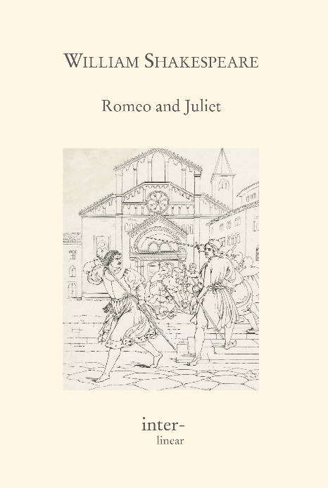 Buchcover von "Romeo and Juliet" von William Shakespeare. - Text: Prologue Enter Chorus. Chorus: Two households, both alike in dignity, In fair Verona, where we lay our scene, From ancient grudge break to new mutiny, Where civil blood makes civil hands unclean. From forth the fatal loins of these two foes A pair of star-crossed lovers take their life, Whose misadventured piteous overthrows Doth with their death bury their parents’ strife. The fearful passage of their death-marked love And the continuance of their parents’ rage, Which but their children’s end naught could remove, Is now the two hours’ traffic of our stage, The which, if you with patient ears attend, What here shall miss, our toil shall strive to mend. Exit. Act I 1. Scene Enter Sampson and Gregory with swords and bucklers of the house of Capulet. Sampson: Gregory, on my word, we’ll not carry coals. Gregory: No, for then we should be colliers. Sampson: I mean, an we be in choler, we’ll draw. Gregory: Ay, while you live, draw your neck out of collar. Sampson: I strike quickly, being moved. Gregory: But thou art not quickly moved to strike. Sampson: A dog of the house of Montague moves me. Gregory: To move is to stir, and to be valiant is to stand. Therefore, if thou art moved, thou runn’st away. Sampson: A dog of that house shall move me to stand. I will take the wall of any man or maid of Montague’s. Gregory: That shows thee a weak slave, for the weakest goes to the wall. Sampson: ’Tis true, and therefore women, being the weaker vessels, are ever thrust to the wall. Therefore I will push Montague’s men from the wall and thrust his maids to the wall. Gregory: The quarrel is between our masters and us, their men. Sampson: ’Tis all one. I will show myself a tyrant: When I have fought with the men, I will be civil with the maids: I will cut off their heads. Gregory: The heads of the maids? Sampson: Ay, the heads of the maids, or their maidenheads. Take it in what sense thou wilt. Gregory: They must take it in sense that feel it. Sampson: Me they shall feel while I am able to stand: and ’tis known I am a pretty piece of flesh. Gregory: ’Tis well thou art not fish. If thou hadst, thou hadst been poor John. Draw thy tool! Here comes of the house of Montagues. Enter Abram and another servingman Sampson: My naked weapon is out. Quarrel! I will back thee. Gregory: How? Turn thy back and run? Sampson: Fear me not! Gregory: No, marry, I fear thee! Sampson: Let us take the law of our sides! Let them begin! Gregory: I will frown as I pass by and let them take it as they list. Sampson: Nay, as they dare! I will bite my thumb at them, which is disgrace to them if they bear it. He bites his thumb. Abram: Do you bite your thumb at us, sir? Sampson: I do bite my thumb, sir. Abram: Do you bite your thumb at us, sir? Sampson aside to Gregory: Is the law of our side, if I say ‘Ay’? Gregory aside to Sampson: No. Sampson: No, sir, I do not bite my thumb at you, sir. But I bite my thumb, sir! Gregory: Do you quarrel, sir? Abram: Quarrel, sir? No, sir. Sampson: If you do, sir, I am for you. I serve as good a man as you. Abram: No better! Sampson: Well, sir. Enter Benvolio Gregory aside to Sampson: Say ‘better’! Here comes one of my mas­ter’s kinsmen. Sampson: Yes, better, sir. Abram: You lie! Sampson: Draw, if you be men! Gregory, remember thy washing blow! They fight. Benvolio draws: Part, fools! Put up your swords! You know not what you do. Enter Tybalt Tybalt: What, art thou drawn among these heartless hinds? Turn thee, Benvolio, look upon thy death! He draws. Benvolio: I do but keep the peace. Put up thy sword, Or manage it to part these men with me!Tybalt: What, drawn, and talk of peace? I hate the word As I hate hell, all Montagues and thee. Have at thee, coward! They fight. Enter three or four citizens with clubs or partisans Citizens: Clubs, bills and partisans! Strike! Beat them down! Down with the Capulets! Down with the Montagues! Enter old Capulet in his gown and his wife Capulet: What noise is this? Give me my long sword, ho! Lady Capulet: A crutch, a crutch! Why call you for a sword? Enter old Montague and his wife Capulet: My sword, I say! Old Montague is come And flourishes his blade in spite of me. Montague: Thou villain Capulet! To his wife: Hold me not! Let me go! Lady Montague: Thou shalt not stir one foot to seek a foe. Enter Prince Escalus with his train Prince: Rebellious subjects, enemies to peace, Profaners of this neighbour-stained steel, Will they not hear? What, ho, you men, you beasts, That quench the fire of your pernicious rage With purple fountains issuing from your veins! On pain of torture, from those bloody hands Throw your mistempered weapons to the ground And hear the sentence of your moved prince: Three civil brawls bred of an airy word By thee, old Capulet, and Montague, Have thrice disturbed the quiet of our streets And made Verona’s ancient citizens Cast by their grave-beseeming ornaments To wield old partisans in hands as old, Cankered with peace, to part your cankered hate. If ever you disturb our streets again, Your lives shall pay the forfeit of the peace. For this time all the rest depart away! You, Capulet, shall go along with me, And Montague, come you this afternoon, To know our farther pleasure in this case, To old Freetown, our common judgement-place. Once more, on pain of death, all men depart! Exeunt all but Montague, his wife and Benvolio. Montague: Who set this ancient quarrel new abroach? Speak, nephew, were you by when it began? Benvolio: Here were the servants of your adversary And yours close fighting, ere I did approach. I drew to part them. In the instant came The fiery Tybalt with his sword prepared, Which, as he breathed defiance to my ears, He swung about his head and cut the winds Who, nothing hurt withal, hissed him in scorn. While we were interchanging thrusts and blows, Came more and more and fought on part and part, Till the prince came, who parted either part. Lady Montague: O where is Romeo? Saw you him today? Right glad I am he was not at this fray. Benvolio: Madam, an hour before the worshipped sun Peered forth the golden window of the east, A troubled mind drive me to walk abroad, Where underneath the grove of sycamore That westward rooteth from this city side, So early walking did I see your son. Towards him I made. But he was ware of me And stole into the covert of the wood. I, measuring his affections by my own, Which then most sought where most might not be found – Being one to many by my weary self – Pursued my humour, not pursuing his, And gladly shunned who gladly fled from me. Montague: Many a morning hath he there been seen With tears augmenting the fresh morning’s dew, Adding to clouds more clouds with his deep sighs. But all so soon as the all-cheering sun Should in the farthest east begin to draw The shady curtains from Aurora’s bed, Away from light steals home my heavy son And private in his chamber pens himself, Shuts up his windows, locks fair daylight outAnd makes himself an artificial night. Black and portentous must this humour prove, Unless good counsel may the cause remove. Benvolio: My noble uncle, do you know the cause? Montague: I neither know it nor can learn of him. Benvolio: Have you importuned him by any means? Montague: Both by myself and many other friends, But he, his own affections’ counsellor, Is to himself I will not say how true, But to himself so secret and so close, So far from sounding and discovery, As is the bud, bit with an envious worm, Ere he can spread his sweet leaves to the air Or dedicate his beauty to the same. Could we but learn from whence his sorrows grow, We would as willingly give cure as know. Enter Romeo Benvolio: See, where he comes! So please you, step aside! I’ll know his grievance, or be much denied. Montague: I would thou wert so happy by thy stay To hear true shrift. Come, madam, let’s away! Exeunt Montague and his wife. Benvolio: Good morrow, cousin. Romeo: Is the day so young? Benvolio: But new struck nine. Romeo: Ay me, sad hours seem long. Was that my father that went hence so fast? Benvolio: It was. What sadness lengthens Romeo’s hours? Romeo: Not having that which having makes them short. Benvolio: In love? Romeo: Out ... Benvolio: ... of love? Romeo: Out of her favour where I am in love. Benvolio: Alas, that love, so gentle in his view, Should be so tyrannous and rough in proof! Romeo: Alas, that love, whose view is muffled still, Should without eyes see pathways to his will! Where shall we dine? O me, what fray was here? Yet tell me not, for I have heard it all. Here’s much to do with hate, but more with love. Why then, O brawling love, O loving hate, O anything, of nothing first create! O heavy lightness, serious vanity, Misshapen chaos of well-seeming forms, Feather of lead, bright smoke, cold fire, sick health, Still-waking sleep, that is not what it is! This love feel I that feel no love in this. Dost thou not laugh? Benvolio: No, coz, I rather weep. Romeo: Good heart, at what? Benvolio: At thy good heart’s oppression. Romeo: Why, such is love’s transgression. Griefs of mine own lie heavy in my breast, Which thou wilt propagate to have it pressed With more of thine. This love that thou hast shown Doth add more grief to too much of mine own. Love is a smoke made with the fume of sighs; Being purged, a fire sparkling in lovers’ eyes; Being vexed, a sea nourished with loving tears. What is it else? A madness most discreet, A choking gall and a preserving sweet. Farewell, my coz! Benvolio: Soft! I will go along. An if you leave me so, you do me wrong. Romeo: Tut, I have lost myself, I am not here. This is not Romeo, he’s some otherwhere. Benvolio: Tell me in sadness, who is that you love. Romeo: What, shall I groan and tell thee? Benvolio: Groan? Why no, but sadly tell me who. Romeo: Bid a sick man in sadness make his will, A word ill urged to one that is so ill! In sadness, cousin: I do love a woman. Benvolio: I aimed so near when I supposed you loved. Romeo: A right good markman! And she’s fair I love. Benvolio: A right fair mark, fair coz, is soonest hit. Romeo: Well, in that hit you miss: She’ll not be hit With Cupid’s arrow. She hath Dian’s wit, And in strong proof of chastity well armed From love’s weak childish bow she lives uncharmed. She will not stay the siege of loving terms, Nor bide th’ encounter of assailing eyes, Nor ope her lap to saint-seducing gold. O, she is rich in beauty, only poor That when she dies with beauty dies her store. Benvolio: Then she hath sworn that she will still live chaste? Romeo: She hath, and in that sparing makes huge waste, For beauty, starved with her severity, Cuts beauty off from all posterity. She is too fair, too wise, wisely too fair, To merit bliss by making me despair. She hath forsworn to love, and in that vow Do I live dead that live to tell it now. Benvolio: Be ruled by me, forget to think of her! Romeo: O, teach me how I should forget to think! Benvolio: By giving liberty unto thine eyes. Examine other beauties! Romeo: ’Tis the way To call hers, exquisite, in question more. These happy masks that kiss fair ladies’ brows, Being black, put us in mind they hide the fair. He that is strucken blind cannot forget The precious treasure of his eyesight lost. Show me a mistress that is passing fair, What doth her beauty serve but as a note Where I may read who passed that passing fair? Farewell! Thou canst not teach me to forget. Benvolio: I’ll pay that doctrine, or else die in debt. Exeunt. 2. Scene Enter Capulet, County Paris and a servingman. Capulet: But Montague is bound as well as I In penalty alike, and ’tis not hard, I think, For men so old as we to keep the peace. Paris: Of honourable reckoning are you both, And pity ’tis you lived at odds so long. But now, my lord, what say you to my suit? Capulet: But saying o’er what I have said before: My child is yet a stranger in the world. She hath not seen the change of fourteen years, Let two more summers wither in their pride, Ere we may think her ripe to be a bride. Paris: Younger than she are happy mothers made. Capulet: And too soon marred are those so early made. Earth hath swallowed all my hopes but she. She’s the hopeful lady of my earth. But woo her, gentle Paris, get her heart! My will to her consent is but a part, And, she agreed, within her scope of choice Lies my consent and fair according voice. This night I hold an old accustomed feast, Whereto I have invited many a guest, Such as I love, and you among the store, One more, most welcome, makes my number more. At my poor house look to behold this night Earth-treading stars that make dark heaven light. Such comfort as do lusty young men feel When well-apparelled April on the heel Of limping winter treads, even such delight Among fresh fennel buds shall you this night Inherit at my house. Hear all, all see! And like her most whose merit most shall be; Which, on more view of many, mine, being one, May stand in number, though in reckoning none. Come, go with me! To a servant: Go, sirrah, trudge about Through fair Verona! Find those persons out Whose names are written there, and to them say My house and welcome on their pleasure stay. Gives him a paper. Exeunt Capulet and Paris. Servant: Find them out whose names are written here! It is written that the shoemaker should meddle with his yard and the tailor with his last, the fisher with his pencil and the painter with his nets. But I am sent to find those persons whose names are here writ and can never find what names the writing person hath here writ. I must to the learned. Enter Benvolio and Romeo. In good time! Benvolio: Tut, man, one fire burns out another’s burning, One pain is lessened by another’s anguish. Turn giddy and be holp by backward turning! One desperate grief cures with another’s languish. Take thou some new infection to thy eye, And the rank poison of the old will die. Romeo: Your plantain leaf is excellent for that. Benvolio: For what, I pray thee? Romeo: For your broken shin. Benvolio: Why, Romeo, art thou mad? Romeo: Not mad, but bound more than a madman is: Shut up in prison, kept without my food, Whipped and tormented and ... To the servant: Good-e’en, good fellow! Servant: God gi’ good-e’en! I pray, sir, can you read? Romeo: Ay, mine own fortune in my misery. Servant: Perhaps you have learned it without book. But I pray, can you read anything you see? Romeo: Ay, if I know the letters and the language. Servant: Ye say honestly. Rest you merry! Romeo: Stay, fellow! I can read. He reads the letter: ‘Signor Martino and his wife and daughters, County Anselm and his beauteous sisters, the lady widow of Vitruvio, Signor Placentio and his lovely nieces, Mercutio and his brother Valentine, mine uncle Capulet, his wife and daughters, my fair niece Rosaline and Livia, Signor Valentio and his cousin Tybalt, Lucio and the lively Helena.’ A fair assembly! Whither should they come? Servant: Up. Romeo: Whither? To supper? Servant: To our house. Romeo: Whose house? Servant: My master’s. Romeo: Indeed, I should have asked thee that before. Servant: Now I’ll tell you without asking: My master is the great rich Capulet, and if you be not of the house of Montagues, I pray, come and crush a cup of wine. Rest you merry! Exit. Benvolio: At this same ancient feast of Capulet’s Sups the fair Rosaline whom thou so loves, With all the admired beauties of Verona. Go thither, and with unattainted eye Compare her face with some that I shall show, And I will make thee think thy swan a crow. Romeo: When the devout religion of mine eye Maintains such falsehood, then turn tears to fires, And these who, often drowned, could never die, Transparent heretics, be burnt for liars! One fairer than my love? The all-seeing sun Ne’er saw her match since first the world begun. Benvolio: Tut, you saw her fair none else being by, Herself poised with herself in either eye. But in that crystal scales let there be weighed Your lady’s love against some other maid That I will show you shining at this feast, And she shall scant show well that now seems best. Romeo: I’ll go along, no such sight to be shown, But to rejoice in splendour of mine own. Exeunt. 3. Scene Enter Lady Capulet and nurse. Lady Capulet: Nurse, where’s my daughter? Call her forth to me! Nurse: Now, by my maidenhead at twelve year old, I bade her come. What, lamb! What, ladybird! God forbid! Where’s this girl? What, Juliet! Enter Juliet Juliet: How now? Who calls? Nurse: Your mother. Juliet: Madam, I am here. What is your will? Lady Capulet: This is the matter ... Nurse, give leave awhile! We must talk in secret. Nurse, come back again! I have remembered me, thou’s hear our counsel. Thou knowest my daughter’s of a pretty age. Nurse: Faith, I can tell her age unto an hour. Lady Capulet: She’s not fourteen. Nurse: I’ll lay fourteen of my teeth – And yet, to my teen be it spoken, I have but four – She’s not fourteen. How long is it now To Lammastide? Lady Capulet: A fortnight and odd days. Nurse: Even or odd of all days in the year, Come Lammas Eve at night shall she be fourteen. Susan and she – God rest all Christian souls! – Were of an age. Well, Susan is with God. She was too good for me. But as I said, On Lammas Eve at night shall she be fourteen. That shall she, marry! I remember it well. ’Tis since the earthquake now eleven years, And she was weaned – I never shall forget it – Of all the days of the year upon that day, For I had then laid wormwood to my dug, Sitting in the sun under the dovehouse wall. My lord and you were then at Mantua. Nay, I do bear a brain! But as I said, When it did taste the wormwood on the nipple Of my dug and felt it bitter, pretty fool, To see it tetchy and fall out with the dug! ‘Shake’, quoth the dovehouse. ’Twas no need, I trow, To bid me trudge. And since that time it is eleven years, For then she could stand high-lone. Nay, by th’ rood, She could have run and waddled all about, For even the day before she broke her brow. And then my husband – God be with his soul, A was a merry man – took up the child. ‘Yea’, quoth he, ‘dost thou fall upon thy face? Thou wilt fall backward when thou hast more wit. Wilt thou not, Jule?’ And, by my holidam, The pretty wretch left crying and said ‘Ay’. To see now how a jest shall come about! I warrant, an I should live a thousand years, I never should forget it. ‘Wilt thou not, Jule?’ quoth he, And, pretty fool, it stinted and said ‘Ay’. Lady Capulet: Enough of this! I pray thee, hold thy peace!Nurse: Yes, madam, yet I cannot choose but laugh, To think it should leave crying and say ‘Ay’. And yet, I warrant, it had upon it brow A bump as big as a young cockerel’s stone, A perilous knock. And it cried bitterly. ‘Yea’, quoth my husband, ‘fall’st upon thy face? Thou wilt fall backward when thou comest to age. Wilt thou not, Jule?’ It stinted and said ‘Ay’. Juliet: And stint thou too, I pray thee, nurse, say I. Nurse: Peace, I have done. God mark thee to his grace! Thou wast the prettiest babe that e’er I nursed. An I might live to see thee married once, I have my wish. Lady Capulet: Marry, that ‘marry’ is the very theme I came to talk of. Tell me, daughter Juliet: How stands your dispositions to be married? Juliet: It is an honour that I dream not of. Nurse: An honour! Were not I thine only nurse, I would say thou hadst sucked wisdom from thy teat. Lady Capulet: Well, think of marriage now! Younger than you Here in Verona ladies of esteem Are made already mothers. By my count, I was your mother much upon these years That you are now a maid. Thus then in brief: The valiant Paris seeks you for his love. Nurse: A man, young lady! Lady, such a man As all the world – why, he’s a man of wax. Lady Capulet: Verona’s summer hath not such a flower. Nurse: Nay, he’s a flower, in faith, a very flower. Lady Capulet: What say you? Can you love the gentleman? This night you shall behold him at our feast. Read o’er the volume of young Paris’ face And find delight writ there with beauty’s pen, Examine every married lineament, And see how one another lends content, And what obscured in this fair volume lies Find written in the margent of his eyes! This precious book of love, this unbound lover, To beautify him only lacks a cover. The fish lives in the sea, and ’tis much pride For fair without the fair within to hide. That book in many’s eyes doth share the glory, That in gold clasps locks in the golden story. So shall you share all that he doth possess, By having him making yourself no less. Nurse: No less? Nay, bigger! Women grow by men. Lady Capulet: Speak briefly, can you like of Paris’ love? Juliet: I’ll look to like, if looking liking move, But no more deep will I endart mine eye Than your consent gives strength to make it fly. Enter servingman Servant to Lady Capulet: Madam, the guests are come, supper served up, you called, my young lady asked for, the nurse cursed in the pantry, and everything in extremity. I must hence to wait. I beseech you: follow straight. Lady Capulet: We follow thee. Exit servingman. Juliet, the county stays. Nurse: Go, girl, seek happy nights to happy days! Exeunt. 4. Scene Enter Romeo, Mercutio, Benvolio with five or six other masquers and torchbearers. Romeo: What, shall this speech be spoke for our excuse? Or shall we on without apology? Benvolio: The date is out of such prolixity. We’ll have no Cupid hoodwinked with a scarf, Bearing a Tartar’s painted bow of lath, Scaring the ladies like a crow-keeper, Nor no without-book prologue, faintly spoke After the prompter, for our entrance. But let them measure us by what they will, We’ll measure them a measure and be gone. Romeo: Give me a torch! I am not for this ambling. Being but heavy, I will bear the light. Mercutio: Nay, gentle Romeo, we must have you dance. Romeo: Not I, believe me! You have dancing shoes With nimble soles. I have a soul of lead So stakes me to the ground I cannot move. Mercutio: You are a lover! Borrow Cupid’s wings And soar with them above a common bound. Romeo: I am too sore empierced with his shaft To soar with his light feathers, and so bound I cannot bound a pitch above dull woe. Under love’s heavy burden do I sink. Mercutio: And to sink in it should you burden love – Too great oppression for a tender thing. Romeo: Is love a tender thing? It is too rough, Too rude, too boisterous, and it pricks like thorn. Mercutio: If love be rough with you, be rough with love! Prick love for pricking, and you beat love down. – Give me a case to put my visage in, A visor for a visor! What care I What curious eye doth quote deformities? Here are the beetle brows shall blush for me. Benvolio: Come, knock and enter, and no sooner in But every man betake him to his legs. Romeo: A torch for me! Let wantons, light of heart, Tickle the senseless rushes with their heels. For I am proverbed with a grandsire phrase, I’ll be a candle-holder and look on: The game was ne’er so fair, and I am done. Mercutio: Tut, dun’s the mouse, the constable’s own word. If thou art dun, we’ll draw thee from the mire Of – save your reverence – love, wherein thou stickest Up to the ears. Come, we burn daylight, ho! Romeo: Nay, that’s not so. Mercutio: I mean, sir, in delay We waste our lights in vain, light lights by day. Take our good meaning, for our judgement sits Five times in that ere once in our five wits. Romeo: And we mean well in going to this masque, But ’tis no wit to go. Mercutio: Why, may one ask? Romeo: I dreamt a dream tonight. Mercutio: And so did I. Romeo: Well, what was yours? Mercutio: That dreamers often lie. Romeo: In bed asleep, while they do dream things true. Mercutio: O, then I see Queen Mab hath been with you. She is the fairies’ midwife, and she comes In shape no bigger than an agate stone On the forefinger of an alderman, Drawn with a team of little atomies Over men’s noses as they lie asleep. Her chariot is an empty hazelnut Made by the joiner squirrel or old grub, Time out o’ mind the fairies’ coachmakers; Her wagon-spokes made of long spinners’ legs, The cover of the wings of grasshoppers, Her traces of the smallest spider web, Her collars of the moonshine’s watery beams, Her whip of cricket’s bone, the lash of film, Her wagoner a small grey-coated gnat, Not half so big as a round little worm Pricked from the lazy finger of a maid. And in this state she gallops night by night Through lovers’ brains, and then they dream of love; On courtiers’ knees, that dream on curtsies straight, O’er lawyers’ fingers, who straight dream on fees, O’er ladies’ lips, who straight on kisses dream, Which oft the angry Mab with blisters plagues, Because their breaths with sweetmeats tainted are. Sometime she gallops o’er a courtier’s nose, And then dreams he of smelling out a suit. And sometime comes she with a tithe-pig’s tail Tickling a parson’s nose as a lies asleep. Then he dreams of another benefice. Sometime she driveth o’er a soldier’s neck, And then dreams he of cutting foreign throats, Of breaches, ambuscados, Spanish blades, Of healths five fathom deep, and then anon Drums in his ear, at which he starts and wakes, And being thus frighted, swears a prayer or two And sleeps again. This is that very Mab That plaits the manes of horses in the night And bakes the elf-locks in foul sluttish hairs, Which once untangled much misfortune bodes. This is the hag, when maids lie on their backs, That presses them and learns them first to bear, Making them women of good carriage. This is she ... Romeo: Peace, peace, Mercutio, peace! Thou talk’st of nothing. Mercutio: True, I talk of dreams, Which are the children of an idle brain, Begot of nothing but vain fantasy, Which is as thin of substance as the air And more inconstant than the wind, who woos Even now the frozen bosom of the north, And being angered puffs away from thence, Turning his side to the dew-dropping south. Benvolio: This wind you talk of blows us from ourselves. Supper is done, and we shall come too late. Romeo: I fear too early, for my mind misgives Some consequence, yet hanging in the stars, Shall bitterly begin his fearful date With this night’s revels and expire the term Of a despised life, closed in my breast, By some vile forfeit of untimely death. But He that hath the steerage of my course Direct my suit! On, lusty gentlemen! Benvolio: Strike, drum! 5. Scene They march about the stage, and servingmen come forth with napkins. First Servingman: Where’s Potpan, that he helps not to take away? He shift a trencher? He scrape a trencher! Second Servingman: When good manners shall lie all in one or two men’s hands, and they unwashed too, ’tis a foul thing. First Servingman: Away with the joint-stools! Remove the court-cupboard! Look to the plate! Good thou, save me a piece of marchpane, and as thou loves me, let the porter let in Susan Grindstone and Nell. Exit second servingman. Anthony and Potpan! Third Servingman stepping forward: Ay, boy, ready. First Servingman: You are looked for and called for, asked for and sought for in the great chamber. Fourth Servingman follows Anthony: We cannot be here and there too. Cheerly, boys, be brisk awhile, and the longer liver take all. Exeunt servingmen. Enter Capulet, his wife, Juliet, Tybalt, nurse and all the guests and gentlewomen to the masquers Capulet to the masquers: Welcome, gentlemen! Ladies that have their toes Unplagued with corns will walk a bout with you. Ah, my mistresses, which of you all Will now deny to dance? She that makes dainty, She, I’ll swear, hath corns. Am I come near ye now? — Welcome, gentlemen! I have seen the day That I have worn a visor and could tell A whispering tale in a fair lady’s ear, Such as would please. ’Tis gone, ’tis gone, ’tis gone! You are welcome, gentlemen! — Come, musicians, play! Music plays and they dance A hall, a hall! Give room and foot it, girls! More light, you knaves, and turn the tables up, And quench the fire! The room is grown too hot. Ah, sirrah, this unlooked-for sport comes well. — Nay, sit, nay, sit, good cousin Capulet, For you and I are past our dancing days. How long is’t now since last yourself and I Were in a masque? Cousin Capulet: By’r Lady, thirty years. Capulet: What, man? ’Tis not so much, ’tis not so much! ’Tis since the nuptial of Lucentio, Come Pentecost as quickly as it will, Some five-and-twenty years, and then we masqued. Cousin Capulet: ’Tis more, ’tis more! His son is elder, sir. His son is thirty. Capulet: Will you tell me that? His son was but a ward two years ago. Romeo to a servingman: What lady’s that which doth enrich the hand Of yonder knight? Servingman: I know not, sir. Romeo: O, she doth teach the torches to burn bright! It seems she hangs upon the cheek of night As a rich jewel in an Ethiop’s ear, Beauty too rich for use, for earth too dear. So shows a snowy dove trooping with crows As yonder lady o’er her fellows shows. The measure done, I’ll watch her place of stand And, touching hers, make blessed my rude hand. Did my heart love till now? Forswear it, sight, For I ne’er saw true beauty till this night. Tybalt: This by his voice should be a Montague. To a servant: Fetch me my rapier, boy! Exit servant. What, dares the slave Come hither, covered with an antic face, To fleer and scorn at our solemnity? Now by the stock and honour of my kin, To strike him dead I hold it not a sin. Capulet: Why, how now, kinsman? Wherefore storm you so? Tybalt: Uncle, this is a Montague, our foe. A villain, that is hither come in spite To scorn at our solemnity this night. Capulet: Young Romeo is it? Tybalt: ’Tis he, that villain Romeo. Capulet: Content thee, gentle coz, let him alone! A bears him like a portly gentleman, And to say truth, Verona brags of him To be a virtuous and well-governed youth. I would not for the wealth of all this town Here in my house do him disparagement. Therefore be patient, take no note of him! It is my will, the which if thou respect, Show a fair presence and put off these frowns, An ill-beseeming semblance for a feast. Tybalt: It fits when such a villain is a guest. I’ll not endure him. Capulet: He shall be endured. What, goodman boy, I say he shall. Go to! Am I the master here or you? Go to! You’ll not endure him? God shall mend my soul, You’ll make a mutiny among my guests, You will set cock-a-hoop, you’ll be the man! Tybalt: Why, uncle, ’tis a shame. Capulet: Go to, go to! You are a saucy boy. Is’t so indeed?This trick may chance to scathe you. I know what. You must contrary me? Marry, ’tis time. To the dancers: Well said, my hearts! — You are a princox, go! Be quiet, or — More light, more light! — For shame, I’ll make you quiet, what! — Cheerly, my hearts! Tybalt: Patience perforce with wilful choler meeting Makes my flesh tremble in their different greeting. I will withdraw, but this intrusion shall, Now seeming sweet, convert to bitt’rest gall. Exit Tybalt. Romeo: If I profane with my unworthiest handThis holy shrine, the gentle sin is this. My lips, two blushing pilgrims, ready stand To smooth that rough touch with a tender kiss. Juliet: Good pilgrim, you do wrong your hand too much, Which mannerly devotion shows in this, For saints have hands that pilgrims’ hands do touch, And palm to palm is holy palmers’ kiss. Romeo: Have not saints lips and holy palmers too? Juliet: Ay, pilgrim, lips that they must use in prayer. Romeo: O then, dear saint, let lips do what hands do! They pray: grant thou, lest faith turn to despair. Juliet: Saints do not move, though grant for prayers’ sake. Romeo: Then move not while my prayer’s effect I take. He kisses her. Thus from my lips by thine my sin is purged. Juliet: Then have my lips the sin that they have took. Romeo: Sin from my lips? O trespass sweetly urged! Give me my sin again. He kisses her. Juliet: You kiss by th’ book. Nurse to Juliet: Madam, your mother craves a word with you. Juliet towards her mother. Romeo to nurse: What is her mother? Nurse: Marry, bachelor, Her mother is the lady of the house, And a good lady, and a wise and virtuous. I nursed her daughter that you talked withal. I tell you, he that can lay hold of her Shall have the chinks. Romeo: Is she a Capulet? O dear account! My life is my foe’s debt. Benvolio: Away, be gone! The sport is at the best. Romeo: Ay, so I fear. The more is my unrest. Capulet: Nay, gentlemen, prepare not to be gone! We have a trifling foolish banquet towards. They whisper in his ear. Is it e’en so? Why then, I thank you all. I thank you, honest gentlemen. Good night! More torches here! Come on then, let’s to bed! Ah, sirrah, by my fay, it waxes late. I’ll to my rest. Exeunt all but Juliet and nurse. Juliet: Come hither, nurse! What is yond gentleman? Nurse: The son and heir of old Tiberio. Juliet: What’s he that now is going out of door? Nurse: Marry, that, I think, be young Petruchio. Juliet: What’s he that follows here, that would not dance? Nurse: I know not. Juliet: Go ask his name! If he be married, My grave is like to be my wedding bed. Nurse: His name is Romeo, and a Montague, The only son of your great enemy. Juliet: My only love, sprung from my only hate, Too early seen unknown, and known too late! Prodigious birth of love it is to me That I must love a loathed enemy. Nurse: What’s this, what’s this? Juliet: A rhyme I learnt even now Of one I danced withal. One calls within: ‘Juliet’. Nurse: Anon, anon! Come, let’s away! The strangers all are gone. Exeunt. Act II Enter Chorus. Chorus: Now old desire doth in his deathbed lie, And young affection gapes to be his heir. That fair for which love groaned for and would die, With tender Juliet matched, is now not fair. Now Romeo is beloved and loves again, Alike bewitched by the charm of looks. But to his foe supposed he must complain, And she steal love’s sweet bait from fearful hooks. Being held a foe, he may not have access To breathe such vows as lovers use to swear, And she, as much in love, her means much less To meet her new beloved anywhere. But passion lends them power, time means, to meet, Tempering extremities with extreme sweet. Exit. 1. Scene Enter Romeo alone. Romeo: Can I go forward when my heart is here? Turn back, dull earth, and find thy centre out. Enter Benvolio with Mercutio. Romeo withdraws Benvolio: Romeo! My cousin Romeo! Romeo! Mercutio: He is wise, And, on my life, hath stolen him home to bed. Benvolio: He ran this way and leapt this orchard wall. Call, good Mercutio! Mercutio: Nay, I’ll conjure too. Romeo! Humours! Madman! Passion! Lover! Appear thou in the likeness of a sigh. Speak but one rhyme, and I am satisfied. Cry but ‘Ay me’, pronounce but ‘love’ and ‘dove’.Speak to my gossip Venus one fair word, One nickname for her purblind son and heir, Young Abraham Cupid, he that shot so trim When King Cophetua loved the beggar maid. He heareth not, he stirreth not, he moveth not. The ape is dead, and I must conjure him: I conjure thee by Rosaline’s bright eyes, By her high forehead and her scarlet lip, By her fine foot, straight leg and quivering thigh, And the demesnes that there adjacent lie, That in thy likeness thou appear to us! Benvolio: An if he hear thee, thou wilt anger him. Mercutio: This cannot anger him. ’Twould anger him To raise a spirit in his mistress’ circle Of some strange nature, letting it there stand Till she had laid it and conjured it down. That were some spite. My invocation Is fair and honest: In his mistress’ name I conjure only but to raise up him. Benvolio: Come, he hath hid himself among these trees To be consorted with the humorous night. Blind is his love and best befits the dark. Mercutio: If love be blind, love cannot hit the mark. Now will he sit under a medlar tree And wish his mistress were that kind of fruit As maids call medlars when they laugh alone. O Romeo, that she were, O that she were An open-arse and thou a poperin pear! Romeo, good night! I’ll to my truckle-bed. This field-bed is too cold for me to sleep. Come, shall we go? Benvolio: Go then, for ’tis in vain To seek him here that means not to be found. Exeunt Benvolio and Mercutio. 2. Scene Romeo coming forward: He jests at scars that never felt a wound. But soft! What light through yonder window breaks? It is the east, and Juliet is the sun. Arise, fair sun, and kill the envious moon, Who is already sick and pale with grief That thou, her maid, art far more fair than she. Be not her maid, since she is envious. Her vestal livery is but sick and green, And none but fools do wear it. Cast it off! Enter Juliet above It is my lady, O, it is my love! O that she knew she were! She speaks, yet she says nothing. What of that? Her eye discourses. I will answer it. I am too bold. ’Tis not to me she speaks! Two of the fairest stars in all the heaven, Having some business, do entreat her eyes To twinkle in their spheres till they return. What if her eyes were there, they in her head? The brightness of her cheek would shame those stars As daylight doth a lamp. Her eyes in heaven Would through the airy region stream so bright That birds would sing and think it were not night. See how she leans her cheek upon her hand! O that I were a glove upon that hand That I might touch that cheek! Juliet: Ay me! Romeo: She speaks. O speak again, bright angel, for thou art As glorious to this night, being o’er my head As is a winged messenger of heaven Unto the white-upturned wondering eyes Of mortals that fall back to gaze on him When he bestrides the lazy-puffing clouds And sails upon the bosom of the air. Juliet: O Romeo, Romeo, wherefore art thou Romeo? Deny thy father and refuse thy name, Or if thou wilt not, be but sworn my love, And I’ll no longer be a Capulet. Romeo aside: Shall I hear more, or shall I speak at this? Juliet: ’Tis but thy name that is my enemy. Thou art thyself, though not a Montague. What’s Montague? It is nor hand nor foot, Nor arm nor face, nor any other part Belonging to a man. O, be some other name! What’s in a name? That which we call a rose By any other word would smell as sweet. So Romeo would, were he not Romeo called, Retain that dear perfection which he owes Without that title. Romeo, doff thy name, And for thy name, which is no part of thee, Take all myself! Romeo: I take thee at thy word. Call me but love, and I’ll be new baptized. Henceforth I never will be Romeo. Juliet: What man art thou that, thus bescreened in night, So stumblest on my counsel? Romeo: By a name I know not how to tell thee who I am. My name, dear saint, is hateful to myself, Because it is an enemy to thee. Had I it written, I would tear the word. Juliet: My ears have yet not drunk a hundred words Of thy tongue’s uttering, yet I know the sound. Art thou not Romeo and a Montague? Romeo: Neither, fair maid, if either thee dislike. Juliet: How camest thou hither, tell me, and wherefore? The orchard walls are high and hard to climb, And the place death, considering who thou art, If any of my kinsmen find thee here. Romeo: With love’s light wings did I o’erperch these walls, For stony limits cannot hold love out, And what love can do, that dares love attempt. Therefore thy kinsmen are no stop to me. Juliet: If they do see thee, they will murder thee. Romeo: Alack, there lies more peril in thine eye Than twenty of their swords! Look thou but sweet, And I am proof against their enmity. Juliet: I would not for the world they saw thee here. Romeo: I have night’s cloak to hide me from their eyes. And but thou love me, let them find me here. My life were better ended by their hate Than death prorogued, wanting of thy love. Juliet: By whose direction foundest thou out this place? Romeo: By love, that first did prompt me to inquire. He lent me counsel, and I lent him eyes. I am no pilot, yet, wert thou as far As that vast shore washed with the farthest sea, I should adventure for such merchandise. Juliet: Thou knowest the mask of night is on my face, Else would a maiden blush bepaint my cheek For that which thou hast heard me speak tonight. Fain would I dwell on form, fain, fain deny What I have spoke. But farewell compliment! Dost thou love me? I know thou wilt say ‘Ay’, And I will take thy word. Yet, if thou swearest, Thou mayst prove false. At lovers’ perjuries, They say, Jove laughs. O gentle Romeo, If thou dost love, pronounce it faithfully, Or if thou thinkest I am too quickly won, I’ll frown and be perverse and say thee ‘nay’, So thou wilt woo. But else, not for the world! In truth, fair Montague, I am too fond, And therefore thou mayst think my ’haviour light. But trust me, gentleman, I’ll prove more true Than those that have more cunning to be strange. I should have been more strange, I must confess, But that thou overheardest, ere I was ware, My true-love passion. Therefore pardon me, And not impute this yielding to light love, Which the dark night hath so discovered. Romeo: Lady, by yonder blessed moon I vow, That tips with silver all these fruit-tree tops ... Juliet: O swear not by the moon, th’ inconstant moon, That monthly changes in her circled orb, Lest that thy love prove likewise variable. Romeo: What shall I swear by? Juliet: Do not swear at all, Or if thou wilt, swear by thy gracious self, Which is the god of my idolatry, And I’ll believe thee. Romeo: If my heart’s dear love ... Juliet: Well, do not swear! Although I joy in thee, I have no joy of this contract tonight. It is too rash, too unadvised, too sudden, Too like the lightning which doth cease to be, Ere one can say: ‘It lightens.’ Sweet, good night! This bud of love by summer’s ripening breath May prove a beauteous flower when next we meet. Good night, good night! As sweet repose and rest Come to thy heart as that within my breast! Romeo: O, wilt thou leave me so unsatisfied? Juliet: What satisfaction canst thou have tonight? Romeo: Th’ exchange of thy love’s faithful vow for mine. Juliet: I gave thee mine before thou didst request it, And yet I would it were to give again. Romeo: Wouldst thou withdraw it? For what purpose, love? Juliet: But to be frank and give it thee again. And yet I wish but for the thing I have. My bounty is as boundless as the sea, My love as deep. The more I give to thee, The more I have, for both are infinite. I hear some noise within. Dear love, adieu! Nurse calls within. Anon, good nurse! — Sweet Montague, be true! Stay but a little! I will come again. Exit Juliet. Romeo: O blessed, blessed night! I am afeard, Being in night, all this is but a dream, Too flattering-sweet to be substantial. Enter Juliet above. Juliet: Three words, dear Romeo, and good night indeed. If that thy bent of love be honourable, Thy purpose marriage, send me word tomorrow By one that I’ll procure to come to thee, Where and what time thou wilt perform the rite, And all my fortunes at thy foot I’ll lay And follow thee, my lord, throughout the world. Nurse within: Madam! Juliet: I come, anon! — But if thou meanest not well, I do beseech thee ... Nurse within: Madam! Juliet: By and by I come! ... To cease thy strife and leave me to my grief. Tomorrow will I send. Romeo: So thrive my soul! Juliet: A thousand times good night! Exit. Romeo: A thousand times the worse to want thy light! Love goes toward love as schoolboys from their books, But love from love toward school with heavy looks. Juliet above again: Hist, Romeo, hist! O, for a falconer’s voice To lure this tassel-gentle back again! Bondage is hoarse and may not speak aloud, Else would I tear the cave where Echo lies And make her airy tongue more hoarse than mine With repetition of ‘My Romeo!’ Romeo: It is my soul that calls upon my name. How silver-sweet sound lovers’ tongues by night, Like softest music to attending ears! Juliet: Romeo! Romeo: My nyas? Juliet: What o’clock tomorrow Shall I send to thee? Romeo: By the hour of nine. Juliet: I will not fail. ’Tis twenty years till then. I have forgot why I did call thee back. Romeo: Let me stand here till thou remember it. Juliet: I shall forget to have thee still stand there, Remembering how I love thy company. Romeo: And I’ll still stay to have thee still forget, Forgetting any other home but this. Juliet: ’Tis almost morning. I would have thee gone, And yet no farther than a wanton’s bird, That lets it hop a little from her hand, Like a poor prisoner in his twisted gyves, And with a silken thread plucks it back again, So loving-jealous of his liberty. Romeo: I would I were thy bird. Juliet: Sweet, so would I. Yet I should kill thee with much cherishing. Good night, good night! Parting is such sweet sorrow That I shall say goodnight till it be morrow. Exit. Romeo: Sleep dwell upon thine eyes, peace in thy breast! Would I were sleep and peace, so sweet to rest! The grey-eyed morn smiles on the frowning night, Chequering the eastern clouds with streaks of light, And darkness fleckled like a drunkard reels From forth day’s pathway made by Titan’s wheels. Hence will I to my ghostly friar’s close cell, His help to crave and my dear hap to tell. Exit. 3. Scene Enter Friar Laurence alone, with a basket. Friar: Now, ere the sun advance his burning eye The day to cheer and night’s dank dew to dry, I must up-fill this osier cage of ours With baleful weeds and precious-juiced flowers. The earth – that’s nature’s mother – is her tomb: What is her burying grave, that is her womb. And from her womb children of divers kind We sucking on her natural bosom find, Many for many virtues excellent, None but for some, and yet all different. O, mickle is the powerful grace that lies In plants, herbs, stones and their true qualities, For naught so vile that on the earth doth live But to the earth some special good doth give, Nor aught so good but, strained from that fair use, Revolts from true birth, stumbling on abuse. Virtue itself turns vice, being misapplied, And vice sometimes by action dignified. Within the infant rind of this weak flower Poison hath residence and medicine power. For this, being smelt, with that part cheers each part, Being tasted, stays all senses with the heart. Two such opposed kings encamp them still, In man as well as herbs: grace and rude will. And where the worser is predominant, Full soon the canker death eats up that plant. Enter Romeo Romeo: Good morrow, father! Friar: Benedicite! What early tongue so sweet saluteth me? Young son, it argues a distempered head So soon to bid good morrow to thy bed. Care keeps his watch in every old man’s eye, And where care lodges, sleep will never lie. But where unbruised youth with unstuffed brain Doth couch his limbs, there golden sleep doth reign. Therefore thy earliness doth me assure Thou art uproused with some distemperature, Or if not so, then here I hit it right: Our Romeo hath not been in bed tonight. Romeo: That last is true. The sweeter rest was mine. Friar: God pardon sin! Wast thou with Rosaline?Romeo: With Rosaline, my ghostly father? No. I have forgot that name and that name’s woe. Friar: That’s my good son! But where hast thou been then? Romeo: I’ll tell thee ere thou ask it me again: I have been feasting with mine enemy, Where on a sudden one hath wounded me That’s by me wounded. Both our remedies Within thy help and holy physic lies. I bear no hatred, blessed man, for lo, My intercession likewise steads my foe. Friar: Be plain, good son, and homely in thy drift. Riddling confession finds but riddling shrift. Romeo: Then plainly know, my heart’s dear love is set On the fair daughter of rich Capulet. As mine on hers, so hers is set on mine, And all combined, save what thou must combine By holy marriage. When and where and how We met, we wooed and made exchange of vow, I’ll tell thee as we pass. But this I pray, That thou consent to marry us today. Friar: Holy Saint Francis, what a change is here! Is Rosaline, that thou didst love so dear, So soon forsaken? Young men’s love then lies Not truly in their hearts, but in their eyes. Jesu Maria, what a deal of brine Hath washed thy sallow cheeks for Rosaline! How much salt water thrown away in waste To season love, that of it doth not taste! The sun not yet thy sighs from heaven clears, Thy old groans yet ringing in mine ancient ears. Lo, here upon thy cheek the stain doth sit Of an old tear that is not washed off yet. If e’er thou wast thyself and these woes thine, Thou and these woes were all for Rosaline. And art thou changed? Pronounce this sentence then: Women may fall when there’s no strength in men. Romeo: Thou chid’st me oft for loving Rosaline. Friar: For doting, not for loving, pupil mine. Romeo: And bad’st me bury love. Friar: Not in a grave To lay one in, another out to have. Romeo: I pray thee, chide me not! Her I love now Doth grace for grace and love for love allow. The other did not so. Friar: O, she knew well: Thy love did read by rote, that could not spell. But come, young waverer, come, go with me! In one respect I’ll thy assistant be: For this alliance may so happy prove To turn your households’ rancour to pure love. Romeo: O, let us hence! I stand on sudden haste. Friar: Wisely and slow! They stumble that run fast. Exeunt.4. Scene Enter Benvolio and Mercutio. Mercutio: Where the devil should this Romeo be? Came he not home tonight? Benvolio: Not to his father’s. I spoke with his man. Mercutio: Why, that same pale hard-hearted wench, that Rosaline, torments him so that he will sure run mad. Benvolio: Tybalt, the kinsman to old Capulet, hath sent a letter to his father’s house. Mercutio: A challenge, on my life! Benvolio: Romeo will answer it. Mercutio: Any man that can write may answer a letter. Benvolio: Nay, he will answer the letter’s master, how he dares, being dared. Mercutio: Alas, poor Romeo, he is already dead, stabbed with a white wench’s black eye, run through the ear with a love song, the very pin of his heart cleft with the blind bow-boy’s butt-shaft. And is he a man to encounter Tybalt? Benvolio: Why, what is Tybalt? Mercutio: More than ‘prince of cats’, I can tell you! O, he’s the courageous captain of compliments. He fights as you sing pricksong: keeps time, distance and proportion. He rests his minim rests, one, two, and the third in your bosom. The very butcher of a silk button, a duellist, a duellist, a gentleman of the very first house, of the first and sec ond cause . Ah, the immortal ‘passado’, the ‘punto reverso’, the ‘hay’! Benvolio: The what? Mercutio: The pox of such antic, lisping, affecting fantasticoes, these new tuners of accent! ‘By Jesu, a very good blade, a very tall man, a very good whore!’ Why, is not this a lamentable thing, grandsire, that we should be thus afflicted with these strange flies, these fashionmongers, these pardon-me’s, who stand so much on the new form that they cannot sit at ease on the old bench? O, their bones, their bones! Enter Romeo Benvolio: Here comes Romeo, here comes Romeo! Mercutio: Without his roe, like a dried herring. O flesh, flesh, how art thou fishified! Now is he for the numbers that Petrarch flowed in. Laura to his lady was a kitchen wench – marry, she had a better love to berhyme her – Dido a dowdy, Cleopatra a gypsy, Helen and Hero hildings and harlots, Thisbe a grey eye or so, but not to the purpose. Signor Romeo, bonjour! There’s a French salutation to your French slop. You gave us the counterfeit fairly last night. Romeo: Good morrow to you both! What counterfeit did I give you? Mercutio: The slip, sir, the slip! Can you not conceive? Romeo: Pardon, good Mercutio, my business was great, and in such a case as mine a man may strain courtesy. Mercutio: That’s as much as to say: Such a case as yours constrains a man to bow in the hams. Romeo: Meaning to curtsy. Mercutio: Thou hast most kindly hit it. Romeo: A most courteous exposition. Mercutio: Nay, I am the very pink of courtesy. Romeo: Pink for flower. Mercutio: Right. Romeo: Why, then is my pump well-flowered. Mercutio: Sure wit! Follow me this jest now till thou hast worn out thy pump, that when the single sole of it is worn, the jest may remain after the wearing solely singular. Romeo: O single-soled jest, solely singular for the singleness! Mercutio: Come between us, good Benvolio! My wits faint. Romeo: Swits and spurs, swits and spurs, or I’ll cry a match. Mercutio: Nay, if our wits run the wild goose chase, I am done, for thou hast more of the wild goose in one of thy wits than, I am sure, I have in my whole five. Was I with you there for the goose? Romeo: Thou wast never with me for anything, when thou wast not there for the goose. Mercutio: I will bite thee by the ear for that jest. Romeo: Nay, good goose, bite not! Mercutio: Thy wit is a very bitter sweeting. It is a most sharp sauce. Romeo: And is it not then well served in to a sweet goose? Mercutio: O, here’s a wit of cheveril, that stretches from an inch narrow to an ell broad! Romeo: I stretch it out for that word ‘broad’ which, added to the goose, proves thee far and wide: a broad goose. Mercutio: Why, is not this better now than groaning for love? Now art thou sociable. Now art thou Romeo. Now art thou what thou art, by art as well as by nature, for this drivelling love is like a great natural that runs lolling up and down to hide his bauble in a hole. Benvolio: Stop there, stop there! Mercutio: Thou desirest me to stop in my tale against the hair. Benvolio: Thou wouldst else have made thy tale large. Mercutio: O, thou art deceived! I would have made it short, for I was come to the whole depth of my tale and meant indeed to occupy the argument no longer. Romeo: Here’s goodly gear! Enter nurse and Peter, her man Mercutio: A sail, a sail! Benvolio: Two, two: A shirt and a smock. Nurse: Peter! Peter: Anon. Nurse: My fan, Peter! Mercutio: Good Peter, to hide her face, for her fan’s the fairer face. Nurse: God ye good morrow, gentlemen! Mercutio: God ye good e’en, fair gentlewoman. Nurse: Is it good-e’en? Mercutio: ’Tis no less, I tell ye, for the bawdy hand of the dial is now upon the prick of noon. Nurse: Out upon you! What a man are you! Romeo: One, gentlewoman, that God hath made for himself to mar. Nurse: By my troth, it is well said: ‘for himself to mar’ quoth a? Gentlemen, can any of you tell me where I may find the young Romeo? Romeo: I can tell you, but young Romeo will be older when you have found him than he was when you sought him. I am the youngest of that name, for fault of a worse. Nurse: You say well. Mercutio: Yea, is the worst well? Very well took, i’faith, wisely, wise ly! Nurse: If you be he, sir, I desire some confidence with you. Benvolio: She will indite him to some supper. Mercutio: A bawd, a bawd, a bawd! So ho! Romeo: What hast thou found? Mercutio: No hare, sir, unless a hare, sir, in a lenten pie, that is something stale and hoar ere it be spent. He walks by them and sings: An old hare hoar, And an old hare hoar, Is very good meat in Lent. But a hare that is hoar Is too much for a score When it hoars ere it be spent. Romeo, will you come to your father’s? We’ll to dinner thither. Romeo: I will follow you. Mercutio: Farewell, ancient lady, farewell, lady, lady, lady. Exeunt Mercutio and Benvolio. Nurse: I pray you, sir, what saucy merchant was this that was so full of his ropery? Romeo: A gentleman, nurse, that loves to hear himself talk and will speak more in a minute than he will stand to in a month. Nurse: An a speak anything against me, I’ll take him down, an a were lustier than he is, and twenty such jacks. And if I cannot, I’ll find those that shall. Scurvy knave! I am none of his flirt-gills. I am none of his skains-mates. She turns to Peter: And thou must stand by too and suffer every knave to use me at his pleasure! Peter: I saw no man use you at his pleasure. If I had, my weapon should quickly have been out. I warrant you, I dare draw as soon as another man, if I see occasion in a good quarrel and the law on my side. Nurse: Now, afore God, I am so vexed that every part about me quivers. Scurvy knave! Pray you, sir, a word, and, as I told you, my young lady bid me inquire you out. What she bid me say, I will keep to my self. But first let me tell ye, if ye should lead her in a fool’s paradise, as they say, it were a very gross kind of behaviour, as they say, for the gentlewoman is young, and therefore, if you should deal double with her, truly it were an ill thing to be offered to any gentlewoman, and very weak dealing. Romeo: Nurse, commend me to thy lady and mistress! I protest unto thee ... Nurse: Good heart, and i’faith I will tell her as much. Lord, Lord, she will be a joyful woman. Romeo: What wilt thou tell her, nurse? Thou dost not mark me. Nurse: I will tell her, sir, that you do protest, which, as I take it, is a gentlemanlike offer. Romeo: Bid her devise Some means to come to shrift this afternoon, And there she shall at Friar Laurence’ cell Be shrived and married. Here is for thy pains ... Nurse: No, truly, sir, not a penny! Romeo: Go to! I say you shall. Nurse: This afternoon, sir? Well, she shall be there. Romeo: And stay, good nurse, behind the abbey wall. Within this hour my man shall be with thee And bring thee cords, made like a tackled stair, Which to the high topgallant of my joy Must be my convoy in the secret night. Farewell! Be trusty, and I’ll quit thy pains. Farewell! Commend me to thy mistress! Nurse: Now God in heaven bless thee! Hark you, sir! Romeo: What sayest thou, my dear nurse? Nurse: Is your man secret? Did you ne’er hear say: Two may keep counsel, putting one away? Romeo: Warrant thee, my man’s as true as steel. Nurse: Well, sir, my mistress is the sweetest lady. Lord, Lord, when ’twas a little prating thing ... O, there is a nobleman in town, one Paris, that would fain lay knife aboard. But she, good soul, had as lief see a toad, a very toad, as see him. I anger her sometimes, and tell her that Paris is the properer man. But I’ll warrant you, when I say so, she looks as pale as any clout in the versal world. Doth not rosemary and Romeo begin both with a letter? Romeo: Ay, nurse. What of that? Both with an ‘R’! Nurse: Ah, mocker! That’s the dog’s name. ‘R’ is for the ... No, I know it begins with some other letter, and she hath the prettiest sen tentious of it, of you and rosemary, that it would do you good to hear it. Romeo: Commend me to thy lady! Exit. Nurse: Ay, a thousand times. — Peter! Peter: Anon. Nurse: Before, and apace. Exeunt. 5. Scene Enter Juliet. Juliet: The clock struck nine when I did send the nurse. In half an hour she promised to return. Perchance she cannot meet him. That’s not so! O, she is lame. Love’s heralds should be thoughts, Which ten times faster glides than the sun’s beams, Driving back shadows over louring hills. Therefore do nimble-pinioned doves draw love, And therefore hath the wind-swift Cupid wings. Now is the sun upon the highmost hill Of this day’s journey, and from nine till twelve Is three long hours, yet she is not come. Had she affections and warm youthful blood, She would be as swift in motion as a ball. My words would bandy her to my sweet love, And his to me. But old folks, many feign as they were dead: Unwieldy, slow, heavy and pale as lead. Enter nurse and Peter O God, she comes! O honey nurse, what news? Hast thou met with him? Send thy man away! Nurse: Peter, stay at the gate! Exit Peter. Juliet: Now, good sweet nurse ... O Lord, why lookest thou sad? Though news be sad, yet tell them merrily. If good, thou shamest the music of sweet news By playing it to me with so sour a face. Nurse: I am aweary. Give me leave awhile! Fie, how my bones ache! What a jaunt have I! Juliet: I would thou hadst my bones and I thy news. Nay, come, I pray thee, speak! Good, good nurse, speak! Nurse: Jesu, what haste! Can you not stay a while? Do you not see that I am out of breath? Juliet: How art thou out of breath when thou hast breath To say to me that thou art out of breath? The excuse that thou dost make in this delay Is longer than the tale thou dost excuse. Is thy news good or bad? Answer to that! Say either, and I’ll stay the circumstance. Let me be satisfied, is’t good or bad? Nurse: Well, you have made a simple choice. You know not how to choose a man. Romeo? No, not he! Though his face be better than any man’s, yet his leg excels all men’s, and for a hand and a foot and a body, though they be not to be talked on, yet they are past com pare. He is not the flower of courtesy, but I’ll warrant him as gentle as a lamb. Go thy ways, wench, serve God! What, have you dined at home? Juliet: No, no. But all this did I know before. What says he of our marriage, what of that? Nurse: Lord, how my head aches! What a head have I: It beats as it would fall in twenty pieces. My back a’ t’ other side, ah, my back, my back! Beshrew your heart for sending me about To catch my death with jauncing up and down! Juliet: I’faith, I am sorry that thou art not well. Sweet, sweet, sweet nurse, tell me: what says my love? Nurse: Your love says, like an honest gentleman, And a courteous and a kind and a handsome, And, I warrant, a virtuous ... Where is your mother? Juliet: Where is my mother? Why, she is within. Where should she be? How oddly thou repliest: “Your love says, like an honest gentleman: ‘Where is your mother?’” Nurse: O God’s Lady dear! Are you so hot? Marry come up, I trow. Is this the poultice for my aching bones? Henceforward do your messages yourself. Juliet: Here’s such a coil! Come, what says Romeo? Nurse: Have you got leave to go to shrift today? Juliet: I have. Nurse: Then hie you hence to Friar Laurence’ cell! There stays a husband to make you a wife. Now comes the wanton blood up in your cheeks. They’ll be in scarlet straight at any news. Hie you to church! I must another way, To fetch a ladder by the which your love Must climb a bird’s nest soon when it is dark. I am the drudge and toil in your delight. But you shall bear the burden soon at night. Go! I’ll to dinner. Hie you to the cell! Juliet: Hie to high fortune! Honest nurse, farewell! Exeunt. 6. Scene Enter Friar Laurence and Romeo. Friar: So smile the heavens upon this holy act That after-hours with sorrow chide us not! Romeo: Amen, amen! But come what sorrow can, It cannot countervail the exchange of joy That one short minute gives me in her sight. Do thou but close our hands with holy words, Then love-devouring death do what he dare, It is enough I may but call her mine. Friar: These violent delights have violent ends And in their triumph die, like fire and powder, Which as they kiss consume. The sweetest honey Is loathsome in his own deliciousness And in the taste confounds the appetite. Therefore love moderately! Long love doth so. Too swift arrives as tardy as too slow. Enter Juliet somewhat fast. She embraces Romeo Here comes the lady. O, so light a foot Will ne’er wear out the everlasting flint. A lover may bestride the gossamers That idles in the wanton summer air And yet not fall. So light is vanity. Juliet: Good even to my ghostly confessor. Friar: Romeo shall thank thee, daughter, for us both. Romeo kisses Juliet. Juliet: As much to him, else is his thanks too much. Juliet kisses Romeo. Romeo: Ah, Juliet, if the measure of thy joy Be heaped like mine and that thy skill be more To blazon it, then sweeten with thy breath This neighbour air and let rich music’s tongue Unfold the imagined happiness that both Receive in either by this dear encounter. Juliet: Conceit, more rich in matter than in words, Brags of his substance, not of ornament. They are but beggars that can count their worth, But my true love is grown to such excess I cannot sum up sum of half my wealth. Friar: Come, come with me, and we will make short work, For, by your leaves, you shall not stay alone Till holy church incorporate two in one. Exeunt. Act III 1. Scene Enter Mercutio, Benvolio and their men. Benvolio: I pray thee, good Mercutio, let’s retire! The day is hot, the Capels are abroad. And if we meet we shall not ’scape a brawl, For now, these hot days, is the mad blood stirring. Mercutio: Thou art like one of those fellows that, when he enters the confines of a tavern, claps me his sword upon the table and says ‘God send me no need of thee!’, and by the operation of the second cup draws him on the drawer, when indeed there is no need. Benvolio: Am I like such a fellow? Mercutio: Come, come, thou art as hot a Jack in thy mood as any in Italy, and as soon moved to be moody and as soon moody to be moved. Benvolio: And what to? Mercutio: Nay, an there were two such, we should have none shortly, for one would kill the other. Thou, why, thou wilt quarrel with a man that hath a hair more or a hair less in his beard than thou hast. Thou wilt quarrel with a man for cracking nuts, having no other reason but because thou hast hazel eyes. What eye but such an eye would spy out such a quarrel? Thy head is as full of quarrels as an egg is full of meat, and yet thy head hath been beaten as addle as an egg for quarrelling. Thou hast quarrelled with a man for coughing in the street, because he hath wakened thy dog that hath lain asleep in the sun. Didst thou not fall out with a tailor for wearing his new doublet before Easter, with another for tying his new shoes with old riband? And yet thou wilt tutor me from quarrelling! Benvolio: An I were so apt to quarrel as thou art, any man should buy the fee-simple of my life for an hour and a quarter. Mercutio: The fee-simple? O simple! Enter Tybalt, Petruchio and others Benvolio: By my head, here comes the Capulets. Mercutio: By my heel, I care not. Tybalt to one of his companions: Follow me close, for I will speak to them. To Capulets: Gentlemen, good-e’en, a word with one of you! Mercutio: And but one word with one of us? Couple it with some thing! Make it a word and a blow! Tybalt: You shall find me apt enough to that, sir, an you will give me occasion. Mercutio: Could you not take some occasion without giving? Tybalt: Mercutio, thou consortest with Romeo. Mercutio: Consort? What, dost thou make us minstrels? An thou make minstrels of us, look to hear nothing but discords. Here’s my fiddlestick. Here’s that shall make you dance. Zounds: consort! Benvolio: We talk here in the public haunt of men. Either withdraw unto some private place Or reason coldly of your grievances, Or else depart. Here all eyes gaze on us. Mercutio: Men’s eyes were made to look, and let them gaze. I will not budge for no man’s pleasure, I. Enter Romeo Tybalt: Well, peace be with you, sir! Here comes my man. Mercutio: But I’ll be hanged, sir, if he wear your livery. Marry, go before to field, he’ll be your follower! Your worship in that sense may call him ‘man’. Tybalt: Romeo, the love I bear thee can afford No better term than this: thou art a villain. Romeo: Tybalt, the reason that I have to love thee Doth much excuse the appertaining rage To such a greeting. Villain am I none. Therefore farewell! I see thou knowest me not. Tybalt: Boy, this shall not excuse the injuries That thou hast done me. Therefore turn and draw! Romeo: I do protest I never injured thee, But love thee better than thou canst devise Till thou shalt know the reason of my love. And so, good Capulet, which name I tender As dearly as mine own: be satisfied. Mercutio: O calm, dishonourable, vile submission! ‘Alla stoccata’ carries it away. He draws. Tybalt, you ratcatcher, will you walk? Tybalt: What wouldst thou have with me? Mercutio: Good King of Cats, nothing but one of your nine lives. That I mean to make bold withal and, as you shall use me hereafter, dry-beat the rest of the eight. Will you pluck your sword out of his pilcher by the ears? Make haste, lest mine be about your ears ere it be out. Tybalt: I am for you. He draws. Romeo: Gentle Mercutio, put thy rapier up! Mercutio: Come, sir, your ‘passado’! They fight. Romeo: Draw, Benvolio! Beat down their weapons! — Gentlemen, for shame! Forbear this outrage! Tybalt, Mercutio, the prince expressly hath Forbid this bandying in Verona streets. Hold, Tybalt! Good Mercutio! Tybalt under Romeo’s arm thrusts Mercutio Petruchio: Away, Tybalt! Exit Tybalt with his followers. Mercutio: I am hurt. A plague a’ both houses! I am sped. Is he gone and hath nothing? Benvolio: What, art thou hurt? Mercutio: Ay, ay, a scratch, a scratch. Marry, ’tis enough. Where is my page? Go, villain, fetch a surgeon! Exit page. Romeo: Courage, man! The hurt cannot be much. Mercutio: No, ’tis not so deep as a well, nor so wide as a church door, but ’tis enough. ’Twill serve. Ask for me tomorrow, and you shall find me a grave man. I am peppered, I warrant, for this world. A plague a’ both your houses! Zounds, a dog, a rat, a mouse, a cat, to scratch a man to death! A braggart, a rogue, a villain, that fights by the book of arithmetic! Why the devil came you between us? I was hurt under your arm. Romeo: I thought all for the best. Mercutio: Help me into some house, Benvolio, Or I shall faint. A plague a’ both your houses! They have made worms’ meat of me. I have it, and soundly too. Your houses! Exit with Benvolio. Romeo: This gentleman, the prince’s near ally, My very friend, hath got this mortal hurt In my behalf, my reputation stained With Tybalt’s slander, Tybalt, that an hour Hath been my cousin. O sweet Juliet, Thy beauty hath made me effeminate And in my temper softened valour’s steel! Re-enter Benvolio Benvolio: O Romeo, Romeo, brave Mercutio is dead! That gallant spirit hath aspired the clouds, Which too untimely here did scorn the earth. Romeo: This day’s black fate on more days doth depend. This but begins the woe others must end. Enter Tybalt Benvolio: Here comes the furious Tybalt back again. Romeo: Alive in triumph, and Mercutio slain! Away to heaven respective lenity, And fire-eyed fury be my conduct now! Now, Tybalt, take the ‘villain’ back again That late thou gavest me, for Mercutio’s soul Is but a little way above our heads, Staying for thine to keep him company. Either thou or I, or both, must go with him. Tybalt: Thou wretched boy, that didst consort him here, Shalt with him hence. Romeo: This shall determine that. They fight. Tybalt falls Benvolio: Romeo, away, be gone! The citizens are up, and Tybalt slain. Stand not amazed! The prince will doom thee death If thou art taken. Hence, be gone, away! Romeo: O, I am fortune’s fool! Benvolio: Why dost thou stay? Exit Romeo. Enter citizens Citizens: Which way ran he that killed Mercutio? Tybalt, that murderer, which way ran he? Benvolio: There lies that Tybalt. Citizen to Benvolio: Up, sir, go with me! I charge thee in the prince’s name, obey! Enter prince, Montague, Capulet, their wives and all Prince: Where are the vile beginners of this fray? Benvolio: O noble prince, I can discover all The unlucky manage of this fatal brawl. There lies the man, slain by young Romeo, That slew thy kinsman, brave Mercutio. Lady Capulet: Tybalt, my cousin! O my brother’s child! O prince, O cousin, husband! O, the blood is spilled Of my dear kinsman! — Prince, as thou art true, For blood of ours shed blood of Montague! O cousin, cousin! Prince: Benvolio, who began this bloody fray? Benvolio: Tybalt, here slain, whom Romeo’s hand did slay: Romeo, that spoke him fair, bid him bethink How nice the quarrel was, and urged withal Your high displeasure. All this, uttered With gentle breath, calm look, knees humbly bowed, Could not take truce with the unruly spleen Of Tybalt, deaf to peace. But that he tilts With piercing steel at bold Mercutio’s breast, Who, all as hot, turns deadly point to point And with a martial scorn with one hand beats Cold death aside and with the other sends It back to Tybalt, whose dexterity Retorts it. Romeo, he cries aloud: ‘Hold, friends! Friends, part!’ and swifter than his tongue His agile arm beats down their fatal points And ’twixt them rushes, underneath whose arm An envious thrust from Tybalt hit the life Of stout Mercutio. And then Tybalt fled, But by and by comes back to Romeo, Who had but newly entertained revenge, And to’t they go like lightning, for ere I Could draw to part them, was stout Tybalt slain, And as he fell did Romeo turn and fly. This is the truth, or let Benvolio die. Lady Capulet: He is a kinsman to the Montague. Affection makes him false. He speaks not true. Some twenty of them fought in this black strife, And all those twenty could but kill one life. I beg for justice, which thou, prince, must give: Romeo slew Tybalt. Romeo must not live. Prince: Romeo slew him. He slew Mercutio. Who now the price of his dear blood doth owe? Montague: Not Romeo, prince! He was Mercutio’s friend. His fault concludes but what the law should end: The life of Tybalt. Prince: And for that offence Immediately we do exile him hence. I have an interest in your hate’s proceeding: My blood for your rude brawls doth lie a-bleeding. But I’ll amerce you with so strong a fine That you shall all repent the loss of mine. I will be deaf to pleading and excuses, Nor tears nor prayers shall purchase out abuses. Therefore use none! Let Romeo hence in haste, Else, when he is found, that hour is his last. Bear hence this body and attend our will. Mercy but murders, pardoning those that kill. Exeunt. 2. Scene Enter Juliet alone. Juliet: Gallop apace, you fiery-footed steeds, Towards Phoebus’ lodging! Such a waggoner As Phaeton would whip you to the west And bring in cloudy night immediately. Spread thy close curtain, love-performing night, That runaway’s eyes may wink and Romeo Leap to these arms, untalked of and unseen. Lovers can see to do their amorous rites By their own beauties, or, if love be blind, It best agrees with night. Come, civil night, Thou sober-suited matron, all in black, And learn me how to lose a winning match, Played for a pair of stainless maidenhoods. Hood my unmanned blood, bating in my cheeks, With thy black mantle, till strange love grow bold. Think true love acted simple modesty. Come, night! Come, Romeo! Come, thou day in night, For thou wilt lie upon the wings of night Whiter than new snow upon a raven’s back. Come, gentle night! Come, loving black-browed night! Give me my Romeo! And when I shall die, Take him and cut him out in little stars, And he will make the face of heaven so fine That all the world will be in love with night And pay no worship to the garish sun. O, I have bought the mansion of a love, But not possessed it, and though I am sold, Not yet enjoyed. So tedious is this day As is the night before some festival To an impatient child that hath new robes And may not wear them. Enter nurse, wringing her hands, with the ladder of cords O here comes my nurse, And she brings news, and every tongue that speaks But Romeo’s name speaks heavenly eloquence. Now, nurse, what news? What hast thou there, the cords That Romeo bid thee fetch? Nurse: Ay, ay, the cords. She throws them down. Juliet: Ay me! What news? Why dost thou wring thy hands? Nurse: Ah, weraday, he’s dead, he’s dead, he’s dead! We are undone, lady, we are undone. Alack the day, he’s gone, he’s killed, he’s dead. Juliet: Can heaven be so envious? Nurse: Romeo can, Though heaven cannot. O Romeo, Romeo! Whoever would have thought it: Romeo! Juliet: What devil art thou that dost torment me thus? This torture should be roared in dismal hell. Hath Romeo slain himself? Say thou but ‘Ay’, And that bare vowel ‘I’ shall poison more Than the death-darting eye of cockatrice: I am not I, if there be such an ‘Ay’, Or those eyes shut that makes thee answer ‘Ay’! If he be slain, say ‘Ay’, or if not ‘No’! Brief sounds determine of my weal or woe. Nurse: I saw the wound, I saw it with mine eyes – God save the mark – here on his manly breast, A piteous corse, a bloody piteous corse, Pale, pale as ashes, all bedaubed in blood, All in gore-blood. I swounded at the sight. Juliet: O break, my heart! Poor bankrupt, break at once! To prison, eyes, ne’er look on liberty! Vile earth to earth resign, end motion here, And thou and Romeo press one heavy bier! Nurse: O Tybalt, Tybalt, the best friend I had! O courteous Tybalt, honest gentleman, That ever I should live to see thee dead! Juliet: What storm is this that blows so contrary? Is Romeo slaughtered and is Tybalt dead, My dearest cousin and my dearer lord? Then, dreadful trumpet, sound the general doom, For who is living, if those two are gone? Nurse: Tybalt is gone and Romeo banished, Romeo that killed him, he is banished. Juliet: O God, did Romeo’s hand shed Tybalt’s blood? Nurse: It did, it did! Alas the day, it did! Juliet: O serpent heart, hid with a flowering face! Did ever dragon keep so fair a cave? Beautiful tyrant, fiend angelical, Dove-feathered raven, wolvish-ravening lamb, Despised substance of divinest show, Just opposite to what thou justly seemest, A damned saint, an honourable villain! O nature, what hadst thou to do in hell When thou didst bower the spirit of a fiend In mortal paradise of such sweet flesh? Was ever book containing such vile matter So fairly bound? O, that deceit should dwell In such a gorgeous palace! Nurse: There’s no trust, No faith, no honesty in men, all perjured, All forsworn, all naught, all dissemblers. Ah, where’s my man? Give me some aqua vitae! These griefs, these woes, these sorrows make me old. Shame come to Romeo! Juliet: Blistered be thy tongue For such a wish! He was not born to shame. Upon his brow shame is ashamed to sit, For ’tis a throne where honour may be crowned Sole monarch of the universal earth. O, what a beast was I to chide at him! Nurse: Will you speak well of him that killed your cousin? Juliet: Shall I speak ill of him that is my husband? Ah, poor my lord, what tongue shall smooth thy name When I, thy three-hours’ wife, have mangled it? But wherefore, villain, didst thou kill my cousin? That villain cousin would have killed my husband. Back, foolish tears, back to your native spring! Your tributary drops belong to woe, Which you, mistaking, offer up to joy. My husband lives, that Tybalt would have slain, And Tybalt’s dead, that would have slain my husband. All this is comfort. Wherefore weep I then? Some word there was, worser than Tybalt’s death, That murdered me. I would forget it fain, But O, it presses to my memory Like damned guilty deeds to sinners’ minds. Tybalt is dead and Romeo banished. That ‘banished’, that one word ‘banished’, Hath slain ten thousand Tybalts. Tybalt’s death Was woe enough, if it had ended there, Or, if sour woe delights in fellowship And needly will be ranked with other griefs, Why followed not, when she said: ‘Tybalt’s dead’, ‘Thy father’ or ‘thy mother’, nay, or both, Which modern lamentation might have moved? But with a rearward, following Tybalt’s death, ‘Romeo is banished’, to speak that word Is father, mother, Tybalt, Romeo, Juliet, All slain, all dead. ‘Romeo is banished’: There is no end, no limit, measure, bound, In that word’s death. No words can that woe sound. Where is my father and my mother, nurse? Nurse: Weeping and wailing over Tybalt’s corse. Will you go to them? I will bring you thither. Juliet: Wash they his wounds with tears! Mine shall be spent, When theirs are dry, for Romeo’s banishment. Take up those cords! Poor ropes, you are beguiled, Both you and I, for Romeo is exiled. He made you for a highway to my bed, But I, a maid, die maiden-widowed. Come, cords, come, nurse! I’ll to my wedding bed, And death, not Romeo, take my maidenhead! Nurse: Hie to your chamber! I’ll find Romeo To comfort you. I wot well where he is. Hark ye, your Romeo will be here at night. I’ll to him. He is hid at Laurence’ cell. Juliet: O, find him! Give this ring to my true knight And bid him come to take his last farewell. Exeunt. 3. Scene Enter Friar Laurence. Friar: Romeo, come forth! Come forth, thou fearful man! Affliction is enamoured of thy parts, And thou art wedded to calamity. Enter Romeo Romeo: Father, what news? What is the prince’s doom? What sorrow craves acquaintance at my hand That I yet know not? Friar: Too familiar Is my dear son with such sour company. I bring thee tidings of the prince’s doom. Romeo: What less than doomsday is the prince’s doom? Friar: A gentler judgement vanished from his lips: Not body’s death, but body’s banishment. Romeo: Ha, banishment? Be merciful, say ‘death’, For exile hath more terror in his look, Much more than death. Do not say ‘banishment’! Friar: Hence from Verona art thou banished. Be patient, for the world is broad and wide! Romeo: There is no world without Verona walls But purgatory, torture, hell itself. Hence banished is banished from the world, And world’s exile is death. Then ‘banished’ Is death mistermed. Calling death ‘banished’, Thou cuttest my head off with a golden axe And smilest upon the stroke that murders me. Friar: O deadly sin! O rude unthankfulness! Thy fault our law calls death, but the kind prince, Taking thy part, hath rushed aside the law And turned that black word ‘death’ to banishment. This is dear mercy, and thou seest it not. Romeo: ’Tis torture and not mercy! Heaven is here Where Juliet lives, and every cat and dog And little mouse, every unworthy thing Live here in heaven and may look on her, But Romeo may not. More validity, More honourable state, more courtship lives In carrion flies than Romeo. They may seize On the white wonder of dear Juliet’s hand And steal immortal blessing from her lips, Who even in pure and vestal modesty Still blush, as thinking their own kisses sin. This may flies do, when I from this must fly. And sayest thou yet that exile is not death? But Romeo may not, he is banished. Flies may do this, but I from this must fly. They are free men, but I am banished. Hadst thou no poison mixed, no sharp-ground knife, No sudden mean of death, though ne’er so mean, But ‘banished’ to kill me? Banished! O friar, the damned use that word in hell. Howlings attends it! How hast thou the heart, Being a divine, a ghostly confessor, A sin-absolver and my friend professed, To mangle me with that word ‘banished’? Friar: Thou fond mad man, hear me a little speak! Romeo: O, thou wilt speak again of banishment. Friar: I’ll give thee armour to keep off that word, Adversity’s sweet milk: philosophy, To comfort thee though thou art banished. Romeo: Yet ‘banished’? Hang up philosophy, Unless philosophy can make a Juliet, Displant a town, reverse a prince’s doom! It helps not, it prevails not. Talk no more! Friar: O, then I see that madmen have no ears. Romeo: How should they, when that wise men have no eyes? Friar: Let me dispute with thee of thy estate. Romeo: Thou canst not speak of that thou dost not feel. Wert thou as young as I, Juliet thy love, An hour but married, Tybalt murdered, Doting like me and like me banished, Then mightst thou speak, then mightst thou tear thy hair And fall upon the ground as I do now, Taking the measure of an unmade grave. He falls down. A knocking within. Friar: Arise! One knocks. Good Romeo, hide thyself! Romeo: Not I, unless the breath of heartsick groans Mist-like infold me from the search of eyes. Knocking again. Friar: Hark, how they knock! Towards the knocking and Romeo alternately: Who’s there? — Romeo, arise! Thou wilt be taken. — Stay awhile! — Stand up! Knocking. Run to my study! — By and by! — God’s will, What simpleness is this! — I come, I come! Knocking. Who knocks so hard? Whence come you? What’s your will? Nurse: Let me come in, and you shall know my errand. I come from Lady Juliet. Friar: Welcome then! Enter nurse Nurse: O holy friar, O, tell me, holy friar, Where’s my lady’s lord, where’s Romeo? Friar: There on the ground, with his own tears made drunk. Nurse: O, he is even in my mistress’ case, Just in her case! O woeful sympathy, Piteous predicament! Even so lies she, Blubbering and weeping, weeping and blubbering. Stand up, stand up! Stand, an you be a man! For Juliet’s sake, for her sake, rise and stand! Why should you fall into so deep an O? He rises. Romeo: Nurse ... Nurse: Ah sir, ah sir, death’s the end of all. Romeo: Spakest thou of Juliet? How is it with her? Doth not she think me an old murderer? Now I have stained the childhood of our joy With blood removed but little from her own? Where is she? And how doth she? And what says My concealed lady to our cancelled love? Nurse: O, she says nothing, sir, but weeps and weeps, And now falls on her bed, and then starts up And Tybalt calls, and then on Romeo cries And then down falls again. Romeo: As if that name, Shot from the deadly level of a gun, Did murder her, as that name’s cursed hand Murdered her kinsman. O, tell me, friar, tell me, In what vile part of this anatomy Doth my name lodge? Tell me, that I may sack The hateful mansion. He offers to stab himself, and the nurse snatches the dagger away Friar: Hold thy desperate hand! Art thou a man? Thy form cries out thou art. Thy tears are womanish. Thy wild acts denote The unreasonable fury of a beast. Unseemly woman in a seeming man, And ill-beseeming beast in seeming both! Thou hast amazed me. By my holy order, I thought thy disposition better tempered. Hast thou slain Tybalt? Wilt thou slay thyself And slay thy lady that in thy life lives By doing damned hate upon thyself? Why railest thou on thy birth, the heaven and earth, Since birth and heaven and earth, all three do meet In thee at once, which thou at once wouldst lose. Fie, fie, thou shamest thy shape, thy love, thy wit; Which like a usurer aboundest in all And usest none in that true use indeed Which should bedeck thy shape, thy love, thy wit. Thy noble shape is but a form of wax, Digressing from the valour of a man, Thy dear love sworn but hollow perjury, Killing that love which thou hast vowed to cherish. Thy wit, that ornament to shape and love, Misshapen in the conduct of them both, Like powder in a skilless soldier’s flask Is set afire by thine own ignorance, And thou dismembered with thine own defence. What, rouse thee, man! Thy Juliet is alive, For whose dear sake thou wast but lately dead. There art thou happy: Tybalt would kill thee, But thou slewest Tybalt. There art thou happy. The law, that threatened death, becomes thy friend And turns it to exile. There art thou happy. A pack of blessings light upon thy back, Happiness courts thee in her best array, But, like a mishaved and sullen wench, Thou pouts upon thy fortune and thy love. Take heed, take heed, for such die miserable! Go, get thee to thy love, as was decreed. Ascend her chamber! Hence and comfort her! But look thou stay not till the watch be set, For then thou canst not pass to Mantua, Where thou shalt live till we can find a time To blaze your marriage, reconcile your friends, Beg pardon of the prince and call thee back With twenty hundred thousand times more joy Than thou wentest forth in lamentation. Go before, nurse! Commend me to thy lady And bid her hasten all the house to bed, Which heavy sorrow makes them apt unto. Romeo is coming. Nurse: O lord, I could have stayed here all the night To hear good counsel. O, what learning is! My lord, I’ll tell my lady you will come. Romeo: Do so, and bid my sweet prepare to chide! The nurse offers to go in and turns back again Nurse: Here, sir, a ring she bid me give you, sir. Hie you, make haste, for it grows very late. Exit. Romeo: How well my comfort is revived by this! Friar: Go hence! Good night! And here stands all your state: Either be gone before the watch be set, Or by the break of day disguised from hence. Sojourn in Mantua! I’ll find out your man, And he shall signify from time to time Every good hap to you that chances here. Give me thy hand! ’Tis late. Farewell! Good night! Romeo: But that a joy past joy calls out on me, It were a grief so brief to part with thee. Farewell! Exeunt. 4. Scene Enter old Capulet, his wife and Paris. Capulet: Things have fallen out, sir, so unluckily That we have had no time to move our daughter. Look you, she loved her kinsman Tybalt dearly, And so did I. Well, we were born to die. ’Tis very late. She’ll not come down tonight. I promise you, but for your company, I would have been abed an hour ago. Paris: These times of woe afford no times to woo. Madam, good night! Commend me to your daughter! Lady Capulet: I will, and know her mind early tomorrow. Tonight she’s mewed up to her heaviness. Paris offers to go in and Capulet calls him again Capulet: Sir Paris, I will make a desperate tender Of my child’s love. I think she will be ruled In all respects by me, nay more, I doubt it not. Wife, go you to her ere you go to bed! Acquaint her here of my son Paris’ love And bid her – mark you me – on Wednesday next ... But soft! What day is this? Paris: Monday, my lord. Capulet: Monday. Ha, ha! Well, Wednesday is too soon. A’ Thursday let it be! To his wife: A’ Thursday, tell her, She shall be married to this noble earl. To the county: Will you be ready? Do you like this haste? We’ll keep no great ado, a friend or two, For, hark you, Tybalt being slain so late, It may be thought we held him carelessly, Being our kinsman, if we revel much. Therefore we’ll have some half a dozen friends, And there an end. But what say you to Thursday? Paris: My lord, I would that Thursday were tomorrow. Capulet: Well, get you gone! A’ Thursday be it then.To his wife: Go you to Juliet ere you go to bed, Prepare her, wife, against this wedding day! — Farewell, my lord! — Light to my chamber, ho! Afore me, it is so very late that we May call it early by and by. Good night! Exeunt. 5. Scene Enter Romeo and Juliet aloft at the window. Juliet: Wilt thou be gone? It is not yet near day. It was the nightingale and not the lark, That pierced the fearful hollow of thine ear. Nightly she sings on yond pomegranate tree. Believe me, love, it was the nightingale! Romeo: It was the lark, the herald of the morn, No nightingale. Look, love, what envious streaks Do lace the severing clouds in yonder east. Night’s candles are burnt out, and jocund day Stands tiptoe on the misty mountain tops. I must be gone and live, or stay and die. Juliet: Yond light is not daylight. I know it, I. It is some meteor that the sun exhales To be to thee this night a torchbearer And light thee on thy way to Mantua. Therefore stay yet! Thou needest not to be gone. Romeo: Let me be ta’en, let me be put to death. I am content, so thou wilt have it so: I’ll say yon grey is not the morning’s eye. ’Tis but the pale reflex of Cynthia’s brow, Nor that is not the lark whose notes do beat The vaulty heaven so high above our heads. I have more care to stay than will to go. Come, death, and welcome! Juliet wills it so. How is’t, my soul? Let’s talk! It is not day. Juliet: It is, it is! Hie hence, be gone, away! It is the lark that sings so out of tune, Straining harsh discords and unpleasing sharps. Some say the lark makes sweet division. This doth not so, for she divideth us. Some say the lark and loathed toad change eyes. O, now I would they had changed voices too, Since arm from arm that voice doth us affray, Hunting thee hence with hunt’s-up to the day. O, now be gone! More light and light it grows. Romeo: More light and light, more dark and dark our woes. Enter nurse hastily Nurse: Madam! Juliet: Nurse? Nurse: Your lady mother is coming to your chamber. The day is broke. Be wary! Look about! Exit. Juliet: Then, window, let day in and let life out. Romeo: Farewell, farewell! One kiss, and I’ll descend. He goes down. Juliet: Art thou gone so, love, lord, ay husband, friend? I must hear from thee every day in the hour, For in a minute there are many days. O, by this count I shall be much in years Ere I again behold my Romeo. Romeo: Farewell! I will omit no opportunity That may convey my greetings, love, to thee.Juliet: O, thinkest thou we shall ever meet again? Romeo: I doubt it not, and all these woes shall serve For sweet discourses in our times to come. Juliet: O God, I have an ill-divining soul! Methinks I see thee, now thou art so low, As one dead in the bottom of a tomb. Either my eyesight fails, or thou lookest pale. Romeo: And trust me, love, in my eye so do you. Dry sorrow drinks our blood. Adieu, adieu! Exit. Juliet: O Fortune, Fortune, all men call thee fickle. If thou art fickle, what dost thou with him That is renowned for faith? Be fickle, Fortune, For then I hope thou wilt not keep him long, But send him back. Enter Juliet’s mother Lady Capulet: Ho, daughter, are you up? Juliet: Who is’t that calls? It is my lady mother. Is she not down so late, or up so early? What unaccustomed cause procures her hither? She goes down from the window. Lady Capulet: Why, how now, Juliet? Juliet: Madam, I am not well. Lady Capulet: Evermore weeping for your cousin’s death? What, wilt thou wash him from his grave with tears? An if thou couldst, thou couldst not make him live. Therefore have done! Some grief shows much of love, But much of grief shows still some want of wit. Juliet: Yet let me weep for such a feeling loss! Lady Capulet: So shall you feel the loss, but not the friend Which you weep for. Juliet: Feeling so the loss, I cannot choose but ever weep the friend. Lady Capulet: Well, girl, thou weepest not so much for his death As that the villain lives which slaughtered him. Juliet: What villain, madam? Lady Capulet: That same villain Romeo. Juliet aside: Villain and he be many miles asunder. God pardon him! I do, with all my heart, And yet no man like he doth grieve my heart. Lady Capulet: That is because the traitor murderer lives. Juliet: Ay, madam, from the reach of these my hands; Would none but I might venge my cousin’s death! Lady Capulet: We will have vengeance for it, fear thou not! Then weep no more! I’ll send to one in Mantua, Where that same banished runagate doth live, Shall give him such an unaccustomed dram That he shall soon keep Tybalt company, And then I hope thou wilt be satisfied. Juliet: Indeed, I never shall be satisfied With Romeo till I behold him ... dead ... Is my poor heart, so for a kinsman vexed. Madam, if you could find out but a man To bear a poison, I would temper it That Romeo should upon receipt thereof Soon sleep in quiet. O, how my heart abhors To hear him named and cannot come to him, To wreak the love I bore my cousin Upon his body that hath slaughtered him! Lady Capulet: Find thou the means, and I’ll find such a man. But now I’ll tell thee joyful tidings, girl. Juliet: And joy comes well in such a needy time. What are they, beseech your ladyship? Lady Capulet: Well, well, thou hast a careful father, child, One who, to put thee from thy heaviness, Hath sorted out a sudden day of joy That thou expects not, nor I looked not for. Juliet: Madam, in happy time! What day is that? Lady Capulet: Marry, my child, early next Thursday morn The gallant, young and noble gentleman, The County Paris, at Saint Peter’s church Shall happily make thee there a joyful bride. Juliet: Now by Saint Peter’s church and Peter too, He shall not make me there a joyful bride! I wonder at this haste, that I must wed Ere he that should be husband comes to woo. I pray you, tell my lord and father, madam, I will not marry yet, and when I do, I swear It shall be Romeo, whom you know I hate, Rather than Paris. These are news indeed! Lady Capulet: Here comes your father. Tell him so yourself, And see how he will take it at your hands. Enter Capulet and nurse Capulet: When the sun sets, the earth doth drizzle dew, But for the sunset of my brother’s son It rains downright. How now? A conduit, girl? What, still in tears? Evermore showering? In one little body Thou counterfeits a bark, a sea, a wind, For still thy eyes, which I may call the sea, Do ebb and flow with tears. The bark thy body is, Sailing in this salt flood, the winds thy sighs, Who, raging with thy tears and they with them, Without a sudden calm will overset Thy tempest-tossed body. How now, wife? Have you delivered to her our decree? Lady Capulet: Ay, sir! But she will none, she gives you thanks. I would the fool were married to her grave! Capulet: Soft! Take me with you, take me with you, wife! How? Will she none? Doth she not give us thanks? Is she not proud? Doth she not count her blest, Unworthy as she is, that we have wrought So worthy a gentleman to be her bride? Juliet: Not ‘proud’ you have, but ‘thankful’ that you have! Proud can I never be of what I hate, But thankful even for hate that is meant love. Capulet: How, how, how, how, chopped logic? What is this: ‘Proud’ and ‘I thank you’ and ‘I thank you not’, And yet ‘not proud’? Mistress minion you, Thank me no thankings, nor proud me no prouds, But fettle your fine joints ’gainst Thursday next To go with Paris to Saint Peter’s church, Or I will drag thee on a hurdle thither. Out, you green-sickness carrion! Out, you baggage, You tallow-face! Lady Capulet: Fie, fie! What, are you mad? Juliet: Good father, I beseech you on my knees. Hear me with patience but to speak a word! She kneels down. Capulet: Hang thee, young baggage, disobedient wretch! I tell thee what: get thee to church a’ Thursday, Or never after look me in the face! Speak not, reply not, do not answer me! My fingers itch. Wife, we scarce thought us blest That God had lent us but this only child, But now I see this one is one too much And that we have a curse in having her. Out on her, hilding! Nurse: God in heaven bless her! You are to blame, my lord, to rate her so. Capulet: And why, my Lady Wisdom? Hold your tongue, Good Prudence, smatter with your gossips, go! Nurse: I speak no treason. Capulet: O, God-i-good-e’en! Nurse: May not one speak? Capulet: Peace, you mumbling fool! Utter your gravity o’er a gossip’s bowl, For here we need it not. Lady Capulet: You are too hot. Capulet: God’s bread! It makes me mad. Day, night, hour, tide, time, work, play, Alone, in company: still my care hath been To have her matched. And having now provided A gentleman of noble parentage, Of fair demesnes, youthful, and nobly ligned, Stuffed, as they say, with honourable parts, Proportioned as one’s thought would wish a man, And then to have a wretched puling fool, A whining mammet, in her fortune’s tender, To answer: ‘I’ll not wed, I cannot love. I am too young. I pray you pardon me!’ But an you will not wed, I’ll pardon you! Graze where you will, you shall not house with me. Look to’t, think on’t! I do not use to jest. Thursday is near. Lay hand on heart! Advise! An you be mine, I’ll give you to my friend. An you be not, hang, beg, starve, die in the streets, For, by my soul, I’ll ne’er acknowledge thee, Nor what is mine shall never do thee good. Trust to’t! Bethink you! I’ll not be forsworn. Exit. Juliet: Is there no pity sitting in the clouds That sees into the bottom of my grief? O sweet my mother, cast me not away! Delay this marriage for a month, a week, Or if you do not, make the bridal bed In that dim monument where Tybalt lies. Lady Capulet: Talk not to me, for I’ll not speak a word! Do as thou wilt, for I have done with thee. Exit. Juliet: O God! O nurse, how shall this be prevented? My husband is on earth, my faith in heaven: How shall that faith return again to earth, Unless that husband send it me from heaven By leaving earth? Comfort me, counsel me! Alack, alack, that heaven should practise stratagems Upon so soft a subject as myself! What sayest thou? Hast thou not a word of joy, Some comfort, nurse? Nurse: Faith, here it is: Romeo is banished, and all the world to nothing That he dares ne’er come back to challenge you, Or if he do, it needs must be by stealth. Then, since the case so stands as now it doth, I think it best you married with the county. O, he’s a lovely gentleman! Romeo’s a dishclout to him. An eagle, madam, Hath not so green, so quick, so fair an eye As Paris hath. Beshrew my very heart, I think you are happy in this second match, For it excels your first, or if it did not, Your first is dead, or ’twere as good he were As living here and you no use of him. Juliet: Speakest thou from thy heart? Nurse: And from my soul too. Else beshrew them both! Juliet: Amen! Nurse: What? Juliet: Well, thou hast comforted me marvellous much. Go in, and tell my lady I am gone, Having displeased my father, to Laurence’ cell, To make confession and to be absolved. Nurse: Marry, I will, and this is wisely done. Exit. Juliet looking after the nurse: Ancient damnation! O most wicked fiend! Is it more sin to wish me thus forsworn, Or to dispraise my lord with that same tongue Which she hath praised him with above compare So many thousand times? Go, counsellor! Thou and my bosom henceforth shall be twain. I’ll to the friar to know his remedy. If all else fail, myself have power to die. Exit. Act IV 1. Scene Enter Friar Laurence and County Paris. Friar: On Thursday, sir? The time is very short. Paris: My father Capulet will have it so, And I am nothing slow to slack his haste. Friar: You say you do not know the lady’s mind? Uneven is the course. I like it not. Paris: Immoderately she weeps for Tybalt’s death, And therefore have I little talked of love, For Venus smiles not in a house of tears. Now, sir, her father counts it dangerous That she do give her sorrow so much sway, And in his wisdom hastes our marriage To stop the inundation of her tears, Which, too much minded by herself alone, May be put from her by society. Now do you know the reason of this haste. Friar aside: I would I knew not why it should be slowed. To Paris: Look, sir, here comes the lady toward my cell. Enter Juliet Paris: Happily met, my lady and my wife! Juliet: That may be, sir, when I may be a wife. Paris: That ‘may be’ must be, love, on Thursday next. Juliet: What must be shall be. Friar: That’s a certain text. Paris: Come you to make confession to this father? Juliet: To answer that, I should confess to you. Paris: Do not deny to him that you love me! Juliet: I will confess to you that I love him. Paris: So will ye, I am sure, that you love me. Juliet: If I do so, it will be of more price Being spoke behind your back than to your face. Paris: Poor soul, thy face is much abused with tears. Juliet: The tears have got small victory by that, For it was bad enough before their spite. Paris: Thou wrongest it more than tears with that report. Juliet: That is no slander, sir, which is a truth, And what I spake, I spake it to my face. Paris: Thy face is mine, and thou hast slandered it. Juliet: It may be so, for it is not mine own. To the friar: Are you at leisure, holy father, now, Or shall I come to you at evening mass? Friar: My leisure serves me, pensive daughter, now. To the county: My lord, we must entreat the time alone. Paris: God shield I should disturb devotion! — Juliet, on Thursday early will I rouse ye. Till then, adieu, and keep this holy kiss! Exit. Juliet: O, shut the door! And when thou hast done so, Come weep with me, past hope, past cure, past help! Friar: O Juliet, I already know thy grief. It strains me past the compass of my wits. I hear thou must, and nothing may prorogue it, On Thursday next be married to this county. Juliet: Tell me not, friar, that thou hearest of this, Unless thou tell me how I may prevent it. If in thy wisdom thou canst give no help, Do thou but call my resolution wise And with this knife ... Showing it ... I’ll help it presently. God joined my heart and Romeo’s, thou our hands, And ere this hand, by thee to Romeo’s sealed, Shall be the label to another deed, Or my true heart with treacherous revolt Turn to another, this shall slay them both. Therefore, out of thy long-experienced time Give me some present counsel, or behold: ’Twixt my extremes and me this bloody knife Shall play the umpire, arbitrating that Which the commission of thy years and art Could to no issue of true honour bring. Be not so long to speak! I long to die, If what thou speakest speak not of remedy. Friar: Hold, daughter! I do spy a kind of hope, Which craves as desperate an execution As that is desperate which we would prevent. If rather than to marry County Paris, Thou hast the strength of will to slay thyself, Then is it likely thou wilt undertake A thing like death to chide away this shame, That copest with death himself to ’scape from it. And if thou darest, I’ll give thee remedy. Juliet: O bid me leap, rather than marry Paris, From off the battlements of any tower Or walk in thievish ways or bid me lurk Where serpents are. Chain me with roaring bears Or hide me nightly in a charnel-house, O’ercovered quite with dead men’s rattling bones, With reeky shanks and yellow chapless skulls, Or bid me go into a new-made grave And hide me with a dead man in his shroud – Things that, to hear them told, have made me tremble – And I will do it without fear or doubt, To live an unstained wife to my sweet love. Friar: Hold then! Go home, be merry, give consent To marry Paris! Wednesday is tomorrow. Tomorrow night look that thou lie alone, Let not the nurse lie with thee in thy chamber! Take thou this vial, being then in bed, And this distilling liquor drink thou off, When presently through all thy veins shall run A cold and drowsy humour, for no pulse Shall keep his native progress, but surcease. No warmth, no breath shall testify thou livest. The roses in thy lips and cheeks shall fade To wanny ashes, thy eyes’ windows fall Like death, when he shuts up the day of life. Each part, deprived of supple government, Shall stiff and stark and cold appear like death, And in this borrowed likeness of shrunk death Thou shalt continue two-and-forty hours And then awake as from a pleasant sleep. Now, when the bridegroom in the morning comes To rouse thee from thy bed, there art thou dead. Then, as the manner of our country is, In thy best robes, uncovered on the bier, Thou shalt be borne to that same ancient vault Where all the kindred of the Capulets lie. In the meantime, against thou shalt awake, Shall Romeo by my letters know our drift, And hither shall he come. And he and I Will watch thy waking, and that very night Shall Romeo bear thee hence to Mantua. And this shall free thee from this present shame, If no inconstant toy, nor womanish fear Abate thy valour in the acting it. Juliet: Give me, give me! O tell not me of fear! Friar: Hold! Get you gone! Be strong and prosperous In this resolve! I’ll send a friar with speed To Mantua, with my letters to thy lord. Juliet: Love give me strength, and strength shall help afford. Farewell, dear father! Exeunt. 2. Scene Enter Capulet, Lady Capulet, nurse and two or three servingmen. Capulet: So many guests invite as here are writ. Exit a servingman. Sirrah, go hire me twenty cunning cooks! Servingman: You shall have none ill, sir, for I’ll try if they can lick their fingers. Capulet: How canst thou try them so? Servingman: Marry, sir, ’tis an ill cook that cannot lick his own fingers. Therefore, he that cannot lick his fingers goes not with me. Capulet: Go, be gone! Exit servingman. We shall be much unfurnished for this time. — What, is my daughter gone to Friar Laurence? Nurse: Ay, forsooth. Capulet: Well, he may chance to do some good on her. A peevish self-willed harlotry it is. Enter Juliet Nurse: See where she comes from shrift with merry look! Capulet: How now, my headstrong! Where have you been gadding? Juliet: Where I have learned me to repent the sin Of disobedient opposition To you and your behests, and am enjoined By holy Laurence to fall prostrate here To beg your pardon. Pardon, I beseech you! Henceforward I am ever ruled by you. She kneels down. Capulet: Send for the county! Go tell him of this! I’ll have this knot knit up tomorrow morning. Juliet: I met the youthful lord at Laurence’ cell And gave him what becomed love I might, Not stepping o’er the bounds of modesty. Capulet: Why, I am glad on’t. This is well. Stand up! This is as’t should be. Let me see the county! Ay, marry, go, I say, and fetch him hither! Now, afore God, this reverend holy friar, All our whole city is much bound to him. Juliet: Nurse, will you go with me into my closet, To help me sort such needful ornaments As you think fit to furnish me tomorrow? Lady Capulet: No, not till Thursday. There is time enough. Capulet: Go, nurse, go with her! We’ll to church tomorrow. Exeunt Juliet and nurse. Lady Capulet: We shall be short in our provision. ’Tis now near night. Capulet: Tush, I will stir about, And all things shall be well, I warrant thee, wife. Go thou to Juliet, help to deck up her! I’ll not to bed tonight. Let me alone! I’ll play the housewife for this once. Exit Lady Capulet. What, ho! They are all forth. Well, I will walk myself To County Paris to prepare up him Against tomorrow. My heart is wondrous light, Since this same wayward girl is so reclaimed. Exeunt. 3. Scene Enter Juliet and nurse. Juliet: Ay, those attires are best. But, gentle nurse, I pray thee, leave me to myself tonight, For I have need of many orisons To move the heavens to smile upon my state, Which – well thou knowest – is cross and full of sin. Enter Lady Capulet Lady Capulet: What, are you busy, ho? Need you my help? Juliet: No, madam. We have culled such necessaries As are behoveful for our state tomorrow. So please you, let me now be left alone, And let the nurse this night sit up with you, For I am sure you have your hands full all In this so sudden business. Lady Capulet: Good night! Go thee to bed and rest, for thou hast need. Juliet: Farewell! Exeunt Lady Capulet and nurse. God knows when we shall meet again. I have a faint cold fear thrills through my veins, That almost freezes up the heat of life. I’ll call them back again to comfort me. Nurse! – What should she do here? My dismal scene I needs must act alone. Come, vial! What if this mixture do not work at all? Shall I be married then tomorrow morning? No, no! This shall forbid it. Lie thou there! She lays down her knife. What if it be a poison which the friar Subtly hath ministered to have me dead, Lest in this marriage he should be dishonoured, Because he married me before to Romeo? I fear it is, and yet methinks it should not, For he hath still been tried a holy man. How if, when I am laid into the tomb, I wake before the time that Romeo Come to redeem me? There’s a fearful point! Shall I not then be stifled in the vault, To whose foul mouth no healthsome air breathes in, And there die strangled ere my Romeo comes? Or if I live, is it not very like The horrible conceit of death and night, Together with the terror of the place – As in a vault, an ancient receptacle Where for this many hundred years the bones Of all my buried ancestors are packed, Where bloody Tybalt, yet but green in earth, Lies festering in his shroud, where, as they say, At some hours in the night spirits resort – Alack, alack, is it not like that I, So early waking – what with loathsome smells And shrieks like mandrakes torn out of the earth, That living mortals, hearing them, run mad – O, if I wake, shall I not be distraught, Environed with all these hideous fears, And madly play with my forefathers’ joints And pluck the mangled Tybalt from his shroud And in this rage with some great kinsman’s bone As with a club dash out my desperate brains? O, look! Methinks I see my cousin’s ghost Seeking out Romeo, that did spit his body Upon a rapier’s point. Stay, Tybalt, stay! Romeo, Romeo, Romeo, here’s drink! I drink to thee! She drinks and falls upon her bed within the curtains. 4. Scene Enter Lady Capulet and nurse with herbs. Lady Capulet: Hold, take these keys and fetch more spices, nurse! Nurse: They call for dates and quinces in the pastry. Enter Capulet Capulet: Come, stir, stir, stir! The second cock hath crowed. The curfew bell hath rung: ’Tis three o’clock. Look to the baked meats, good Angelica! Spare not for cost! Nurse to Capulet: Go, you cot-quean, go! Get you to bed! Faith, you’ll be sick tomorrow For this night’s watching. Capulet: No, not a whit. What! I have watched ere now All night for lesser cause and ne’er been sick. Lady Capulet: Ay, you have been a mouse-hunt in your time, But I will watch you from such watching now. Exeunt Lady Capulet and nurse. Capulet: A jealous hood, a jealous hood! Enter three or four servingmen with spits and logs and baskets Now, fellow, what is there? First Servingman: Things for the cook, sir, but I know not what. Capulet: Make haste, make haste! Exit first servingman. To second servingman: Sirrah, fetch drier logs! Call Peter! He will show thee where they are! Second Servingman: I have a head, sir, that will find out logs And never trouble Peter for the matter. Capulet: Mass and well said! A merry whoreson, ha! Thou shalt be loggerhead! Exit second servingman. Good faith, ’tis day. The county will be here with music straight, For so he said he would. Music plays. I hear him near. Nurse! Wife! What, ho! What, nurse, I say! Enter nurse Go waken Juliet, go and trim her up! I’ll go and chat with Paris. Hie, make haste, Make haste! The bridegroom, he is come already. Make haste, I say! Exeunt. 5. Scene Nurse goes to the curtains: Mistress! What, mistress! Juliet! Fast, I warrant her, she ... Why, lamb! Why, lady! Fie, you slug-a-bed! Why, love, I say! Madam! Sweetheart! Why, bride! What, not a word? You take your pennyworths now. Sleep for a week, for the next night, I warrant, The County Paris hath set up his rest That you shall rest but little. God forgive me! Marry and amen! How sound is she asleep! I needs must wake her. Madam, madam, madam! Ay, let the county take you in your bed! He’ll fright you up, i’faith. Will it not be? What, dressed, and in your clothes, and down again? I must needs wake you. Lady! Lady! Lady! Alas, alas! Help, help! My lady’s dead! O weraday that ever I was born! Some aqua vitae, ho! My lord! My lady! Enter Lady Capulet Lady Capulet: What noise is here? Nurse: O lamentable day! Lady Capulet: What is the matter? Nurse: Look, look! O heavy day! Lady Capulet: O me, O me, my child, my only life! Revive, look up, or I will die with thee! Help, help! Call help! Enter Capulet Capulet: For shame, bring Juliet forth! Her lord is come. Nurse: She’s dead, deceased. She’s dead, alack the day!Lady Capulet: Alack the day, she’s dead, she’s dead, she’s dead! Capulet: Ha! Let me see her! Out, alas, she’s cold. Her blood is settled and her joints are stiff. Life and these lips have long been separated. Death lies on her like an untimely frost Upon the sweetest flower of all the field. Nurse: O lamentable day! Lady Capulet: O woeful time! Capulet: Death, that hath ta’en her hence to make me wail, Ties up my tongue and will not let me speak. Enter Friar Laurence and the County Paris Friar: Come, is the bride ready to go to church? Capulet: Ready to go, but never to return. O son, the night before thy wedding-day Hath death lain with thy wife. There she lies, Flower as she was, deflowered by him. Death is my son-in-law. Death is my heir. My daughter he hath wedded. I will die And leave him all, life, living, all is death’s. Paris: Have I thought long to see this morning’s face, And doth it give me such a sight as this? Lady Capulet: Accursed, unhappy, wretched, hateful day!Most miserable hour that e’er time saw In lasting labour of his pilgrimage! But one, poor one, one poor and loving child, But one thing to rejoice and solace in, And cruel death hath catched it from my sight. All at once cry out and wring their hands. Nurse: O woe! O woeful, woeful, woeful day! Most lamentable day, most woeful day That ever, ever I did yet behold! O day, O day, O day, O hateful day! Never was seen so black a day as this. O woeful day! O woeful day! Paris: Beguiled, divorced, wronged, spited, slain! Most detestable death, by thee beguiled, By cruel, cruel thee quite overthrown. O love, O life, not life but love in death! Capulet: Despised, distressed, hated, martyred, killed! Uncomfortable time, why camest thou now To murder, murder our solemnity? O child, O child, my soul and not my child, Dead art thou! Alack, my child is dead, And with my child my joys are buried. Friar: Peace, ho, for shame! Confusion’s cure lives not In these confusions. Heaven and yourself Had part in this fair maid, now heaven hath all, And all the better is it for the maid. Your part in her you could not keep from death, But heaven keeps his part in eternal life. The most you sought was her promotion, For ’twas your heaven she should be advanced. And weep ye now, seeing she is advanced Above the clouds, as high as heaven itself? O, in this love you love your child so ill That you run mad, seeing that she is well. She’s not well married that lives married long, But she’s best married that dies married young. Dry up your tears and stick your rosemary On this fair corse, and, as the custom is, And in her best array bear her to church, For though fond nature bids us all lament, Yet nature’s tears are reason’s merriment.Capulet: All things that we ordained festival Turn from their office to black funeral: Our instruments to melancholy bells, Our wedding cheer to a sad burial feast, Our solemn hymns to sullen dirges change. Our bridal flowers serve for a buried corse, And all things change them to the contrary. Friar: Sir, go you in, and, madam, go with him, And go, Sir Paris! Everyone prepare To follow this fair corse unto her grave! The heavens do lour upon you for some ill. Move them no more by crossing their high will. Exeunt all except the nurse, casting rosemary on her and shutting the curtains. Enter musicians First Musician: Faith, we may put up our pipes and be gone. Nurse: Honest good fellows, ah, put up, put up, For well you know this is a pitiful case. Fiddler: Ay, by my troth, the case may be amended. Exit nurse. Enter Peter Peter: Musicians, O musicians, ‘Heart’s ease’, ‘Heart’s ease’! O, an you will have me live, play ‘Heart’s ease’! First Musician: Why ‘Heart’s ease’? Peter: O musicians, because my heart itself plays ‘My heart is full’. O play me some merry dump to comfort me. First Musician: Not a dump we! ’Tis no time to play now. Peter: You will not then? First Musician: No. Peter: I will then give it you soundly. First Musician: What will you give us? Peter: No money, on my faith, but the gleek. I will give you the minstrel. First Musician: Then I will give you the serving-creature. Peter: Then will I lay the serving-creature’s dagger on your pate. I will carry no crotchets. I’ll re you, I’ll fa you. Do you note me? First Musician: An you re us and fa us, you note us. Second Musician: Pray you, put up your dagger and put out your wit. Peter: Then have at you with my wit! I will dry-beat you with an iron wit and put up my iron dagger. Answer me like men: ‘When griping griefs the heart doth wound And doleful dumps the mind oppress, Then music with her silver sound’ ... Why ‘silver sound’, why ‘music with her silver sound’? What say you, Simon Catling? First Musician: Marry, sir, because silver hath a sweet sound. Peter: Pratest! What say you, Hugh Rebeck? Second Musician: I say ‘silver sound’ because musicians sound for silver. Peter: Pratest too! What say you, James Soundpost? Third Musician: Faith, I know not what to say. Peter: O, I cry you mercy! You are the singer. I will say for you: It is ‘music with her silver sound’ because musicians have no gold for sounding. ‘Then music with her silver sound With speedy help doth lend redress.’ Exit. First Musician: What a pestilent knave is this same! Second Musician: Hang him, Jack! Come, we’ll in here, tarry for the mourners and stay dinner. Exeunt. Act V 1. Scene Enter Romeo. Romeo: If I may trust the flattering truth of sleep, My dreams presage some joyful news at hand. My bosom’s lord sits lightly in his throne, And all this day an unaccustomed spirit Lifts me above the ground with cheerful thoughts. I dreamt my lady came and found me dead – Strange dream that gives a dead man leave to think – And breathed such life with kisses in my lips That I revived and was an emperor. Ah me! How sweet is love itself possessed, When but love’s shadows are so rich in joy! Enter Balthasar, Romeo’s man, booted News from Verona! How now, Balthasar, Dost thou not bring me letters from the friar? How doth my lady? Is my father well? How doth my Juliet? That I ask again, For nothing can be ill if she be well. Balthasar: Then she is well and nothing can be ill. Her body sleeps in Capel’s monument, And her immortal part with angels lives. I saw her laid low in her kindred’s vault And presently took post to tell it you. O, pardon me for bringing these ill news, Since you did leave it for my office, sir. Romeo: Is it e’en so? Then I defy you, stars! Thou knowest my lodging. Get me ink and paper And hire post-horses! I will hence tonight. Balthasar: I do beseech you, sir, have patience! Your looks are pale and wild and do import Some misadventure. Romeo: Tush, thou art deceived. Leave me and do the thing I bid thee do! Hast thou no letters to me from the friar? Balthasar: No, my good lord. Romeo: No matter. Get thee gone And hire those horses! I’ll be with thee straight. Exit Balthasar. Well, Juliet, I will lie with thee tonight. Let’s see for means. O mischief, thou art swift To enter in the thoughts of desperate men. I do remember an apothecary, And hereabouts a dwells, which late I noted, In tattered weeds, with overwhelming brows, Culling of simples. Meagre were his looks. Sharp misery had worn him to the bones. And in his needy shop a tortoise hung, An alligator stuffed and other skins Of ill-shaped fishes, and about his shelves A beggarly account of empty boxes, Green earthen pots, bladders and musty seeds, Remnants of packthread, and old cakes of roses Were thinly scattered to make up a show. Noting this penury to myself I said ‘An if a man did need a poison now Whose sale is present death in Mantua, Here lives a caitiff wretch would sell it him’. O, this same thought did but forerun my need, And this same needy man must sell it me. As I remember, this should be the house. Being holiday, the beggar’s shop is shut. What, ho! Apothecary! Enter apothecary Apothecary: Who calls so loud? Romeo: Come hither, man! I see that thou art poor. Hold, there is forty ducats. Let me have A dram of poison, such soon-speeding gear As will disperse itself through all the veins, That the life-weary taker may fall dead And that the trunk may be discharged of breath As violently as hasty powder fired Doth hurry from the fatal cannon’s womb. Apothecary: Such mortal drugs I have. But Mantua’s law Is death to any he that utters them. Romeo: Art thou so bare and full of wretchedness And fearest to die? Famine is in thy cheeks. Need and oppression starveth in thy eyes, Contempt and beggary hangs upon thy back. The world is not thy friend, nor the world’s law. The world affords no law to make thee rich. Then be not poor, but break it and take this! Apothecary: My poverty but not my will consents. Romeo: I pay thy poverty and not thy will. Apothecary gives him the poison: Put this in any liquid thing you will And drink it off, and if you had the strength Of twenty men, it would dispatch you straight. Romeo: There is thy gold: worse poison to men’s souls, Doing more murder in this loathsome world Than these poor compounds that thou mayst not sell. I sell thee poison. Thou hast sold me none. Farewell! Buy food and get thyself in flesh! — Come, cordial and not poison, go with me To Juliet’s grave, for there must I use thee. Exeunt. 2. Scene Enter Friar John. Friar John: Holy Franciscan friar, brother, ho! Enter Friar Laurence Friar Laurence: This same should be the voice of Friar John. Welcome from Mantua! What says Romeo? Or if his mind be writ, give me his letter! Friar John: Going to find a barefoot brother out, One of our order, to associate me Here in this city visiting the sick, And finding him, the searchers of the town, Suspecting that we both were in a house Where the infectious pestilence did reign, Sealed up the doors and would not let us forth So that my speed to Mantua there was stayed. Friar Laurence: Who bare my letter then to Romeo? Friar John: I could not send it – here it is again – Nor get a messenger to bring it thee, So fearful were they of infection. Friar Laurence: Unhappy fortune! By my brotherhood, The letter was not nice, but full of charge, Of dear import, and the neglecting it May do much danger. Friar John, go hence, Get me an iron crow and bring it straight Unto my cell! Friar John: Brother, I’ll go and bring it thee. Exit. Friar Laurence: Now must I to the monument alone. Within this three hours will fair Juliet wake. She will beshrew me much that Romeo Hath had no notice of these accidents. But I will write again to Mantua And keep her at my cell till Romeo come. Poor living corse, closed in a dead man’s tomb! Exit. 3. Scene Enter County Paris and his page with flowers and sweet water. Paris: Give me thy torch, boy! Hence, and stand aloof! Yet put it out, for I would not be seen. Under yond yew trees lay thee all along, Holding thy ear close to the hollow ground. So shall no foot upon the churchyard tread, Being loose, unfirm with digging up of graves, But thou shalt hear it. Whistle then to me, As signal that thou hearest something approach. Give me those flowers! Do as I bid thee, go! Page aside: I am almost afraid to stand alone Here in the churchyard, yet I will adventure. He retires. Paris strews the tomb with flowers: Sweet flower, with flowers thy bridal bed I strew. O woe, thy canopy is dust and stones, Which with sweet water nightly I will dew, Or wanting that: with tears distilled by moans. The obsequies that I for thee will keep Nightly shall be to strew thy grave and weep. Page whistles. The boy gives warning something doth approach. What cursed foot wanders this way tonight To cross my obsequies and true love’s rite? What, with a torch? Muffle me, night, awhile! He retires. Enter Romeo and Balthasar with a torch, a mattock and a crow of iron Romeo: Give me that mattock and the wrenching iron! Hold, take this letter! Early in the morning See thou deliver it to my lord and father. He gives him a paper. Give me the light! Upon thy life I charge thee, Whate’er thou hearest or seest, stand all aloof And do not interrupt me in my course. Why I descend into this bed of death Is partly to behold my lady’s face, But chiefly to take thence from her dead finger A precious ring, a ring that I must use In dear employment. Therefore hence, be gone! But if thou, jealous, dost return to pry In what I farther shall intend to do, By heaven, I will tear thee joint by joint And strew this hungry churchyard with thy limbs. The time and my intents are savage-wild, More fierce and more inexorable far Than empty tigers or the roaring sea. Balthasar: I will be gone, sir, and not trouble ye. Romeo: So shalt thou show me friendship. Take thou that! Live and be prosperous, and farewell, good fellow! Balthasar aside: For all this same, I’ll hide me hereabout. His looks I fear, and his intents I doubt. He retires. Romeo opens the tomb: Thou detestable maw, thou womb of death, Gorged with the dearest morsel of the earth, Thus I enforce thy rotten jaws to open, And in despite I’ll cram thee with more food. Paris aside: This is that banished haughty Montague That murdered my love’s cousin – with which grief It is supposed the fair creature died – And here is come to do some villainous shame To the dead bodies. I will apprehend him. He steps forward. Stop thy unhallowed toil, vile Montague! Can vengeance be pursued further than death? Condemned villain, I do apprehend thee. Obey and go with me, for thou must die. Romeo: I must indeed, and therefore came I hither. Good gentle youth, tempt not a desperate man! Fly hence and leave me! Think upon these gone! Let them affright thee! I beseech thee, youth, Put not another sin upon my head By urging me to fury. O, be gone! By heaven, I love thee better than myself, For I come hither armed against myself. Stay not, be gone! Live, and hereafter say A madman’s mercy bid thee run away. Paris: I do defy thy conjuration And apprehend thee for a felon here. Romeo: Wilt thou provoke me? Then have at thee, boy! They fight. Page: O Lord, they fight! I will go call the watch. Exit. Paris falls: O, I am slain! If thou be merciful, Open the tomb, lay me with Juliet. He dies. Romeo: In faith, I will. Let me peruse this face: Mercutio’s kinsman, noble County Paris! What said my man when my betossed soul Did not attend him as we rode? I think He told me Paris should have married Juliet. Said he not so? Or did I dream it so, Or am I mad, hearing him talk of Juliet, To think it was so? O, give me thy hand, One writ with me in sour misfortune’s book. I’ll bury thee in a triumphant grave. A grave? He opens the tomb. O no, a lantern – slaughtered youth – For here lies Juliet, and her beauty makes This vault a feasting presence full of light. Death, lie thou there, by a dead man interred. He lays Paris in the tomb. How oft, when men are at the point of death, Have they been merry, which their keepers call A lightning before death. O, how may I Call this a lightning? O my love, my wife! Death, that hath sucked the honey of thy breath, Hath had no power yet upon thy beauty. Thou art not conquered. Beauty’s ensign yet Is crimson in thy lips and in thy cheeks, And death’s pale flag is not advanced there. Tybalt, liest thou there in thy bloody sheet? O, what more favour can I do to thee Than with that hand that cut thy youth in twain To sunder his that was thine enemy? Forgive me, cousin! Ah, dear Juliet, Why art thou yet so fair? Shall I believe That unsubstantial death is amorous, And that the lean abhorred monster keeps Thee here in dark to be his paramour? For fear of that I still will stay with thee And never from this palace of dim night Depart again. Here, here will I remain With worms that are thy chambermaids. O here Will I set up my everlasting rest And shake the yoke of inauspicious stars From this world-wearied flesh. Eyes, look your last, Arms, take your last embrace, and lips, O you, The doors of breath, seal with a righteous kiss A dateless bargain to engrossing death! Come, bitter conduct, come, unsavoury guide! Thou desperate pilot, now at once run on The dashing rocks thy seasick weary bark! Here’s to my love! He drinks. O true apothecary, Thy drugs are quick. Thus with a kiss I die. He falls. Enter Friar Laurence with lantern, crow and spade Friar: Saint Francis be my speed! How oft tonight Have my old feet stumbled at graves! — Who’s there? Balthasar: Here’s one, a friend, and one that knows you well. Friar: Bliss be upon you! Tell me, good my friend, What torch is yond that vainly lends his light To grubs and eyeless skulls? As I discern, It burneth in the Capels’ monument. Balthasar: It doth so, holy sir, and there’s my master, One that you love. Friar: Who is it? Balthasar: Romeo. Friar: How long hath he been there? Balthasar: Full half an hour. Friar: Go with me to the vault! Balthasar: I dare not, sir. My master knows not but I am gone hence, And fearfully did menace me with death If I did stay to look on his intents. Friar: Stay then, I’ll go alone. Fear comes upon me. O much I fear some ill unthrifty thing. Balthasar: As I did sleep under this yew tree here, I dreamt my master and another fought And that my master slew him. Friar: Romeo! He stoops and looks on the blood and weapons. Alack, alack, what blood is this which stains The stony entrance of this sepulchre? What mean these masterless and gory swords To lie discoloured by this place of peace? He enters the tomb. Romeo! O, pale! Who else? What, Paris too? And steeped in blood? Ah, what an unkind hour Is guilty of this lamentable chance! The lady stirs. Juliet rises: O comfortable friar! Where is my lord? I do remember well where I should be, And there I am. Where is my Romeo? Friar: I hear some noise. Lady, come from that nest Of death, contagion and unnatural sleep! A greater power than we can contradict Hath thwarted our intents. Come, come away! Thy husband in thy bosom there lies dead, And Paris too. Come, I’ll dispose of thee Among a sisterhood of holy nuns. Stay not to question, for the watch is coming. Come, go, good Juliet! I dare no longer stay. Juliet: Go, get thee hence, for I will not away. Exit friar. What’s here? A cup, closed in my true love’s hand? Poison, I see, hath been his timeless end. O churl, drunk all and left no friendly drop To help me after? I will kiss thy lips. Haply some poison yet doth hang on them To make me die with a restorative. She kisses him. Thy lips are warm! First Watchman within: Lead, boy! Which way? Juliet: Yea, noise? Then I’ll be brief. O happy dagger! This is thy sheath, there rust and let me die. She stabs herself. Enter Paris’s page and watchmen Page: This is the place: There, where the torch doth burn. First Watchman: The ground is bloody. Search about the churchyard! Go, some of you! Whoe’er you find attach. Exeunt some of the watch. Pitiful sight! Here lies the county slain And Juliet bleeding, warm, and newly dead, Who here hath lain this two days buried. Go, tell the prince! Run to the Capulets! Raise up the Montagues! Some others search! Exeunt others of the watch. We see the ground whereon these woes do lie, But the true ground of all these piteous woes We cannot without circumstance descry. Enter one of the watch with Balthasar Second Watchman: Here’s Romeo’s man. We found him in the churchyard. First Watchman: Hold him in safety till the prince come hither. Enter Friar Laurence and another watchman Third Watchman: Here is a friar that trembles, sighs and weeps. We took this mattock and this spade from him As he was coming from this churchyard’s side. First Watchman: A great suspicion! Stay the friar too! Enter the prince and attendants Prince: What misadventure is so early up, That calls our person from our morning rest? Enter Capulet and his wife with others Capulet: What should it be, that is so shrieked abroad? Lady Capulet: O, the people in the street cry ‘Romeo’, Some ‘Juliet’ and some ‘Paris’, and all run With open outcry toward our monument. Prince: What fear is this which startles in your ears? First Watchman: Sovereign, here lies the County Paris slain, And Romeo dead, and Juliet, dead before, Warm and new killed. Prince: Search, seek, and know how this foul murder comes. First Watchman: Here is a friar and slaughtered Romeo’s man With instruments upon them fit to open These dead men’s tombs. Capulet: O heavens! O wife, look how our daughter bleeds! This dagger hath mista’en – for lo his house Is empty on the back of Montague – And is mis-sheathed in my daughter’s bosom! Lady Capulet: O me, this sight of death is as a bell That warns my old age to a sepulchre. Enter Montague and others Prince: Come, Montague, for thou art early up To see thy son and heir now early down. Montague: Alas, my liege, my wife is dead tonight! Grief of my son’s exile hath stopped her breath. What further woe conspires against mine age? Prince: Look, and thou shalt see! Montague: O thou untaught! What manners is in this, To press before thy father to a grave? Prince: Seal up the mouth of outrage for a while, Till we can clear these ambiguities And know their spring, their head, their true descent. And then will I be general of your woes And lead you, even to death. Meantime forbear, And let mischance be slave to patience. Bring forth the parties of suspicion! Friar: I am the greatest, able to do least, Yet most suspected, as the time and place Doth make against me, of this direful murder. And here I stand, both to impeach and purge, Myself condemned and myself excused. Prince: Then say at once what thou dost know in this. Friar: I will be brief, for my short date of breath Is not so long as is a tedious tale. Romeo, there dead, was husband to that Juliet, And she, there dead, that’s Romeo’s faithful wife. I married them, and their stolen marriage day Was Tybalt’s doomsday, whose untimely death Banished the new-made bridegroom from this city, For whom and not for Tybalt Juliet pined. You, to remove that siege of grief from her, Betrothed and would have married her perforce To County Paris. Then comes she to me And with wild looks bid me devise some mean To rid her from this second marriage, Or in my cell there would she kill herself. Then gave I her, so tutored by my art, A sleeping potion, which so took effect As I intended, for it wrought on her The form of death. Meantime I writ to Romeo That he should hither come as this dire night To help to take her from her borrowed grave, Being the time the potion’s force should cease. But he which bore my letter, Friar John, Was stayed by accident, and yesternight Returned my letter back. Then all alone At the prefixed hour of her waking Came I to take her from her kindred’s vault, Meaning to keep her closely at my cell Till I conveniently could send to Romeo. But when I came, some minute ere the time Of her awakening, here untimely lay The noble Paris and true Romeo dead. She wakes, and I entreated her come forth And bear this work of heaven with patience. But then a noise did scare me from the tomb, And she, too desperate, would not go with me, But, as it seems, did violence on herself. All this I know, and to the marriage Her nurse is privy, and if aught in this Miscarried by my fault, let my old life Be sacrificed some hour before his time Unto the rigour of severest law. Prince: We still have known thee for a holy man. Where’s Romeo’s man? What can he say to this? Balthasar: I brought my master news of Juliet’s death, And then in post he came from Mantua To this same place, to this same monument. This letter he early bid me give his father And threatened me with death, going in the vault, If I departed not and left him there. Prince: Give me the letter! I will look on it. He gets the letter. Where is the county’s page that raised the watch? To him: Sirrah, what made your master in this place? Page: He came with flowers to strew his lady’s grave And bid me stand aloof, and so I did. Anon comes one with light to ope the tomb, And by and by my master drew on him. And then I ran away to call the watch. Prince: This letter doth make good the friar’s words, Their course of love, the tidings of her death. And here he writes that he did buy a poison Of a poor pothecary, and therewithal Came to this vault, to die and lie with Juliet. Where be these enemies? Capulet, Montague, See what a scourge is laid upon your hate, That heaven finds means to kill your joys with love. And I, for winking at your discords too, Have lost a brace of kinsmen. All are punished. Capulet: O brother Montague, give me thy hand! This is my daughter’s jointure, for no more Can I demand. Montague: But I can give thee more: For I will raise her statue in pure gold That whiles Verona by that name is known, There shall no figure at such rate be set As that of true and faithful Juliet. Capulet: As rich shall Romeo’s by his lady’s lie, Poor sacrifices of our enmity! Prince: A glooming peace this morning with it brings: The sun for sorrow will not show his head. Go hence, to have more talk of these sad things! Some shall be pardoned and some punished, For never was a story of more woe Than this of Juliet and her Romeo. Exeunt.